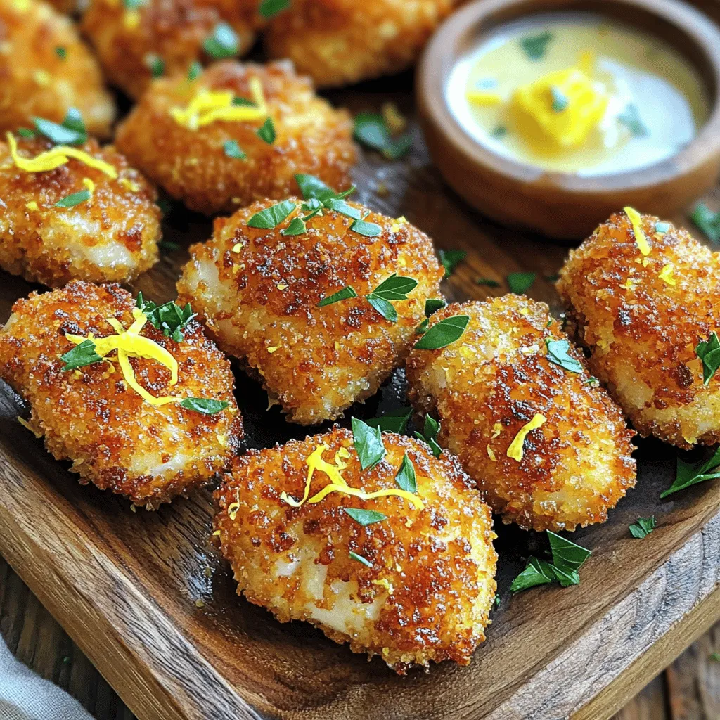 - 450 g Hähnchenbrustfilets - 120 g Weizenmehl - 100 g Panko-Semmelbrösel Die Hauptzutaten sind entscheidend für den Genuss. Ich nutze frische Hähnchenbrustfilets, weil sie saftig sind. Weizenmehl hilft, die Hähnchenbissen knusprig zu machen. Panko-Semmelbrösel sind wichtig, da sie für extra Crunch sorgen. Diese Zutaten bilden die Basis für unsere leckeren Hähnchenbissen. - 1 Teelöffel Salz - 1 Teelöffel schwarzer Pfeffer - 1 Teelöffel Knoblauchpulver - 1/2 Teelöffel Paprika - 2 Esslöffel Zitronensaft - Schale von 1 Zitrone Die Gewürze machen den Unterschied. Salz und Pfeffer bringen den Geschmack hervor. Knoblauchpulver gibt eine würzige Note. Paprika sorgt für eine feine Farbe. Zitronensaft und Schale fügen Frische hinzu. Ich lasse das Hähnchen mindestens 20 Minuten marinieren, damit die Aromen gut durchziehen. - 30 g frisch geriebener Parmesan - 2 Esslöffel Olivenöl - Frische Petersilie, gehackt Parmesan gibt den Bissen einen tollen Geschmack. Olivenöl sorgt dafür, dass sie schön bräunen. Petersilie ist perfekt zum Garnieren. Sie bringt Farbe und Frische auf den Teller. Für das volle Rezept, schau dir die [Full Recipe] an. Für die Marinade vermische ich das Hähnchen mit Zitronensaft und Zitronenschale. Lass es mindestens 15 bis 20 Minuten ziehen. So ziehen die Aromen tief ein. Dies gibt dem Hähnchen einen tollen, frischen Geschmack. Ein kleiner Tipp: Je länger du marinierst, desto besser wird der Geschmack. Ich richte drei Schüsseln für die Panade ein. In der ersten Schüssel ist Weizenmehl mit Salz, Pfeffer und Knoblauchpulver. Die zweite Schüssel enthält ein verquirltes Ei. Die dritte hat Panko-Semmelbrösel, gemischt mit geriebenem Parmesan. Diese Mischung sorgt für eine knusprige Kruste. Jetzt kommt der Spaß! Ich nehme ein mariniertes Stück Hähnchen. Zuerst tauche ich es in die Mehlmischung. Dann kommt das Ei, und zum Schluss die Panko-Parmesan-Mischung. Achte darauf, dass jede Schicht gut haftet. Dies macht die Hähnchenbissen schön knusprig. Ich erhitze Olivenöl in einer großen Pfanne. Die Temperatur sollte mittel hoch sein. Dann lege ich die panierten Hähnchenbissen in die Pfanne. Ich brate sie etwa 4 bis 5 Minuten pro Seite. Achte darauf, dass sie goldbraun und knusprig sind. So bleibt das Hähnchen innen saftig. Nach dem Braten lege ich die Hähnchenbissen auf Küchenpapier. So kann das überschüssige Öl abtropfen. Zum Anrichten streue ich frisch gehackte Petersilie darüber. Das sieht toll aus! Für den perfekten Look kannst du auch Zitronenscheiben dazu legen. Probiere das Rezept für knusprige Zitronen-Knoblauch-Hähnchenbissen aus, um den vollen Genuss zu erleben. Um Ihre Hähnchenbissen besonders knusprig zu machen, sollten Sie Panko-Semmelbrösel verwenden. Diese japanischen Brösel haben eine luftige Struktur. Sie geben den Hähnchenbissen mehr Textur und Halt. Die Temperatur des Öls ist ebenfalls wichtig. Wenn das Öl nicht heiß genug ist, saugen die Brösel Öl auf. Hitzebeständiges Öl bei etwa 180 Grad Celsius sorgt für das perfekte Braten. Sie können den Geschmack Ihrer Hähnchenbissen leicht verbessern. Versuchen Sie, zusätzliche Gewürze wie italienische Kräuter oder Chili-Flocken hinzuzufügen. Diese geben mehr Tiefe und Charakter. Dips machen jedes Gericht besser. Ein Knoblauch-Dip oder ein frischer Joghurt-Dip passen gut dazu. Auch eine Zitronen-Kräuter-Sauce ist eine tolle Wahl. Sie können das Rezept leicht anpassen. Für größere Gruppen erhöhen Sie die Menge der Zutaten. Teilen Sie die Hähnchenstücke gleichmäßig auf die Panierstation auf. Wenn Sie Zeit sparen möchten, bereiten Sie die Hähnchenbissen im Voraus zu. Marinieren Sie das Hähnchen am Morgen und panieren Sie es dann. Lagern Sie die Bissen im Kühlschrank, bis Sie bereit sind, sie zu braten. Für das vollständige Rezept, schauen Sie sich den Abschnitt "Full Recipe" an. {{image_4}} Für diese knusprigen Bissen kann man auch Pute verwenden. Die Zubereitung bleibt gleich. Pute hat einen milden Geschmack und wird genauso knusprig. Wenn du eine vegetarische Option suchst, versuche Tofu. Schneide den Tofu in Stücke und mariniere ihn wie das Hähnchen. Er saugt die Aromen gut auf und wird lecker. Du kannst die Geschmäcker anpassen. Probiere eine asiatische Variante mit Sojasauce und Ingwer. Diese Zutaten geben einen tollen Kick. Für Fans von BBQ, füge etwas BBQ-Sauce zur Marinade hinzu. Möchtest du es würzig? Nimm rote Paprika oder Cayennepfeffer. Für eine süße Note kannst du Honig in die Marinade mischen. Diese Variationen bringen neuen Schwung in dein Gericht. Saisonales Gemüse ist eine großartige Ergänzung. Füge Paprika, Zucchini oder Brokkoli hinzu. Diese Gemüse bringen Farbe und Nährstoffe. Verwende auch saisonale Zitrusfrüchte. Orangen oder Grapefruits können den Geschmack verstärken und eine interessante Note hinzufügen. Es macht das Gericht nicht nur lecker, sondern auch gesund. Für das vollständige Rezept schau dir die Anweisungen oben an. Um deine übrig gebliebenen Hähnchenbissen optimal zu lagern, nutze einen luftdichten Behälter. Stelle sicher, dass die Bissen vollständig abgekühlt sind. Lagere sie im Kühlschrank bei einer Temperatur von etwa 4 Grad Celsius. So bleiben sie frisch und lecker. Im Kühlschrank sind sie bis zu drei Tage haltbar. Falls du die Bissen länger aufbewahren möchtest, friere sie ein. Verwende dafür einen gefriergeeigneten Behälter oder einen Gefrierbeutel. Achte darauf, die Luft herauszudrücken, um Gefrierbrand zu vermeiden. Im Gefrierschrank halten sie bis zu drei Monate. Wenn du die Hähnchenbissen wieder aufwärmen möchtest, gibt es einige beste Methoden. Die Pfanne ist ideal, um die Knusprigkeit zu erhalten. Erhitze etwas Öl bei mittlerer Temperatur. Lege die Bissen in die Pfanne und brate sie für etwa fünf Minuten. Wende sie einmal, damit sie gleichmäßig warm werden. Du kannst auch den Ofen benutzen. Heize ihn auf 180 Grad Celsius vor. Lege die Bissen auf ein Backblech und backe sie für 10 bis 15 Minuten. Dies hilft, die Knusprigkeit zu bewahren. Vermeide die Mikrowelle, da sie die Hähnchenbissen weich macht. So bleiben die köstlichen Aromen und die schöne Textur erhalten. Für das beste Ergebnis folge dem [Full Recipe]. Die Zubereitung dauert etwa 40 Minuten. Davon entfallen 20 Minuten auf die Vorbereitung und 20 Minuten auf das Kochen. In dieser Zeit marinieren Sie das Hähnchen und bereiten alles vor. Es ist schnell und einfach, sodass Sie in kürzester Zeit köstliche Hähnchenbissen genießen können. Ja, Sie können das Rezept im Voraus zubereiten. Marinieren Sie das Hähnchen bis zu einem Tag im Voraus. Bewahren Sie es im Kühlschrank auf. Sie können auch die Hähnchenstücke panieren und im Kühlschrank lagern. So sparen Sie Zeit, wenn es Zeit zum Kochen ist. Zu den Hähnchenbissen passen viele Beilagen. Hier sind einige Ideen: - Frischer Salat - Gedämpftes Gemüse - Pommes frites - Reis oder Quinoa - Verschiedene Dips wie Aioli oder Joghurtsauce Diese Beilagen ergänzen den Geschmack der Hähnchenbissen und sorgen für ein tolles Essen. Um die Hähnchenbissen noch knuspriger zu machen, können Sie folgende Tipps beachten: - Verwenden Sie Panko-Semmelbrösel. Diese sind gröber und machen das Hähnchen knusprig. - Achten Sie darauf, das Öl heiß genug zu erhitzen. Ideal sind etwa 180 °C. - Braten Sie die Hähnchenbissen in kleinen Portionen. So bleibt die Temperatur konstant. - Lassen Sie die Hähnchenbissen nach dem Braten auf Küchenpapier abtropfen. So entfernen Sie überschüssiges Öl. Mit diesen Techniken genießen Sie besonders knusprige Zitronen-Knoblauch-Hähnchenbissen! Sie finden das vollständige Rezept weiter oben in diesem Artikel. Zusammenfassend haben wir die Zutaten und Schritte zur Zubereitung knuspriger Zitronen-Knoblauch-Hähnchenbissen besprochen. Ich habe wichtige Tipps gegeben, um den Geschmack zu verbessern und die perfekte Knusprigkeit zu erreichen. Variationen wie alternative Proteine und saisonale Zutaten erweitern die Möglichkeiten. Diese Hähnchenbissen sind nicht nur lecker, sondern auch einfach zuzubereiten. Mit den richtigen Lagerhinweisen und Aufwärmmethoden bleiben sie auch am nächsten Tag frisch. Experimentiere mit deinen eigenen Ideen und genieße das Ergebnis!