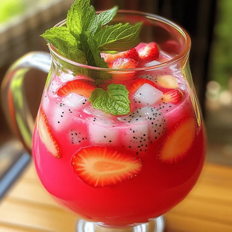 - 1 Tasse Erdbeeren, geputzt und in Scheiben geschnitten - 1 mittelgroße Drachenfrucht, geschält und gewürfelt - 4 Tassen Wasser - 2 Esslöffel Agavensirup (je nach Süßheitsvorliebe anpassen) Die Hauptzutaten bilden die Basis für das Getränk. Erdbeeren bringen eine süße, fruchtige Note. Drachenfrucht hat einen milden Geschmack und eine tolle Farbe. Wasser ist wichtig, um die Mischung zu verdünnen und erfrischend zu machen. Der Agavensirup fügt die nötige Süße hinzu. - 1 Esslöffel Limettensaft - Eiswürfel - Frische Minzblätter zur Garnierung Limettensaft bringt einen frischen, spritzigen Geschmack. Eiswürfel machen das Getränk kühl und erfrischend. Frische Minzblätter sorgen für einen schönen Duft und eine hübsche Garnitur. Für das vollständige Rezept, schau dir die [Full Recipe] an. Beginne mit den Erdbeeren. Schneide sie in Scheiben. Du kannst frische Erdbeeren verwenden. Achte darauf, die grünen Blätter zu entfernen. Sie sollten gut gewaschen und reif sein. Jetzt ist die Drachenfrucht an der Reihe. Schäle die Drachenfrucht und würfle sie. Achte darauf, das Fruchtfleisch gleichmäßig zu schneiden. So kann es gut im Mixer püriert werden. Gib die geschnittenen Erdbeeren und die gewürfelte Drachenfrucht in den Mixer. Füge 2 Tassen Wasser hinzu. Mische die Zutaten auf hoher Stufe. Du willst eine glatte Konsistenz erreichen. Das dauert etwa 1 bis 2 Minuten. Schau, dass es keine Klumpen gibt. Jetzt kommt der spannende Teil. Seihe die Mischung durch ein feines Sieb in einen großen Krug. Das entfernt das Fruchtfleisch. Drücke die Mischung gut durch, um viel Flüssigkeit zu erhalten. Füge die restlichen 2 Tassen Wasser in den Krug hinzu. Gib den Agavensirup und den Limettensaft dazu. Rühre alles gut um, damit sich die Zutaten vermischen. Probiere die Mischung. Möchtest du sie süßer? Dann füge mehr Agavensirup hinzu. Stelle den Krug für mindestens 30 Minuten in den Kühlschrank. So können sich die Aromen gut entfalten. Wenn du bereit bist, serviere die Agua Fresca über Eiswürfeln. Garniere dein Getränk mit frischen Minzblättern. Für das gesamte Rezept kannst du [Full Recipe] verwenden. Um die Süße zu ändern, gibt es einige Optionen. Du kannst Agavensirup verwenden, wie im Rezept. Wenn du es süßer magst, füge mehr hinzu. Honig ist eine weitere gute Wahl. Wenn du eine kalorienärmere Option möchtest, probiere Stevia. Jedes Süßungsmittel hat seinen eigenen Geschmack. Probiere verschiedene aus, um deinen Favoriten zu finden. Die richtige Kühlzeit ist wichtig. Stelle den Krug für mindestens 30 Minuten in den Kühlschrank. So können sich die Aromen besser vermischen. Wenn du es besonders kalt magst, lasse es länger kühlen. Du kannst auch Eiswürfel direkt in die Getränke geben. Das macht es sofort erfrischend. Die Garnitur macht das Getränk besonders. Frische Minzblätter passen toll dazu. Du kannst auch einige Erdbeeren oder Drachenfruchtstücke auf die Oberfläche legen. Für einen zusätzlichen Farbakzent nutze Limettenscheiben. Diese Ideen machen das Getränk nicht nur schön, sondern auch einladend. {{image_4}} Du kannst die Erdbeeren und Drachenfrucht leicht ändern. Probiere andere Früchte wie Mango oder Ananas. Diese Früchte bringen neue Geschmäcker. Sie machen die Agua Fresca bunt und interessant. Mixe zum Beispiel Wassermelonenstücke für einen erfrischenden Kick. Auch Himbeeren passen gut dazu und geben eine schöne Farbe. Experimentiere mit verschiedenen Kombinationen, um deinen perfekten Geschmack zu finden. Wenn du eine alkoholische Note magst, füge etwas Rum oder Wodka hinzu. Ein Schuss Tequila macht die Mischung noch aufregender. Diese alkoholischen Variationen sind perfekt für Partys. Du kannst die Menge je nach Vorliebe anpassen. Beginne mit einem kleinen Schuss und taste dich dann vor. So bleibt der fruchtige Geschmack stark, und das Getränk wird nicht zu stark. Eine tolle Idee ist, Kokoswasser anstelle von normalem Wasser zu verwenden. Kokoswasser bringt eine zusätzliche Süße und ist sehr gesund. Du kannst auch Tee verwenden, um die Aromen zu vertiefen. Grüner Tee oder Hibiskustee sind gute Optionen. Sie fügen eine schöne Tiefe hinzu. Probiere es aus, um eine neue Geschmacksebene zu erleben. Für das vollständige Rezept, schau dir bitte die [Full Recipe] an. Die Erdbeer Drachenfrucht Agua Fresca schmeckt am besten frisch. Du kannst sie jedoch im Kühlschrank aufbewahren. Fülle die Agua Fresca in einen gut verschlossenen Krug. So bleibt sie frisch und kühl. Achte darauf, sie nicht länger als nötig offen stehen zu lassen, um den Geschmack zu bewahren. Wie lange hält die Agua Fresca? Im Kühlschrank bleibt sie für etwa 2 bis 3 Tage gut. Nach dieser Zeit kann der Geschmack etwas nachlassen. Es ist wichtig, sie vor dem Trinken gut zu schütteln. So vermischst du die Zutaten wieder. Planst du eine Party oder Veranstaltung? Du kannst die Erdbeer Drachenfrucht Agua Fresca gut im Voraus zubereiten. Mache die Mischung bis zu einem Tag vorher. Stelle sie dann in den Kühlschrank. Das gibt den Aromen Zeit, sich gut zu vermischen. Serviere sie kalt, um deine Gäste zu beeindrucken. Für das vollständige Rezept und alle Schritte, schaue dir das [Full Recipe] an. Agua Fresca ist ein erfrischendes Getränk aus Mexiko. Es wird aus Wasser, Früchten und manchmal Zucker gemacht. Die Kombination sorgt für einen tollen Geschmack. Man findet viele Sorten, von Melonen bis hin zu Zitrusfrüchten. Dieses Getränk ist perfekt für heiße Tage. Ja, du kannst die Süße weglassen. Wenn du keinen Zucker oder Sirup hinzufügst, wird das Getränk weniger süß. Die Frucht bringt jedoch immer noch einen natürlichen Geschmack. Es kann etwas saurer sein, also probiere es einfach aus. Ja, diese Rezeptur ist vegan. Alle Zutaten wie Erdbeeren, Drachenfrucht und Wasser sind pflanzlich. Es sind keine tierischen Produkte enthalten. So kannst du dieses leckere Getränk ohne Bedenken genießen. Für die vollständige Zubereitung, siehe bitte das Full Recipe. Die Zutaten für Agua Fresca sind einfach und frisch. Du brauchst Erdbeeren, Drachenfrucht, Wasser und Süßungsmittel. Die Zubereitung ist leicht: Schneide die Früchte, mixe sie und siebe die Flüssigkeit. Experimentiere mit der Süße und kühle dein Getränk optimal. Du kannst auch andere Früchte oder sogar Alkohol hinzufügen. Perfekt für Partys, denn es hält gut im Kühlschrank. Insgesamt ist Agua Fresca ein erfrischendes Getränk, das Spaß macht! Probiere es aus und genieße die Vielfalt!