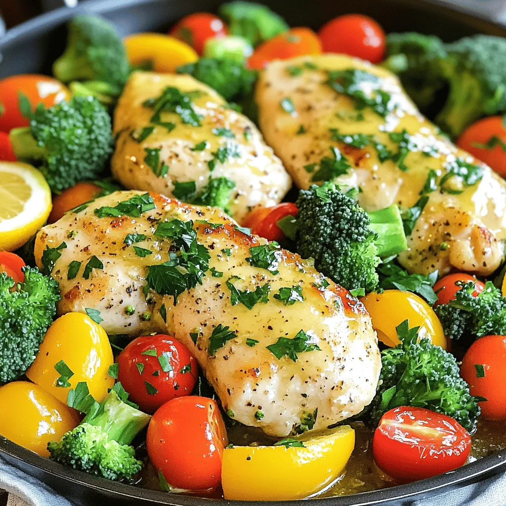 - Hähnchenbrustfilets: Diese zarten Stücke sind die Hauptquelle für Protein. Sie sind einfach zu kochen und nehmen den Geschmack gut auf. - Gemischtes Gemüse: Ich liebe die Vielfalt! Verwende Brokkoli, Paprika und Kirschtomaten für Farben und Nährstoffe. Diese Gemüsesorten machen das Gericht bunt und gesund. - Knoblauch und Zitrone: Knoblauch bringt Würze, während die Zitrone Frische und Säure hinzufügt. Diese beiden Zutaten sind das Herzstück des Geschmacks. - Oregano, Salz und Pfeffer: Diese Gewürze sind einfach, aber sehr effektiv. Oregano gibt ein tolles Aroma. Das Salz hebt die Aromen hervor, und der Pfeffer gibt einen kleinen Kick. - Olivenöl für die Marinade: Olivenöl sorgt für eine schöne Konsistenz und hilft, die Gewürze am Hähnchen und Gemüse zu halten. Es macht alles saftig und lecker. - Frische Petersilie: Diese grüne Pflanze bringt Farbe und Frische. Sie sieht schön aus und gibt dem Gericht den letzten Schliff. Einfach gehackt oben drauf streuen, und fertig! Für das volle Rezept schau dir die Wunderbare Knoblauch-Zitronen-Hühnchen & Gemüse aus einer Pfanne an. Heize deinen Ofen auf 200°C vor. Das sorgt für die perfekte Hitze. Stelle alle Zutaten bereit. Du brauchst Hähnchen, Gemüse, Knoblauch, Zitrone, Olivenöl, Oregano, Salz und Pfeffer. Bereite die Marinade vor. In einer kleinen Schüssel mische den gehackten Knoblauch, Zitronensaft, Zitronenschale, Olivenöl, Oregano, Salz und Pfeffer. Rühre gut um, damit alles gleichmäßig vermischt ist. Diese Mischung gibt deinem Gericht viel Geschmack. Lege die Hähnchenbrustfilets auf eine Seite eines großen Backblechs. Gieße die Hälfte der Marinade über das Hähnchen. Verteile sie gut mit den Händen, damit jedes Stück bedeckt ist. Arrangiere das gemischte Gemüse auf der anderen Seite des Blechs. Träufle die restliche Marinade darüber. Wende das Gemüse vorsichtig, damit es auch gut bedeckt ist. Jetzt sieht alles schön bunt und lecker aus. Schiebe das Backblech in den vorgeheizten Ofen. Backe das Gericht für 25 bis 30 Minuten. Das Hähnchen ist fertig, wenn es eine Innentemperatur von 74°C erreicht. Das Gemüse sollte zart sein, aber noch bissfest. Nach dem Backen nimm das Blech aus dem Ofen. Lass die Speisen einige Minuten ruhen. Schneide die Hähnchenbrust schräg auf. Serviere sie mit dem gerösteten Gemüse. Garniere das Gericht mit frisch gehackter Petersilie für einen schönen Akzent. Für das gesamte Rezept, schau dir die Full Recipe an. Um die Marinade zu verfeinern, füge frische Kräuter hinzu. Rosmarin und Thymian passen gut. Du kannst auch etwas Honig für eine süßere Note verwenden. Eine gute Marinade macht das Hähnchen saftiger und voller Geschmack. Lasse das Hähnchen mindestens 30 Minuten marinieren. So kann es die Aromen gut aufnehmen. Länger marinieren, bis zu 2 Stunden, gibt den besten Geschmack. Für dieses Rezept sind Brokkoli, Paprika und Kirschtomaten ideal. Diese Gemüsesorten bleiben beim Backen knackig. Du kannst das Gemüse nach Saison anpassen. Im Sommer sind Zucchini und Auberginen lecker. Im Herbst sind Kürbis und Rosenkohl tolle Optionen. Achte darauf, Gemüse in gleich große Stücke zu schneiden. So garen sie gleichmäßig. Serviere das Hähnchen mit Reis oder Quinoa. Diese Beilagen sind nahrhaft und sättigend. Du kannst auch einen frischen Salat dazu reichen. Das gibt einen schönen Kontrast. Um das Gericht ansprechend zu präsentieren, lege das Hähnchen auf einen großen Teller. Arrangiere das Gemüse bunt daneben. Garniere mit frischer Petersilie. So wird das Gericht ein echter Blickfang. Für die genauen Schritte und Mengen schau dir das Full Recipe an. {{image_4}} Für dieses Rezept gibt es viele Protein-Alternativen. Du kannst Hähnchen durch Pute ersetzen. Putenbrust hat einen ähnlichen Geschmack und ist mager. Auch Hähnchenkeulen passen gut. Sie sind saftig und geben mehr Geschmack. Wenn du vegetarisch kochen möchtest, probiere Tofu. Tofu nimmt die Marinade gut auf. Du kannst auch Kichererbsen verwenden. Sie sind nahrhaft und lecker. Um neue Geschmäcker zu entdecken, füge zusätzliche Kräuter hinzu. Thymian und Rosmarin passen gut zu Hähnchen und Gemüse. Diese Kräuter bringen frische Aromen. Fruchtige Einflüsse machen das Gericht spannend. Du kannst Limetten oder Orangen nutzen. Ihr Saft und ihre Schale geben dem Gericht eine süße Note. Das Rezept ist flexibel für verschiedene Gemüsesorten. Saisonales Gemüse ist ideal. Du kannst Spargel im Frühling oder Kürbis im Herbst verwenden. Achte darauf, frisches Gemüse zu wählen. Wenn frisches Gemüse nicht verfügbar ist, nutze Tiefkühlgemüse. Es ist praktisch und oft genau so nahrhaft. Mische verschiedene Sorten für mehr Farbe und Geschmack. Für das vollständige Rezept schaue dir den Abschnitt „Full Recipe“ an. Um die Reste von One-Pan Garlic Lemon Chicken & Veggies zu lagern, lasse das Gericht zuerst abkühlen. Fülle es dann in einen luftdichten Behälter. Achte darauf, den Behälter gut zu verschließen. So bleibt das Gericht frisch und schmackhaft. Für die Behälter wähle Glas oder BPA-freies Kunststoff. Diese Materialien sind sicher und halten den Geschmack besser. Vermeide Metallbehälter, da sie den Geschmack beeinflussen können. Um Portionen einzufrieren, teile das Gericht in kleine, luftdichte Behälter auf. Du kannst auch Gefrierbeutel verwenden. Drücke so viel Luft wie möglich heraus, bevor du sie schließt. Dies hilft, Gefrierbrand zu vermeiden. Wenn du das Gericht wieder erwärmen möchtest, lasse es zuerst im Kühlschrank auftauen. Du kannst es dann in der Mikrowelle oder im Ofen erhitzen. Stelle sicher, dass es gut durchwärmt ist. Die Innentemperatur sollte mindestens 74°C erreichen. Im Kühlschrank hält das Gericht bis zu drei Tage frisch. Achte darauf, es gut verpackt zu lagern. Anzeichen von Verderb sind ein unangenehmer Geruch oder eine veränderte Farbe. Wenn du dir unsicher bist, schmecke es nicht. Entsorge es lieber. Für eine längere Haltbarkeit friere das Gericht ein. So kannst du es bis zu drei Monate lang aufbewahren, ohne an Geschmack zu verlieren. Die Zubereitung dauert insgesamt etwa 40 Minuten. Die Vorbereitungszeit beträgt nur 10 Minuten. Du musst den Ofen auf 200°C vorheizen. Das Hähnchen und das Gemüse backen dann für 25 bis 30 Minuten. Während dieser Zeit kannst du die Küche aufräumen oder den Tisch decken. So bleibt alles einfach und schnell. Ja, du kannst das Rezept im Voraus zubereiten. Marinieren kannst du das Hähnchen bis zu 24 Stunden vorher. Achte darauf, das Hähnchen in einem luftdichten Behälter im Kühlschrank zu lagern. Für das Gemüse ist es besser, es frisch zuzubereiten. Wenn du die Reste aufbewahrst, benutze einen gut schließenden Behälter. So bleibt es frisch und lecker. Ja, dieses Gericht ist gesund. Es enthält viel mageres Hähnchenfleisch und buntes Gemüse. Hähnchen enthält wertvolles Protein, das gut für Muskeln ist. Gemüse liefert viele Vitamine und Ballaststoffe. Zitronensaft und Knoblauch bringen Antioxidantien. Diese Zutaten fördern die Gesundheit und stärken das Immunsystem. Zu One-Pan Garlic Lemon Chicken & Veggies passen viele Beilagen gut. Hier sind einige Ideen: - Reis oder Quinoa für eine sättigende Basis. - Ein frischer Salat, um die Mahlzeit aufzufrischen. - Knuspriges Brot, um die leckere Sauce aufzutunken. - Kartoffeln, gebacken oder püriert, für mehr Komfort. Diese Beilagen ergänzen den Geschmack des Gerichts und machen das Essen noch besser. Probiere verschiedene Kombinationen aus! Das Rezept für One-Pan Garlic Lemon Chicken & Veggies bietet köstliche Zutaten. Sie haben Hähnchenbrust, frisches Gemüse, Knoblauch und Zitrone genutzt. Die Marinade mit Oregano, Olivenöl, Salz und Pfeffer sorgt für tollen Geschmack. Sie wussten nun, wie man alles zubereitet, backt und anrichtet. Zusätzliche Tipps helfen Ihnen bei Variationen und der richtigen Lagerung. Das Gericht ist einfach und gesund. Probieren Sie es und passen Sie es nach Ihrem Geschmack an! Genießen Sie jede Bissen dieser leckeren Mahlzeit!
