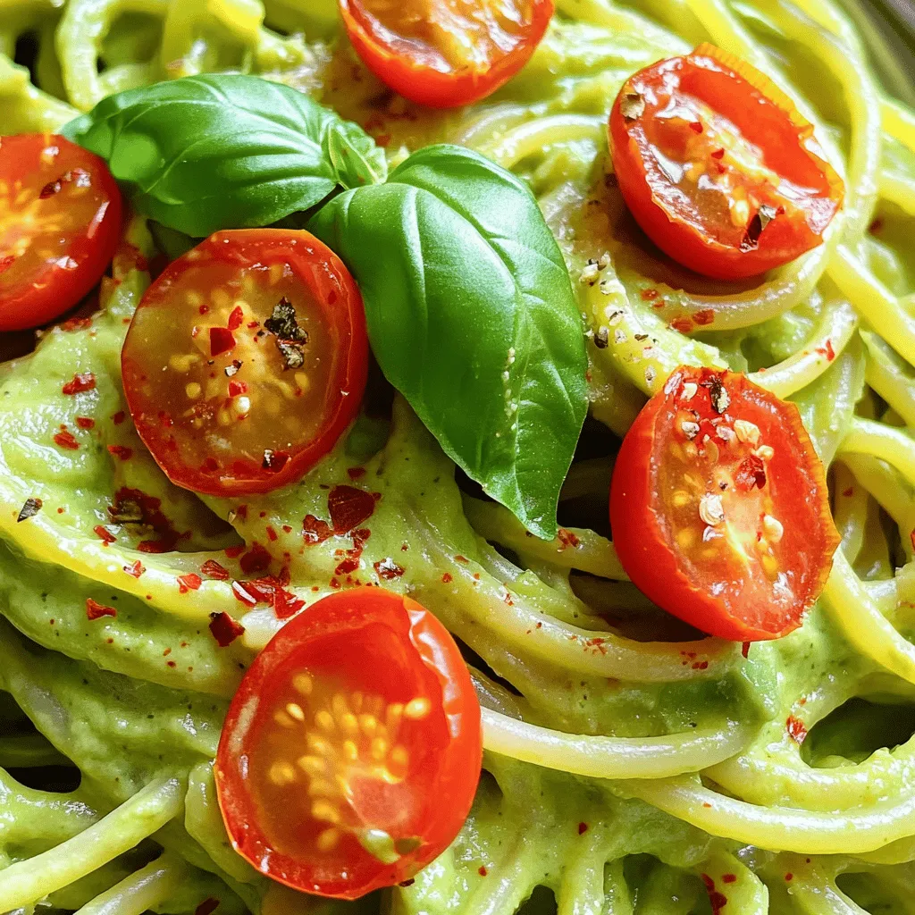 Die Hauptzutaten sind einfach und gesund. Du brauchst: - 2 reife Avocados, entkernt und geschält - 2 Knoblauchzehen, fein gehackt - 1 Esslöffel Zitronensaft - ½ Tasse frische Basilikumblätter - ¼ Tasse griechischer Joghurt (oder pflanzlicher Joghurt) - 1 Esslöffel Olivenöl - Salz und Pfeffer nach Geschmack - 340 g Spaghetti oder Fettuccine Diese Zutaten machen die Sauce cremig und voller Geschmack. Die Avocados sorgen für eine tolle Konsistenz. Um die Pasta noch besser zu machen, kannst du einige optionale Zutaten hinzufügen: - Kirschtomaten, halbiert (zur Dekoration) - Chiliflocken (optional, für einen zusätzlichen Kick) Kirschtomaten bringen Frische und Farbe. Chiliflocken fügen eine schöne Schärfe hinzu. Probiere, was dir am besten schmeckt! Avocados sind sehr gesund. Sie enthalten viele Vitamine und gesunde Fette. Hier sind einige Vorteile: - Reich an einfach ungesättigten Fetten, die gut für das Herz sind. - Hoher Gehalt an Ballaststoffen, gut für die Verdauung. - Enthalten wichtige Vitamine wie Vitamin K, E und C. Diese Nährstoffe unterstützen deine Gesundheit und machen die Pasta zu einer guten Wahl. Schau dir auch das Full Recipe für mehr Details an! Koche zuerst die Pasta in einem großen Topf. Fülle den Topf mit Wasser und füge etwas Salz hinzu. Stelle das Wasser auf hohe Hitze, bis es kocht. Gib dann die Spaghetti oder Fettuccine hinein. Folge den Anweisungen auf der Verpackung, bis die Pasta al dente ist. Bevor du die Pasta abgießt, bewahre etwa 1 Tasse des Kochwassers auf. Gieße die Pasta ab und stelle sie beiseite. Jetzt kommt der spaßige Teil! Nimm eine Küchenmaschine und füge die reifen Avocados hinzu. Schalte die Küchenmaschine ein und füge den gehackten Knoblauch, den Zitronensaft und die Basilikumblätter hinzu. Gib auch den Joghurt und das Olivenöl dazu. Püriere alles, bis die Mischung ganz glatt ist. Wenn die Sauce zu dick ist, füge etwas von dem reservierten Kochwasser hinzu. So wird die Sauce schön cremig. Gib die abgetropfte Pasta zurück in den Topf. Gieße die Avocado-Sauce darüber. Mische alles gut durch, sodass die Pasta gleichmäßig mit der Sauce bedeckt ist. Würze die Pasta mit Salz und Pfeffer nach deinem Geschmack. Wenn die Sauce immer noch zu fest ist, kannst du wieder etwas Kochwasser hinzufügen. Fülle die cremige Avocado-Pasta auf Teller und dekoriere sie mit halbierten Kirschtomaten. Wenn du es scharf magst, streue Chiliflocken darüber. Voilà, deine cremige Avocado-Pasta ist fertig! Du kannst das komplette Rezept [hier](Full Recipe) finden. Um die perfekte Konsistenz der Avocado-Sauce zu erreichen, püriere alles gut. Wenn die Sauce zu dick ist, füge einfach etwas von dem reservierten Kochwasser hinzu. Das Wasser macht die Sauce cremiger und hilft, die Aromen zu verbinden. Achte darauf, die Sauce nicht zu lange zu pürieren, damit sie frisch bleibt. Das Kochwasser ist dein Geheimnis. Bevor du die Pasta abgießt, nimm etwa eine Tasse Kochwasser heraus. Dieses Wasser enthält Stärke, die die Sauce bindet. Nutze es, um die Sauce bei Bedarf aufzulockern. So bleibt die Sauce schön glatt und haftet gut an der Pasta. Überreste sind ein Geschenk. Bewahre die Pasta in einem luftdichten Behälter auf. Die Sauce kann etwas dicker werden, wenn sie im Kühlschrank steht. Füge einfach etwas Kochwasser hinzu, wenn du sie aufwärmst. Du kannst die Reste auch in eine neue Mahlzeit verwandeln. Mische sie mit frischem Gemüse oder Protein, um etwas Neues zu kreieren. Wenn du mehr Ideen brauchst, schau dir das Full Recipe an. {{image_4}} Möchtest du mehr Protein in deine cremige Avocado Pasta? Füge einfach Hühnchen oder Tofu hinzu. Wenn du Hühnchen wählst, koche es zuerst in einer Pfanne. Schneide es dann in kleine Stücke und mische es unter die Pasta. Tofu ist eine tolle vegane Option. Brate den Tofu goldbraun an, bevor du ihn hinzufügst. Beide Varianten machen das Gericht nahrhafter und sättigender. Gemüse bringt Farbe und Geschmack in die Pasta. Du kannst frischen Spinat, Erbsen oder Brokkoli nutzen. Gib das Gemüse einfach in den Topf, wenn die Pasta fast fertig ist. So wird es knackig und behält seine Nährstoffe. Die Kombination aus cremiger Sauce und knackigem Gemüse macht dein Essen noch spannender. Möchtest du die Pasta vegan oder glutenfrei machen? Verwende einfach pflanzlichen Joghurt anstelle von griechischem Joghurt. Für glutenfreie Pasta wähle eine Sorte aus Reis oder Kichererbsen. So bleibt das Gericht für alle Diäten geeignet. Egal für welche Variante du dich entscheidest, die cremige Avocado Pasta bleibt lecker und gesund. Du findest die genaue Zubereitung im Full Recipe. Wenn du Reste von der cremigen Avocado-Pasta hast, bewahre sie in einem luftdichten Behälter auf. So bleiben die Aromen frisch. Lege ein Stück Frischhaltefolie direkt auf die Sauce. Das verhindert, dass die Avocado braun wird. Du kannst die Pasta auch in einer Schüssel mit Deckel aufbewahren. Die Reste sind im Kühlschrank etwa 2 bis 3 Tage haltbar. Achte darauf, dass der Behälter gut verschlossen ist. Vor dem Servieren kannst du die Pasta kurz in der Mikrowelle aufwärmen. Wenn die Sauce zu dick wird, füge etwas Wasser hinzu. Du kannst die Avocado-Sauce auch einfrieren. Fülle sie in einen gefrierfesten Behälter. Lass etwas Platz, da die Sauce beim Einfrieren expandiert. Die Sauce bleibt etwa 3 Monate frisch. Zum Auftauen stelle die Sauce über Nacht in den Kühlschrank. So bleibt der Geschmack erhalten. Die Avocado-Pasta bleibt im Kühlschrank etwa 2 bis 3 Tage frisch. Um die beste Qualität zu erhalten, lagere sie in einem luftdichten Behälter. Achte darauf, die Oberfläche mit Frischhaltefolie abzudecken, um Oxidation zu vermeiden. Ja, du kannst jede Pasta-Sorte verwenden, die du magst. Spaghetti und Fettuccine sind beliebt, aber auch Vollkorn- oder glutenfreie Varianten passen gut. Experimentiere mit verschiedenen Formen, um neue Texturen und Geschmäcker zu entdecken. Cremige Avocado-Pasta ist sehr gesund. Avocados sind reich an gesunden Fetten, Ballaststoffen und Vitaminen. Die Kombination aus frischen Zutaten wie Basilikum und Knoblauch stärkt dein Immunsystem. Mit griechischem Joghurt erhältst du zusätzliches Protein. So ist dieses Gericht sowohl nahrhaft als auch lecker. Die cremige Avocado-Pasta ist einfach zuzubereiten und voller Geschmack. Wir haben die Hauptzutaten, optionale Verfeinerungen und die gesundheitlichen Vorteile von Avocados besprochen. Schritt für Schritt haben wir die Zubereitung erklärt und Tipps für die perfekte Konsistenz gegeben. Variationen mit Hühnchen oder Gemüse erweitern das Rezept. Reste sind leicht zu lagern und können sogar eingefroren werden. Verwende diese Ideen, um deine Avocado-Pasta immer wieder neu zu gestalten. Genieße deine Mahlzeit!