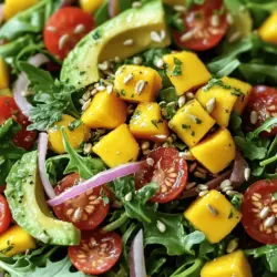 Für diesen erfrischenden Salat benötigst du einige Hauptzutaten. Hier sind sie: - 1 reife Mango, gewürfelt - 2 Avocados, gewürfelt - 1 Tasse Kirschtomaten, halbiert - 1 Tasse Rucola oder Babyspinat - ½ Tasse rote Zwiebel, dünn geschnitten - 1 rote Paprika, gewürfelt - ¼ Tasse Sonnenblumenkerne oder Kürbiskerne - 2 Esslöffel frischer Koriander, gehackt Diese Zutaten bringen viele Farben und Geschmäcker in deinen Salat. Die Mango und Avocado sind cremig und süß. Die Kirschtomaten fügen Frische hinzu. Rucola oder Babyspinat geben einen knackigen Biss. Um den Salat noch besser zu machen, kannst du zusätzliche Zutaten hinzufügen. Hier sind einige Vorschläge: - 2 Esslöffel Limettensaft - 1 Esslöffel Olivenöl - Salz und Pfeffer nach Geschmack Das Limetten-Dressing bringt eine saure Note. So wird der Geschmack der Früchte und des Gemüses lebendig. Die Sonnenblumenkerne oder Kürbiskerne geben zusätzlichen Crunch. Sie sind auch eine gute Quelle für gesunde Fette. Wenn du die besten Zutaten auswählst, achte auf folgende Punkte: - Wähle reife Mangos und Avocados. Sie sollten weich, aber nicht matschig sein. - Achte darauf, dass die Kirschtomaten fest und leuchtend sind. - Frischer Rucola oder Babyspinat sollte knackig und grün sein. Mit diesen Tipps bereitest du einen Mango Avocado Power Salad zu, der frisch und nahrhaft ist. Für das vollständige Rezept kannst du auf [Full Recipe] klicken. Zuerst müssen Sie die Zutaten vorbereiten. Beginnen Sie mit der Mango. Schneiden Sie die Mango in Würfel. Achten Sie darauf, dass sie reif und süß ist. Dann schneiden Sie die Avocados ebenfalls in Würfel. Frische Avocados sind wichtig für den besten Geschmack. Schneiden Sie die Kirschtomaten in zwei Hälften. Nehmen Sie eine Tasse Rucola oder Babyspinat und waschen Sie ihn gut. Dann schneiden Sie die rote Zwiebel in dünne Ringe. Würfeln Sie die rote Paprika. Wenn alle Zutaten vorbereitet sind, haben Sie eine bunte Mischung. Für das Dressing nehmen Sie eine kleine Schüssel. Geben Sie den Limettensaft und das Olivenöl hinein. Fügen Sie Salz und Pfeffer nach Geschmack hinzu. Jetzt verrühren Sie alles gut mit einem kleinen Schneebesen oder einer Gabel. Das Dressing sollte gut vermischt und leicht cremig sein. Es bringt viel Geschmack in den Salat. Jetzt kommen wir zum wichtigsten Teil: dem Zusammenstellen des Salates. Nehmen Sie eine große Salatschüssel. Geben Sie die gewürfelte Mango und die Avocados hinein. Fügen Sie die Kirschtomaten, den Rucola und die roten Zwiebelringe hinzu. Streuen Sie die gewürfelte Paprika darüber. Jetzt gießen Sie das Dressing gleichmäßig über die Zutaten. Werfen Sie alles vorsichtig zusammen. Achten Sie darauf, dass alle Zutaten gut bedeckt sind. Zum Schluss streuen Sie die Sonnenblumenkerne oder Kürbiskerne sowie den gehackten Koriander oben drauf. Servieren Sie den Salat sofort oder lassen Sie ihn kurz im Kühlschrank ruhen. So schmecken die Aromen noch besser. Wenn Sie das vollständige Rezept sehen möchten, schauen Sie sich das Full Recipe an. Um Avocados und Mangos richtig zu schneiden, beginne mit einem scharfen Messer. Halte die Frucht fest auf einer stabilen Fläche. Für die Avocado schneide sie der Länge nach, bis du den Kern erreichst. Drehe die beiden Hälften, um den Kern zu lösen. Verwende einen Löffel, um das Fruchtfleisch herauszunehmen. Bei der Mango schneide die Seiten des Kerns ab. Nutze ein Gittermuster, um das Fruchtfleisch in Würfel zu schneiden. Avocados werden schnell braun, wenn sie Luft ausgesetzt sind. Um dies zu vermeiden, benutze Limettensaft. Trage etwas davon direkt auf die geschnittene Fläche auf. Du kannst die Hälften auch in Frischhaltefolie wickeln. Lagere sie im Kühlschrank, wenn du sie nicht sofort verwendest. So bleiben sie länger frisch und grün. Das Dressing für deinen Salat kann leicht angepasst werden. Du kannst verschiedene Öle wie Avocadoöl oder Sesamöl verwenden. Füge etwas Honig oder Ahornsirup hinzu, wenn du es süßer magst. Für mehr Würze kannst du einen Teelöffel Senf oder einen Spritzer Sojasauce einrühren. Experimentiere mit frischen Kräutern wie Basilikum oder Minze für einen neuen Geschmack. Wenn du die genauen Schritte für die Zubereitung des Dressings sehen möchtest, schaue dir das [Full Recipe] an. {{image_4}} Wenn Sie mehr Protein hinzufügen möchten, gibt es viele Optionen. Hähnchenbrust ist eine beliebte Wahl. Grillen oder braten Sie das Hähnchen und schneiden Sie es in Stücke. Fügen Sie es einfach zum Salat hinzu. Kichererbsen sind eine großartige vegane Option. Sie sind nahrhaft und geben dem Salat eine schöne Textur. Rühren Sie vorgekochte Kichererbsen einfach unter. So wird der Salat noch sättigender und leckerer. Die Variationen sind endlos. Fügen Sie frische Erdbeeren oder Ananas für eine süße Note hinzu. Gurken bringen einen knackigen Biss. Sie können auch rote Beete oder Karotten verwenden. Diese geben Farbe und zusätzliche Nährstoffe. Experimentieren Sie mit verschiedenen Kombinationen, um Ihren perfekten Salat zu finden. Dieser Salat ist bereits vegan und glutenfrei, was ihn perfekt für viele Diäten macht. Wenn Sie eine glutenfreie Proteinquelle suchen, probieren Sie Quinoa. Es ist nahrhaft und passt gut zu den anderen Zutaten. Für einen zusätzlichen Crunch können Sie Nüsse oder Samen hinzufügen. Mandeln oder Cashews sind tolle Ergänzungen, um den Salat noch abwechslungsreicher zu machen. Nutzen Sie die Freiheit, den Salat nach Ihrem Geschmack zu gestalten. Für das vollständige Rezept schauen Sie sich die [Full Recipe] an. Um die Reste des Mango Avocado Power Salats richtig zu lagern, verwenden Sie einen luftdichten Behälter. Füllen Sie den Behälter nicht ganz, um Platz für die Luft zu lassen. So bleiben die Zutaten frisch. Wenn Sie noch Dressing übrig haben, lagern Sie es separat. Das schützt die frischen Zutaten vor dem Verwelken. Im Kühlschrank hält sich der Salat etwa zwei Tage. Die Avocado kann nach einem Tag braun werden. Daher ist es am besten, den Salat frisch zu genießen. Wenn Sie Reste haben, essen Sie sie schnell. So bleibt der Geschmack lebhaft und die Textur knackig. Wenn der Salat nach dem Lagern etwas schlaff wirkt, geben Sie frische Limettensaft hinzu. Das bringt den Geschmack zurück. Sie können auch einige frische Zutaten wie Koriander oder Rucola hinzufügen. Das sorgt für neuen Schwung. Rühren Sie alles gut um und genießen Sie Ihren Salat erneut. Für das vollständige Rezept schauen Sie sich den [Full Recipe] an. Der Mango Avocado Power Salad hat eine moderate Kalorienzahl. Eine Portion enthält etwa 250 Kalorien. Die genauen Kalorien hängen von den Zutaten ab. Avocados sind reich an gesunden Fetten. Mangos bringen natürliche Süße ohne viele Kalorien. Zusammen bieten sie eine nahrhafte Option für jeden Tag. Ja, du kannst den Salat im Voraus machen. Bereite die Zutaten einige Stunden vorher vor. Halte das Dressing separat, um den Salat frisch zu halten. Mische alles kurz vor dem Servieren. So bleibt die Textur knackig und die Farben lebendig. Der Salat schmeckt auch nach einer kurzen Ruhezeit gut. Dieser Salat passt gut zu vielen Beilagen. Probiere gegrilltes Hähnchen oder Garnelen für mehr Protein. Auch Quinoa oder Reis ergänzen ihn toll. Wenn du es einfach magst, serviere ihn mit Brot oder Tortillas. Ein leichtes Dressing oder Dip macht das Essen noch besser. Der Mango Avocado Power Salad ist voll von gesunden Zutaten für mehr Geschmack und Frische. Ich habe dir gezeigt, wie du die besten Zutaten auswählst, den Salat zubereitest und die Reste aufbewahrst. Mit ein paar Tipps kannst du die Avocados frisch halten und das Dressing anpassen. Denke daran, dir kreative Variationen auszudenken! Jetzt bist du bereit, diesen leckeren und gesunden Salat zu genießen. Probier ihn aus und bring frischen Geschmack in deine Küche!