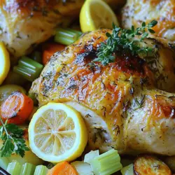 - 1 ganzes Hähnchen (ca. 1,8-2,3 kg) - 1 Kopf Knoblauch (Zehen getrennt und geschält) - Frische Kräuter: Rosmarin, Thymian und Petersilie - Olivenöl und Zitrone Für mein Knoblauch-Kräuter-Rösthähnchen verwende ich frische und einfache Zutaten. Ein ganzes Hähnchen sorgt für einen tollen Geschmack und saftiges Fleisch. Den Knoblauch schäle ich und nutze jeden Zeh, um dem Hähnchen einen kräftigen Geschmack zu verleihen. Frische Kräuter sind wichtig. Rosmarin, Thymian und Petersilie bringen viel Aroma und Frische. Olivenöl ist ein Muss. Es hilft, das Hähnchen schön knusprig zu machen. Eine Zitrone gibt einen spritzigen Geschmack. Ich verwende sie, um das Hähnchen zu füllen und auch, um den Saft zu verfeinern. - Zwiebel, Karotten, Sellerie - Tipps zur Auswahl des Gemüses Ich mag es, das Hähnchen mit Gemüse zu servieren. Zwiebeln, Karotten und Sellerie sind meine Favoriten. Sie geben zusätzlichen Geschmack. Wenn ich Gemüse auswähle, achte ich darauf, dass es frisch und knackig ist. Das macht das Gericht noch besser. - Salz und Pfeffer nach Geschmack - Welche Kräuter passen gut zu Hähnchen? Salz und Pfeffer sind die Grundgewürze. Sie bringen den Geschmack des Hähnchens zur Geltung. Ich empfehle, die Kräuter frisch zu verwenden. Sie passen perfekt zu Hähnchen und bringen die Aromen zum Strahlen. Wenn du mehr über mein Rezept erfahren möchtest, schau dir das [Full Recipe] an! Heizen Sie Ihren Ofen auf 220°C vor. Das sorgt für eine knusprige Haut. Tupfen Sie das Hähnchen mit Küchenpapier trocken. So bleibt die Haut knusprig und lecker. In einer Schüssel kombinieren Sie frischen Rosmarin, Thymian, Petersilie und Knoblauch. Fügen Sie zwei Esslöffel Olivenöl, Salz und Pfeffer hinzu. Mischen Sie alles zu einer Paste. Diese Mischung bringt viel Geschmack. Lockern Sie die Haut des Hähnchens vorsichtig mit Ihren Fingern. Reiben Sie die Kräutermischung unter die Haut und über die gesamte Oberfläche des Hähnchens. Drücken Sie den Saft einer halben Zitrone in die Bauchhöhle. Legen Sie die Zitronenhälften hinein. Rösten Sie das Hähnchen im vorgeheizten Ofen. Es sollte etwa 1 Stunde und 15 Minuten garen. Die Innentemperatur muss 74°C erreichen. Gießen Sie das Hähnchen während des Garens einmal mit den eigenen Säften über. Dies sorgt für mehr Geschmack. Lassen Sie das Hähnchen nach dem Garen 10-15 Minuten ruhen. So verteilen sich die Säfte gleichmäßig. Für das komplette Rezept schauen Sie sich das [Full Recipe] an. Um die perfekte Haut zu erreichen, muss das Hähnchen trocken sein. Tupfen Sie es mit einem Küchenpapier ab. Dies hilft, die Haut knusprig zu machen. Zu viel Feuchtigkeit macht die Haut weich. Ein weiterer Fehler ist, die Ruhezeit zu ignorieren. Lassen Sie das Hähnchen nach dem Garen für 10 bis 15 Minuten ruhen. Dadurch verteilt sich der Saft im Fleisch. Das Hähnchen wird saftiger und zarter. Ein guter Bräter ist wichtig. Er sollte groß genug sein, damit das Hähnchen Platz hat. Ein Fleischthermometer hilft Ihnen, die Innentemperatur zu prüfen. So stellen Sie sicher, dass es durchgegart ist. Auch eine Zange ist nützlich, um das Hähnchen sicher zu wenden. Diese Geräte machen das Kochen einfacher und sicherer. Das Anrichten ist wichtig. Schneiden Sie das Hähnchen auf und legen Sie es auf eine große Platte. Garnieren Sie es mit frischen Kräutern und Zitronenscheiben. Das sieht nicht nur schön aus, sondern bringt auch Farbe auf den Tisch. Servieren Sie das Hähnchen mit dem gerösteten Gemüse aus der Auflaufform. So wirkt das Gericht einladend und lecker. Für das komplette Rezept können Sie die [Full Recipe] ansehen. {{image_4}} Für die Zubereitung des Knoblauch-Kräuter-Rösthähnchens gibt es viele Möglichkeiten. Sie können mediterrane oder asiatische Aromen hinzufügen. Zum Beispiel, fügen Sie Oregano und Basilikum für einen italienischen Twist hinzu. Für asiatische Noten, nutzen Sie Sojasauce und Ingwer. Diese Variationen bringen neue Geschmäcker in Ihr Gericht. Bei den Beilagen können Sie kreativ sein. Servieren Sie den Hähnchen mit geröstetem Gemüse oder einem frischen Salat. Kartoffelbrei passt auch gut dazu. Sogar Reis kann eine gute Wahl sein. Diese Beilagen ergänzen das Hähnchen perfekt und machen die Mahlzeit rund. Wenn Sie frische Kräuter nicht zur Hand haben, nutzen Sie getrocknete Kräuter. Sie sind eine gute Alternative. Mischen Sie getrockneten Rosmarin, Thymian und Petersilie. Diese können genauso gut für die Marinade verwendet werden. Marinieren Sie das Hähnchen für intensiven Geschmack. Lassen Sie es einige Stunden oder über Nacht ziehen. Dies hilft, die Aromen in das Fleisch zu ziehen. Verwenden Sie Olivenöl, Zitronensaft und die Gewürzmischung für eine einfache Marinade. Sie können das Gericht auch abwandeln. Verwenden Sie Gemüse, um eine tolle vegetarische oder vegane Option zu schaffen. Ein ganzer Blumenkohl oder Auberginen sind großartige Alternativen. Sie können sie mit der gleichen Kräutermischung zubereiten. So erhalten Sie eine schmackhafte Hauptspeise. Das Knoblauch-Kräuter-Rösthähnchen kann leicht an verschiedene Geschmäcker angepasst werden. Experimentieren Sie mit Aromen und Zutaten. Das macht das Kochen spannend und lecker. Für das vollständige Rezept besuchen Sie den Abschnitt "Full Recipe". Um Reste von Knoblauch-Kräuter-Rösthähnchen frisch zu halten, lagerst du sie richtig. Die besten Methoden zur Lagerung sind: - Lass das Hähnchen zuerst abkühlen. - Wickel es in Frischhaltefolie oder lege es in einen luftdichten Behälter. - Bewahre die Reste im Kühlschrank auf. Du kannst die Reste auch in anderen Gerichten verwenden. Zum Beispiel: - Füge sie zu Salaten hinzu. - Mache eine herzhafte Hähnchen-Suppe. - Verwende sie in einem Wrap oder Sandwich. Wenn du das Hähnchen länger aufbewahren möchtest, friere es ein. Hier sind Anleitungen zum Einfrieren: - Teile das Hähnchen in Portionen auf. - Wickel jede Portion gut in Frischhaltefolie ein. - Lege sie in einen Gefrierbeutel und beschrifte diesen. Um das Hähnchen wieder zu verwenden, taue es richtig auf. Hier sind Tipps zur Auftauung: - Lasse das Hähnchen im Kühlschrank über Nacht auftauen. - Du kannst es auch in kaltem Wasser auftauen. - Vermeide das Auftauen in der Mikrowelle, um die Qualität zu bewahren. Wie lange bleibt das Hähnchen frisch? Im Kühlschrank hält es sich 3 bis 4 Tage. Im Gefrierfach bleibt es bis zu 4 Monate gut. Hier sind einige Sicherheitsrichtlinien für die Lagerung: - Achte darauf, das Hähnchen nicht bei Raumtemperatur stehen zu lassen. - Überprüfe, ob das Hähnchen nicht schlecht riecht oder eine ungewöhnliche Farbe hat. - Wärmst du das Hähnchen auf, stelle sicher, dass die Innentemperatur 74°C erreicht. Diese Tipps helfen dir, dein Knoblauch-Kräuter-Rösthähnchen frisch und lecker zu halten! Das Hähnchen braucht etwa 1 Stunde und 15 Minuten. Die Innentemperatur sollte 74°C erreichen. Verwenden Sie ein Fleischthermometer, um sicherzugehen. So bleibt das Hähnchen saftig und zart. Die Haut wird schön knusprig, wenn Sie die Zeit einhalten. Um eine knusprige Haut zu bekommen, tupfen Sie das Hähnchen vor dem Würzen gut trocken. Das hilft, die Feuchtigkeit zu entfernen. Reiben Sie die Kräutermischung direkt unter die Haut. So erhalten Sie mehr Geschmack und eine bessere Textur. Optional können Sie das Hähnchen während des Garens einmal mit den eigenen Säften übergießen. Ja, Sie können das Rezept einfach anpassen. Nehmen Sie ein zusätzliches Hähnchen, wenn nötig. Achten Sie darauf, dass der Ofen genug Platz hat. Sie können auch mehr Gemüse hinzufügen, um das Gericht zu ergänzen. Stellen Sie sicher, dass alles gleichmäßig gart. Ja, das Hähnchen kann im Luftfryer zubereitet werden. Stellen Sie die Temperatur auf 180°C ein. Garen Sie das Hähnchen für etwa 45 bis 55 Minuten. Überprüfen Sie auch hier die Innentemperatur. Wenn sie 74°C erreicht, ist das Hähnchen fertig. Der Luftfryer gibt Ihnen eine knusprige Haut und saftiges Fleisch. Ein perfektes Knoblauch-Kräuter-Rösthähnchen liefert Genuss für alle. Die richtigen Zutaten machen den Unterschied. Frische Kräuter und das richtige Gemüse geben dem Gericht Tiefe. Die Schritt-für-Schritt-Anleitung führt dich durch die Zubereitung. Mit Tipps & Tricks vermeidest du häufige Fehler und sorgst für ein saftiges Ergebnis. Variationen ermöglichen dir kreative Anpassungen. Reste sind kein Problem; die richtigen Lagerungstipps helfen, die Qualität zu bewahren. Bereite dieses Gericht mit Freude zu und genieße die vielen Möglichkeiten!
