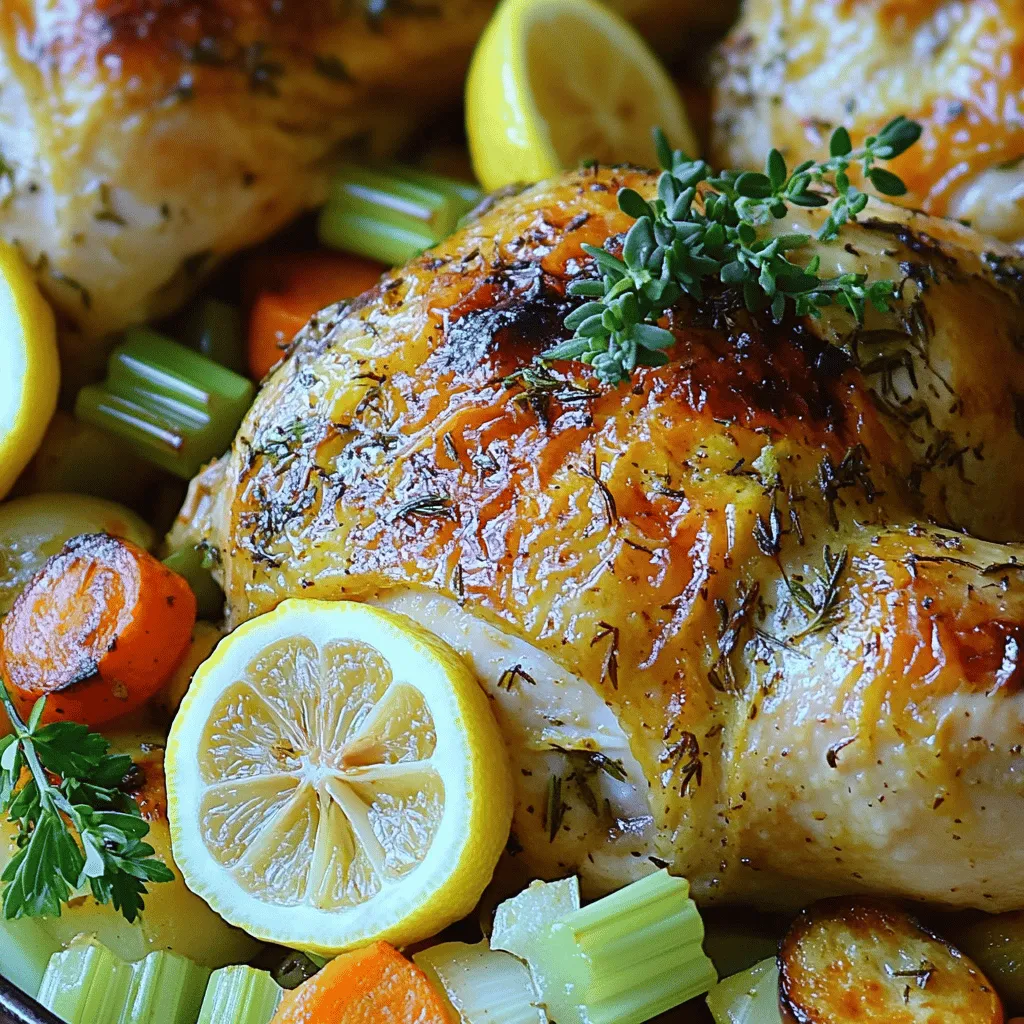 - 1 ganzes Hähnchen (ca. 1,8-2,3 kg) - 1 Kopf Knoblauch (Zehen getrennt und geschält) - Frische Kräuter: Rosmarin, Thymian und Petersilie - Olivenöl und Zitrone Für mein Knoblauch-Kräuter-Rösthähnchen verwende ich frische und einfache Zutaten. Ein ganzes Hähnchen sorgt für einen tollen Geschmack und saftiges Fleisch. Den Knoblauch schäle ich und nutze jeden Zeh, um dem Hähnchen einen kräftigen Geschmack zu verleihen. Frische Kräuter sind wichtig. Rosmarin, Thymian und Petersilie bringen viel Aroma und Frische. Olivenöl ist ein Muss. Es hilft, das Hähnchen schön knusprig zu machen. Eine Zitrone gibt einen spritzigen Geschmack. Ich verwende sie, um das Hähnchen zu füllen und auch, um den Saft zu verfeinern. - Zwiebel, Karotten, Sellerie - Tipps zur Auswahl des Gemüses Ich mag es, das Hähnchen mit Gemüse zu servieren. Zwiebeln, Karotten und Sellerie sind meine Favoriten. Sie geben zusätzlichen Geschmack. Wenn ich Gemüse auswähle, achte ich darauf, dass es frisch und knackig ist. Das macht das Gericht noch besser. - Salz und Pfeffer nach Geschmack - Welche Kräuter passen gut zu Hähnchen? Salz und Pfeffer sind die Grundgewürze. Sie bringen den Geschmack des Hähnchens zur Geltung. Ich empfehle, die Kräuter frisch zu verwenden. Sie passen perfekt zu Hähnchen und bringen die Aromen zum Strahlen. Wenn du mehr über mein Rezept erfahren möchtest, schau dir das [Full Recipe] an! Heizen Sie Ihren Ofen auf 220°C vor. Das sorgt für eine knusprige Haut. Tupfen Sie das Hähnchen mit Küchenpapier trocken. So bleibt die Haut knusprig und lecker. In einer Schüssel kombinieren Sie frischen Rosmarin, Thymian, Petersilie und Knoblauch. Fügen Sie zwei Esslöffel Olivenöl, Salz und Pfeffer hinzu. Mischen Sie alles zu einer Paste. Diese Mischung bringt viel Geschmack. Lockern Sie die Haut des Hähnchens vorsichtig mit Ihren Fingern. Reiben Sie die Kräutermischung unter die Haut und über die gesamte Oberfläche des Hähnchens. Drücken Sie den Saft einer halben Zitrone in die Bauchhöhle. Legen Sie die Zitronenhälften hinein. Rösten Sie das Hähnchen im vorgeheizten Ofen. Es sollte etwa 1 Stunde und 15 Minuten garen. Die Innentemperatur muss 74°C erreichen. Gießen Sie das Hähnchen während des Garens einmal mit den eigenen Säften über. Dies sorgt für mehr Geschmack. Lassen Sie das Hähnchen nach dem Garen 10-15 Minuten ruhen. So verteilen sich die Säfte gleichmäßig. Für das komplette Rezept schauen Sie sich das [Full Recipe] an. Um die perfekte Haut zu erreichen, muss das Hähnchen trocken sein. Tupfen Sie es mit einem Küchenpapier ab. Dies hilft, die Haut knusprig zu machen. Zu viel Feuchtigkeit macht die Haut weich. Ein weiterer Fehler ist, die Ruhezeit zu ignorieren. Lassen Sie das Hähnchen nach dem Garen für 10 bis 15 Minuten ruhen. Dadurch verteilt sich der Saft im Fleisch. Das Hähnchen wird saftiger und zarter. Ein guter Bräter ist wichtig. Er sollte groß genug sein, damit das Hähnchen Platz hat. Ein Fleischthermometer hilft Ihnen, die Innentemperatur zu prüfen. So stellen Sie sicher, dass es durchgegart ist. Auch eine Zange ist nützlich, um das Hähnchen sicher zu wenden. Diese Geräte machen das Kochen einfacher und sicherer. Das Anrichten ist wichtig. Schneiden Sie das Hähnchen auf und legen Sie es auf eine große Platte. Garnieren Sie es mit frischen Kräutern und Zitronenscheiben. Das sieht nicht nur schön aus, sondern bringt auch Farbe auf den Tisch. Servieren Sie das Hähnchen mit dem gerösteten Gemüse aus der Auflaufform. So wirkt das Gericht einladend und lecker. Für das komplette Rezept können Sie die [Full Recipe] ansehen. {{image_4}} Für die Zubereitung des Knoblauch-Kräuter-Rösthähnchens gibt es viele Möglichkeiten. Sie können mediterrane oder asiatische Aromen hinzufügen. Zum Beispiel, fügen Sie Oregano und Basilikum für einen italienischen Twist hinzu. Für asiatische Noten, nutzen Sie Sojasauce und Ingwer. Diese Variationen bringen neue Geschmäcker in Ihr Gericht. Bei den Beilagen können Sie kreativ sein. Servieren Sie den Hähnchen mit geröstetem Gemüse oder einem frischen Salat. Kartoffelbrei passt auch gut dazu. Sogar Reis kann eine gute Wahl sein. Diese Beilagen ergänzen das Hähnchen perfekt und machen die Mahlzeit rund. Wenn Sie frische Kräuter nicht zur Hand haben, nutzen Sie getrocknete Kräuter. Sie sind eine gute Alternative. Mischen Sie getrockneten Rosmarin, Thymian und Petersilie. Diese können genauso gut für die Marinade verwendet werden. Marinieren Sie das Hähnchen für intensiven Geschmack. Lassen Sie es einige Stunden oder über Nacht ziehen. Dies hilft, die Aromen in das Fleisch zu ziehen. Verwenden Sie Olivenöl, Zitronensaft und die Gewürzmischung für eine einfache Marinade. Sie können das Gericht auch abwandeln. Verwenden Sie Gemüse, um eine tolle vegetarische oder vegane Option zu schaffen. Ein ganzer Blumenkohl oder Auberginen sind großartige Alternativen. Sie können sie mit der gleichen Kräutermischung zubereiten. So erhalten Sie eine schmackhafte Hauptspeise. Das Knoblauch-Kräuter-Rösthähnchen kann leicht an verschiedene Geschmäcker angepasst werden. Experimentieren Sie mit Aromen und Zutaten. Das macht das Kochen spannend und lecker. Für das vollständige Rezept besuchen Sie den Abschnitt "Full Recipe". Um Reste von Knoblauch-Kräuter-Rösthähnchen frisch zu halten, lagerst du sie richtig. Die besten Methoden zur Lagerung sind: - Lass das Hähnchen zuerst abkühlen. - Wickel es in Frischhaltefolie oder lege es in einen luftdichten Behälter. - Bewahre die Reste im Kühlschrank auf. Du kannst die Reste auch in anderen Gerichten verwenden. Zum Beispiel: - Füge sie zu Salaten hinzu. - Mache eine herzhafte Hähnchen-Suppe. - Verwende sie in einem Wrap oder Sandwich. Wenn du das Hähnchen länger aufbewahren möchtest, friere es ein. Hier sind Anleitungen zum Einfrieren: - Teile das Hähnchen in Portionen auf. - Wickel jede Portion gut in Frischhaltefolie ein. - Lege sie in einen Gefrierbeutel und beschrifte diesen. Um das Hähnchen wieder zu verwenden, taue es richtig auf. Hier sind Tipps zur Auftauung: - Lasse das Hähnchen im Kühlschrank über Nacht auftauen. - Du kannst es auch in kaltem Wasser auftauen. - Vermeide das Auftauen in der Mikrowelle, um die Qualität zu bewahren. Wie lange bleibt das Hähnchen frisch? Im Kühlschrank hält es sich 3 bis 4 Tage. Im Gefrierfach bleibt es bis zu 4 Monate gut. Hier sind einige Sicherheitsrichtlinien für die Lagerung: - Achte darauf, das Hähnchen nicht bei Raumtemperatur stehen zu lassen. - Überprüfe, ob das Hähnchen nicht schlecht riecht oder eine ungewöhnliche Farbe hat. - Wärmst du das Hähnchen auf, stelle sicher, dass die Innentemperatur 74°C erreicht. Diese Tipps helfen dir, dein Knoblauch-Kräuter-Rösthähnchen frisch und lecker zu halten! Das Hähnchen braucht etwa 1 Stunde und 15 Minuten. Die Innentemperatur sollte 74°C erreichen. Verwenden Sie ein Fleischthermometer, um sicherzugehen. So bleibt das Hähnchen saftig und zart. Die Haut wird schön knusprig, wenn Sie die Zeit einhalten. Um eine knusprige Haut zu bekommen, tupfen Sie das Hähnchen vor dem Würzen gut trocken. Das hilft, die Feuchtigkeit zu entfernen. Reiben Sie die Kräutermischung direkt unter die Haut. So erhalten Sie mehr Geschmack und eine bessere Textur. Optional können Sie das Hähnchen während des Garens einmal mit den eigenen Säften übergießen. Ja, Sie können das Rezept einfach anpassen. Nehmen Sie ein zusätzliches Hähnchen, wenn nötig. Achten Sie darauf, dass der Ofen genug Platz hat. Sie können auch mehr Gemüse hinzufügen, um das Gericht zu ergänzen. Stellen Sie sicher, dass alles gleichmäßig gart. Ja, das Hähnchen kann im Luftfryer zubereitet werden. Stellen Sie die Temperatur auf 180°C ein. Garen Sie das Hähnchen für etwa 45 bis 55 Minuten. Überprüfen Sie auch hier die Innentemperatur. Wenn sie 74°C erreicht, ist das Hähnchen fertig. Der Luftfryer gibt Ihnen eine knusprige Haut und saftiges Fleisch. Ein perfektes Knoblauch-Kräuter-Rösthähnchen liefert Genuss für alle. Die richtigen Zutaten machen den Unterschied. Frische Kräuter und das richtige Gemüse geben dem Gericht Tiefe. Die Schritt-für-Schritt-Anleitung führt dich durch die Zubereitung. Mit Tipps & Tricks vermeidest du häufige Fehler und sorgst für ein saftiges Ergebnis. Variationen ermöglichen dir kreative Anpassungen. Reste sind kein Problem; die richtigen Lagerungstipps helfen, die Qualität zu bewahren. Bereite dieses Gericht mit Freude zu und genieße die vielen Möglichkeiten!
