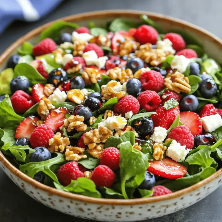Um den besten Geschmack zu erzielen, wählen Sie frische Beeren aus. Ich empfehle, Erdbeeren, Heidelbeeren und Himbeeren zu verwenden. Achten Sie darauf, dass die Beeren fest und glänzend sind. Vermeiden Sie Beeren mit Druckstellen oder Schimmel. Diese sind nicht frisch. Wenn möglich, kaufen Sie lokale Beeren. Sie sind oft süßer und reifer. Frische Beeren machen Ihren Salat lebendig und lecker. Hier sind die anderen Zutaten für den Frische Summer Berry Salad: - 1 Tasse Babyspinat, gewaschen und trocken geschüttelt - ½ Tasse Rucola, gewaschen und trocken geschüttelt - ½ Tasse Feta-Käse, zerbröselt - ¼ Tasse Walnüsse, geröstet und gehackt - 2 Esslöffel Honig - 2 Esslöffel Balsamico-Glasur - 1 Esslöffel Olivenöl - Salz und Pfeffer nach Geschmack - Frische Minzblätter zum Garnieren Diese Zutaten ergänzen die Beeren und machen den Salat nahrhaft. Frische Zutaten sind wichtig für jeden Salat. Lagern Sie die Beeren im Kühlschrank. Verwenden Sie sie innerhalb von zwei bis drei Tagen. Halten Sie den Spinat und den Rucola auch kühl. Waschen Sie die Blätter erst kurz vor der Zubereitung. Das verhindert, dass sie welken. Rühren Sie das Dressing erst kurz vor dem Servieren unter. So bleiben die Blätter knackig. Diese einfachen Tipps sorgen dafür, dass Ihr Salat frisch und lecker bleibt. Zuerst bereiten Sie die Beeren vor. Beginnen Sie mit den Erdbeeren. Schneiden Sie die grünen Häutchen ab und vierteln Sie sie. Achten Sie darauf, dass die Beeren frisch und saftig sind. Die Heidelbeeren und Himbeeren bleiben ganz. Waschen Sie die Berries vorsichtig unter kaltem Wasser. Lassen Sie sie auf einem Küchentuch trocknen. So vermeiden Sie, dass der Salat wässrig wird. Für die Salatbasis nehmen Sie eine große Schüssel. Geben Sie den gewaschenen Babyspinat hinein. Fügen Sie den Rucola hinzu. Diese grünen Blätter bilden eine gesunde Grundlage. Sie sind reich an Vitaminen und Mineralien. Mischen Sie die Blätter sanft, damit sie gleichmäßig verteilt sind. Jetzt kommt der spaßige Teil: die Beeren hinzufügen! Verteilen Sie die vorbereiteten Beeren gleichmäßig über die grünen Blätter. Achten Sie darauf, dass jede Portion eine gute Mischung aus Beeren hat. Streuen Sie den zerbröselten Feta-Käse und die gerösteten Walnüsse darüber. Diese Zutaten geben dem Salat einen tollen Crunch und viel Geschmack. Für das Dressing nehmen Sie eine kleine Schüssel. Vermischen Sie den Honig, die Balsamico-Glasur und das Olivenöl. Fügen Sie Salz und Pfeffer nach Geschmack hinzu. Nutzen Sie einen Schneebesen, um alles gut zu vermengen. Das Dressing sollte glatt und gut verbunden sein. Träufeln Sie es gleichmäßig über den Salat. Werfen Sie die Zutaten vorsichtig, sodass die Blätter und Beeren gut überzogen sind. Garnieren Sie den Salat mit frischen Minzblättern für einen extra Frischekick. Sie können die vollständige Anleitung im [Full Recipe] finden. Um deinen Summer Berry Salad frisch zu halten, gibt es ein paar einfache Tricks. Lagere die Zutaten getrennt, bis du bereit bist, zu essen. Frische Beeren und Salatblätter verlieren schnell ihre Knackigkeit. Verwende luftdichte Behälter. Diese halten die Feuchtigkeit fern und die Zutaten frisch. Variiere den Salat nach deinem Geschmack. Probiere, verschiedene Beeren zu verwenden. Zum Beispiel, füge schwarze Johannisbeeren oder Brombeeren hinzu. Das gibt deinem Salat mehr Tiefe. Du kannst auch andere Käsearten verwenden. Ziegenkäse oder Parmesan bringen einen neuen Geschmack. Dieser Salat passt gut zu vielen anderen Zutaten. Füge ein paar Avocadoscheiben hinzu, um Cremigkeit zu erzeugen. Geröstete Mandeln oder Pistazien geben einen tollen Crunch. Für mehr Süße kannst du auch geschnittene Kiwi oder Mango einfügen. Du kannst die Kombinationen nach Saison anpassen. So bleibt dein Salat immer spannend. Für die gesamte Zubereitung und weitere Details schaue dir das Full Recipe an. {{image_4}} Ein guter Salat braucht ein tolles Dressing. Probieren Sie ein Joghurt-Dressing für eine cremige Note. Mischen Sie griechischen Joghurt mit etwas Zitronensaft und Honig. Für einen scharfen Kick fügen Sie Senf hinzu. Ein einfaches Vinaigrette ist auch super. Mischen Sie Olivenöl, Essig und Gewürze nach Ihrem Geschmack. Fügen Sie noch mehr Textur und Geschmack hinzu! Einige Ideen sind: - Avocado, für eine cremige Konsistenz - Sonnenblumenkerne, für einen knusprigen Biss - Quinoa, um mehr Protein hinzuzufügen - Äpfel oder Birnen, für einen süßen Crunch - Kichererbsen, um den Salat noch nahrhafter zu machen Diese Toppings machen Ihren Salat noch interessanter und leckerer! Passen Sie den Salat an die Saison an. Im Frühling können Sie frische Erbsen und Radieschen hinzufügen. Im Sommer sind frische Pfirsiche oder Melonen perfekt. Im Herbst passen geröstete Kürbiswürfel gut. Im Winter können Sie Granatapfelkerne oder geröstete Nüsse verwenden. So bleibt Ihr Salat das ganze Jahr über spannend und lecker! Für die vollständige Anleitung empfehle ich Ihnen, das Rezept für den Beerenfreude Sommer-Salat zu schauen. Um Reste des Summer Berry Salads richtig zu lagern, verwenden Sie einen luftdichten Behälter. Achten Sie darauf, das Dressing separat zu halten. Das verhindert, dass die Blätter matschig werden. Füllen Sie die Beeren und den Salat in den Behälter. Lagern Sie sie im Kühlschrank. So bleiben sie frisch und schmackhaft. Die Reste können bis zu drei Tage im Kühlschrank bleiben. Nach dieser Zeit können die Beeren ihre Frische verlieren. Der Salat kann auch verwelken und weniger appetitlich aussehen. Wenn Sie den Salat länger aufbewahren möchten, überlegen Sie sich, ihn einzufrieren. Das Einfrieren von Salatzutaten ist eine gute Idee für spätere Nutzung. Beeren lassen sich gut einfrieren. Waschen und trocknen Sie die Beeren zuerst. Dann geben Sie sie in einen Gefrierbeutel. Drücken Sie die Luft heraus und verschließen Sie den Beutel gut. So bleiben die Beeren bis zu sechs Monate frisch. Salatblätter hingegen sollten nicht eingefroren werden. Sie verlieren ihre Textur und Frische. Nutzen Sie also frische Blätter, wenn Sie den Salat zubereiten. Ja, gefrorene Beeren sind eine gute Option. Sie sind oft frisch gefroren, also behalten sie ihren Geschmack. Achte jedoch darauf, sie vor der Verwendung aufzutauen. Tupfe sie mit einem Küchentuch trocken, damit der Salat nicht zu nass wird. Die Textur kann etwas anders sein. Dennoch, gefrorene Beeren bringen Farbe und Geschmack in deinen Salat. Für eine Party bereite die Zutaten vor, aber mische sie erst kurz vor dem Servieren. Wasche den Babyspinat und den Rucola und lasse sie gut trocknen. Du kannst die Beeren schneiden und den Käse bröseln. Das Dressing kannst du in einer separaten Schüssel aufbewahren. So bleiben die Blätter frisch und knackig. Wenn du den Salat anrichtest, füge die Minzblätter hinzu, um ihn schön zu präsentieren. Dieser Salat passt gut zu vielen Gerichten. Probiere gegrilltes Hähnchen oder Lachs. Diese Proteine ergänzen die Frische der Beeren gut. Auch ein Stück Baguette oder Knoblauchbrot macht sich hervorragend. Für eine vegetarische Option kannst du Quinoa oder Couscous servieren. Diese Beilagen machen dein Essen komplett und lecker. In diesem Artikel haben wir den perfekten Beeren-Salat besprochen. Wir haben die besten Zutaten ausgewählt und Tipps zur Frische gegeben. Dann haben wir eine einfache Schritt-für-Schritt-Anleitung gegeben. Tipps und Variationen machen den Salat spannend. Abschließend lässt sich sagen: Experimentiere mit neuen Zutaten und freue dich an frischem Geschmack. So bleibt dein Salat immer ein Hit!