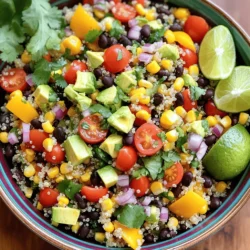 - 1 Tasse Quinoa, gründlich abgespült - 2 Tassen Gemüsebrühe oder Wasser - 1 Dose (425 g) schwarze Bohnen, abgetropft und abgespült - 1 Tasse Maiskörner (frisch oder gefroren) - 1 rote Paprika, gewürfelt - 1 gelbe Paprika, gewürfelt - 1 kleine rote Zwiebel, fein gehackt - 1 Tasse Kirschtomaten, halbiert - 1 Avocado, gewürfelt - 1/4 Tasse frischer Koriander, gehackt - 2 Esslöffel Limettensaft - 2 Esslöffel Olivenöl - 1 Teelöffel Kreuzkümmel - 1 Teelöffel Chilipulver - Salz und Pfeffer nach Geschmack Um diesen Salat zu machen, beginne mit der Quinoa. Quinoa ist gesund und gibt dem Salat eine schöne Textur. Ich spüle die Quinoa immer gründlich ab. So entferne ich Bitterstoffe. Die schwarzen Bohnen sind eine großartige Proteinquelle. Ich benutze oft die Dose, da sie schnell und einfach ist. Der Mais bringt Süße und Farbe in den Salat. Frische oder gefrorene Körner sind beide gut. Die Paprika sind sehr wichtig. Sie geben Knusprigkeit und Farbe. Ich mag es, eine rote und eine gelbe Paprika zu nutzen. Die rote Zwiebel sorgt für einen tollen Geschmack und einen schönen Kontrast. Kirschtomaten bringen eine saftige Note. Avocado macht den Salat cremig und lecker. Frischer Koriander sorgt für ein tolles Aroma. Der Limettensaft und das Olivenöl sind die perfekte Mischung für das Dressing. Die Gewürze wie Kreuzkümmel und Chilipulver geben dem Salat die Tex-Mex-Note. Wenn du mehr Schärfe magst, füge einfach mehr hinzu. Salz und Pfeffer sind wichtig, um den Geschmack zu verstärken. Das sind die Hauptzutaten für den Tex Mex Quinoa Salat. Du kannst die Zutaten nach deinem Geschmack anpassen. Das Rezept findest du in der Full Recipe. - Bringen Sie die Gemüsebrühe oder das Wasser zum Kochen. - Fügen Sie den Quinoa hinzu, reduzieren Sie die Hitze, decken Sie den Topf ab und lassen Sie ihn 15 Minuten köcheln. - Nehmen Sie den Topf vom Herd, lassen Sie ihn 5 Minuten ruhen und lockern Sie den Quinoa mit einer Gabel auf. - Vermengen Sie Limettensaft, Olivenöl, Kreuzkümmel und Chilipulver in einer Schüssel. - Würzen Sie nach Geschmack mit Salz und Pfeffer. - Geben Sie die schwarzen Bohnen, den Mais, die gewürfelte rote und gelbe Paprika, die gehackte rote Zwiebel und die halbierten Kirschtomaten in eine große Schüssel. - Fügen Sie die gewürfelte Avocado hinzu und mischen Sie alles gut. - Sobald der Quinoa abgekühlt ist, fügen Sie ihn zur großen Schüssel hinzu. - Beträufeln Sie den Salat mit dem Dressing und mischen Sie vorsichtig, damit alles gleichmäßig verteilt ist. Für die vollständige Anleitung und das Rezept, schauen Sie sich die [Full Recipe] an. Um Quinoa richtig zu kochen, bringe die Gemüsebrühe oder das Wasser zum Kochen. Füge dann den Quinoa hinzu und reduziere die Hitze. Decke den Topf ab und lasse ihn 15 Minuten köcheln. Achte darauf, dass die Flüssigkeit nicht überkocht. Nach dem Kochen, lasse den Quinoa 5 Minuten abgedeckt ruhen. Lockere ihn dann mit einer Gabel auf und lasse ihn abkühlen. Das sorgt für eine lockere und luftige Konsistenz. Das Dressing ist ein wichtiger Teil des Salates. Du kannst verschiedene Öle oder Essige verwenden. Zum Beispiel, probiere Avocadoöl oder Apfelessig. Das bringt einen neuen Geschmack. Füge auch zusätzliche Gewürze hinzu. Paprika oder Knoblauchpulver können für mehr Geschmack sorgen. Das macht das Dressing einzigartig und lecker. Die Präsentation macht den Salat noch ansprechender. Serviere ihn in bunten Schalen. Das bringt die Farben des Salates zur Geltung. Garnieren kannst du den Salat mit frischem Koriander und Limettenschnitzen. Das sieht nicht nur toll aus, sondern gibt auch mehr Geschmack. Für individuelle Portionen nutze klare Glasschalen. So sieht der Salat frisch und einladend aus. {{image_4}} Wenn Sie eine vegetarische oder vegane Variante des Tex Mex Quinoa Salats wollen, ist das einfach. Fügen Sie mehr Gemüse hinzu, wie Zucchini oder Karotten. Sie können die schwarzen Bohnen auch durch Kichererbsen oder Linsen ersetzen. Diese Hülsenfrüchte sind proteinreich und machen den Salat nahrhaft. Möchten Sie mehr Protein? Dann fügen Sie Hähnchen, Garnelen oder Tofu hinzu. Kochen Sie das Hähnchen oder die Garnelen vorher und schneiden Sie sie in Stücke. Für Tofu, braten Sie ihn an, bis er goldbraun ist. Diese Optionen machen den Salat sättigender und lecker. Nutzen Sie saisonales Gemüse, um den Salat frisch und bunt zu halten. Im Herbst können Sie Kürbis oder Süßkartoffeln verwenden. Im Sommer sind frische Tomaten und Paprika ideal. Diese Zutaten bringen nicht nur neuen Geschmack, sondern auch Abwechslung in Ihr Gericht. Für das vollständige Rezept des Tex Mex Quinoa Salats, sehen Sie sich die [Full Recipe] an. Lagern Sie den Tex Mex Quinoa Salat in einem luftdichten Behälter. So bleibt er frisch. Er hält sich bis zu drei Tage. Wenn Sie ihn länger aufbewahren, wird er fade. Sie können den Quinoa-Salat einfrieren, wenn nötig. Achten Sie jedoch darauf, dass frisches Gemüse die Textur verliert. Das kann den Geschmack beeinträchtigen. Wenn Sie also den Salat einfrieren, fügen Sie das Gemüse später hinzu. Der Tex Mex Quinoa Salat ist perfekt für die Vorbereitung. Machen Sie ihn einen Tag vorher. Die Aromen verbessern sich nach 30 Minuten im Kühlschrank. So wird der Salat noch besser im Geschmack. Er eignet sich hervorragend für schnelle, gesunde Mahlzeiten. Sie können ihn auch für ein Picknick oder eine Party vorbereiten. Der Tex Mex Quinoa Salat bleibt im Kühlschrank bis zu drei Tage frisch. Lagern Sie ihn in einem luftdichten Behälter. So bleiben die Aromen erhalten. Überprüfen Sie den Salat vor dem Servieren. Wenn er seltsam riecht oder aussieht, werfen Sie ihn weg. Ja, Sie können viele Zutaten hinzufügen. Zum Beispiel können Sie Jalapeños für mehr Schärfe verwenden. Auch Feta-Käse passt gut dazu. Für eine andere Note können Sie Avocado durch Mango ersetzen. Seien Sie kreativ mit Ihren Lieblingsgemüsen! Ja, dieser Salat ist glutenfrei. Die Hauptzutaten wie Quinoa und Bohnen enthalten kein Gluten. Achten Sie jedoch auf die Brühe, die Sie verwenden. Sie sollte ebenfalls glutenfrei sein. So bleibt der Salat für alle sicher. Ja, dieser Salat eignet sich gut für Meal Prep. Teilen Sie ihn in Portionen auf und lagern Sie ihn im Kühlschrank. So können Sie ihn einfach mitnehmen. Die Aromen werden nach 30 Minuten im Kühlschrank besser. Bereiten Sie ihn am Sonntag vor, um die Woche zu erleichtern. Das Rezept ergibt vier Portionen. Die Portionen sind ideal für eine kleine Familie oder als Beilage. Sie können die Menge auch verdoppeln, wenn Sie mehr benötigen. Der Salat ist perfekt für Feiern oder gemeinsame Mahlzeiten. Für die genaue Portionierung nach dem Kochen, schauen Sie sich das Full Recipe an. Der Tex Mex Quinoa Salat ist gesund und einfach zuzubereiten. Wir haben die besten Zutaten, das richtige Kochen und kreative Variationen besprochen. Denken Sie daran, den Salat im Voraus zuzubereiten, um den Geschmack zu verbessern. Experimentieren Sie mit verschiedenen Dressings und Gemüse, um ihn noch interessanter zu machen. Egal, ob Sie ihn für sich selbst oder für Gäste zubereiten, dieser Salat wird sicher gefallen. Genießen Sie Ihr leckeres, nahrhaftes Gericht!