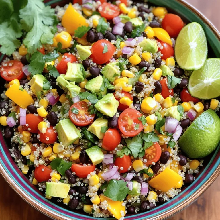 - 1 Tasse Quinoa, gründlich abgespült - 2 Tassen Gemüsebrühe oder Wasser - 1 Dose (425 g) schwarze Bohnen, abgetropft und abgespült - 1 Tasse Maiskörner (frisch oder gefroren) - 1 rote Paprika, gewürfelt - 1 gelbe Paprika, gewürfelt - 1 kleine rote Zwiebel, fein gehackt - 1 Tasse Kirschtomaten, halbiert - 1 Avocado, gewürfelt - 1/4 Tasse frischer Koriander, gehackt - 2 Esslöffel Limettensaft - 2 Esslöffel Olivenöl - 1 Teelöffel Kreuzkümmel - 1 Teelöffel Chilipulver - Salz und Pfeffer nach Geschmack Um diesen Salat zu machen, beginne mit der Quinoa. Quinoa ist gesund und gibt dem Salat eine schöne Textur. Ich spüle die Quinoa immer gründlich ab. So entferne ich Bitterstoffe. Die schwarzen Bohnen sind eine großartige Proteinquelle. Ich benutze oft die Dose, da sie schnell und einfach ist. Der Mais bringt Süße und Farbe in den Salat. Frische oder gefrorene Körner sind beide gut. Die Paprika sind sehr wichtig. Sie geben Knusprigkeit und Farbe. Ich mag es, eine rote und eine gelbe Paprika zu nutzen. Die rote Zwiebel sorgt für einen tollen Geschmack und einen schönen Kontrast. Kirschtomaten bringen eine saftige Note. Avocado macht den Salat cremig und lecker. Frischer Koriander sorgt für ein tolles Aroma. Der Limettensaft und das Olivenöl sind die perfekte Mischung für das Dressing. Die Gewürze wie Kreuzkümmel und Chilipulver geben dem Salat die Tex-Mex-Note. Wenn du mehr Schärfe magst, füge einfach mehr hinzu. Salz und Pfeffer sind wichtig, um den Geschmack zu verstärken. Das sind die Hauptzutaten für den Tex Mex Quinoa Salat. Du kannst die Zutaten nach deinem Geschmack anpassen. Das Rezept findest du in der Full Recipe. - Bringen Sie die Gemüsebrühe oder das Wasser zum Kochen. - Fügen Sie den Quinoa hinzu, reduzieren Sie die Hitze, decken Sie den Topf ab und lassen Sie ihn 15 Minuten köcheln. - Nehmen Sie den Topf vom Herd, lassen Sie ihn 5 Minuten ruhen und lockern Sie den Quinoa mit einer Gabel auf. - Vermengen Sie Limettensaft, Olivenöl, Kreuzkümmel und Chilipulver in einer Schüssel. - Würzen Sie nach Geschmack mit Salz und Pfeffer. - Geben Sie die schwarzen Bohnen, den Mais, die gewürfelte rote und gelbe Paprika, die gehackte rote Zwiebel und die halbierten Kirschtomaten in eine große Schüssel. - Fügen Sie die gewürfelte Avocado hinzu und mischen Sie alles gut. - Sobald der Quinoa abgekühlt ist, fügen Sie ihn zur großen Schüssel hinzu. - Beträufeln Sie den Salat mit dem Dressing und mischen Sie vorsichtig, damit alles gleichmäßig verteilt ist. Für die vollständige Anleitung und das Rezept, schauen Sie sich die [Full Recipe] an. Um Quinoa richtig zu kochen, bringe die Gemüsebrühe oder das Wasser zum Kochen. Füge dann den Quinoa hinzu und reduziere die Hitze. Decke den Topf ab und lasse ihn 15 Minuten köcheln. Achte darauf, dass die Flüssigkeit nicht überkocht. Nach dem Kochen, lasse den Quinoa 5 Minuten abgedeckt ruhen. Lockere ihn dann mit einer Gabel auf und lasse ihn abkühlen. Das sorgt für eine lockere und luftige Konsistenz. Das Dressing ist ein wichtiger Teil des Salates. Du kannst verschiedene Öle oder Essige verwenden. Zum Beispiel, probiere Avocadoöl oder Apfelessig. Das bringt einen neuen Geschmack. Füge auch zusätzliche Gewürze hinzu. Paprika oder Knoblauchpulver können für mehr Geschmack sorgen. Das macht das Dressing einzigartig und lecker. Die Präsentation macht den Salat noch ansprechender. Serviere ihn in bunten Schalen. Das bringt die Farben des Salates zur Geltung. Garnieren kannst du den Salat mit frischem Koriander und Limettenschnitzen. Das sieht nicht nur toll aus, sondern gibt auch mehr Geschmack. Für individuelle Portionen nutze klare Glasschalen. So sieht der Salat frisch und einladend aus. {{image_4}} Wenn Sie eine vegetarische oder vegane Variante des Tex Mex Quinoa Salats wollen, ist das einfach. Fügen Sie mehr Gemüse hinzu, wie Zucchini oder Karotten. Sie können die schwarzen Bohnen auch durch Kichererbsen oder Linsen ersetzen. Diese Hülsenfrüchte sind proteinreich und machen den Salat nahrhaft. Möchten Sie mehr Protein? Dann fügen Sie Hähnchen, Garnelen oder Tofu hinzu. Kochen Sie das Hähnchen oder die Garnelen vorher und schneiden Sie sie in Stücke. Für Tofu, braten Sie ihn an, bis er goldbraun ist. Diese Optionen machen den Salat sättigender und lecker. Nutzen Sie saisonales Gemüse, um den Salat frisch und bunt zu halten. Im Herbst können Sie Kürbis oder Süßkartoffeln verwenden. Im Sommer sind frische Tomaten und Paprika ideal. Diese Zutaten bringen nicht nur neuen Geschmack, sondern auch Abwechslung in Ihr Gericht. Für das vollständige Rezept des Tex Mex Quinoa Salats, sehen Sie sich die [Full Recipe] an. Lagern Sie den Tex Mex Quinoa Salat in einem luftdichten Behälter. So bleibt er frisch. Er hält sich bis zu drei Tage. Wenn Sie ihn länger aufbewahren, wird er fade. Sie können den Quinoa-Salat einfrieren, wenn nötig. Achten Sie jedoch darauf, dass frisches Gemüse die Textur verliert. Das kann den Geschmack beeinträchtigen. Wenn Sie also den Salat einfrieren, fügen Sie das Gemüse später hinzu. Der Tex Mex Quinoa Salat ist perfekt für die Vorbereitung. Machen Sie ihn einen Tag vorher. Die Aromen verbessern sich nach 30 Minuten im Kühlschrank. So wird der Salat noch besser im Geschmack. Er eignet sich hervorragend für schnelle, gesunde Mahlzeiten. Sie können ihn auch für ein Picknick oder eine Party vorbereiten. Der Tex Mex Quinoa Salat bleibt im Kühlschrank bis zu drei Tage frisch. Lagern Sie ihn in einem luftdichten Behälter. So bleiben die Aromen erhalten. Überprüfen Sie den Salat vor dem Servieren. Wenn er seltsam riecht oder aussieht, werfen Sie ihn weg. Ja, Sie können viele Zutaten hinzufügen. Zum Beispiel können Sie Jalapeños für mehr Schärfe verwenden. Auch Feta-Käse passt gut dazu. Für eine andere Note können Sie Avocado durch Mango ersetzen. Seien Sie kreativ mit Ihren Lieblingsgemüsen! Ja, dieser Salat ist glutenfrei. Die Hauptzutaten wie Quinoa und Bohnen enthalten kein Gluten. Achten Sie jedoch auf die Brühe, die Sie verwenden. Sie sollte ebenfalls glutenfrei sein. So bleibt der Salat für alle sicher. Ja, dieser Salat eignet sich gut für Meal Prep. Teilen Sie ihn in Portionen auf und lagern Sie ihn im Kühlschrank. So können Sie ihn einfach mitnehmen. Die Aromen werden nach 30 Minuten im Kühlschrank besser. Bereiten Sie ihn am Sonntag vor, um die Woche zu erleichtern. Das Rezept ergibt vier Portionen. Die Portionen sind ideal für eine kleine Familie oder als Beilage. Sie können die Menge auch verdoppeln, wenn Sie mehr benötigen. Der Salat ist perfekt für Feiern oder gemeinsame Mahlzeiten. Für die genaue Portionierung nach dem Kochen, schauen Sie sich das Full Recipe an. Der Tex Mex Quinoa Salat ist gesund und einfach zuzubereiten. Wir haben die besten Zutaten, das richtige Kochen und kreative Variationen besprochen. Denken Sie daran, den Salat im Voraus zuzubereiten, um den Geschmack zu verbessern. Experimentieren Sie mit verschiedenen Dressings und Gemüse, um ihn noch interessanter zu machen. Egal, ob Sie ihn für sich selbst oder für Gäste zubereiten, dieser Salat wird sicher gefallen. Genießen Sie Ihr leckeres, nahrhaftes Gericht!