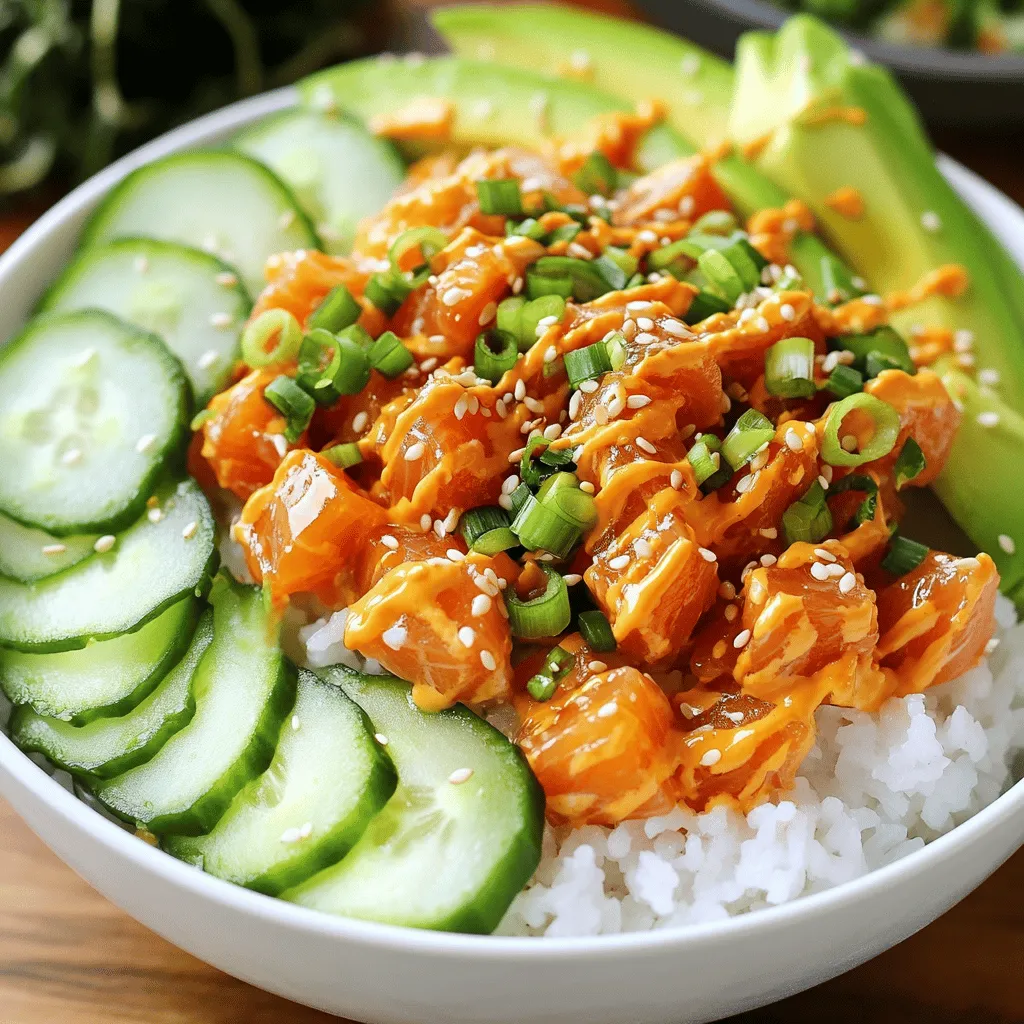 - Sushi-Reis und seine Bedeutung in der Rezeptur Sushi-Reis ist der Star dieser Bowl. Er hat die perfekte Klebrigkeit, um die Zutaten gut zu halten. Zuerst spülst du den Reis unter kaltem Wasser, bis das Wasser klar wird. Das sorgt für einen besseren Geschmack und die richtige Textur. Anschließend kochst du ihn in einem Verhältnis von 1 Tasse Reis zu 1,25 Tassen Wasser. - Auswahl des Sushi-Qualität Thunfischs Sushi-Qualität Thunfisch ist wichtig für den Geschmack. Achte auf frischen, roten Thunfisch. Er sollte fest sein und nicht unangenehm riechen. Kaufe den Fisch am besten beim vertrauenswürdigen Fischhändler. So kannst du sicher sein, dass du die beste Qualität bekommst. - Tipps zur Wahl der frischen Toppings Frische Toppings machen die Bowl besonders lecker. Wähle reife Avocados, die leicht nachgeben, wenn du sie drückst. Gurken sollten knackig und grün sein. Achte darauf, dass die Frühlingszwiebeln frisch und grün sind. Diese Zutaten bringen Farbe und Geschmack in deine Sushi-Bowl. - Vegane Optionen für die Bowl Du kannst die Bowl auch vegan machen. Ersetze den Thunfisch durch gewürfelten Tofu oder Tempeh. Diese Optionen sind gesund und bieten einen tollen Biss. Füge mehr Gemüse wie Karotten oder Paprika hinzu, um den Crunch zu steigern. - Zusätzliche Garnierungen für einen geschmacklichen Kick Für einen zusätzlichen Kick kannst du Nüsse oder Samen hinzufügen. Geröstete Erdnüsse oder Cashews bringen einen tollen Crunch. Auch frische Kräuter wie Koriander oder Minze können die Bowl aufpeppen. Experimentiere mit verschiedenen Soßen, um deine persönliche Note zu finden. Für das gesamte Rezept, schau dir die [Full Recipe] an. Um den perfekten Sushi-Reis zu machen, spüle ihn zuerst gut ab. Das Wasser sollte klar sein. Dies entfernt Stärke und verbessert die Textur. Danach gib den Reis mit Wasser in einen Topf. Koche die Mischung bei mittlerer Hitze. Wenn das Wasser kocht, reduziere die Hitze. Decke den Topf ab und lasse ihn 20 Minuten köcheln. Der Reis sollte das Wasser ganz aufnehmen. Nun bereite die Essigmischung vor. Vermische dazu Reisessig, Zucker und Salz in einer kleinen Schüssel. Rühre, bis sich alles auflöst. Nimm den Topf vom Herd und lass den Reis 10 Minuten abgedeckt ruhen. Danach gib den Reis in eine große Schüssel. Hebe die Essigmischung vorsichtig darunter. Lass den Reis etwas abkühlen. Der Umgang mit rohem Fisch erfordert Vorsicht. Kaufe nur Sushi-Qualität Thunfisch, um sicherzustellen, dass er frisch ist. Schneide den Thunfisch in kleine Würfel. In einer separaten Schüssel vermische den gewürfelten Thunfisch mit Sriracha, Mayonnaise und Sesamöl. Rühre alles gut um. Achte darauf, dass der Thunfisch gleichmäßig bedeckt ist. Die perfekte Sauce macht den Unterschied. Du kannst die Menge von Sriracha und Mayonnaise anpassen. Das gibt dir die Kontrolle über die Schärfe. Probiere aus, was dir am besten schmeckt. Jetzt kommt der Spaß! Teile den Sushi-Reis gleichmäßig auf die Servierschalen auf. Belege jede Bowl mit der würzigen Thunfisch-Mischung. Füge dann Avocadoscheiben und Gurken hinzu. Diese bringen Frische in die Bowl. Streue die gehackten Frühlingszwiebeln und Sesamsamen darüber. Präsentation ist wichtig. Arrangiere die Zutaten kunstvoll in der Schüssel. Das macht die Bowl appetitlicher. Du kannst auch Algensalat als Beilage hinzufügen. Beträufle die Bowl mit Sojasoße für zusätzlichen Geschmack. Achte darauf, dass jede Zutat gut sichtbar ist. So sieht deine Sushi-Bowl nicht nur lecker aus, sondern schmeckt auch wunderbar! Um perfekten Sushi-Reis zu kochen, spüle ihn gut ab. Das Wasser muss klar sein. Dies entfernt überschüssige Stärke. Danach gib den Reis mit Wasser in einen Topf. Koche ihn bei mittlerer Hitze. Wenn es kocht, reduziere die Hitze und decke den Topf ab. Lass den Reis 20 Minuten köcheln. Nach dem Kochen, lass den Reis zehn Minuten ruhen. Das ist wichtig. Dadurch wird der Reis locker und klebrig. Mische dann Reisessig, Zucker und Salz in einer kleinen Schüssel. Diese Mischung gibt dem Reis den typischen Geschmack. Rühre sie vorsichtig unter den abgekühlten Reis. Die Mischung aus Sriracha und Mayonnaise ist der Schlüssel. Du kannst die Menge an Sriracha anpassen. Magst du es schärfer? Füge mehr hinzu! Für eine cremigere Textur, nimm etwas mehr Mayonnaise. Zusätzlich kannst du andere Soßen verwenden. Ein Spritzer Sojasoße oder ein Hauch von Ponzu bringt neuen Geschmack. Experimentiere mit verschiedenen Dips. Mach deine Sushi-Bowl einmalig! Ein guter Plan hilft dir, alles schnell zu machen. Bereite die Zutaten vorher vor. Schneide die Avocado und Gurke, bevor du mit dem Reis beginnst. Das spart Zeit. Du kannst den Thunfisch auch im Voraus marinieren. Lass ihn ein paar Stunden im Kühlschrank. So zieht der Geschmack besser ein. Wenn du alles bereit hast, geht das Zusammenstellen der Bowl schnell. So wird das Kochen zum Vergnügen! Für das komplette Rezept schaue dir die [Full Recipe] an. {{image_4}} Eine Sushi-Bowl kann auch ohne Fisch lecker sein. Verwende Tofu oder Tempeh als Proteinquelle. Diese Zutaten sind nahrhaft und nehmen Aromen gut auf. Schneide den Tofu in kleine Würfel. Brate ihn an oder mariniere ihn vor der Verwendung. Für den gleichen Crunch, mische verschiedene Gemüse. Karotten, Radieschen und Paprika sind tolle Optionen. Diese Gemüsesorten bringen Farbe und Frische in die Bowl. Sie machen das Gericht gesund und spannend. Die würzige Thunfisch-Mischung lässt sich leicht anpassen. Du kannst die Menge der Sriracha erhöhen, wenn du es schärfer magst. Außerdem kannst du Avocado oder Mango hinzufügen. Diese Früchte bringen eine süße Note. Kreative Toppings aus verschiedenen Küchen sind auch eine gute Idee. Füge Kimchi für einen koreanischen Twist hinzu oder benutze frische Kräuter wie Koriander. Diese Variationen bringen neuen Geschmack. Im Sommer sind frische Beeren und Früchte ein Hit. Himbeeren oder Erdbeeren passen gut zu dieser Bowl. Sie sorgen für einen süßen Kontrast zum würzigen Thunfisch. Im Winter kannst du herzhaftes Gemüse verwenden. Röstgemüse wie Kürbis oder Süßkartoffeln gibt der Bowl eine warme Note. Diese saisonalen Variationen halten das Gericht interessant und anpassbar. Um Reste der Sushi-Bowl frisch zu halten, sind die richtigen Behälter wichtig. Verwende luftdichte Behälter. Diese verhindern, dass die Zutaten austrocknen oder Gerüche annehmen. Teile die Reste in Portionen auf. So kannst du sie leicht wieder aufwärmen oder kalt genießen. Lagerst du die Sushi-Bowl im Kühlschrank? Das ist die beste Wahl für einen kurzen Zeitraum. Du kannst sie so bis zu zwei Tage aufbewahren. Wenn du sie länger lagern möchtest, ist das Gefrierfach die bessere Option. Achte darauf, dass der Thunfisch frisch ist, bevor du ihn einfrierst. Frische ist der Schlüssel bei Sushi-Reis und Thunfisch. Sushi-Reis kann bei richtiger Lagerung bis zu einer Woche im Kühlschrank halten. Stelle sicher, dass er in einem luftdichten Behälter aufbewahrt wird. Thunfisch sollte am besten am Tag des Kaufs verwendet werden. Wenn du Reste hast, halte sie nicht länger als ein bis zwei Tage. Gemüse wie Avocado und Gurke sind empfindlich. Sie verlieren schnell ihre Frische. Lagere sie in einem separaten Behälter im Kühlschrank. Dies hält sie knackig. Toppings wie Frühlingszwiebeln und Sesamsamen bleiben in einem luftdichten Behälter ebenfalls frisch. Denke daran, beim nächsten Mal, wenn du die Spicy Tuna Sushi Bowl zubereitest, die Reste richtig zu lagern. So kannst du den Genuss länger erleben. Für das gesamte Rezept schau dir die [Full Recipe] an. Die Sushi-Bowl hält sich bis zu zwei Tage im Kühlschrank. Achte darauf, sie in einem luftdichten Behälter zu lagern. So bleibt der Reis frisch. Die Avocado kann schnell braun werden. Es ist gut, sie erst kurz vor dem Servieren hinzuzufügen. Wenn der Thunfisch in der Bowl ist, darauf achten, dass er frisch bleibt. Wenn du Reste hast, iss sie schnell, um die beste Qualität zu genießen. Ja, du kannst gefrorenen Thunfisch verwenden. Achte darauf, dass er als sushi-geeignet gekennzeichnet ist. Das bedeutet, er wurde richtig gefroren, um Parasiten abzutöten. Lass den Thunfisch im Kühlschrank auftauen. So bleibt er sicher und behält die Textur. Verwende ihn schnell nach dem Auftauen, um die Frische zu garantieren. Nein, Sushi-Reis ist nicht das gleiche wie normaler Reis. Sushi-Reis ist klebriger und hat einen höheren Stärkegehalt. Dadurch bleibt er beim Kochen zusammen. Normale Reissorten sind oft lockerer. Sushi-Reis wird auch mit Essig, Zucker und Salz gewürzt. Dies gibt ihm einen besonderen Geschmack. Der Geschmack und die Textur machen Sushi-Reis perfekt für die Sushi-Bowl. Eine Sushi-Bowl ist einfach zuzubereiten und gesund. Du brauchst frischen Sushi-Reis, hochwertigen Thunfisch und tolle Toppings. Vegane Alternativen wie Tofu bringen Vielfalt. Kochen und Mischen erfordern Sorgfalt, also achte auf die Schritte. Denke daran, die Zutaten richtig zu lagern, um Frische zu sichern. Mit diesen Tipps kannst du deiner Kreativität freien Lauf lassen und immer wieder neue Variationen ausprobieren. Gutes Gelingen bei deiner nächsten Sushi-Bowl!
