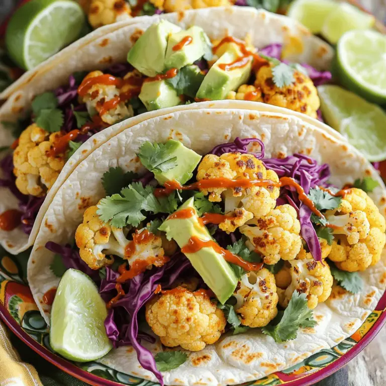 Für meine würzigen Röstblumenkohl-Tacos benötigst du einige frische Zutaten. Hier sind die Hauptzutaten: - 1 mittelgroßer Blumenkohl, in Röschen zerteilt - 8 kleine Maistortillas Diese Zutaten bilden die Basis für die Tacos. Der Blumenkohl bringt eine tolle Textur und einen milden Geschmack. Die Gewürze und Öle sind wichtig, um den Tacos den richtigen Kick zu geben. Du brauchst: - 2 Esslöffel Olivenöl - 1 Esslöffel Chilipulver - 1 Teelöffel geräuchertes Paprikapulver - 1 Teelöffel Knoblauchpulver - 1 Teelöffel gemahlener Kreuzkümmel - Salz und Pfeffer nach Geschmack Diese Gewürze verleihen dem Blumenkohl ein würziges Aroma. Das Olivenöl sorgt dafür, dass die Gewürze gut haften. Für die perfekte Garnitur empfehle ich folgende Toppings: - 1 Tasse Rotkohl, fein gehobelt - 1 Avocado, in Scheiben geschnitten - 1/4 Tasse frischer Koriander, gehackt - 1 Limette, in Spalten geschnitten - Optional: scharfe Sauce zum Beträufeln Das Rotkohl gibt Crunch, während die Avocado Cremigkeit bringt. Der frische Koriander und der Limettensaft sorgen für Frische und Geschmack. Du kannst auch die scharfe Sauce hinzufügen, wenn du es würziger magst. Diese Zutaten machen die Tacos bunt und lecker. Du findest das vollständige Rezept in der Sektion „Full Recipe“. Zuerst sollten Sie Ihren Ofen auf 220 °C vorheizen. Diese Temperatur sorgt für eine schöne Röstaroma. Die Vorbereitungszeit beträgt etwa 15 Minuten. In dieser Zeit können Sie alle Zutaten bereitstellen. Es hilft, alles griffbereit zu haben. Nehmen Sie den Blumenkohl und schneiden Sie ihn in kleine Röschen. In einer großen Schüssel vermengen Sie die Blumenkohlröschen mit: - 2 Esslöffeln Olivenöl - 1 Esslöffel Chilipulver - 1 Teelöffel geräuchertes Paprikapulver - 1 Teelöffel Knoblauchpulver - 1 Teelöffel gemahlener Kreuzkümmel - Salz und Pfeffer nach Geschmack Mischen Sie alles gut. Der Blumenkohl sollte gleichmäßig mit den Gewürzen bedeckt sein. Diese Mischung bringt viel Geschmack in das Gericht. Verteilen Sie den gewürzten Blumenkohl auf einem Backblech. Achten Sie darauf, dass die Röschen nicht übereinanderliegen. Rösten Sie den Blumenkohl im Ofen für 25-30 Minuten. Schütteln Sie das Blech nach der Hälfte der Zeit, um eine gleichmäßige Röstung zu erreichen. Während der Blumenkohl röstet, können Sie die Maistortillas vorbereiten. Erwärmen Sie sie in einer trockenen Pfanne bei mittlerer Hitze. Etwa 30 Sekunden auf jeder Seite sind genug, bis sie weich sind. Sobald der Blumenkohl fertig ist, nehmen Sie ihn aus dem Ofen. Lassen Sie ihn kurz abkühlen und dann können Sie Ihre Tacos füllen. Für das vollständige Rezept schauen Sie sich bitte das [Full Recipe] an. Um die Röstung des Blumenkohls zu perfektionieren, achte auf gleichmäßige Stücke. Jedes Stück sollte etwa gleich groß sein. So garen sie gleichmäßig. Die Röstzeit beträgt ca. 25 bis 30 Minuten. Schüttle das Blech nach 15 Minuten. Das hilft, eine schöne Bräunung zu erzielen. Der Blumenkohl sollte zart und knusprig sein. Wenn du den Grill bevorzugst, ist das eine tolle Option. Heize den Grill auf mittlere Hitze vor. Mariniere den Blumenkohl wie im Rezept angegeben. Lege die Röschen auf ein Grillblech oder direkt auf den Grill. Grillen sie für etwa 10 bis 15 Minuten. Wende die Röschen regelmäßig, damit sie nicht verbrennen. Gegrillter Blumenkohl hat ein rauchiges Aroma, das hervorragend schmeckt. Die Röstblumenkohl-Tacos sind vielseitig. Du kannst sie leicht anpassen. Für Veganer lasse die Avocado weg. Füge stattdessen mehr Gemüse hinzu. Möchtest du sie schärfer? Verwende mehr Chilipulver oder frische Chilis. Bei glutenfreien Diäten, achte darauf, glutenfreie Tortillas zu wählen. Du kannst auch Quinoa oder Reis als Füllung verwenden. Damit schaffst du eine nahrhafte und leckere Alternative. {{image_4}} Um deine würzigen Röstblumenkohl-Tacos noch nahrhafter zu machen, kannst du pflanzliche Proteine hinzufügen. Kichererbsen sind eine tolle Wahl. Sie sind reich an Eiweiß und passen gut zu Blumenkohl. Du kannst sie einfach mit den Blumenkohlröschen mischen, bevor du alles röstest. Eine andere Option sind schwarze Bohnen. Diese geben den Tacos eine schöne Textur und einen kräftigen Geschmack. Experimentiere mit verschiedenen Gemüsesorten, um die Tacos bunter und gesünder zu machen. Paprika, Zucchini oder Süßkartoffeln sind großartige Ergänzungen. Schneide sie in kleine Stücke und röste sie zusammen mit dem Blumenkohl. Diese Gemüsesorten bringen sowohl Geschmack als auch Farbe in deine Tacos. Sie sorgen für mehr Abwechslung und machen jede Runde lecker. Die richtige Sauce kann den Geschmack deiner Tacos komplett verändern. Probiere verschiedene Saucen aus, um die Röstblumenkohl-Tacos zu verfeinern. Eine cremige Avocado-Joghurtsauce passt hervorragend. Du kannst auch eine scharfe Chipotle-Sauce verwenden, wenn du es würziger magst. Frischer Limettensaft ist immer eine gute Idee, um die Aromen zu betonen. Experimentiere mit deinen Lieblingssaucen, um das perfekte Geschmackserlebnis zu schaffen. Wenn du Taco-Reste hast, packe sie richtig ein. Verwende einen luftdichten Behälter. Das hält sie frisch. Du kannst die Tacos bis zu drei Tage im Kühlschrank aufbewahren. Wenn du die Tacos erwärmen möchtest, mache es in einer Pfanne. So bleiben sie knusprig. Vermeide die Mikrowelle, da sie die Tortillas weich macht. Um rohen Blumenkohl frisch zu halten, lagere ihn im Kühlschrank. Wickele ihn in ein feuchtes Tuch. Das hilft, die Feuchtigkeit zu bewahren. Du kannst den Blumenkohl auch in einem luftdichten Beutel aufbewahren. So bleibt er bis zu einer Woche gut. Achte darauf, ihn nicht in Wasser zu legen, das macht ihn schnell schlecht. Die Haltbarkeit der Toppings variiert. Frischer Koriander bleibt etwa fünf Tage frisch. Rotkohl hält sich bis zu einer Woche. Avocados reifen schnell. Wenn sie reif sind, nutze sie in zwei bis drei Tagen. Limetten bleiben bis zu zwei Wochen frisch. Du kannst sie ganz lassen oder in Viertel schneiden. Wenn du sie in einem Behälter aufbewahrst, bleiben sie länger gut. Um den Blumenkohl schärfer zu machen, können Sie mehr Chilipulver verwenden. Fügen Sie auch etwas Cayennepfeffer hinzu. Diese Gewürze bringen mehr Hitze in das Gericht. Wenn Sie es noch schärfer mögen, probieren Sie frische, gehackte Chilis. Jalapeños oder Serrano-Paprika sind tolle Optionen. Diese bringen nicht nur Schärfe, sondern auch Geschmack. Ja, Sie können die Tacos im Voraus zubereiten. Rösten Sie den Blumenkohl und lagern Sie ihn in einem luftdichten Behälter. Er bleibt bis zu drei Tage frisch im Kühlschrank. Erwärmen Sie den Blumenkohl vor dem Servieren. Bereiten Sie die Tortillas und Toppings ebenfalls im Voraus vor. So sparen Sie Zeit, wenn es zum Essen kommt. Zu den würzigen Röstblumenkohl-Tacos passen viele Beilagen. Hier sind einige Ideen: - Reis oder Quinoa für eine sättigende Beilage - Salsa, um zusätzliche Frische hinzuzufügen - Guacamole für eine cremige Note - Eine einfache grüne Salatbeilage - Gebratene Bohnen für mehr Protein Für das vollständige Rezept, schauen Sie sich die Sektion „Vollständiges Rezept“ an. Genießen Sie Ihre Tacos mit diesen Beilagen! Die würzigen Röstblumenkohl-Tacos sind einfach und lecker. Wir haben die Hauptzutaten, Gewürze, und Toppings besprochen. Auch die Schritt-für-Schritt-Anleitung hilft beim Zubereiten. Tipps zur Röstung und verschiedene Variationen machen das Gericht einzigartig. Nutzen Sie die Lagerinformationen für eine längere Haltbarkeit. Experimentieren Sie mit den FAQs, um Ihre Tacos zu verbessern. Viel Spaß beim Kochen und Genießen dieser köstlichen Tacos!