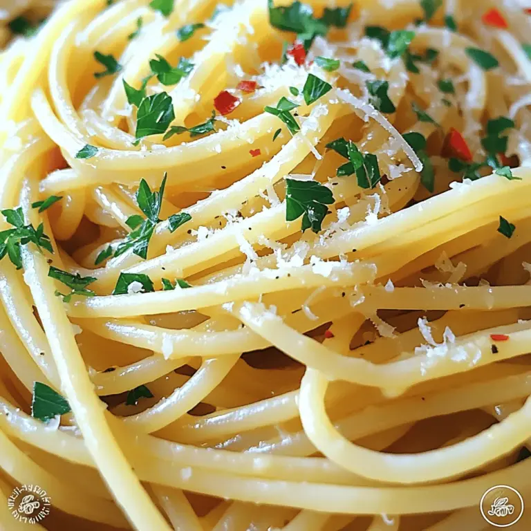 Um die einfache Knoblauchbutter Pasta zuzubereiten, brauchst du folgende Zutaten: - Pasta-Optionen und Portionsgröße - 225 g Spaghetti oder eine andere Pasta nach Wahl. Du kannst jede Form von Pasta verwenden, die du magst. - Auswahl der Butter und Knoblauch - 4 Esslöffel ungesalzene Butter. Ungesalzene Butter gibt mehr Kontrolle über den Salzgehalt. - 4 Knoblauchzehen, fein gehackt. Frischer Knoblauch bringt den besten Geschmack. - Zusätzliche Gewürze und Garnierungen - 1/4 Teelöffel rote Pfefferflocken (optional). Diese geben der Pasta etwas Schärfe. - Salz nach Geschmack. Achte darauf, es gleichmäßig zu verteilen. - Frisch gemahlener schwarzer Pfeffer nach Geschmack. Dieser sorgt für einen zusätzlichen Kick. - 60 ml frisch geriebener Parmesan. Parmesan macht die Pasta cremiger und würziger. - 2 Esslöffel gehackte frische Petersilie zur Garnierung. Petersilie bringt Farbe und Frische. - Abrieb von 1 Zitrone (optional). Der Zitronenabrieb fügt Helligkeit hinzu und rundet die Aromen ab. Mit diesen Zutaten bereitest du ein schnelles und köstliches Abendessen zu. Diese einfache Knoblauchbutter Pasta ist perfekt für einen stressfreien Abend. Du kannst die Zutaten nach deinem Geschmack anpassen. Um die perfekte Pasta zu machen, beginne mit einem großen Topf. Fülle ihn mit gesalzenem Wasser und bringe es zum Kochen. Füge deine Spaghetti hinzu. Koche sie nach den Anweisungen auf der Packung, bis sie al dente sind. Bevor du die Pasta abgießt, bewahre etwa 120 ml Nudelwasser auf. Dieses Wasser hilft später, die Sauce zu binden. Während die Pasta kocht, nimm eine große Pfanne. Schmelze die Butter bei mittlerer Hitze. Sobald die Butter schmilzt, füge den fein gehackten Knoblauch hinzu. Brate ihn 1-2 Minuten lang an, bis er aromatisch und leicht goldbraun ist. Achte darauf, den Knoblauch nicht zu verbrennen. Wenn du etwas Schärfe magst, füge jetzt die roten Pfefferflocken hinzu. Sie geben der Sauce einen tollen Kick. Wenn die Pasta fertig ist, gieße sie ab und gib sie direkt in die Pfanne mit der Knoblauchbutter. Mische alles gut durch. Füge nach und nach das reservierte Nudelwasser hinzu, bis die Sauce die gewünschte Konsistenz hat. Würze die Mischung mit Salz und frisch gemahlenem schwarzem Pfeffer nach deinem Geschmack. Nimm die Pfanne vom Herd und rühre den frisch geriebenen Parmesan unter. Wenn du magst, füge auch Zitronenabrieb hinzu, um einen frischen Geschmack zu erzielen. Serviere die Pasta sofort. Garniere sie mit gehackter Petersilie für einen schönen Farbklecks. Du findest das vollständige Rezept unter [Full Recipe]. Um die beste Pasta zu kochen, achte auf die richtige Menge Wasser. Ein Liter Wasser pro 100 g Pasta ist ideal. So kocht die Pasta gleichmäßig und klebt nicht. Koche die Pasta al dente. Das bedeutet, sie bleibt innen leicht fest. Das gibt der Pasta mehr Biss und Geschmack. Du kannst auch verschiedene Geschmäcker ausprobieren. Füge frische Kräuter wie Basilikum oder Oregano hinzu. Rote Pfefferflocken geben einen kleinen Kick. Zitronenabrieb bringt Frische. So wird deine Pasta nie langweilig. Hast du Pasta übrig? Kühl sie schnell ab und lagere sie in einem luftdichten Behälter. So bleibt sie frisch. Im Kühlschrank kann sie bis zu drei Tage halten. Zum Wiedererwärmen nutze eine Pfanne oder die Mikrowelle. Füge etwas Wasser hinzu, damit die Pasta nicht austrocknet. Ein häufiger Fehler ist, den Knoblauch zu überkochen. Achte darauf, ihn nur kurz anzubraten. So bleibt der Geschmack frisch und nicht bitter. Verwende auch die richtige Menge Salz. Zu viel Salz kann den ganzen Geschmack ruinieren. Beginne mit einer kleinen Menge und passe sie nach Geschmack an. So hast du immer die perfekte Pasta. {{image_4}} Um Ihre Knoblauchbutter Pasta noch besser zu machen, fügen Sie frisches Gemüse hinzu. Spinat ist eine tolle Wahl. Er wird weich und passt gut zu der Butter. Tomaten bringen eine süße Note. Sie können sie halbieren und in die Pfanne geben, während der Knoblauch brät. Wenn Sie mehr Protein möchten, probieren Sie Hühnchen oder Garnelen. Kochen Sie das Hühnchen vorher und schneiden Sie es in Stücke. Für Garnelen braten Sie sie einfach mit dem Knoblauch an. Beide Optionen machen die Pasta herzhaft und sättigend. Für eine vegane Version ersetzen Sie die Butter durch vegane Margarine oder Olivenöl. Diese Optionen geben Geschmack ohne tierische Produkte. Statt Parmesan verwenden Sie Nusskäse oder Nährhefe. Diese Zutaten sorgen für einen ähnlichen, herzhaften Geschmack. Wenn Sie glutenfrei essen, wählen Sie glutenfreie Nudeln. Viele Marken bieten gute Alternativen. Sie schmecken oft sehr ähnlich wie normale Pasta. Achten Sie darauf, die Kochzeit auf der Verpackung zu beachten. So wird die Pasta perfekt zubereitet. Für das Full Recipe dieser köstlichen Knoblauchbutter Pasta, schauen Sie sich die gesamte Anleitung an! Um die Reste von deinem Pasta-Gericht frisch zu halten, gebe sie in einen luftdichten Behälter. Achte darauf, dass die Pasta gut abgekühlt ist, bevor du sie lagerst. So vermeidest du Feuchtigkeit. Du kannst auch ein Papiertuch hinzufügen, um die Feuchtigkeit zu absorbieren. Lagere die Reste im Kühlschrank. Dort bleiben sie für etwa drei Tage frisch. Im Kühlschrank bleibt deine Knoblauchbutter Pasta etwa 3 Tage gut. Wenn du sie im Gefrierfach lagerst, kannst du sie bis zu 2 Monate aufbewahren. Achte darauf, die Pasta gut zu verpacken, um Gefrierbrand zu vermeiden. Label den Behälter mit dem Datum, damit du weißt, wie lange sie schon eingefroren ist. Wenn du die Knoblauchbutter vor der Zubereitung einfrieren möchtest, stelle sicher, dass du sie in kleinen Portionen aufteilst. Verwende Eiswürfelschalen oder kleine Behälter. So kannst du genau die Menge verwenden, die du brauchst. Lasse die Butter in der Schale gefrieren und lagere die Portionen dann in einem luftdichten Behälter. So hast du immer frische Knoblauchbutter für deine Pasta bereit. Die Zubereitung von Knoblauchbutter-Pasta dauert nur 15 Minuten. Sie brauchen 5 Minuten für die Vorbereitung und 10 Minuten für das Kochen. Kochen Sie die Pasta in gesalzenem Wasser, bis sie al dente ist. In der Zwischenzeit schmelzen Sie die Butter und braten den Knoblauch an. Das ist schnell und einfach! Ja, Sie können die Sauce im Voraus zubereiten. Kochen Sie die Butter und den Knoblauch, und lassen Sie die Mischung abkühlen. Lagern Sie die Sauce in einem luftdichten Behälter im Kühlschrank für bis zu drei Tage. Wenn Sie bereit sind zu essen, erhitzen Sie die Sauce einfach und fügen Sie die frisch gekochte Pasta hinzu. Wenn Sie keinen Parmesan haben, probieren Sie andere Käsesorten. Pecorino Romano ist eine gute Wahl. Für eine vegane Option nutzen Sie Hefeflocken. Diese geben einen käsigen Geschmack, ohne Milchprodukte zu verwenden. So bleibt Ihre Pasta lecker und vielseitig! Diese Anleitung zeigt, wie man köstliche Knoblauchbutter-Pasta zubereitet. Wir haben die besten Zutaten, die Zubereitung und Tipps besprochen. Sie können die Pasta nach Ihren Wünschen anpassen und verschiedene Zutaten hinzufügen. Vergessen Sie nicht, das Nudelwasser aufzuheben, um die Sauce perfekt zu machen. Auch die Aufbewahrung von Resten und die häufigsten Fehler wurden behandelt. Mit diesen Tipps sind Sie bereit, eine tolle Mahlzeit zu zaubern. Genießen Sie jede Biss!