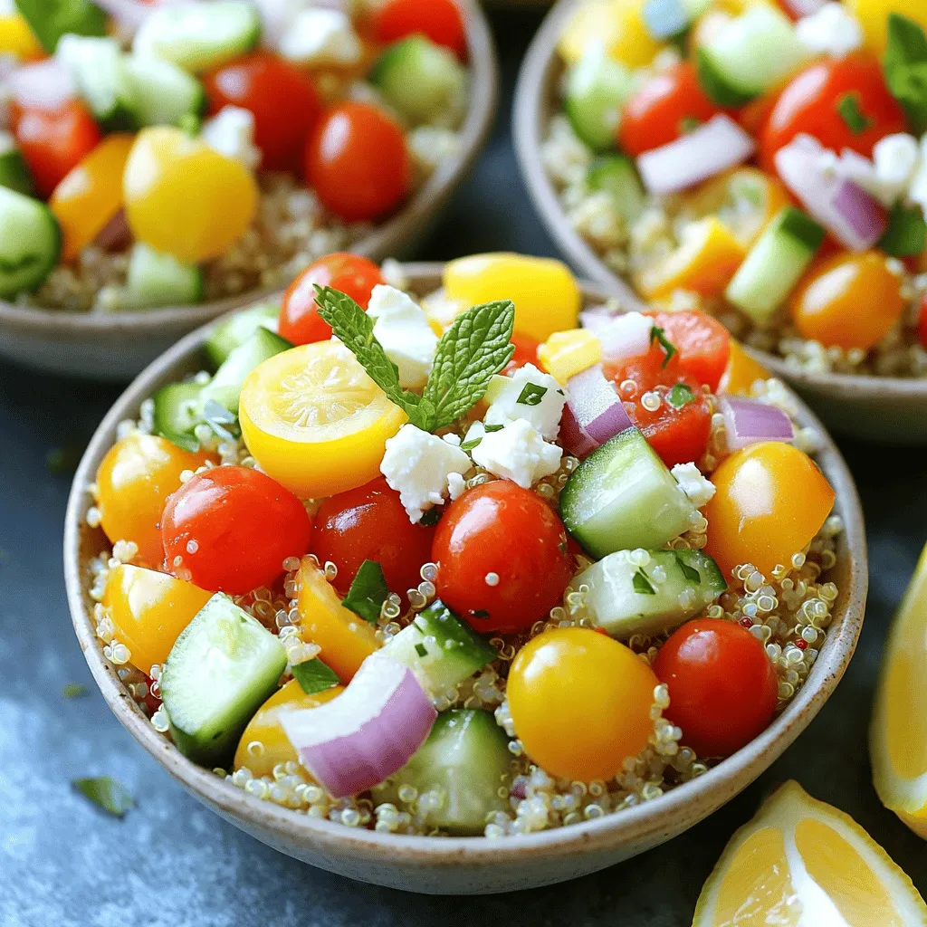 - 1 Tasse Quinoa - 2 Tassen Gemüsebrühe oder Wasser - 1 Tasse Kirschtomaten, halbiert - 1 Salatgurke, gewürfelt - 1 Paprika, gewürfelt - 1/2 rote Zwiebel, fein gehackt - 1/4 Tasse frische Petersilie, grob gehackt - 1/4 Tasse frische Minze, grob gehackt - Schale und Saft von 1 großen Zitrone - 2 Esslöffel Olivenöl - 1/4 Tasse Feta-Käse, zerbröckelt (optional) - Salz und Pfeffer nach Geschmack Für die Sommer Lemon Herb Quinoa Bowls sind die Zutaten wichtig. Quinoa ist die Basis. Diese kleine Körner sind gesund und lecker. Gemüsebrühe oder Wasser gibt Geschmack. Frisches Gemüse bringt Farbe und Knusprigkeit. Kirschtomaten und Gurken sorgen für Frische. Paprika und rote Zwiebel fügen Crunch hinzu. Kräuter wie Petersilie und Minze machen das Gericht lebendig. Sie geben einen tollen Duft. Zitronensaft und -schale bringen Säure. Olivenöl macht alles schön glatt. Feta-Käse ist eine optionale Ergänzung. Er gibt Cremigkeit und einen salzigen Biss. Die richtige Mischung dieser Zutaten ist der Schlüssel. Mit der Full Recipe kannst du alle Schritte leicht folgen. Es ist einfach und macht Spaß! - Bringe die Gemüsebrühe oder das Wasser in einem mittelgroßen Topf zum Kochen. - Füge die abgespülte Quinoa hinzu und reduziere die Hitze auf niedrig. Decke den Topf ab und lasse die Quinoa etwa 15 Minuten köcheln. - Nimm den Topf nach dem Kochen vom Herd und lasse die Quinoa weitere 5 Minuten zugedeckt ruhen. Lockere die Quinoa mit einer Gabel auf, sobald sie leicht abgekühlt ist. - Vermenge in einer großen Schüssel die Kirschtomaten, die Gurke, die Paprika, die rote Zwiebel, die Petersilie und die Minze. - Gib die gekochte Quinoa in die Schüssel und mische alles gut durch. - Beträufle die Mischung mit Olivenöl, Zitronensaft und Zitronenschale. - Schmecke alles mit Salz und Pfeffer ab. Für mehr Details, siehe das [Full Recipe]. Um perfekte Quinoa zu kochen, ist das Wasser-Quinoa-Verhältnis wichtig. Verwende zwei Tassen Wasser für jede Tasse Quinoa. Das sorgt dafür, dass die Quinoa weich und leicht wird. Bevor du die Quinoa kochst, spüle sie gründlich ab. Das Entfernen der Bitterstoffe verbessert den Geschmack. Nutze ein feines Sieb und spüle die Quinoa unter kaltem Wasser für etwa zwei Minuten. Frische Kräuter bringen das Gericht zum Strahlen. Petersilie und Minze sind tolle Optionen. Sie fügen Frische hinzu und machen die Schalen lebendig. Du kannst auch andere Kräuter wie Basilikum oder Dill verwenden. Variiere die Gewürze nach deinem Geschmack. Füge etwas Kreuzkümmel oder Paprika hinzu, um die Quinoa zu würzen. Eine Prise Chili bringt eine angenehme Schärfe. Experimentiere und finde deine Lieblingskombination. Präsentation ist wichtig. Serviere die Quinoa-Schalen in hübschen Schalen oder Tellern. Das Auge isst mit. Garnierungen machen einen großen Unterschied. Verwende frische Kräuter oder Zitronenscheiben. Diese kleinen Details machen deine Schalen einladender und schöner. Für das beste Ergebnis, folge dem Full Recipe und genieße deine Sommer Lemon Herb Quinoa Bowls! {{image_4}} Fügen Sie Ihrer Quinoa-Schale Protein hinzu. Eine tolle Option sind Bohnen oder Kichererbsen. Sie sind nahrhaft und leicht zu finden. Einfach eine Tasse abspülen und unter die Mischung heben. Für mehr Geschmack können Sie auch Fleisch oder Fisch verwenden. Gegrilltes Hähnchen oder Lachs passen hervorragend. Diese Optionen machen das Gericht sättigender und noch schmackhafter. Experimentieren Sie mit verschiedenen Gemüsesorten. Saisongemüse bringt frische Aromen. Denken Sie an Zucchini, Spargel oder Erbsen. Diese Gemüse sind einfach zuzubereiten und fügen Farbe hinzu. Wenn Sie eine Alternative zur Gurke oder Paprika suchen, probieren Sie Avocado oder Radieschen. Sie geben der Schale eine neue Textur. Schneiden Sie sie in kleine Stücke und mischen Sie sie gut. Das Dressing macht einen großen Unterschied. Verwenden Sie andere Öle oder Essige für neue Geschmäcker. Zum Beispiel, versuchen Sie Walnussöl für eine nussige Note. Ein Spritzer Balsamico-Essig kann auch interessant sein. Fügen Sie zusätzliche Aromen hinzu, wie Knoblauch oder Senf. Diese kleinen Änderungen bringen Abwechslung und Freude in Ihr Gericht. So bleibt die Quinoa-Schale immer spannend. Für das vollständige Rezept schauen Sie sich die Sommerliche Zitronenkräuter-Quinoa-Schalen an. Die Sommer Lemon Herb Quinoa Bowls bleiben frisch, wenn du sie im Kühlschrank lagerst. Sie halten bis zu 3 Tage. Achte darauf, die Quinoa in einem luftdichten Behälter zu verstauen. Das schützt die Aromen und die Frische. Wenn du die Schalen einfrieren möchtest, ist das auch möglich! Teile die Schalen in Portionen auf und packe sie in gefriergeeignete Behälter. So hast du immer eine gesunde Mahlzeit zur Hand. Um die Quinoa Bowls aufzuwärmen, nutze die Mikrowelle oder den Herd. Wenn du die Mikrowelle wählst, decke die Schale ab, damit sie gleichmäßig warm wird. Auf dem Herd kannst du etwas Wasser hinzufügen, um die Quinoa feucht zu halten. Nach dem Auftauen serviere die Schalen mit einem Spritzer frischem Zitronensaft. Das bringt den frischen Geschmack zurück. Du kannst viel Zeit sparen, wenn du frische Zutaten im Voraus vorbereitest. Wasche und schneide das Gemüse wie Gurke und Paprika. Lagere sie in separaten Behältern im Kühlschrank. So sind sie bereit, wenn du die Quinoa Bowls zubereiten möchtest. Auch die Quinoa kannst du im Voraus kochen. Bewahre die gekochte Quinoa in einem luftdichten Behälter auf. So bleibt sie frisch und lecker für deine Sommer Lemon Herb Quinoa Bowls. Quinoa bleibt im Kühlschrank bis zu 3 Tage frisch. Lagern Sie sie in einem luftdichten Behälter. Achten Sie darauf, die Quinoa gut abzukühlen, bevor Sie sie lagern. Wenn sie noch feucht ist, kann sie schneller verderben. Prüfen Sie vor dem Essen immer auf Geruch oder Schimmel. Ja, Sie können diese Schalen ganz einfach vegan machen. Lassen Sie den Feta-Käse einfach weg. Sie können stattdessen Avocado oder geröstete Nüsse hinzufügen. Diese Optionen bringen Geschmack und Textur in Ihr Gericht. Auch das Olivenöl und die Kräuter sind vegan und sorgen für frische Aromen. Eine Portion dieser Quinoa-Schalen hat etwa 250 Kalorien. Diese Zahl kann variieren, je nachdem, ob Sie den Feta hinzufügen oder andere Zutaten verwenden. Quinoa ist reich an Ballaststoffen und Proteinen, was sie zu einer nahrhaften Wahl macht. Sie ist perfekt für ein leichtes Mittagessen oder Abendessen. Ja, Sie können die Quinoa im Voraus zubereiten. Kochen Sie sie einfach und lassen Sie sie abkühlen. Lagern Sie die gekochte Quinoa im Kühlschrank für bis zu 3 Tage. Wenn Sie die Schalen zubereiten, vermengen Sie die Quinoa mit frischem Gemüse kurz vor dem Servieren. So bleiben die Aromen frisch und knackig. Zusammenfassend hilft dieses Rezept, gesunde Quinoa-Schalen schnell zuzubereiten. Die Hauptzutaten sind Quinoa, frisches Gemüse und ein einfaches Dressing. Mit guten Tipps gelingt das Kochen und die Lagerung perfekt. Denken Sie daran, die Quinoa gut abzuspülen und frische Kräuter zu verwenden. Variationen bringen neuen Geschmack und Vielfalt. Nutzen Sie diese Ideen, um Ihre Mahlzeiten zu bereichern. Es ist einfach, gesund und lecker!