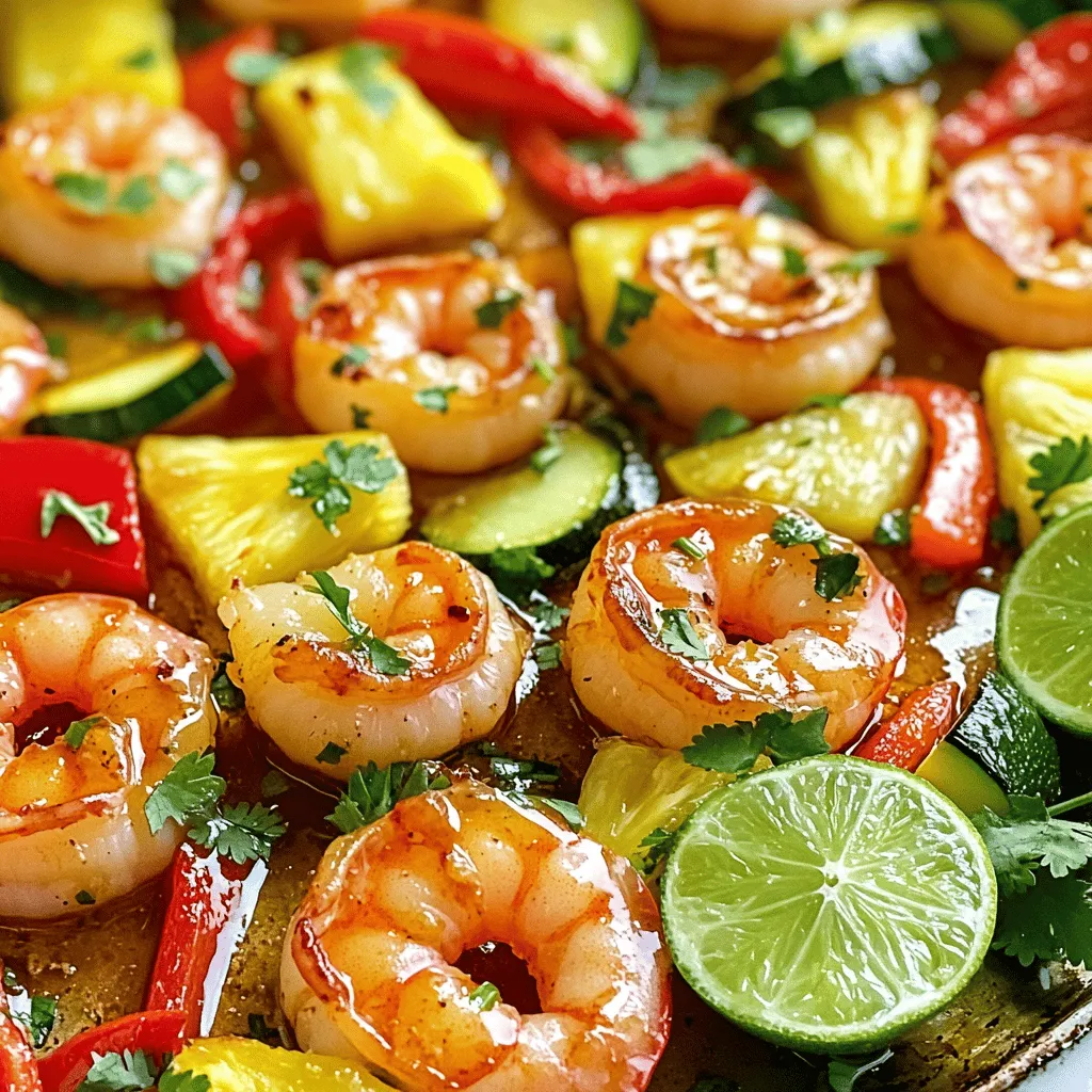 - 450 g große Garnelen, geschält und entdarmt - 60 ml Honig - 60 ml frischer Limettensaft (etwa 2 Limetten) Die Hauptzutaten sind einfach und frisch. Garnelen sind die Hauptquelle für Protein. Ihr zarter Geschmack passt perfekt zu Honig und Limettensaft. Honig bringt Süße, während Limettensaft eine schöne Säure hinzufügt. Diese Aromen kombinieren sich gut und machen das Gericht lecker. - 1 rote Paprika, in Streifen geschnitten - 1 Zucchini, in Scheiben geschnitten - 240 g frische Ananasstücke Das Gemüse und die Beilagen bringen Farbe und Geschmack. Rote Paprika hat einen süßen Geschmack und viel Vitamin C. Zucchini ist mild und nimmt Gewürze gut auf. Ananas bringt eine tropische Note und ergänzt die Süße des Honigs. Diese Zutaten machen das Gericht gesund und bunt. - 30 ml Olivenöl - 2 Knoblauchzehen, fein gehackt - 1 Teelöffel gemahlener Kreuzkümmel - 1/2 Teelöffel geräuchertes Paprikapulver - 1/4 Teelöffel schwarzer Pfeffer - Salz nach Geschmack Gewürze sind der Schlüssel für Geschmack. Olivenöl hilft, alles gut zu vermischen. Knoblauch gibt einen starken, aromatischen Geschmack. Kreuzkümmel hat einen warmen, erdigen Geschmack, der gut zu Garnelen passt. Geräuchertes Paprikapulver fügt Tiefe hinzu, während Pfeffer und Salz die Aromen verstärken. Diese Mischung macht das Gericht besonders. Für das vollständige Rezept schauen Sie sich die Tropische Freude Blechpfanne Honig-Limetten-Garnelen an. - Heize den Ofen auf 200°C vor. - Lege ein großes Backblech mit Backpapier aus. Das macht die Reinigung einfach. - Mische in einer Schüssel Honig, Limettensaft und Olivenöl. - Füge gehackten Knoblauch, Kreuzkümmel, geräuchertes Paprikapulver, schwarzen Pfeffer und Salz hinzu. Rühre alles gut um. - Lege die Garnelen in einen Plastikbeutel und gieße die Hälfte der Marinade darüber. Verschließe den Beutel und lasse die Garnelen 15 Minuten im Kühlschrank marinieren. - Lege geschnittene rote Paprika, Zucchini und Ananasstücke auf das Backblech. - Gieße die restliche Marinade über das Gemüse und vermische alles gut. - Nimm die Garnelen aus dem Kühlschrank. Lege sie gleichmäßig auf das Gemüse und die Ananas. - Backe alles für 10-12 Minuten im Ofen. Die Garnelen sollten rosa und undurchsichtig sein. Das Gemüse muss zart werden. - Nimm das Blech aus dem Ofen. Streue frischen Koriander darüber und serviere die Garnelen mit Limettenschnitzen. Für die vollständige Zubereitung kannst du die [Full Recipe] einsehen. - Richtige Backtemperatur: Heize deinen Ofen auf 200°C vor. Diese Temperatur sorgt dafür, dass die Garnelen perfekt garen. Zu hohe Temperaturen können die Garnelen trocken machen. - Anrichten für gleichmäßiges Garen: Lege die Garnelen und das Gemüse in einer einzigen Schicht auf das Backblech. So gart alles gleichmäßig. Vermeide es, die Zutaten zu überlappen. Das hilft dabei, die Aromen zu bewahren. - Kurze vs. lange Marinierung: Du kannst die Garnelen nur 15 Minuten marinieren. Das gibt ihnen schon viel Geschmack. Wenn du mehr Zeit hast, lasse sie bis zu einer Stunde marinieren. So ziehen die Aromen besser ein und machen die Garnelen saftiger. - Anrichten und Garnieren: Serviere die Garnelen zusammen mit dem Gemüse und der Ananas auf großen Tellern. Streue frischen Koriander darüber für eine schöne Farbe. Limettenschnitze dazu geben einen tollen Spritzer Frische. So sieht dein Gericht nicht nur toll aus, sondern schmeckt auch besser. Für das Full Recipe kannst du die genauen Schritte und Zutaten sehen. {{image_4}} Wenn Sie kein Fan von Garnelen sind, probieren Sie Hühnchen oder Tofu. Hühnchen hat einen milden Geschmack und nimmt Aromen gut auf. Schneiden Sie die Hühnchenbrust in kleine Stücke und marinieren Sie sie auf die gleiche Weise wie die Garnelen. Tofu ist eine tolle vegane Option. Verwenden Sie festen Tofu, drücken Sie ihn gut aus und schneiden Sie ihn in Würfel. Marinieren Sie ihn auch und braten Sie ihn auf dem Blech. Saisonales Gemüse kann das Gericht frisch und spannend machen. Verwenden Sie zum Beispiel Brokkoli, Karotten oder Spargel. Diese Gemüse passen gut zu den Aromen der Marinade. Schneiden Sie sie in gleich große Stücke, damit sie gleichmäßig garen. Experimentieren Sie mit verschiedenen Farben und Texturen, um das Gericht lebendiger zu machen. Fügen Sie weitere Gewürze und Aromen hinzu, um das Gericht zu verfeinern. Chili-Pulver bringt eine scharfe Note. Limettenschale gibt einen frischen Zitrusgeschmack. Frische Kräuter wie Basilikum oder Minze können ebenfalls eine schöne Ergänzung sein. Lassen Sie Ihrer Kreativität freien Lauf und finden Sie Ihre Lieblingskombinationen. Für das vollständige Rezept, sehen Sie sich die Tropische Freude Blechpfanne Honig-Limetten-Garnelen an. - Kühlen Sie die Garnelen sofort nach dem Kochen ab. - Lagern Sie die Garnelen in einem luftdichten Behälter im Kühlschrank. - Garnelen halten sich bis zu drei Tage in der Kühlung. - Erhitzen Sie Garnelen sanft in einer Pfanne. - Fügen Sie etwas Öl oder Butter hinzu, um sie saftig zu halten. - Sie können auch die Mikrowelle nutzen. Erwärmen Sie sie in kurzen Intervallen. - Achten Sie darauf, sie nicht zu lange zu erhitzen, sonst werden sie zäh. - Frische Garnelen sind bis zu zwei Tage haltbar, wenn sie richtig gelagert werden. - Reste von gekochten Garnelen können bis zu drei Tage im Kühlschrank bleiben. - Achten Sie immer auf den Geruch und das Aussehen, um sicherzustellen, dass sie frisch sind. Um die Garnelen saftiger zu machen, marinieren Sie sie gut. Verwenden Sie die Honig-Limetten-Marinade aus dem Rezept. Die Säure des Limettensafts hilft, die Garnelen zart zu machen. Lassen Sie die Garnelen mindestens 15 Minuten marinieren. Wenn Sie mehr Zeit haben, können Sie sie auch länger marinieren, bis zu zwei Stunden. Zu viel Marinade kann jedoch die Textur verändern. Ja, Sie können dieses Rezept vorab zubereiten. Marinieren Sie die Garnelen und das Gemüse am Vortag. Lagern Sie sie dann im Kühlschrank. So sparen Sie Zeit am Tag des Kochens. Vergessen Sie nicht, die Garnelen und das Gemüse gleichmäßig auf dem Blech zu verteilen, wenn Sie sie backen. Zu den Garnelen passen viele Beilagen. Probieren Sie Reis oder Quinoa für mehr Fülle. Ein frischer Salat ergänzt die Aromen gut. Auch Brot passt hervorragend, um die leckere Marinade aufzutunken. Das Rezept stammt aus meiner Leidenschaft für tropische Aromen und schnelle Gerichte. Ich liebe es, einfache Zutaten zu kombinieren. Diese Rezeptidee ist von meinen Reisen inspiriert, wo ich frische Meeresfrüchte und Obst genossen habe. Es bringt den Geschmack des Sommers auf den Tisch. Für die vollständige Zubereitung und die genauen Mengen der Zutaten, schauen Sie sich das [Full Recipe] an. Zusammengefasst hast du alle Schritte für die tropischen Honig-Limetten-Garnelen kennengelernt. Du weißt jetzt, welche Zutaten du brauchst, wie du alles zubereitest und perfekt präsentierst. Experimentiere mit Variationen, um neue Geschmäcker zu entdecken. Denke auch an die Lagerung und Aufwärmtipps für beste Ergebnisse. Koche los und genieße dein leckeres Gericht!