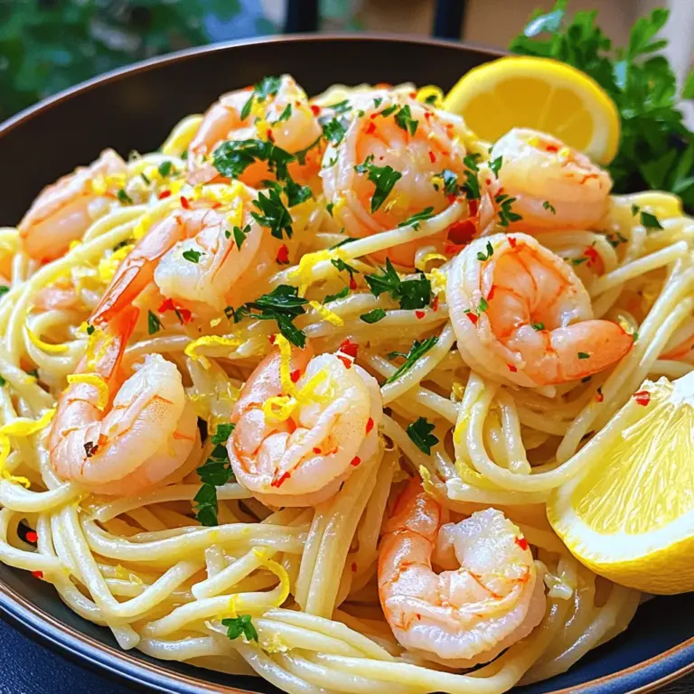 Für diese köstliche Pasta brauchen Sie einige wichtige Zutaten. Hier ist die Liste: - 225 g Spaghetti oder Linguine - 450 g große Garnelen, geschält und entdarmt - 60 ml Olivenöl - 4 Knoblauchzehen, fein gehackt - 1 Zitrone, abgepellt und ausgepresst - 1/2 Teelöffel rote Pfefferflocken - Salz und schwarzer Pfeffer nach Geschmack - 1/4 Tasse frische Petersilie, gehackt - Geriebener Parmesan zum Servieren (optional) Diese Zutaten sind leicht zu finden. Die Garnelen bringen einen tollen Geschmack. Die Zitrone sorgt für Frische. Neben den Hauptzutaten sind Gewürze wichtig. Sie geben Geschmack und Tiefe. Hier sind die wichtigsten Gewürze: - Rote Pfefferflocken: Diese bringen eine leichte Schärfe. Sie können die Menge nach Ihrem Geschmack anpassen. - Salz und schwarzer Pfeffer: Diese sind Grundgewürze. Sie heben den Geschmack der Pasta und Garnelen hervor. Die Kombination dieser Gewürze macht das Gericht besonders lecker. Manchmal möchte man etwas Extra hinzufügen. Hier sind einige optionale Zutaten: - Geriebener Parmesan: Dieser Käse gibt einen cremigen Geschmack. Er passt gut zur Zitrone. - Weitere Kräuter: Frischer Basilikum oder Schnittlauch können das Gericht aufpeppen. Diese Zutaten sind nicht notwendig, aber sie können das Gericht besonders machen. Wenn Sie experimentieren, finden Sie Ihren eigenen Geschmack! Beginne mit dem Kochen der Pasta. Nimm einen großen Topf und fülle ihn mit Wasser. Füge etwas Salz hinzu. Bringe das Wasser zum Kochen. Gib die Spaghetti oder Linguine ins Wasser. Koche die Pasta gemäß den Anweisungen auf der Verpackung. Sie sollte al dente sein. Bevor du die Pasta abgießt, behalte eine Tasse Nudelwasser. Dieses Wasser hilft, die Sauce später zu binden. Erhitze in einer großen Pfanne das Olivenöl bei mittlerer Hitze. Wenn das Öl heiß ist, füge den gehackten Knoblauch und die roten Pfefferflocken hinzu. Brate sie für 1 bis 2 Minuten. Der Knoblauch sollte duften, aber nicht braun werden. Jetzt ist es Zeit für die Garnelen. Erhöhe die Hitze auf mittelhoch. Gib die Garnelen in die Pfanne und würze sie mit Salz und Pfeffer. Brate die Garnelen für 2 bis 3 Minuten auf jeder Seite. Sie sollten rosa und opak sein. Nimm die gekochte Pasta und gib sie in die Pfanne. Füge den Zitronensaft und die abgeriebene Zitronenschale hinzu. Gieße einen Spritzer des reservierten Nudelwassers dazu. Mische alles gut durch. Wenn die Pasta zu trocken aussieht, füge mehr Nudelwasser hinzu. Jetzt kommt die gehackte Petersilie dazu. Rühre sie unter und passe den Geschmack mit mehr Salz und Pfeffer an. Für die vollständige Anleitung und Details zu den Zutaten, schau dir das Full Recipe an. Die Garzeit für Garnelen ist entscheidend. Sie sollten rosa und opak sein. Überkochte Garnelen werden gummiartig. Kochen Sie sie für 2-3 Minuten auf jeder Seite. Achten Sie darauf, die Garnelen nicht zu lange in der Pfanne zu lassen. Das schnelle Garen sorgt für den besten Geschmack. Wenn Sie frische Garnelen verwenden, sollten diese gleichmäßiger garen. Tiefkühl-Garnelen benötigen oft etwas mehr Zeit. Achten Sie darauf, dass sie gut aufgetaut sind, bevor Sie sie kochen. Die richtige Garzeit für die Pasta ist ebenso wichtig. Kochen Sie die Spaghetti oder Linguine nach den Anweisungen auf der Verpackung. Testen Sie die Pasta ein bis zwei Minuten vor dem Ende der Garzeit. Sie sollte al dente sein, also bissfest. Wenn die Pasta zu weich ist, verliert sie ihren guten Biss. Bewahren Sie eine Tasse Nudelwasser auf, um die Konsistenz später anzupassen. Wenn die Pasta trocken erscheint, helfen ein paar Esslöffel des Wassers. Um das Gericht besonders zu machen, können Sie mit Kräutern und Gewürzen spielen. Frische Petersilie bringt Farbe und Aroma. Experimentieren Sie mit Basilikum oder Oregano für einen anderen Geschmack. Fügen Sie mehr rote Pfefferflocken hinzu, wenn Sie es scharf mögen. Zitronenschale verstärkt den frischen Geschmack der Zitrone. Wenn Sie mögen, können Sie auch Parmesan oder Pecorino für mehr Tiefe hinzufügen. Seien Sie kreativ und finden Sie Ihre perfekte Mischung! Für das komplette Rezept, können Sie die [Full Recipe] ansehen. {{image_4}} Du kannst die Garnelen durch Gemüse ersetzen. Zucchini, Spargel oder Pilze sind tolle Optionen. Diese Gemüse geben dir den Geschmack, den du suchst. Sie sind leicht, gesund und passen gut zu Pasta. Brate das Gemüse einfach in Olivenöl an, wie bei den Garnelen. So bleibt alles frisch und lecker. Wenn du mehr Eiweiß brauchst, füge Hühnchen oder Tofu hinzu. Hühnchenbrust ist einfach zu kochen und passt gut zum Gericht. Tofu gibt es in verschiedenen Sorten, also wähle den, der dir am besten gefällt. Schneide es in Würfel und brate es mit dem Knoblauch an. Das bringt zusätzlichen Geschmack und Nährstoffe. Eine frische Beilage macht das Essen noch besser. Ein einfacher grüner Salat ist perfekt. Du kannst auch geröstetes Gemüse oder Knoblauchbrot dazu servieren. Diese Beilagen bringen Farbe auf den Tisch und runden das Gericht ab. Denke daran, das Gericht schön anzurichten. Eine Zitronenscheibe und frische Petersilie geben einen tollen Akzent. So sieht alles einladend aus und schmeckt noch besser. Um die Reste Ihrer Zitronen-Knoblauch-Garnelen-Pasta frisch zu halten, verwenden Sie einen luftdichten Behälter. Lassen Sie die Pasta zuerst auf Raumtemperatur abkühlen. Füllen Sie dann den Behälter und schließen Sie ihn fest. So bleibt der Geschmack gut erhalten. Beim Aufwärmen ist es wichtig, die Pasta nicht zu überhitzen. Geben Sie die Reste in eine Pfanne. Fügen Sie einen Esslöffel Wasser oder Olivenöl hinzu. Erhitzen Sie die Mischung bei mittlerer Hitze. Rühren Sie oft um, damit die Garnelen nicht zäh werden. Sie können die Pasta auch in der Mikrowelle erwärmen. Decken Sie die Schüssel ab, um Feuchtigkeit zu halten. Im Kühlschrank hält sich die Zitronen-Knoblauch-Garnelen-Pasta etwa 2-3 Tage. Achten Sie darauf, die Reste schnell zu lagern. Wenn Sie die Pasta länger aufbewahren möchten, können Sie sie einfrieren. In einem gefrierfesten Behälter bleibt die Pasta bis zu 2 Monate frisch. Um die beste Qualität zu erhalten, sollten Sie die Garnelen-Pasta nicht länger als nötig aufbewahren. Um Zitronen-Knoblauch-Garnelen-Pasta zu machen, beginne mit dem Kochen der Pasta. Verwende Spaghetti oder Linguine. Koche die Nudeln in gesalzenem Wasser, bis sie al dente sind. Halte etwas Nudelwasser zurück. In einer großen Pfanne erhitze Olivenöl. Füge fein gehackten Knoblauch und rote Pfefferflocken hinzu. Brate sie kurz an, bis sie duften. Jetzt kommen die Garnelen dazu. Gar sie auf jeder Seite 2-3 Minuten, bis sie rosa sind. Vermenge die Nudeln mit Zitronensaft, Zitronenschale und etwas Nudelwasser. Mische alles gut und passe die Würze an. Zum Schluss rühre frische Petersilie unter und serviere. Zu dieser Pasta passen viele Beilagen. Ein frischer, grüner Salat ist eine gute Wahl. Auch geröstetes Gemüse oder ein einfaches Brot sind lecker. Du kannst auch gegrillte Zucchini oder Spargel anbieten. Diese Beilagen ergänzen den Geschmack der Pasta gut. Sie bringen mehr Textur und Farbe auf den Tisch. Für etwas Knuspriges kannst du auch Knoblauchbrot servieren. Es ist einfach und macht dein Essen noch besser. Ja, du kannst das Rezept glutenfrei machen. Verwende glutenfreie Pasta statt normaler Spaghetti oder Linguine. Es gibt viele Marken, die guten Geschmack bieten. Achte darauf, dass alle anderen Zutaten ebenfalls glutenfrei sind. Das Olivenöl, der Knoblauch und die Garnelen sind in der Regel glutenfrei. Du kannst auch glutenfreie Gewürze verwenden. So bleibt der Geschmack gleich, und du kannst die Pasta genießen, ohne Gluten zu essen. Zitronen-Knoblauch-Garnelen-Pasta ist einfach und lecker. Wir haben die Zutaten, die Zubereitung und hilfreiche Tipps durchgegangen. Denke daran, die Garzeit der Garnelen genau zu beachten. Du kannst auch mit Kräutern und Gewürzen kreativ werden. Variationen machen das Gericht noch spannender. Du kannst Reste leicht lagern und aufwärmen. Mit diesen Informationen bist du bereit, ein tolles Gericht zu kochen. Viel Spaß beim Ausprobieren!