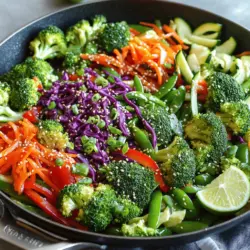 Um das Rainbow Veggie Stir Fry Skillet zuzubereiten, brauchst du frisches und buntes Gemüse. Hier sind die Zutaten: - 1 Tasse Broccoliröschen - 1 Paprika (nach Wahl), in Scheiben geschnitten - 1 Tasse Zuckerschoten - 1 mittelgroße Karotte, in feine Streifen geschnitten - 1 Tasse Rotkohl, fein gehobelt - 1 Tasse Zucchini, in Scheiben geschnitten Die Gewürze und Öle bringen tollen Geschmack ins Gericht: - 3 Knoblauchzehen, fein gehackt - 1 Esslöffel frischer Ingwer, gerieben - 3 Esslöffel Sojasauce (oder Tamari für glutenfrei) - 2 Esslöffel Sesamöl - 1 Esslöffel Olivenöl Für die Garnitur kannst du das Gericht noch verschönern: - 1 Teelöffel Sesamsamen (zum Garnieren) - Frischer Koriander oder Frühlingszwiebeln zur Garnierung (optional) Mit dieser Zutatenliste bereitest du ein gesundes, farbenfrohes Gericht zu. Die Anordnung der Farben macht das Essen noch einladender. Die knackigen Gemüse geben dir den perfekten Biss. Das gesamte Rezept findest du in der Full Recipe, wo ich dir jeden Schritt genau erkläre. Zuerst waschen Sie das Gemüse gründlich. Schneiden Sie den Broccoli in kleine Röschen. Die Paprika schneiden Sie in Scheiben. Die Zuckerschoten lassen Sie ganz. Schneiden Sie die Karotte in feine Streifen. Hobeln Sie den Rotkohl fein. Die Zucchini schneiden Sie ebenfalls in Scheiben. Für den Geschmack bereiten Sie den Knoblauch und den Ingwer vor. Hacken Sie drei Knoblauchzehen fein. Reiben Sie einen Esslöffel frischen Ingwer. Diese beiden Zutaten bringen viel Aroma ins Gericht. Erhitzen Sie in einer großen Pfanne oder einem Wok das Olivenöl bei mittlerer bis hoher Hitze. Geben Sie dann den gehackten Knoblauch und den geriebenen Ingwer in die Pfanne. Braten Sie diese etwa 30 Sekunden lang an, bis sie duften. Fügen Sie nun die Broccoliröschen und die geschnittene Paprika hinzu. Braten Sie beides 3-4 Minuten lang, bis sie weich werden. Dann kommen die Zuckerschoten, die Karotte, der Rotkohl und die Zucchini dazu. Braten Sie alles für weitere 4-5 Minuten. Das Gemüse sollte lebendig und knackig bleiben. Jetzt würzen Sie das Gemüse mit Sojasauce und Sesamöl. Mischen Sie alles gut. Lassen Sie es für 2-3 Minuten weiterkochen. Schmecken Sie das Gericht mit Salz und Pfeffer ab. Passen Sie die Würze nach Ihrem Geschmack an. Nehmen Sie die Pfanne vom Herd. Garnieren Sie das Gemüse mit Sesamsamen. Optional können Sie frischen Koriander oder Frühlingszwiebeln darüber streuen. Servieren Sie das Gericht heiß. Für den besten Genuss, probieren Sie den Full Recipe. Der richtige Gargrad ist wichtig, um knackiges Gemüse zu erhalten. Ich empfehle, das Gemüse kurz anzubraten. So bleibt es frisch und behält seine Farbe. Achte darauf, die verschiedenen Gemüsesorten zur richtigen Zeit hinzuzufügen. Broccoli und Paprika brauchen mehr Zeit, während Zuckerschoten und Zucchini schnell gar sind. Du kannst die Sojasauce durch Tamari oder Kokosnussaminos ersetzen. Diese Alternativen sind glutenfrei und machen das Gericht noch leckerer. Probiere auch, weiteres Gemüse wie Spinat oder Pilze hinzuzufügen. Für mehr Proteine sind Tofu oder Hühnchen tolle Optionen. Diese Ergänzungen bringen neue Geschmäcker in dein Gericht. Die Sojasauce und das Sesamöl kannst du nach deinem Geschmack anpassen. Mehr Sojasauce sorgt für mehr Tiefe, während weniger das Gericht leichter macht. Frische Kräuter wie Koriander oder Basilikum geben zusätzliches Aroma. Auch Gewürze wie Chili oder Pfeffer bringen einen aufregenden Kick. Experimentiere mit verschiedenen Kombinationen, um dein ideales Gemüsegericht zu finden! {{image_4}} Für gesunde Optionen wählen Sie frisches Gemüse. Sie können das Gericht vegan gestalten. Lassen Sie die Sojasauce weg und verwenden Sie Gemüsebrühe. Glutenfreie Alternativen sind ebenfalls leicht. Nutzen Sie Tamari anstelle von Sojasauce. So bleibt das Gericht frei von Gluten. Passen Sie das Gemüse der Saison an. Im Frühling können Sie Spargel oder Erbsen hinzufügen. Im Sommer sind Zucchini und Paprika perfekt. Bei Herbst- oder Wintervariationen verwenden Sie Wurzelgemüse. Karotten und Süßkartoffeln bringen Wärme und Geschmack. Für eine Low-Carb-Variante lassen Sie die Zuckerschoten weg. Fügen Sie stattdessen Blumenkohlröschen hinzu. Keto-Fans können auch mehr Zucchini verwenden. Paleo-Anhänger sollten die Sojasauce durch Kokosaminos ersetzen. So bleibt das Gericht gesund und lecker. Für die vollständige Rezeptbeschreibung schauen Sie sich das [Full Recipe] an. Lagere dein Rainbow Veggie Stir Fry Skillet im Kühlschrank. Verwende dafür einen luftdichten Behälter. So bleibt das Gemüse frisch und knackig. Dieses Gericht hält sich bis zu drei Tage. Achte darauf, dass das Gemüse gut abgekühlt ist, bevor du es in den Kühlschrank stellst. Wenn du das Gericht wieder aufwärmen möchtest, gibt es zwei gute Methoden: die Mikrowelle und die Pfanne. - Mikrowelle: Setze das Gericht in eine mikrowellengeeignete Schüssel. Decke es mit einem feuchten Papiertuch ab. So bleibt das Gemüse saftig. Erwärme es in 30-Sekunden-Intervallen, bis es heiß ist. - Pfanne: Erhitze etwas Öl in einer Pfanne auf mittlerer Hitze. Füge das Gemüse hinzu und brate es kurz an. Diese Methode hilft, die Knackigkeit zu bewahren. Rühre das Gemüse ständig, damit es gleichmäßig warm wird. Verwende übrig gebliebenes Gemüse kreativ! Du kannst es in Wraps oder Sandwiches verwenden. Mische das Gemüse in einen Salat für mehr Farbe und Geschmack. Eine andere Möglichkeit ist, das Gemüse in Omeletts zu geben. So erhältst du ein schnelles und gesundes Frühstück. Auch in einer Suppe macht sich das Gemüse gut. Experimentiere und finde deine Lieblingsverwendung für die Reste! Sie können das Gericht im Kühlschrank bis zu 3 Tage aufbewahren. Stellen Sie sicher, dass Sie es in einem luftdichten Behälter lagern. Im Gefrierschrank hält es bis zu 3 Monate. Denken Sie daran, das Gemüse vor dem Einfrieren gut abzukühlen. Ja, Sie können anderes Gemüse verwenden! Mögen Sie Blumenkohl oder Aubergine? Fühlen Sie sich frei, nach Belieben zu ersetzen. Nutzen Sie das, was gerade frisch ist oder in Ihrem Kühlschrank liegt. Das macht das Gericht besonders und interessant. Ja, dieses Gericht ist sowohl vegan als auch vegetarisch. Es enthält nur Gemüse und pflanzliche Öle. Wenn Sie spezielle Ernährungsbedürfnisse haben, können Sie die Sojasauce durch Tamari ersetzen. So bleibt es glutenfrei und lecker! Dieses Gericht ist einfach zuzubereiten und bietet viele gesunde Zutaten. Wir haben alles abgedeckt, von der Vorbereitung über das Kochen bis hin zu Variationen und Lagertipps. Experimentiere mit Gewürzen und Gemüse für deinen eigenen Geschmack. Denke daran, dass du das Rezept anpassen und auch leckere Reste nutzen kannst. Statt Langeweile beim Essen gibt es mehr Vielfalt und Freude. So kannst du jeden Biss genießen und gleichzeitig gesund leben.
