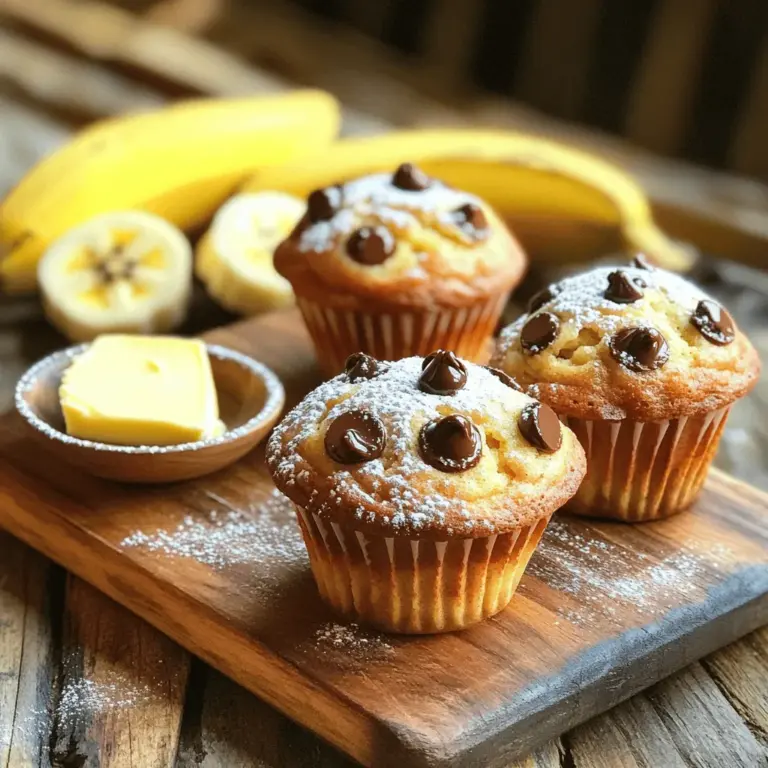 - 2 reife Bananen - 1/3 Tasse geschmolzenes Kokosöl - 1/2 Tasse brauner Zucker Um köstliche Schokoladenstückchen Bananenmuffins zu machen, starte mit den Hauptzutaten. Du brauchst zwei reife Bananen. Die Bananen geben den Muffins ihre Feuchtigkeit und Süße. Das geschmolzene Kokosöl sorgt für einen tollen Geschmack und macht die Muffins saftig. Verwende 1/3 Tasse davon. Brauner Zucker ist wichtig. Er bringt eine tiefere Süße und trägt zur Farbgebung bei. 1/2 Tasse reicht aus, um den perfekten Geschmack zu erreichen. - 1/4 Teelöffel gemahlener Zimt - Zusätzliche Schokoladenstückchen zur Dekoration Für etwas mehr Geschmack kannst du Zimt hinzufügen. Ein Viertel Teelöffel reicht. Zimt passt gut zu Bananen. Wenn du die Muffins noch schöner machen willst, füge zusätzliche Schokoladenstückchen oben drauf. Das sieht toll aus und schmeckt fantastisch. - Portionen: 12 Muffins - Vorbereitungszeit: 10 Minuten - Gesamtzeit: 30 Minuten Diese Zutaten reichen für 12 Muffins. Die Vorbereitungszeit ist schnell. Du brauchst nur 10 Minuten. Die gesamte Zeit für das Backen liegt bei 30 Minuten. Das ist perfekt, wenn du schnell etwas Leckeres willst. Für das vollständige Rezept schaue dir die vollständige Anleitung an. Heize deinen Ofen auf 190°C (375°F) vor. Das sorgt dafür, dass die Muffins gleichmäßig backen. Bereite dein Muffinblech vor. Du kannst Papierförmchen verwenden oder das Blech leicht einfetten. So kleben die Muffins nicht fest. Nimm die reifen Bananen und zerdrücke sie in einer großen Schüssel. Füge das geschmolzene Kokosöl hinzu und vermenge beides gut. Danach gib den braunen Zucker, das Ei und den Vanilleextrakt dazu. Rühre alles gründlich durch, bis die Masse gut vermischt ist. Streue das Backpulver und eine Prise Salz gleichmäßig über die Mischung. Rühre vorsichtig, um sie zu kombinieren. Jetzt kommt das Mehl. Füge es nach und nach hinzu und rühre nur so lange, bis das Mehl gerade verschwunden ist. Übermische den Teig nicht, damit die Muffins fluffig bleiben. Für das volle Rezept, schau dir die [Full Recipe] an. - Mische die Zutaten nicht zu lange. Übermischen kann die Muffins hart machen. Halte die Mischung locker und luftig. - Führe den Zahnstocher-Test durch. Stecke einen Zahnstocher in die Mitte eines Muffins. Wenn er sauber herauskommt, sind die Muffins fertig. - Serviere die Muffins warm. So schmecken sie am besten. - Du kannst sie mit Puderzucker oder Butter garnieren. Beides bringt einen tollen Geschmack. - Verwende reife Bananen. Je reifer die Bananen, desto süßer und saftiger werden die Muffins. - Überprüfe die Backzeit genau. Zu langes Backen kann die Muffins trocken machen. Für das vollständige Rezept schau dir die Anleitung an: [Full Recipe]. {{image_4}} Wenn Sie nach mehr Textur und Geschmack suchen, fügen Sie Nüsse oder Trockenfrüchte hinzu. Walnüsse passen gut zu Bananen. Sie geben einen tollen Crunch. Trockenfrüchte wie Rosinen oder Cranberries sorgen für Süße. Möchten Sie die Muffins vegan oder glutenfrei machen? Nutzen Sie pflanzliche Alternativen. Ersetzen Sie das Ei durch Apfelmus oder Leinsamen. Für glutenfreie Muffins wählen Sie einfach eine Mischung aus glutenfreiem Mehl. Probieren Sie dunkle Schokolade statt Schokoladenstückchen. Sie hat einen intensiveren Geschmack und weniger Zucker. Gewürze wie Muskatnuss oder Piment bringen einen besonderen Kick. Ein Hauch von Zimt kann ebenfalls gut harmonieren. Mini-Muffins sind perfekt für einen kleinen Snack. Sie sind einfach zu essen und ideal für Kinder. Backen Sie sie nur 10 bis 15 Minuten. Für eine größere Menge können Sie eine Auflauf-Version machen. Gießen Sie den Teig in eine große Form und backen Sie ihn länger. Servieren Sie ihn warm mit einer Glasur oder Sahne. Für das vollständige Rezept schauen Sie sich die [Full Recipe] an. Bewahren Sie die Muffins in einem luftdichten Behälter auf. So bleiben sie frisch und saftig. Lagern Sie sie bei Raumtemperatur oder im Kühlschrank. Bei Raumtemperatur genießen sie das beste Aroma. Im Kühlschrank halten sie länger, aber die Textur kann sich leicht verändern. Die Muffins bleiben bis zu 3 Tage frisch. Wenn Sie mehr Muffins haben, können Sie sie einfrieren. Wickeln Sie sie fest in Frischhaltefolie. So bleiben sie bis zu 3 Monate gut. Lassen Sie sie dann im Kühlschrank oder bei Raumtemperatur auftauen, bevor Sie sie essen. Um die Muffins warm zu genießen, nutzen Sie die Mikrowelle oder den Ofen. In der Mikrowelle reicht eine kurze Zeit von 10-15 Sekunden. Im Ofen stellen Sie die Temperatur auf 175°C (350°F) ein und erwärmen sie für etwa 5-10 Minuten. So bleiben sie schön weich und lecker. Um die Muffins feuchter zu machen, kannst du mehr Bananen verwenden. Zwei große Bananen geben viel Feuchtigkeit. Wenn du noch feuchtere Muffins möchtest, füge einen Esslöffel mehr Kokosöl hinzu. Das Öl sorgt für einen tollen Geschmack und macht sie saftig. Ja, du kannst die Muffins einfrieren! Lass sie zuerst ganz abkühlen. Dann packe sie in einen luftdichten Behälter oder einen Gefrierbeutel. So bleiben sie frisch. Zum Auftauen nimm einfach einen Muffin aus dem Gefrierfach und lass ihn bei Raumtemperatur auftauen. Du kannst ihn auch kurz in die Mikrowelle legen, um ihn warm zu genießen. Wenn du kein Kokosöl hast, ist das kein Problem. Du kannst Sonnenblumenöl verwenden. Butter funktioniert auch gut. Es gibt viele Möglichkeiten, die den Geschmack nicht beeinträchtigen. Achte darauf, dass du das Öl oder die Butter genau gleich wie das Kokosöl abmisst. Die Muffins sollten 18 bis 22 Minuten bei 190°C backen. Überprüfe sie mit einem Zahnstocher. Wenn er sauber rauskommt, sind sie fertig. Wenn der Zahnstocher noch Teig hat, backe sie ein paar Minuten länger. Ja, du kannst Zucker ersetzen! Verwende beispielsweise Honig oder Ahornsirup. Diese süßen Optionen geben den Muffins auch einen tollen Geschmack. Achte darauf, die Menge anzupassen, da sie süßer sind als Zucker. Du kannst auch spezielle Zuckerersatzstoffe verwenden. Diese Muffins sind einfach lecker und leicht zu machen. Du brauchst nur reife Bananen, Kokosöl und Zucker. Wir haben alles Schritt für Schritt erklärt. Von den Zutaten, über die Zubereitung bis zu den besten Tipps. Denke daran, die Muffins warm zu servieren oder sie mit Puderzucker zu verzieren. Sei kreativ mit Variationen. Du kannst Nüsse oder andere Früchte hinzufügen. Jetzt ist es an der Zeit, deine eigenen Muffins zu backen. Viel Spaß dabei!
