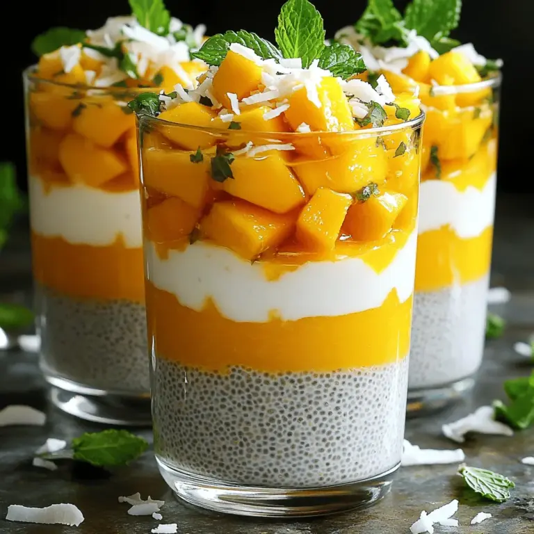 Um Mango Kokos-Chia-Parfaits zuzubereiten, brauchen Sie einige Hauptzutaten. Diese sind: - 1 Tasse Kokosmilch (aus der Dose oder im Karton) - 1/4 Tasse Chiasamen - 2 Esslöffel Ahornsirup oder Honig - 1 Teelöffel Vanilleextrakt - 1 reife Mango, gewürfelt - 1/2 Tasse ungesüßte Kokosraspeln - Frische Minzblätter zur Garnierung (optional) Diese Zutaten bringen den tropischen Geschmack in Ihr Dessert. Die Kokosmilch macht es cremig, während die Chiasamen einen tollen Pudding-Effekt geben. Für die Garnierung können Sie kreativ sein. Hier sind einige Ideen: - Frische Minzblätter - Eine Scheibe Mango auf dem Rand des Glases - Zusätzlich ungesüßte Kokosraspeln oben drauf Diese Garnierungen verleihen dem Dessert nicht nur Farbe, sondern auch zusätzlichen Geschmack. Wenn Sie die besten Zutaten auswählen, achten Sie auf die Qualität. Hier sind einige Tipps: - Wählen Sie reife Mangos. Sie sollten süß und saftig sein. - Achten Sie auf Kokosmilch ohne Zusatzstoffe. So bleibt der Geschmack rein. - Verwenden Sie frische Chiasamen. Sie sollten knusprig und nicht alt sein. Mit diesen Tipps stellen Sie sicher, dass Ihr Mango Kokos-Chia-Parfait frisch und lecker wird. Für das vollständige Rezept klicken Sie auf [Full Recipe]. Zuerst mische die Kokosmilch, Chiasamen, Ahornsirup und Vanilleextrakt. Nutze eine große Schüssel für diese Mischung. Rühre alles gut mit einem Schneebesen. Achte darauf, dass die Chiasamen gleichmäßig verteilt sind. Decke die Schüssel ab und stelle sie in den Kühlschrank. Lass die Mischung für mindestens vier Stunden oder über Nacht ziehen. Die Chiasamen quellen auf und werden puddingartig. Nimm die Chia-Mischung nach der Kühlzeit aus dem Kühlschrank. Rühre sie erneut um, um eine schöne Textur zu schaffen. Jetzt kannst du die Parfaits aufbauen! Beginne mit einer Schicht Chiapudding in ein klares Glas. Füge dann eine Schicht gewürfelte Mango hinzu. Wiederhole diesen Vorgang, bis das Glas voll ist. Jede Schicht sorgt für Farbe und Geschmack. Garnieren ist der nächste Schritt. Streue eine großzügige Portion ungesüßte Kokosraspeln oben drauf. Du kannst auch frische Minzblätter hinzufügen, um einen frischen Akzent zu setzen. Um die Parfaits schön zu präsentieren, wähle klare Gläser. So sind die bunten Schichten gut sichtbar. Eine Scheibe Mango oder ein Minzzweig oben drauf sieht toll aus und macht Appetit. Du kannst das komplette Rezept für Mango Kokos-Chia-Parfaits in der Sektion „Full Recipe“ finden. Beim Zubereiten von Mango Kokos-Chia-Parfaits gibt es einige häufige Fehler, die man vermeiden sollte. Ein großer Fehler ist, die Chiasamen nicht lange genug einweichen zu lassen. Sie brauchen Zeit, um Flüssigkeit aufzunehmen und eine gelartige Konsistenz zu erreichen. Wenn Sie die Mischung nicht mindestens vier Stunden oder über Nacht im Kühlschrank lassen, wird das Ergebnis wässrig und klumpig. Ein weiterer häufiger Fehler ist die falsche Menge an Süßungsmitteln. Zu viel Ahornsirup oder Honig kann die Parfaits zu süß machen. Beginnen Sie mit einer kleinen Menge und passen Sie den Geschmack an. So bleibt der frische Geschmack der Mango im Vordergrund. Die Konsistenz der Chia-Mischung ist wichtig für das Gesamtbild der Parfaits. Um eine cremige Textur zu erreichen, rühren Sie die Mischung nach dem Kühlen gut um. Das sorgt dafür, dass alle Chiasamen gleichmäßig verteilt sind. Wenn die Mischung zu dick ist, können Sie einfach etwas Kokosmilch hinzufügen, um die gewünschte Konsistenz zu erzielen. Ein weiterer Tipp: Verwenden Sie frische Kokosraspeln statt getrockneter. Diese haben eine bessere Textur und bringen mehr Geschmack. Frische Raspeln machen die Parfaits noch leckerer. Um Ihre Mango Kokos-Chia-Parfaits noch aromatischer zu gestalten, können Sie Gewürze hinzufügen. Eine Prise Zimt oder Kardamom kann dem Dessert eine interessante Note verleihen. Auch ein Spritzer Limettensaft bringt Frische und hebt die Aromen hervor. Ein weiterer Vorschlag ist, andere Früchte zu mischen. Probieren Sie Ananas oder Papaya. Diese Tropenfrüchte harmonieren gut mit Mango und sorgen für eine spannende Geschmackskombination. So wird jede Portion zu einem neuen Erlebnis. Für das volle Rezept, schauen Sie sich [Full Recipe] an, um alle Details zu erfahren. {{image_4}} Mango Kokos-Chia-Parfaits sind lecker, aber Sie können sie noch besser machen. Fügen Sie andere tropische Früchte hinzu. Ananas, Papaya oder Kiwi passen gut. Diese Früchte bringen frischen Geschmack und Farbe. Sie können sie einfach in kleine Stücke schneiden und zwischen die Schichten legen. Das macht Ihr Parfait noch bunter und einladender. Möchten Sie eine vegane Variante? Kein Problem! Verwenden Sie statt Honig einfach Agavendicksaft. Er hat einen ähnlichen Geschmack und ist perfekt für Veganer. Achten Sie darauf, dass Ihre Kokosmilch auch vegan ist. Viele Marken sind es, aber überprüfen Sie die Etiketten. Diese kleinen Änderungen machen Ihr Parfait für alle zugänglich. Seien Sie kreativ mit Aromen! Sie können Vanilleextrakt durch Mandel- oder Kokosnussaroma ersetzen. Dies gibt dem Parfait einen neuen Twist. Auch Gewürze wie Zimt oder Muskatnuss können Sie hinzufügen. Diese verleihen Ihrem Dessert eine besondere Note. Experimentieren Sie mit verschiedenen Kombinationen, um Ihr perfektes Parfait zu finden. Wenn Sie Reste von Ihren Mango Kokos-Chia-Parfaits haben, lagern Sie diese in einem luftdichten Behälter. So bleiben die Schichten frisch und lecker. Stellen Sie sicher, dass der Behälter gut verschlossen ist. So vermeiden Sie, dass die Parfaits Gerüche aus dem Kühlschrank aufnehmen. Sie können die Reste bis zu drei Tage so aufbewahren. Im Kühlschrank bleiben die Mango Kokos-Chia-Parfaits frisch. Normalerweise halten sie sich dort etwa drei bis vier Tage. Achten Sie darauf, die Parfaits in einem sauberen Behälter zu lagern. Wenn Sie sehen, dass sich die Textur ändert oder die Farben verblassen, ist es besser, sie nicht mehr zu essen. Das Einfrieren von Chia-Parfaits ist eine gute Option, wenn Sie sie länger aufbewahren möchten. Füllen Sie die Parfaits in gefriergeeignete Behälter. Achten Sie darauf, etwas Platz zu lassen, da sich die Mischung beim Gefrieren ausdehnt. Sie können die Parfaits bis zu zwei Monate einfrieren. Zum Auftauen legen Sie sie einfach über Nacht in den Kühlschrank. Genießen Sie den frischen Geschmack wie beim ersten Mal! Die gesamte Zubereitungszeit beträgt etwa 4 Stunden und 15 Minuten. Das liegt daran, dass der Chiapudding mindestens 4 Stunden im Kühlschrank ziehen muss. Die aktive Vorbereitung dauert nur 15 Minuten. In dieser Zeit mischst du die Zutaten einfach zusammen. Danach kannst du die Zeit nutzen, um etwas anderes zu machen, während das Dessert im Kühlschrank ruht. Ja, du kannst andere Süßungsmittel verwenden. Zum Beispiel kannst du Agavendicksaft oder Stevia ausprobieren. Diese Süßstoffe geben deinem Parfait einen anderen Geschmack, aber sie funktionieren gut. Achte darauf, die Menge nach deinem Geschmack anzupassen. Manchmal brauchen diese Alternativen weniger Süße. Ja, Mango Kokos-Chia-Parfaits sind sehr gesund. Chiasamen sind reich an Ballaststoffen und Omega-3-Fettsäuren. Sie fördern die Verdauung und geben dir Energie. Die Kokosmilch enthält gesunde Fette, die gut für dein Herz sind. Die Mango liefert Vitamine und Antioxidantien. Zusammen ergeben sie ein nahrhaftes und leckeres Dessert, das du ohne schlechtes Gewissen genießen kannst. Mango Kokos-Chia-Parfaits bieten ein einfaches, leckeres Genuss-Erlebnis. Wir haben die besten Zutaten und Schritte zum Zubereiten besprochen. Zudem gab es Tipps zu häufigen Fehlern und Variationen, um das Rezept anzupassen. Denke daran, regelmäßig deine Parfaits zu probieren, um die perfekte Mischung für deinen Geschmack zu finden. Ich hoffe, du wirst viel Spaß beim Zubereiten und Genießen dieser gesunden Snacks haben!