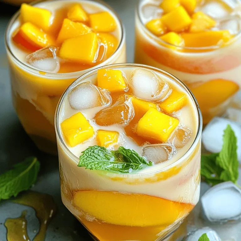 Um einen perfekten Pfirsich-Mango-Milchtee zu machen, brauchen wir frische Zutaten. Hier sind die Hauptzutaten: - 1 reifer Pfirsich, in Scheiben geschnitten - 1 reife Mango, gewürfelt - 2 Tassen gebrühter schwarzer Tee (abgekühlt) - 1 Tasse Milch (tierisch oder pflanzlich) - 2 Esslöffel Honig oder Agavendicksaft (nach Geschmack anpassen) - 1 Teelöffel Vanilleextrakt - 1/2 Teelöffel gemahlener Zimt (optional) - Eiswürfel - Frische Minzblätter zur Garnierung Jede Zutat trägt zum fruchtigen Geschmack bei. Der Pfirsich bringt Süße, während die Mango eine tropische Note hinzufügt. Wenn Sie spezielle Diäten haben, können Sie die Zutaten anpassen. Hier sind einige Optionen: - Verwenden Sie Mandelmilch oder Hafermilch für eine laktosefreie Variante. - Für eine zuckerfreie Option ersetzen Sie den Honig durch eine kalorienfreie Süßung. - Wenn Sie vegan sind, verwenden Sie pflanzliche Milch und lassen Sie den Honig weg. Diese einfachen Änderungen machen das Rezept für jeden zugänglich. Frische Früchte sind der Schlüssel zu einem großartigen Getränk. Hier sind einige Tipps: - Wählen Sie reife Pfirsiche, die leicht auf Druck reagieren. - Die Mango sollte eine glatte Haut und ein süßes Aroma haben. - Achten Sie auf Farben; reife Früchte haben oft lebendige Farben. Mit frischen Zutaten wird Ihr Pfirsich-Mango-Milchtee noch besser. Probieren Sie das Rezept aus, um die Aromen zu genießen. Für die vollständige Anleitung, schauen Sie sich das [Full Recipe] an. Um das Fruchtpüree zu machen, nehmen Sie einen reifen Pfirsich und schneiden ihn in Scheiben. Nehmen Sie dann eine reife Mango und würfeln Sie sie. Geben Sie die Pfirsichscheiben und die Mango in einen Mixer. Mixen Sie alles gut, bis das Püree glatt ist. Dies dauert nur ein paar Sekunden. Das Püree gibt dem Getränk einen fruchtigen Geschmack. Nehmen Sie einen großen Krug. Fügen Sie den abgekühlten schwarzen Tee hinzu. Gießen Sie die Milch in den Krug. Jetzt kommt der Honig oder der Agavendicksaft dazu. Passen Sie die Menge nach Ihrem Geschmack an. Fügen Sie auch den Vanilleextrakt hinzu. Rühren Sie alles gut um, bis es gleichmäßig vermischt ist. Wenn Sie mögen, fügen Sie etwas gemahlenen Zimt hinzu. Rühren Sie dann erneut, um den Geschmack zu verbessern. Füllen Sie Ihre Serviergläser mit Eiswürfeln. Gießen Sie die Tee-Milch-Mischung in die Gläser. Füllen Sie die Gläser etwa zu drei Vierteln. Geben Sie dann einen großen Löffel des Pfirsich-Mango-Pürees oben drauf. Lassen Sie das Püree sanft in den Milchtee hineinswirbeln. Schließlich garnieren Sie jedes Glas mit frischen Minzblättern. Dies gibt einen schönen Duft und sieht toll aus. Genießen Sie Ihren Pfirsich-Mango-Milchtee! Wenn Sie das vollständige Rezept sehen möchten, schauen Sie sich das [Full Recipe] an. Um den Geschmack von Pfirsich-Mango-Milchtee zu perfektionieren, nutzen Sie reife Früchte. Wählen Sie Pfirsiche und Mangos, die weich sind, aber nicht überreif. Diese Früchte geben den besten Geschmack. Ein Hauch von Zimt verstärkt die Aromen. Vanilleextrakt bringt zusätzliche Süße und Tiefe. Experimentieren Sie mit der Menge an Honig oder Agavendicksaft. So finden Sie die perfekte Balance. Ein häufiger Fehler ist die Verwendung von heißem Tee. Der Tee sollte immer abgekühlt sein. Heißer Tee kann die Milch gerinnen lassen. Achten Sie darauf, die Früchte gut zu pürieren. Klumpige Stücke können den Genuss mindern. Überfüllen Sie die Gläser nicht mit Püree. Ein schöner Schichteneffekt macht den Tee ansprechender. Achten Sie auch auf die Eiswürfel. Sie sollten frisch und nicht zu klein sein. Die ideale Konsistenz ist cremig, aber nicht zu dick. Mischen Sie die Zutaten gut, damit alles gleichmäßig vermischt ist. Wenn die Mischung zu dick ist, fügen Sie mehr Milch hinzu. Um die Konsistenz zu verbessern, können Sie auch etwas Wasser verwenden. Verwenden Sie frische Minzblätter als Garnitur. Sie geben nicht nur Farbe, sondern auch einen frischen Geschmack. Diese Tipps helfen Ihnen, den perfekten Pfirsich-Mango-Milchtee zu machen. Für das vollständige Rezept schauen Sie sich die Full Recipe an. {{image_4}} Wenn Sie eine milchfreie Option wollen, probieren Sie Mandel- oder Hafermilch. Diese Pflanzenmilch hat einen milden Geschmack und passt gut. Für Süßungsmittel können Sie Stevia oder Kokosblütenzucker verwenden. Diese Alternativen sind gesünder und machen den Tee lecker. Neben Pfirsich und Mango können Sie auch Ananas oder Erdbeeren nutzen. Diese Früchte bringen frische Farben und neue Aromen. Ein Spritzer Limette kann die Süße ausbalancieren. Experimentieren Sie mit verschiedenen Kombinationen, um Ihren eigenen Lieblingsgeschmack zu finden. Pfirsich-Mango-Milchtee eignet sich gut für Cocktails. Mischen Sie ihn mit Sprudelwasser für einen erfrischenden Drink. Fügen Sie etwas Grenadine hinzu, um einen schönen Farbverlauf zu erzielen. Dieser Cocktail ist perfekt für Partys oder heiße Tage. Genießen Sie ihn mit Freunden oder der Familie und lassen Sie sich von den Aromen verzaubern. Wenn du Reste von deinem Pfirsich-Mango-Milchtee hast, lagere sie in einem luftdichten Behälter. Stelle sicher, dass die Mischung gut abgedeckt ist, um den Geschmack zu erhalten. Bewahre den Behälter im Kühlschrank auf. So bleibt der Tee frisch für bis zu zwei Tage. Die Haltbarkeit der Zutaten ist wichtig. Frische Früchte wie Pfirsiche und Mangos halten sich im Kühlschrank etwa drei bis fünf Tage. Gebrühter schwarzer Tee bleibt im Kühlschrank für bis zu einer Woche gut. Milch, ob tierisch oder pflanzlich, hat eine Haltbarkeit von fünf bis sieben Tagen nach dem Öffnen. Du kannst die Reste einfach wiederverwenden. Mixe die Reste mit neuem Eis und frischen Früchten, um einen neuen Drink zu kreieren. Du kannst auch etwas mehr Milch oder Honig hinzufügen, um den Geschmack aufzufrischen. Diese Methoden geben dem Drink ein neues Leben und helfen, Lebensmittelverschwendung zu vermeiden. Du kannst Pfirsich-Mango-Milchtee in vielen Cafés und Teeläden finden. Einige Supermärkte bieten auch fertige Varianten an. Wenn du die frischen Zutaten hast, kannst du ihn ganz einfach zu Hause zubereiten. Folge einfach dem [Full Recipe], um deinen eigenen Tee zu machen. Ja, du kannst das Rezept anpassen! Wenn du eine andere Frucht magst, probiere Ananas oder Erdbeeren. Du kannst auch die Art der Milch ändern. Verwende Mandelmilch oder Sojamilch, um eine neue Note zu bekommen. Die Süße kann ebenfalls nach deinem Geschmack variieren. Nutze mehr oder weniger Honig oder Agavendicksaft. Der Pfirsich-Mango-Milchtee kann vegan sein, wenn du pflanzliche Milch verwendest. Ersetze die tierische Milch einfach durch eine pflanzliche Option wie Hafer- oder Mandelmilch. Achte darauf, einen veganen Süßstoff wie Agavendicksaft zu wählen. So genießt du einen leckeren, veganen Milchtee! Dieser Artikel hat die Hauptzutaten für Pfirsich-Mango-Milchtee abgedeckt. Ich habe Tipps gegeben, wie man frische Früchte auswählt und welche Alternativen es für spezielle Diäten gibt. Ihre Zubereitung wird mit einfachen Schritten dargestellt, um ein leckeres Getränk zu kreieren. Außerdem habe ich wertvolle Tipps zur Perfektion des Geschmacks und zur Lagerung von Resten geteilt. Nutzen Sie diese Anleitungen, um den perfekten Pfirsich-Mango-Milchtee zu genießen und experimentieren Sie mit Variationen. Genießen Sie diesen köstlichen Tee und lassen Sie Ihrer Kreativität freien Lauf!