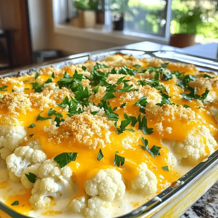 Für den köstlichen Käse Blumenkohl Auflauf benötigst du einige Hauptzutaten. Hier ist die Liste: - 1 große Blumenkohlkopf, in Röschen zerteilt - 2 Tassen geriebener Cheddar-Käse - 1 Tasse Frischkäse, weich - 1/2 Tasse saure Sahne - 1/2 Tasse geriebener Parmesan-Käse Diese Zutaten machen den Auflauf cremig und voll von Geschmack. Der Blumenkohl bringt eine angenehme Textur, während die Käsesorten die Hauptdarsteller sind. Die richtigen Gewürze machen einen großen Unterschied. Hier sind die Gewürze, die du brauchst: - 1 Teelöffel Knoblauchpulver - 1 Teelöffel Zwiebelpulver - 1/2 Teelöffel Paprika - Salz und Pfeffer nach Geschmack Diese Gewürze verleihen dem Gericht Tiefe. Sie sorgen dafür, dass der Auflauf nicht nur nach Käse schmeckt, sondern auch nach etwas Besonderem. Ein gutes Topping kann den Auflauf noch besser machen. Hier sind einige Vorschläge: - 1/2 Tasse Paniermehl (optional für das Topping) - Frische Petersilie, gehackt (zum Garnieren) Das Paniermehl sorgt für einen schönen, knusprigen Effekt. Die frische Petersilie bringt Farbe und einen frischen Geschmack. Wenn du mehr über die Zubereitung erfahren möchtest, schaue dir das Full Recipe an. Zuerst musst du den Blumenkohl waschen und in Röschen schneiden. Nimm einen großen Topf und fülle ihn mit gesalzenem Wasser. Bring das Wasser zum Kochen. Füge die Blumenkohlröschen hinzu und koche sie für etwa 5-6 Minuten. Sie sollten leicht zart, aber noch bissfest sein. Nach dem Kochen, gieße das Wasser ab und stelle den Blumenkohl beiseite. Dies ist der erste Schritt zu einem leckeren Käse Blumenkohl Auflauf. Jetzt geht es zur Käsesoße. In einer großen Schüssel vermische den weichen Frischkäse mit der sauren Sahne. Füge Knoblauchpulver, Zwiebelpulver und Paprika hinzu. Rühre alles gut um, bis die Mischung glatt ist. Jetzt kommt die Hälfte des geriebenen Cheddar-Käses dazu. Rühre weiter, bis alles gut vermischt ist. Die cremige Käsesoße ist jetzt bereit für den Blumenkohl. Nimm die Blumenkohlröschen und hebe sie vorsichtig unter die Käsesoße. Achte darauf, dass sie gleichmäßig bedeckt sind. Gib die Mischung in eine gefettete Auflaufform. Streue den restlichen Cheddar-Käse und Parmesan gleichmäßig darüber. Wenn du magst, kannst du auch das Paniermehl für extra Knusprigkeit hinzufügen. Backe den Auflauf im vorgeheizten Ofen bei 190°C (375°F) für 25-30 Minuten. Warte, bis die Oberseite goldbraun und sprudelnd ist. Lass den Auflauf vor dem Servieren etwas abkühlen und garniere ihn mit frischer Petersilie. Du wirst die Kombination aus Käse und Blumenkohl lieben! Für das vollständige Rezept, sieh dir die Full Recipe an. Um die perfekte Konsistenz für deinen Käse Blumenkohl Auflauf zu erreichen, achte darauf, den Blumenkohl nicht zu lange zu kochen. Ein leicht bissfester Blumenkohl sorgt für mehr Textur. Die Mischung aus Frischkäse und saurer Sahne ist entscheidend. Diese Zutaten geben dem Auflauf eine cremige Basis. Mische die Käsesorten gut unter, damit sich der Käse gleichmäßig verteilt. So bleibt die Füllung schön glatt. Ein knuspriges Topping ist das i-Tüpfelchen für deinen Auflauf. Streue frisches Paniermehl gleichmäßig auf die Käsemischung, bevor du ihn backst. Du kannst auch etwas geschmolzene Butter über das Paniermehl träufeln. Das sorgt für mehr Geschmack und Knusprigkeit. Du kannst auch geröstete Semmelbrösel oder sogar zerdrückte Chips verwenden, um eine interessante Textur zu schaffen. Serviere den Käse Blumenkohl Auflauf heiß, direkt aus dem Ofen. Er schmeckt toll als Beilage zu Fleischgerichten. Du kannst ihn auch als Hauptgericht mit einem frischen Salat kombinieren. Garnieren mit gehackter Petersilie bringt Farbe und einen frischen Geschmack. Für einen zusätzlichen Kick probiere einen Spritzer Zitrone oder etwas geriebenen Parmesan darüber. Es gibt viele Möglichkeiten, um deinen Auflauf zu verfeinern und zu präsentieren. {{image_4}} Wenn Sie eine vegetarische oder vegane Variante des Käse Blumenkohl Auflaufs wünschen, ist das einfach. Ersetzen Sie die Käsesorten durch pflanzliche Alternativen. Nutzen Sie zum Beispiel veganen Frischkäse und pflanzliche saure Sahne. Diese Produkte finden Sie in vielen Supermärkten. Achten Sie darauf, dass der vegane Käse gut schmilzt. So bleibt der cremige Geschmack erhalten. Mit verschiedenen Käsesorten können Sie den Auflauf anpassen. Probieren Sie Gouda oder Mozzarella für einen milderen Geschmack. Für mehr Würze verwenden Sie scharfen Cheddar oder Blauschimmelkäse. Eine Mischung aus verschiedenen Käsesorten bringt Tiefe in die Aromen. So wird Ihr Auflauf zum echten Geschmackserlebnis. Fügen Sie weitere Gemüsesorten hinzu, um den Nährstoffgehalt zu erhöhen. Brokkoli passt wunderbar zu Blumenkohl. Auch Karotten oder Spinat sind gute Optionen. Diese Gemüse bringen Farbe und Geschmack in Ihr Gericht. Mischen Sie sie einfach unter die Blumenkohlröschen. So wird der Auflauf nicht nur lecker, sondern auch noch gesünder. Um den Käse Blumenkohl Auflauf gut zu lagern, lassen Sie ihn zuerst abkühlen. Decken Sie die Auflaufform mit Frischhaltefolie oder einem Deckel ab. So bleibt der Auflauf frisch und saftig. Im Kühlschrank hält er sich etwa 3 bis 5 Tage. Achten Sie darauf, dass die Temperatur unter 4 °C bleibt. Wenn Sie den Auflauf länger aufbewahren möchten, können Sie ihn einfrieren. Teilen Sie ihn in Portionen auf und lagern Sie diese in luftdichten Behältern oder Gefrierbeuteln. So bleibt der Geschmack erhalten. Den Auflauf können Sie bis zu 3 Monate im Gefrierfach lassen. Beschriften Sie die Behälter mit dem Datum. Um den Auflauf wieder aufzuwärmen, heizen Sie den Ofen auf 180 °C vor. Legen Sie den Auflauf in eine Auflaufform. Sie können etwas Milch hinzufügen, um die Feuchtigkeit zu erhalten. Decken Sie die Form mit Aluminiumfolie ab und backen Sie den Auflauf 20 bis 25 Minuten. Überprüfen Sie die Temperatur. Wenn er heiß ist, können Sie ihn servieren. So bleibt der Käse schön schmelzend. Für das vollständige Rezept schauen Sie sich den Käse Blumenkohl Auflauf an. Sie können den Auflauf bis zu zwei Tage im Voraus zubereiten. Bereiten Sie die Mischung vor, aber backen Sie sie noch nicht. Decken Sie die Auflaufform gut ab und stellen Sie sie in den Kühlschrank. Wenn Sie bereit sind zu essen, backen Sie ihn einfach, bis er heiß und sprudelnd ist. Ja, Sie können andere Käsesorten verwenden. Gouda, Mozzarella oder sogar Feta passen gut. Probieren Sie, was Ihnen schmeckt! Unterschiedliche Käsesorten verleihen dem Auflauf neue Geschmäcker und Texturen. Neben Blumenkohl können Sie Brokkoli, Zucchini oder Karotten verwenden. Diese Gemüsesorten ergänzen den Käse gut. Sie bieten auch mehr Farbe und Nährstoffe für Ihr Gericht. Seien Sie kreativ und mischen Sie, was Ihnen gefällt. Der Käse Blumenkohl Auflauf ist einfach und lecker. Wir haben die Hauptzutaten, Gewürze und Toppings besprochen. Außerdem gab es eine Schritt-für-Schritt-Anleitung zur Zubereitung. Tipps für Konsistenz und knusprige Toppings helfen dir weiter. Variationen bieten viele Optionen für jeden Geschmack. Vergiss nicht die Aufbewahrungshinweise, um Reste frisch zu halten. Probiere neue Käsesorten und Gemüse aus. So wird jedes Mal ein einzigartiges Gericht. Jetzt liegt es an dir, kreativ zu werden und zu genießen!