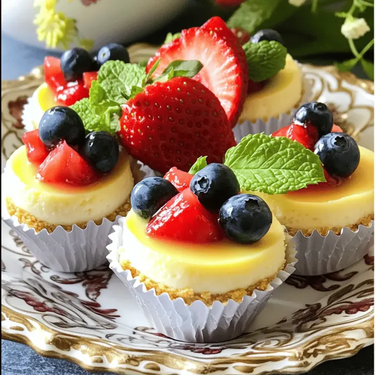Die Zutaten für Mini Cheesecake Bites sind einfach und leicht zu finden. Hier sind die Hauptzutaten: - 1 Tasse Grahamskeksbrösel - 225 g Frischkäse, weich - 100 g Zucker Diese Zutaten bilden die Basis für Ihre kleinen Köstlichkeiten. Die Grahamskeksbrösel geben den Bissen ihren tollen Crunch. Frischkäse sorgt für die cremige Textur, und Zucker süßt das Ganze. - 1 Teelöffel Vanilleextrakt - 2 große Eier - 120 g Sauerrahm Diese zusätzlichen Zutaten bringen noch mehr Geschmack und eine perfekte Konsistenz. Vanilleextrakt fügt ein feines Aroma hinzu. Eier helfen dabei, die Füllung fest zu machen, und Sauerrahm sorgt für eine schöne, glatte Textur. - 1/3 Tasse frische Obsttoppings (z.B. Erdbeeren, Blaubeeren oder Himbeeren) - Frische Minzeblätter zur Dekoration (optional) Die Dekoration macht Ihre Mini Cheesecake Bites besonders. Frisches Obst bringt Farbe und Frische. Minzeblätter sind die perfekte Garnitur und geben einen tollen Duft. Mit diesen Zutaten gelingt Ihnen ein echter Genuss. Sie finden das vollständige Rezept für die Mini Cheesecake Bites im Abschnitt [Full Recipe]. Heizen Sie den Ofen auf 160°C vor. Das ist wichtig für die richtige Backtemperatur. Nehmen Sie ein Mini-Muffinblech. Sie können Papierförmchen verwenden oder die Mulden leicht mit Kochspray einfetten. So bleibt der Käsekuchen nicht kleben. Mischen Sie 1 Tasse Grahamskeksbrösel mit 4 Esslöffeln geschmolzener Butter und 2 Esslöffeln Zucker in einer Schüssel. Rühren Sie, bis die Mischung wie nasser Sand aussieht. Drücken Sie dann etwa 1 Esslöffel dieser Mischung in jede Muffinform. Es ist wichtig, dass die Kruste gut angedrückt wird. Backen Sie die Böden für etwa 5 Minuten. Sie sollen leicht goldbraun sein. Lassen Sie sie danach abkühlen. Nehmen Sie 225 g weichen Frischkäse und schlagen Sie ihn mit einem Handmixer für 2-3 Minuten. Fügen Sie 100 g Zucker und 1 Teelöffel Vanilleextrakt hinzu, während Sie weiter mixen. Mixen Sie die Eier einzeln dazu. Rühren Sie gut, aber nicht zu lange. Geben Sie dann 120 g Sauerrahm hinzu und rühren Sie, bis alles glatt ist. Löffeln Sie die Füllung gleichmäßig über die abgekühlten Krusten. Füllen Sie jede Mulde etwa zu 3/4 voll. Jetzt sind Sie bereit für das Backen! Die Backzeit für Mini Cheesecake Bites ist wichtig. Ich empfehle, sie 15 bis 18 Minuten zu backen. Die Ränder sollten fest sein, aber die Mitte darf leicht wackelig bleiben. Der Wackeltest ist einfach: Bewege die Form leicht. Wenn die Mitte wackelt, aber die Ränder fest sind, sind sie perfekt. Nach dem Backen ist das Kühlen der kleinen Käsekuchen entscheidend. Lass sie zuerst bei Raumtemperatur für 30 Minuten abkühlen. Danach stelle sie für mindestens 2 Stunden in den Kühlschrank. So werden sie schön fest und lecker. Die Präsentation macht viel aus. Richte die Mini Cheesecakes auf einer schönen Platte an. Du kannst sie mit frischen Früchten toppen. Erdbeeren, Blaubeeren oder Himbeeren sind toll. Ein Minzblatt obendrauf gibt noch den letzten Schliff. So sehen sie nicht nur gut aus, sondern schmecken auch frisch und einladend. {{image_4}} Mini Cheesecake Bites können in vielen Geschmäckern gemacht werden. Hier sind zwei beliebte Varianten: - Schokoladen-Minicakes: Fügen Sie geschmolzene Schokolade zur Füllung hinzu. Das gibt einen reichen, schokoladigen Geschmack. Sie können auch Schokoladenstückchen einmischen. Diese kleinen Köstlichkeiten sind perfekt für Schokoladenliebhaber. - Zitronen-Minicakes: Zitronensaft und Zitronenschale geben Ihrer Füllung einen frischen, spritzigen Kick. Diese Variante ist besonders im Sommer beliebt. Sie schmeckt leicht und erfrischend, ideal für heiße Tage. Für diejenigen, die eine pflanzliche Ernährung bevorzugen, gibt es tolle Alternativen. - Pflanzliche Alternativen für die Füllung: Verwenden Sie veganen Frischkäse und Erdnussbutter oder Mandelbutter. Diese Optionen sind cremig und lecker. Sie bieten eine großartige Textur und einen guten Geschmack. - Glutenfreie Kruste: Verwenden Sie glutenfreie Kekse oder Haferflocken für die Kruste. Diese Zutaten machen die Basis knusprig und schmackhaft. So können auch glutenfreie Esser genießen. Mini Cheesecake Bites passen gut zu den Jahreszeiten. - Herbstliche Kürbis-Cheesecakes: Fügen Sie Kürbispüree und Gewürze wie Zimt und Muskatnuss hinzu. Diese Mischung bringt den Geschmack des Herbstes auf den Tisch. Sie sind perfekt für Thanksgiving oder Halloween. - Sommerliche Beeren-Cheesecakes: Nutzen Sie frische Beeren wie Erdbeeren, Himbeeren oder Blaubeeren für eine fruchtige Note. Diese Mini-Cheesecakes sehen toll aus und schmecken einfach köstlich. Sie sind ein hitziger Genuss an heißen Sommertagen. Die Mini Cheesecake Bites sind einfach zu lagern. Bewahren Sie sie im Kühlschrank auf, damit sie frisch bleiben. Nutzen Sie einen luftdichten Behälter. So schützen Sie sie vor Gerüchen und Feuchtigkeit. Die optimale Temperatur liegt bei etwa 4 °C. Haltbarkeit: Im Kühlschrank halten sich die Cheesecake Bites etwa 4 bis 5 Tage. Wenn Sie sie länger aufbewahren möchten, sollten Sie überlegen, sie einzufrieren. Die Mini Cheesecake Bites lassen sich gut einfrieren. Warten Sie, bis sie vollständig abgekühlt sind. Dann legen Sie sie in einen luftdichten Behälter oder in Gefrierbeutel. Achten Sie darauf, die Bites nicht übereinander zu stapeln. So vermeiden Sie, dass sie zusammenkleben. Anleitung zum Einfrieren: - Lassen Sie die Cheesecake Bites vollständig abkühlen. - Verpacken Sie sie gut in einem Behälter oder Beutel. - Beschriften Sie den Behälter mit dem Datum. Auftauen und Verwendung: Um sie zu genießen, nehmen Sie die Bites aus dem Gefrierfach. Lassen Sie sie über Nacht im Kühlschrank auftauen. Servieren Sie sie mit frischen Früchten oder einem Spritzer Sahne. So schmecken sie wie frisch gebacken! Frische ist wichtig für den Geschmack. Nach dem Aufbewahren im Kühlschrank sollten sie gut riechen und fest sein. Überprüfen Sie die Bites auf Anzeichen von Schimmel oder einer Veränderung in der Textur. Fragen zur Frische und Haltbarkeit: - Wie erkenne ich, ob sie noch gut sind? - Was sollte ich tun, wenn sie nicht mehr frisch schmecken? Wenn sie unangenehm riechen oder anders aussehen, entsorgen Sie sie lieber. Sicherheit geht vor! Mini Cheesecake Bites sind im Kühlschrank 3 bis 5 Tage haltbar. Lagern Sie sie in einem luftdichten Behälter. So bleiben sie frisch und lecker. Wenn Sie sie länger aufbewahren möchten, können Sie sie auch einfrieren. Achten Sie darauf, sie gut zu verpacken, damit sie nicht austrocknen. Ja, Sie können einige Zutaten ersetzen. Verwenden Sie für die Kruste Haferkekse oder glutenfreie Kekse, wenn nötig. Statt Frischkäse können Sie auch einen veganen Frischkäse nutzen. Für eine süßere Note fügen Sie Honig oder Agavendicksaft hinzu. Experimentieren Sie mit verschiedenen Obstsorten als Topping, um neue Geschmäcker zu entdecken. Servieren Sie die Mini Cheesecake Bites auf einer schönen Platte. Ordnen Sie sie ordentlich an und garnieren Sie sie mit frischen Früchten. Fügen Sie Minzblätter hinzu, um einen farbenfrohen Kontrast zu schaffen. Sie können auch kleine Gabeln bereitstellen, damit jeder leicht zugreifen kann. So wird die Präsentation ein echter Hingucker. Schauen Sie sich das [Full Recipe] für Mini Cheesecake Bites mit frischem Obst 🧁 an. Dort finden Sie alle Schritte und Tipps, um diese leckeren Häppchen selbst zuzubereiten. Zusammenfassend haben wir die Zutaten und Schritte für köstliche Mini Cheesecake Bites besprochen. Die Hauptzutaten wie Frischkäse und Zucker sorgen für den perfekten Geschmack. Ich habe auch Tipps zur Zubereitung und Lagerung gegeben. Denken Sie daran, Variationen auszuprobieren, von Schokolade bis zur Herbstkürbis-Option. So haben Sie immer etwas Leckeres zur Hand. Mit diesen Grundlagen gelingt Ihnen jeder Cheesecake, egal ob für Familie oder Freunde. Viel Spaß beim Backen!