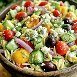 - 1 Tasse Orzo-Pasta - 1 Salatgurke, gewürfelt - 1 Tasse Kirschtomaten, halbiert - 1/2 rote Zwiebel, fein gehackt - 1/2 Tasse Kalamata-Oliven, entsteint und halbiert - 1/2 Tasse Feta-Käse, zerbröselt Die Hauptzutaten machen diesen Salat frisch und bunt. Die Orzo-Pasta bringt eine tolle Textur. Die Gurke und Kirschtomaten sorgen für einen knackigen Biss. Rote Zwiebel gibt dem Salat einen würzigen Kick. Kalamata-Oliven bringen eine salzige Note. Feta-Käse fügt eine cremige und salzige Komponente hinzu. Diese Kombination macht den Salat nicht nur lecker, sondern auch vielseitig. - 3 Esslöffel Olivenöl - Saft von 1 Zitrone - Salz und Pfeffer nach Geschmack - 2 Esslöffel frischer Dill, gehackt Für das Dressing brauchst du einfaches Olivenöl und frischen Zitronensaft. Diese Zutaten bringen Frische und Geschmack. Salz und Pfeffer runden das Ganze ab. Der frische Dill gibt dem Salat ein aromatisches Aroma. Diese Zutaten sind leicht zu finden und machen den Salat noch besser. Wenn du mehr über die Zubereitung erfahren möchtest, schau dir das vollständige Rezept an. Um den perfekten Orzo-Salat zu machen, beginne mit dem Kochen der Orzo-Pasta. Nimm einen großen Topf und fülle ihn mit Wasser. Füge etwas Salz hinzu, damit die Pasta besser schmeckt. Bring das Wasser zum Kochen. Gib dann die Orzo-Pasta hinein. Koche sie nach den Anweisungen auf der Verpackung, bis sie al dente ist. Das dauert normalerweise etwa 8 bis 10 Minuten. Sobald die Pasta fertig ist, gieße sie ab. Spüle die Orzo-Pasta mit kaltem Wasser ab. Dies stoppt den Garprozess und hilft, die Pasta abzukühlen. Jetzt ist es Zeit, die Zutaten zu kombinieren. Nimm eine große Schüssel und füge die abgekühlte Orzo-Pasta hinzu. Dann kommen die gewürfelte Gurke, die halbierten Kirschtomaten, die gehackte rote Zwiebel und die Kalamata-Oliven dazu. Mische alles vorsichtig, damit die Zutaten gleichmäßig verteilt sind. Für das Dressing brauchst du eine kleine Schüssel. Gib das Olivenöl, den Zitronensaft, Salz und Pfeffer hinein. Verquirle die Mischung gut, bis alles gut vermischt ist. Gieße das Dressing gleichmäßig über die Salatmischung. Mische alles sanft, damit die Aromen gut zusammenkommen. Füge dann den gehackten frischen Dill hinzu und rühre vorsichtig um. Jetzt schmecke den Salat ab. Du kannst mehr Salz, Pfeffer oder Zitronensaft hinzufügen, wenn du möchtest. Lass den Salat mindestens 30 Minuten im Kühlschrank ruhen. So verbinden sich die Aromen besser. Vor dem Servieren rühre den Salat noch einmal um. Das ist die Schritt-für-Schritt-Anleitung für den Griechischen Orzo-Salat. Für das vollständige Rezept schaue dir [Full Recipe] an. - Würztipps für ein besseres Geschmackserlebnis: Verwenden Sie frische Kräuter. Sie bringen mehr Geschmack. Fügen Sie mehr Zitronensaft hinzu, um den Salat aufzufrischen. Probieren Sie etwas Knoblauchpulver für einen zusätzlichen Kick. Ein Hauch von Paprika kann die Aromen vertiefen. - Serviertipps für ansprechende Präsentation: Servieren Sie den Salat in einer großen Schüssel. Dekorieren Sie ihn mit frischen Dillzweigen. Ein zusätzlicher Spritzer Zitronensaft oben drauf sieht schön aus und schmeckt gut. Nutzen Sie farbige Teller, um die Farben des Salats hervorzuheben. - Was Sie für die Zubereitung benötigen: Ein großer Topf für die Pasta ist ein Muss. Sie brauchen auch eine große Schüssel zum Mischen. Ein Schneidebrett und ein scharfes Messer helfen beim Zerkleinern des Gemüses. - Empfohlene Schüsseln und Kochwerkzeuge: Verwenden Sie eine große Schüssel für den Salat. Eine kleine Schüssel für das Dressing ist hilfreich. Ein Schneebesen vermischt das Dressing gut. Ein Löffel oder eine Zange zum Servieren sorgt für eine einfache Handhabung. Diese Tipps und Tricks helfen Ihnen, den perfekten Griechischen Orzo-Salat zuzubereiten und zu servieren. Für das vollständige Rezept schauen Sie sich das [Full Recipe] an. {{image_4}} Für einen gesunden Orzo-Salat gibt es tolle Optionen. Du kannst pflanzliche Produkte verwenden. Statt Feta kannst du zum Beispiel veganen Käse nehmen. Das gibt dem Salat einen ähnlichen Geschmack, aber ohne Milchprodukte. Wenn du glutenfrei essen möchtest, probiere Quinoa oder Reisnudeln. Diese sind leicht und gesund. Auch Linsen sind eine großartige Wahl. Sie fügen Proteine hinzu und machen den Salat nahrhafter. Zusätzliche Zutaten bringen Farbe in deinen Orzo-Salat. Paprika ist eine beliebte Wahl. Sie fügt Süße und Knackigkeit hinzu. Avocado macht den Salat cremig und reichhaltig. Du kannst auch saisonales Gemüse verwenden. Sommergemüse wie Zucchini oder Spargel passen gut dazu. Im Herbst sind Kürbiswürfel eine interessante Ergänzung. Jedes Gemüse bringt seinen eigenen Geschmack mit. Das macht die Mahlzeit spannend und lecker. Um Ihren Orzo-Salat frisch zu halten, lagern Sie ihn im Kühlschrank. Nutzen Sie eine luftdichte Schüssel. So bleibt der Salat knackig. Lassen Sie ihn abkühlen, bevor Sie ihn abdecken. Haltbarkeit des Salats Der Salat bleibt bis zu drei Tage frisch. Überprüfen Sie ihn täglich. Wenn er matschig aussieht oder riecht, entsorgen Sie ihn. Sie können den Salat auch einfrieren. Teilen Sie ihn in Portionen auf. Nutzen Sie gefrierfeste Behälter oder Beutel. Achten Sie darauf, die Luft herauszudrücken, um Frostschäden zu vermeiden. Anleitung zum Einfrieren und anschließenden Auftauen Um ihn aufzutauen, legen Sie den Salat über Nacht in den Kühlschrank. So bleibt die Textur besser erhalten. Sie können ihn auch kurz in der Mikrowelle aufwärmen, wenn Sie es eilig haben. Was beim Einfrieren zu beachten ist Einfrieren kann die Textur des Gemüses verändern. Oliven und Feta behalten jedoch ihren Geschmack. Vermeiden Sie das Einfrieren von frischem Dill. Fügen Sie ihn nach dem Auftauen hinzu. Griechischer Orzo-Salat bleibt im Kühlschrank etwa drei bis fünf Tage frisch. Um die Frische zu bewahren, lege ihn in einen luftdichten Behälter. Stelle sicher, dass der Salat gut abgedeckt ist. So bleibt er knackig und lecker. Wenn du ihn länger aufbewahren möchtest, kannst du ihn auch einfrieren. Beachte jedoch, dass die Textur sich verändern kann. Ja, du kannst den Griechischen Orzo-Salat im Voraus machen. Bereite ihn bis zu zwei Tage vorher vor. Lagere ihn im Kühlschrank, damit die Aromen gut durchziehen. Wenn du ihn servieren möchtest, rühre ihn einfach gut durch und füge frischen Dill hinzu. So bleibt der Salat frisch und schmackhaft. Du kannst den Griechischen Orzo-Salat ganz nach deinem Geschmack anpassen. Füge mehr Gemüse hinzu, wie Paprika oder Spinat. Du kannst auch verschiedene Käsesorten verwenden, wie Mozzarella oder Ziegenkäse. Für etwas Schärfe, probiere rote Peperoni. Sei kreativ und finde deine eigene perfekte Mischung. Der Griechische Orzo-Salat hat seine Wurzeln in der griechischen Küche. Orzo ist eine Art Pasta, die oft in mediterranen Gerichten verwendet wird. Dieser Salat kombiniert frische Zutaten wie Gemüse und Feta-Käse. Das Rezept spiegelt die Aromen Griechenlands wider und bringt einen Hauch von Sonne auf deinen Tisch. Für das vollständige Rezept besuche bitte die Seite [Full Recipe]. Dort findest du alle Details, die du benötigst, um diesen leckeren Salat zuzubereiten. Griechischer Orzo-Salat vereint frische Zutaten wie Orzo, Gemüse und Feta. Wir haben gelernt, wie man die Pasta kocht, die Salatzutaten kombiniert und das Dressing zubereitet. Tipps helfen, den Geschmack zu verbessern und den Salat ansprechend zu präsentieren. Variationen bieten gesunde Alternativen und neue Geschmackserlebnisse. Zum Schluss sind die Lagerungstipps wichtig, um Frische zu bewahren. Mit diesen einfachen Schritten gelingt Ihnen ein köstlicher Orzo-Salat. Probieren Sie es aus!