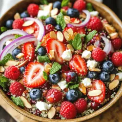 - 1 Tasse Quinoa - 2 Tassen Wasser oder Gemüsebrühe - 1 Tasse gemischte Beeren (Erdbeeren, Blaubeeren, Himbeeren) Die Hauptzutaten sind einfach und gesund. Quinoa ist ein tolles Korn. Es hat viel Eiweiß und Ballaststoffe. Die frischen Beeren bringen Süße und Farbe in den Salat. - 1/4 Tasse dünn geschnittene rote Zwiebel - 1/4 Tasse zerbröckelter Feta-Käse - 1/4 Tasse frisch gehackte Minzeblätter - 1/4 Tasse gehackte Nüsse Die roten Zwiebeln geben einen schönen Biss. Feta-Käse fügt einen salzigen Geschmack hinzu. Minze sorgt für Frische, während die Nüsse Crunch bieten. Diese Zutaten machen den Salat spannend und lecker. - 2 Esslöffel Honig - 2 Esslöffel frischer Zitronensaft - Salz und Pfeffer nach Geschmack Das Dressing ist einfach zu machen. Honig und Zitronensaft bieten eine süße und saure Note. Salz und Pfeffer runden die Aromen ab. Es ist wichtig, das Dressing gut abzuschmecken. So wird der Geschmack perfekt. Willst du das gesamte Rezept? Dann schau dir den Sommerbeeren Quinoa-Salat an! Um die Quinoa perfekt zu kochen, bringe zwei Tassen Wasser oder Gemüsebrühe zum Kochen. Füge dann die Quinoa hinzu. Reduziere die Hitze und decke den Topf ab. Lasse die Quinoa etwa 15 Minuten köcheln. Sie ist fertig, wenn sie zart ist und das Wasser aufgenommen hat. Nimm den Topf vom Herd und lasse die Quinoa abkühlen. Das Dressing ist wichtig, um den Salat zu würzen. In einer kleinen Schüssel vermenge zwei Esslöffel Honig und zwei Esslöffel frischen Zitronensaft. Füge Salz und Pfeffer hinzu. Rühre alles gut um, bis es gut vermischt ist. Probiere das Dressing und passe die Süße und Säure nach deinem Geschmack an. In einer großen Schüssel vermische die abgekühlte Quinoa mit einer Tasse gemischten Beeren, 1/4 Tasse dünn geschnittener roter Zwiebel, 1/4 Tasse zerbröckeltem Feta und 1/4 Tasse frisch gehackten Minzeblättern. Beträufle den Salat mit dem Dressing und mische alles vorsichtig, damit die Beeren ganz bleiben. Gib 1/4 Tasse gehackte Nüsse darüber, um dem Salat einen zusätzlichen Crunch zu verleihen. Lasse den Salat vor dem Servieren etwa 10 Minuten ruhen. So können die Aromen gut durchziehen. Serviere den Salat in einer großen Schüssel oder in Einzelportionen. Garniere ihn mit zusätzlichen Minzeblättern und Nüssen für einen frischen Look. Um die beste Quinoa zu kochen, benutze das richtige Verhältnis von Wasser. Verwende zwei Tassen Wasser für jede Tasse Quinoa. Das sorgt für weiche und schmackhafte Körner. Koche die Quinoa etwa 15 Minuten lang. Sie ist fertig, wenn das Wasser vollständig aufgenommen ist. Um die Quinoa abzukühlen, streue sie einfach auf ein Backblech. So kann die Luft zirkulieren und die Quinoa wird schnell kühl. Alternativ kannst du sie in den Kühlschrank stellen. Eine kühle Quinoa ist perfekt für den Salat. Das Dressing macht einen großen Unterschied. Du kannst es nach deinem Geschmack ändern. Verwende zum Beispiel mehr Honig für Süße oder mehr Zitronensaft für Säure. Falls du kein Olivenöl magst, probiere andere Öle. Traubenkernöl oder Avocadoöl sind gute Alternativen. Sie haben einen milden Geschmack und passen gut zum Salat. Präsentiere deinen Salat in einer großen Schüssel. Das sieht einladend aus. Du kannst auch kleine Portionen in Gläsern servieren. Das macht das Essen besonders. Garnierungen verbessern den Geschmack. Streue frische Minzeblätter oder zusätzliche Nüsse darüber. Das gibt nicht nur einen tollen Crunch, sondern sieht auch schön aus. Für die vollständige Anleitung, sieh dir das Full Recipe an. {{image_4}} Ich liebe es, verschiedene Beeren in meinen Salat zu packen. Himbeeren, Erdbeeren und Heidelbeeren sind perfekt. Diese Beeren bringen Frische und Farbe. Du kannst sie nach Lust und Laune mischen. Im Sommer sind die Beeren besonders süß und saftig. Wenn du vegan isst, ist das kein Problem. Tausche einfach den Feta-Käse aus. Verwende veganen Käse für den gleichen cremigen Geschmack. Es gibt viele tolle Optionen. So bleibt der Salat frisch und lecker. Du willst mehr Protein? Füge Hähnchen oder Kichererbsen hinzu. Beide Optionen machen den Salat sättigender. Kichererbsen sind eine großartige pflanzliche Proteinquelle. Hähnchen gibt dem Salat einen herzhaften Biss. So kannst du den Salat nach deinem Geschmack anpassen. Für das vollständige Rezept schau dir den Sommerbeeren Quinoa-Salat an. Um den Sommerbeeren Quinoa-Salat frisch zu halten, lege ihn in einen luftdichten Behälter. Das schützt die Zutaten vor Feuchtigkeit und Gerüchen. Wenn du den Salat im Kühlschrank aufbewahrst, bleibt er bis zu drei Tage frisch. Achte darauf, die Nüsse getrennt zu lagern. So bleiben sie knackig und verlieren nicht ihren Biss. Du kannst den Salat auch einfrieren, aber die Beeren könnten ihre Textur verändern. Wenn du ihn einfrierst, mache das ohne die Nüsse und das Dressing. Zum Wiederaufwärmen tau den Salat über Nacht in den Kühlschrank, bevor du ihn servierst. So behält er seinen Geschmack und seine Frische. Wenn du magst, kannst du frisches Dressing hinzufügen, um den Geschmack aufzufrischen. Für Details kannst du das [Full Recipe] anschauen. Der Sommerbeeren Quinoa-Salat bleibt im Kühlschrank bis zu drei Tage frisch. Bewahre ihn in einem luftdichten Behälter auf. So bleibt der Salat knackig und lecker. Nach ein paar Tagen kann die Quinoa weich werden. Das ist normal, aber der Geschmack bleibt gut. Ja, du kannst frische Beeren durch gefrorene oder konservierte Beeren ersetzen. Gefrorene Beeren sind oft genauso nahrhaft wie frische. Sie können jedoch beim Mischen etwas matschig werden. Achte darauf, sie vorher gut abzutropfen, um überschüssige Flüssigkeit zu vermeiden. Konservierte Beeren sind ebenfalls eine gute Wahl, aber wähle solche in ihrem eigenen Saft, um Zucker zu vermeiden. Ja, dieser Salat ist perfekt für Meal Prep. Du kannst die Quinoa und das Dressing im Voraus zubereiten. Halte die Beeren und den Feta separat. So bleibt alles frisch. Mische die Zutaten kurz vor dem Servieren. Das sorgt für den besten Geschmack und die beste Textur. Eine Portion enthält etwa 250 Kalorien. Sie bietet eine gute Menge an Ballaststoffen und Proteinen. Quinoa ist eine großartige Proteinquelle und enthält alle neun essentiellen Aminosäuren. Die Beeren bringen Vitamine und Antioxidantien. Feta fügt Calcium und Geschmack hinzu. Dies macht den Salat nahrhaft und sättigend. Das vollständige Rezept für den Sommerbeeren Quinoa-Salat findest du unter dem Titel "Sommerbeeren Quinoa-Salat". Dort sind alle Schritte und Mengen genau beschrieben. So kannst du diesen erfrischenden Salat ganz leicht nachkochen. Der Sommerbeeren Quinoa-Salat ist frisch und nahrhaft. Wir haben die Hauptzutaten wie Quinoa und Beeren besprochen. Das Dressing bringt das Ganze zusammen. Unsere Tipps helfen, den Salat perfekt zu machen und für jede Saison anzupassen. Du kannst neue Geschmacksrichtungen ausprobieren und das Gericht leicht aufbewahren. Nutze diese Ideen, um deinen Salat zu variieren und zu genießen! Der Sommerbeeren Quinoa-Salat ist nicht nur lecker, sondern auch einfach zuzubereiten. Probier es aus!