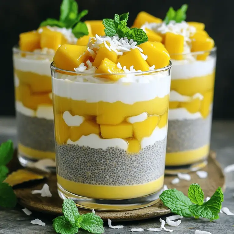 Für einen köstlichen Mango Kokos-Chia-Pudding benötigst du diese einfachen Zutaten: - 1 Tasse Kokosmilch (aus der Dose oder aus dem Karton) - 1 Tasse reife Mango, gewürfelt (plus zusätzlich für die Garnierung) - 1/4 Tasse Chiasamen - 2 Esslöffel Ahornsirup (oder Honig) - 1 Teelöffel Vanilleextrakt - Eine Prise Salz Um die besten Mangos zu finden, achte auf die Farbe. Reife Mangos haben eine tiefgelbe bis rote Farbe. Drücke leicht auf die Frucht. Sie sollte etwas nachgeben, aber nicht matschig sein. Rieche an der Mango. Ein süßer Duft zeigt, dass sie reif ist. Verwende reife Mangos für den besten Geschmack in deinem Pudding. Du kannst die Zutaten nach deinem Geschmack anpassen. Zum Beispiel, verwende Mandelmilch statt Kokosmilch. Wenn du keinen Ahornsirup hast, nimm Honig oder Agavendicksaft. Füge eine Prise Zimt oder Muskatnuss hinzu, um mehr Geschmack zu bringen. Frische Früchte wie Beeren oder Bananen passen auch gut. Probiere es aus und finde deine Lieblingskombination! Für das vollständige Rezept, sieh dir die Sektion "Full Recipe" an. Die Vorbereitungszeit für Mango Kokos-Chia-Pudding beträgt nur 10 Minuten. Nach der Zubereitung braucht der Pudding mindestens 4 Stunden im Kühlschrank. Ideal ist es, ihn über Nacht kühlzustellen. So werden die Chiasamen schön weich und der Pudding erhält die perfekte Konsistenz. Zuerst bereiten wir die Mango-Kokos-Mischung vor. Nehmen Sie eine Schüssel und geben Sie die Kokosmilch, die gewürfelte Mango, den Ahornsirup, den Vanilleextrakt und das Salz hinein. Mischen Sie alles mit einem Mixer, bis die Mischung glatt und cremig ist. Es ist wichtig, dass die Mango reif ist, damit der Geschmack optimal zur Geltung kommt. In einer separaten Schüssel fügen Sie die Chiasamen hinzu. Gießen Sie dann die Mango-Kokos-Mischung über die Chiasamen. Rühren Sie alles gut um, damit sich die Samen gleichmäßig verteilen. Lassen Sie die Mischung nach dem ersten Rühren etwa 5 Minuten ruhen. Rühren Sie dann erneut um, um Klumpen zu vermeiden. Decken Sie die Schüssel ab und stellen Sie sie in den Kühlschrank. Nach der Kühlzeit rühren Sie den Pudding gut durch und passen die Konsistenz nach Bedarf an. Für den vollständigen Prozess und die detaillierte Zubereitung schauen Sie sich das Full Recipe an. Ein häufiger Fehler ist, die Chiasamen nicht richtig einzuweichen. Wenn Sie die Samen nicht lange genug ruhen lassen, wird der Pudding nicht dick genug. Ein weiterer Fehler ist, die Mischung nicht gut zu rühren. Wenn die Samen verklumpen, wird die Textur ungleichmäßig. Achten Sie darauf, die Mischung nach fünf Minuten mehrmals zu rühren. Um die perfekte Konsistenz zu erreichen, müssen Sie das richtige Verhältnis von Flüssigkeit zu Chiasamen finden. Verwenden Sie eine Tasse Kokosmilch für jeden viertel Tasse Chiasamen. Nach dem Kühlen sollte der Pudding dick und cremig sein. Falls er zu dick ist, fügen Sie einfach mehr Kokosmilch hinzu. Rühren Sie gut um, bis Sie die gewünschte Textur haben. Servieren Sie den Pudding in klaren Gläsern, um die Schichten zu zeigen. Fügen Sie frische, gewürfelte Mango oben drauf für einen schönen Kontrast hinzu. Eine Prise geraspelte Kokosnuss bringt zusätzlichen Geschmack und Textur. Frische Minzblätter als Garnierung machen das Dessert lebendiger. Wenn Sie möchten, können Sie auch Nüsse oder Samen hinzufügen, um etwas Crunch zu bieten. Für die vollständige Zubereitung schauen Sie sich das Full Recipe an. {{image_4}} Mango Kokos-Chia-Pudding ist sehr vielseitig. Sie können die Aromen leicht ändern. Fügen Sie zum Beispiel Limettensaft hinzu. Das gibt dem Pudding eine frische Note. Oder probieren Sie etwas Ingwer für einen scharfen Kick. Eine Prise Zimt kann auch gut passen. Experimentieren Sie mit verschiedenen Gewürzen. So finden Sie Ihre Lieblingskombination. Für vegane Optionen können Sie einfach den Honig weglassen. Verwenden Sie stattdessen Agavendicksaft oder ein anderes Süßungsmittel. Achten Sie darauf, dass alle Zutaten pflanzlich sind. Für zuckerfreie Varianten nutzen Sie natürliche Süßstoffe wie Stevia. Diese Optionen machen den Pudding auch für Diabetiker geeignet. Machen Sie den Pudding noch spannender. Fügen Sie verschiedene Früchte hinzu. Beeren, Bananen oder sogar Papaya passen gut. Auch geröstete Nüsse wie Mandeln oder Cashews sind eine tolle Ergänzung. Diese geben dem Pudding einen knackigen Biss. Sie können auch verschiedene Kombinationen ausprobieren. Ihrer Kreativität sind keine Grenzen gesetzt. Um Mango Kokos-Chia-Pudding frisch zu halten, nutze einen luftdichten Behälter. Dieser schützt den Pudding vor Gerüchen und hilft, die Frische zu bewahren. Stelle sicher, dass der Pudding vollständig abgekühlt ist, bevor du ihn lagerst. So bleibt die Textur perfekt. Im Kühlschrank hält sich dein Mango Kokos-Chia-Pudding bis zu fünf Tage. Achte darauf, den Pudding gut zu verschließen. Wenn du die Konsistenz überprüfen möchtest, rühre einfach gut um, bevor du ihn genießt. Manchmal kann er nach ein paar Tagen etwas dicker werden. Du kannst Mango Kokos-Chia-Pudding auch einfrieren. Fülle ihn in einen gefrierfesten Behälter. Achte darauf, etwas Platz zu lassen, da die Masse beim Gefrieren expandiert. So bleibt der Pudding bis zu drei Monate frisch. Um ihn zu genießen, lasse ihn über Nacht im Kühlschrank auftauen. Rühre ihn vor dem Servieren gut durch. Wenn du das Rezept nachkochen willst, findest du es hier: [Full Recipe]. Der Chia-Pudding braucht etwa vier Stunden, um dick zu werden. Wenn Sie ihn über Nacht in den Kühlschrank stellen, wird er noch besser. Die Chiasamen saugen die Flüssigkeit auf und quellen. Das gibt dem Pudding die perfekte, cremige Textur. Rühren Sie ihn nach zwei Stunden einmal um. So vermeiden Sie Klumpen und sorgen für eine gleichmäßige Konsistenz. Ja, Sie können andere Pflanzendrinks verwenden! Mandelmilch, Sojamilch oder Hafermilch sind tolle Alternativen. Jede Milch bringt ihren eigenen Geschmack mit. Achten Sie darauf, dass die Pflanzenmilch ungesüßt ist, wenn Sie den Zuckergehalt kontrollieren möchten. Experimentieren Sie mit verschiedenen Sorten, um neue Geschmäcker zu entdecken. Ja, Chia-Pudding ist sehr gesund! Chiasamen sind reich an Ballaststoffen, Eiweiß und Omega-3-Fettsäuren. Sie helfen beim Sattwerden und fördern die Verdauung. Kokosmilch bietet gesunde Fette und ist eine gute Energiequelle. Mango liefert Vitamine und Antioxidantien. Zusammen sind sie ein nahrhaftes und leckeres Dessert. Zusammenfassend habe ich die wichtigsten Zutaten für den Mango Kokos-Chia-Pudding besprochen. Außerdem gab ich Tipps zur Auswahl reifer Mangos und mögliche Alternativen. Die Schritt-für-Schritt-Anleitung zeigt, wie einfach die Zubereitung ist. Ich teilte auch gängige Fehler und Tricks für die perfekte Konsistenz. Variationen und Aufbewahrungstipps helfen, den Pudding individuell zu gestalten. Chia-Pudding ist nicht nur lecker, sondern auch gesund. Probier es aus und entdecke neue Kombinationen!