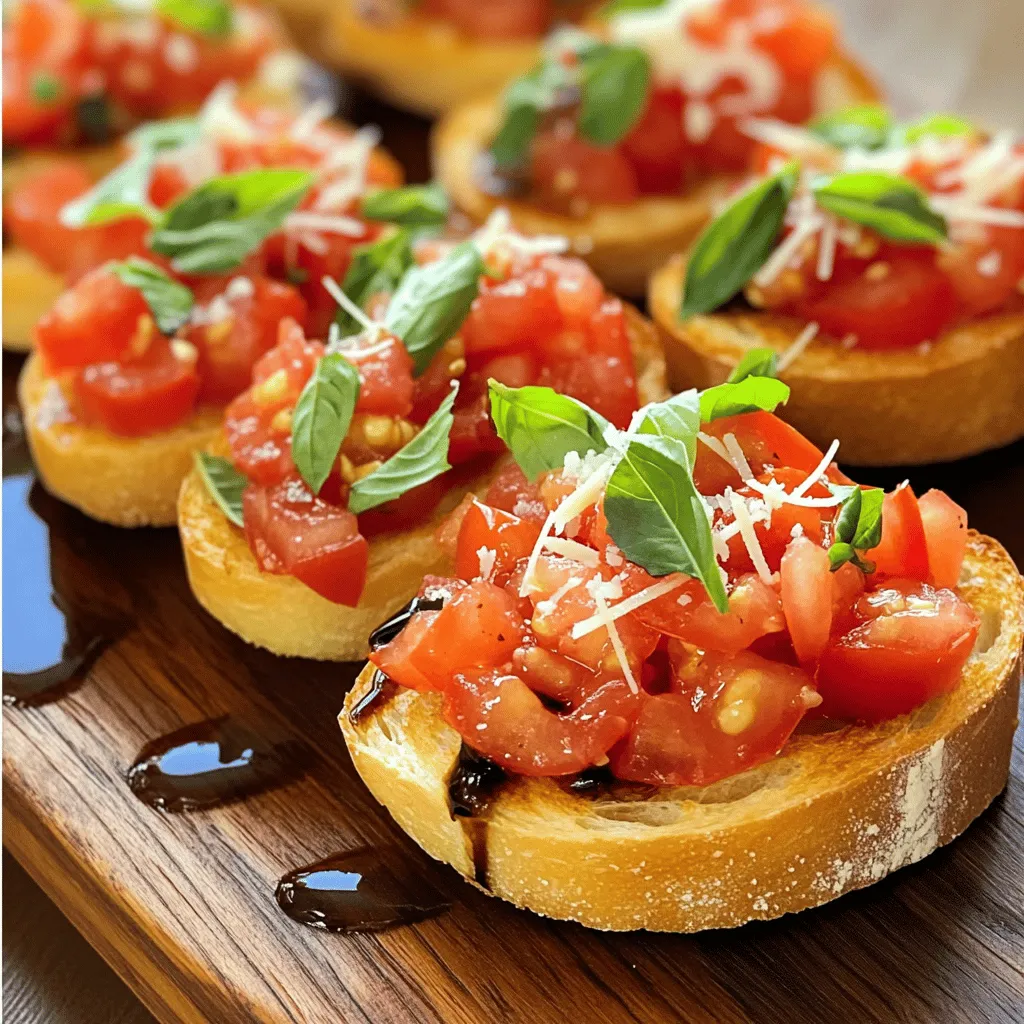 Für die perfekte frische Tomaten-Basilikum-Bruschetta brauchst du: - 4 reife mittlere Tomaten, gewürfelt - 1 Tasse frische Basilikumblätter, gehackt - 2 Knoblauchzehen, fein gehackt - 1 Esslöffel Balsamico-Glasur - 3 Esslöffel natives Olivenöl extra - Salz und Pfeffer nach Geschmack - 1 französisches Baguette, in 2,5 cm dicke Scheiben geschnitten - Optional: Gehobelte Parmesan-Käse zum Garnieren Für Bruschetta sind die richtigen Tomaten wichtig. Ich empfehle, reife Roma- oder San-Marzano-Tomaten zu verwenden. Diese Sorten sind fleischig und süß. Du kannst auch heirloom Tomaten wählen. Sie bringen tolle Farben und Aromen in dein Gericht. Achte darauf, dass die Tomaten fest und duftend sind. So bekommst du den besten Geschmack. Wähle frischen Basilikum aus, der lebendig aussieht. Die Blätter sollten grün und glänzend sein. Vermeide welke oder braune Blätter. Du kannst Basilikum auch im Topf kaufen und selbst anbauen. So hast du immer frisches Basilikum zur Hand. Du kannst auch die Blätter leicht zwischen deinen Fingern zerreiben. Das gibt dir einen tollen Duft und zeigt die Frische. Um die Tomatenmischung zuzubereiten, nimm zuerst die gewürfelten Tomaten. Ich empfehle, reife, saftige Tomaten zu verwenden. Vermenge die Tomaten in einer mittelgroßen Schüssel mit den gehackten Basilikumblättern. Der frische Basilikum bringt tollen Geschmack. Füge dann den fein gehackten Knoblauch hinzu. Knoblauch gibt der Mischung einen schönen Kick. Danach träufle die Balsamico-Glasur und das Olivenöl über die Mischung. Rühre alles vorsichtig um. So verbinden sich die Aromen gut. Lass die Mischung für 10-15 Minuten ruhen. Dies hilft, die Aromen zu intensivieren. Heize den Ofen auf 200 °C vor. Während der Ofen aufheizt, schneide das Baguette in 2,5 cm dicke Scheiben. Die Dicke sorgt für eine gute Textur. Lege die Baguette-Scheiben gleichmäßig auf ein Backblech. Bestreiche die Oberseite leicht mit Olivenöl. Das hilft, die Scheiben knusprig zu machen. Röste die Brotscheiben im vorgeheizten Ofen für 5-7 Minuten. Sie sollten goldbraun und leicht knusprig sein. Nimm die gerösteten Baguette-Scheiben aus dem Ofen. Jetzt kommt der beste Teil! Löffle die Tomatenmischung großzügig auf jede Scheibe. Wenn du möchtest, füge gehobelten Parmesan-Käse hinzu. Das gibt einen leckeren, extra Geschmack. Richte die Bruschetta auf einer großen Servierplatte an. Du kannst die Bruschetta mit zusätzlicher Balsamico-Glasur dekorieren. Serviere sie sofort, um die beste Textur zu genießen. Für die vollständige Anleitung, sieh dir das Full Recipe an. Um das Brot perfekt zu rösten, vorheize deinen Ofen auf 200 °C. Lege die Baguette-Scheiben auf ein Backblech. Bestreiche die Oberseite leicht mit Olivenöl. Das Öl hilft, die Scheiben knusprig zu machen. Röste das Brot für 5-7 Minuten. Achte darauf, dass das Brot goldbraun wird. Du kannst auch einen Toaster verwenden, aber der Ofen gibt mehr gleichmäßige Hitze. Um deiner Bruschetta mehr Geschmack zu geben, nutze frische, reife Tomaten. Mische die Tomaten mit gehacktem Basilikum und Knoblauch. Das Balsamico gibt einen süßen und sauren Geschmack. Verwende hochwertiges Olivenöl. Du kannst auch etwas Zitronensaft hinzufügen. Das bringt Frische. Experimentiere mit Gewürzen wie Oregano oder Thymian für mehr Tiefe. Ein häufiger Fehler ist, das Brot zu lange zu rösten. Achte auf die Farbe, es sollte goldbraun sein. Zu viel Salz kann die Bruschetta ruinieren. Füge es schrittweise hinzu und probiere die Mischung. Verwende nicht zu viele Tomaten, sonst wird die Bruschetta matschig. Lass die Mischung vor dem Servieren ruhen, damit sich die Aromen entfalten. Für mehr Ideen schaue dir das Full Recipe an. {{image_4}} Für eine mediterrane Note füge schwarze oder grüne Oliven hinzu. Diese bringen einen salzigen, herzhaften Geschmack. Ich mag es, die Oliven grob zu hacken und in die Tomatenmischung zu geben. Füge auch gewürfelten Feta-Käse hinzu, um das Gericht cremiger zu machen. Diese Kombination passt perfekt zu dem frischen Basilikum und den Tomaten. Du wirst die Vielfalt lieben! Wenn du eine vegane Variante suchst, ist das ganz einfach. Lass einfach den Käse weg. Ersetze ihn durch Avocado oder einen veganen Käse. Avocados schaffen eine tolle, cremige Textur. Du kannst auch einige geröstete Pinienkerne für einen zusätzlichen Crunch hinzufügen. Diese Optionen sind nicht nur gesund, sondern auch sehr lecker! Für Käseliebhaber probiere verschiedene Käsesorten aus. Mozzarella ist eine beliebte Wahl. Er schmilzt gut und harmoniert toll mit Tomaten. Manche Leute mögen auch Ziegenkäse. Er hat einen starken Geschmack und ergänzt die Süße der Tomaten. Eine andere tolle Option ist Ricotta. Er ist mild und macht die Bruschetta schön cremig. So kannst du immer wieder neue Geschmäcker entdecken! Um die Tomatenmischung frisch zu halten, kannst du sie in einem luftdichten Behälter aufbewahren. Stelle sicher, dass du die Mischung nicht zu lange stehen lässt. Ich empfehle, sie innerhalb von zwei Tagen zu verwenden. Halte sie im Kühlschrank, um die Frische zu bewahren. Achte darauf, dass sie nicht zu kalt ist, um den Geschmack nicht zu verlieren. Geröstetes Brot bleibt am besten frisch, wenn du es in einem Papiertuch oder einem Brotkasten aufbewahrst. Vermeide Plastikbeutel, denn diese machen das Brot weich. Wenn du das Brot später essen möchtest, röste es einfach kurz im Ofen, um die Knusprigkeit wiederherzustellen. Das macht das Brot wieder lecker und frisch. Die Tomatenmischung bleibt im Kühlschrank zwei Tage frisch. Danach kann der Geschmack nachlassen. Geröstetes Brot ist am besten, wenn es frisch ist. Es wird nach einem Tag weich. Für die beste Erfahrung empfehle ich, die Bruschetta sofort nach der Zubereitung zu genießen. So schmeckt sie am besten und sieht toll aus. Du findest das gesamte Rezept im [Full Recipe]. Bruschetta schmeckt am besten frisch. Sie können die Tomatenmischung bis zu zwei Tage im Kühlschrank aufbewahren. Das Brot wird jedoch schnell weich, wenn es nicht sofort gegessen wird. Wenn Sie die Mischung lagern, decken Sie sie gut ab. So bleibt der Geschmack frisch. Ja, Sie können die Tomatenmischung im Voraus zubereiten. Stellen Sie sie einfach in den Kühlschrank. Rösten Sie das Brot erst kurz vor dem Servieren. So bleibt es knusprig. Die Aromen der Mischung entfalten sich, wenn sie ruhen, also ist das eine gute Idee. Bruschetta passt gut zu vielen Beilagen. Hier sind einige tolle Optionen: - Ein frischer, grüner Salat - Eine leichte Minestrone-Suppe - Gegrilltes Gemüse Diese Beilagen ergänzen die Aromen der Bruschetta perfekt. Sie bringen auch Farbe und Textur auf den Tisch. Wenn Sie mehr zur Zubereitung erfahren möchten, schauen Sie sich das [Full Recipe] an. Für eine köstliche Bruschetta braucht man frische Zutaten und einfache Schritte. Wir haben die besten Tomatensorten und Basilikumtipps besprochen. Zudem sind die Schritt-für-Schritt-Anleitungen leicht zu folgen. Techniken zum Rösten des Brotes helfen dir, perfekte Scheiben zu bekommen. Variationen bringen neuen Geschmack und Lagerungshinweise sichern die Frische. Mit diesen Tipps bereitest du selbst die beste Bruschetta zu. Experimentiere und genieße die Mischung aus frischen Aromen und Texturen.