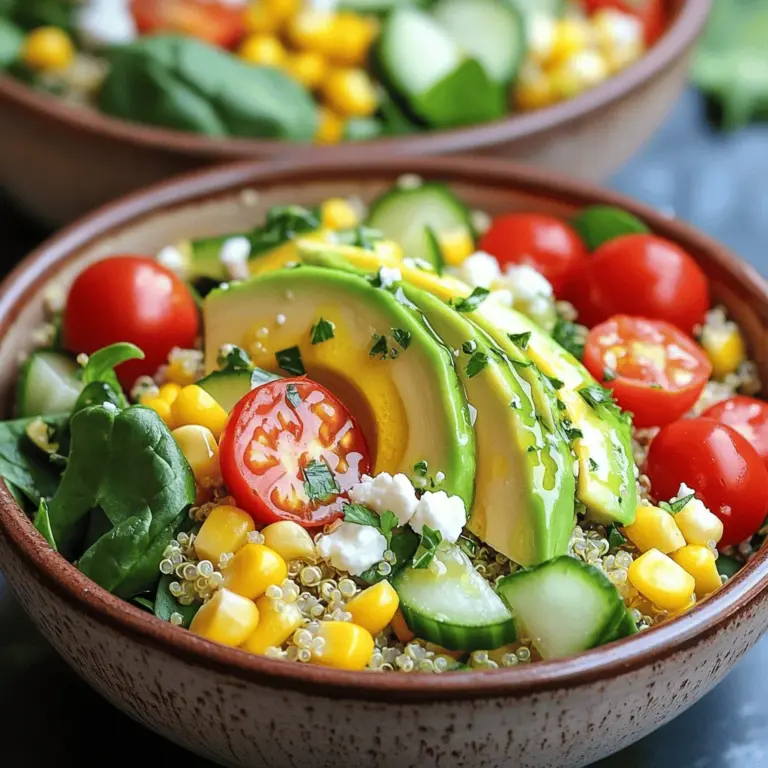 - 1 Tasse Quinoa, gut abgespült - 2 Tassen Gemüsebrühe oder Wasser - 1 Tasse Kirschtomaten, halbiert - 1 Gurke, gewürfelt - 1 Paprika (rot oder gelb), in Stücke geschnitten - 1 Tasse Mais (aus dem Tiefkühler, aufgetaut oder frisch) - 1 Avocado, in Scheiben geschnitten - 1 Tasse Spinat oder gemischte Blattsalate - ¼ Tasse frische Petersilie, gehackt Quinoa ist der Hauptbestandteil. Er ist voll mit Proteinen und Ballaststoffen. Die Gemüsebrühe oder Wasser gibt der Quinoa viel Geschmack. Frisches Gemüse sorgt für Farbe und Nährstoffe. - ½ Tasse Feta-Käse, zerbröselt (optional) - ½ Teelöffel Kreuzkümmel (optional) Feta-Käse bringt einen cremigen Geschmack. Kreuzkümmel gibt ein warmes Aroma dazu. Du kannst sie nach Wunsch hinzufügen. - 2 Esslöffel Olivenöl - 1 Esslöffel frischer Zitronensaft - Salz und Pfeffer nach Geschmack Olivenöl und Zitronensaft machen das Dressing frisch. Salz und Pfeffer heben den Geschmack der Zutaten hervor. Du kannst die Gewürze nach deinem Geschmack anpassen. Für das vollständige Rezept schaue auf den [Full Recipe]. Zusammenstellung der Zutaten Um die Quinoa zu kochen, brauchst du: - 1 Tasse Quinoa, gut abgespült - 2 Tassen Gemüsebrühe oder Wasser Kochzeit und Vorbereitung Gib die Quinoa mit der Brühe in einen mittleren Topf. Bring das Wasser zum Kochen. Reduziere dann die Hitze und decke den Topf ab. Lass die Quinoa 15 Minuten köcheln. Sie wird fluffig und saugt die Flüssigkeit auf. Nimm den Topf vom Herd und lass die Quinoa 5 Minuten stehen. Lockere sie anschließend mit einer Gabel auf. Vorbereitung des Gemüses Während die Quinoa kocht, schneide das Gemüse. Nimm: - 1 Tasse Kirschtomaten, halbiert - 1 Gurke, gewürfelt - 1 Paprika, in Stücke geschnitten - 1 Tasse Mais - 1 Tasse Spinat oder gemischte Blattsalate - ¼ Tasse frische Petersilie, gehackt Kombination der Zutaten in einer Schüssel Gib alle geschnittenen Zutaten in eine große Schüssel. Mische sie gut. So bekommst du einen bunten Mix, der frisch aussieht und schmeckt. Zutaten für das Dressing auswählen Für ein einfaches Dressing brauchst du: - 2 Esslöffel Olivenöl - 1 Esslöffel frischer Zitronensaft - Salz und Pfeffer nach Geschmack - ½ Teelöffel Kreuzkümmel (optional) Vermischung der Dressings Gib alle Zutaten in eine kleine Schüssel. Mische sie gut mit einem Löffel. Probiere das Dressing. Du kannst mehr Salz oder Pfeffer hinzufügen, wenn du möchtest. Jetzt hast du die Basis für deine Quinoa Power Bowls. Mixe alles zusammen und genieße dein gesundes Gericht! Für das vollständige Rezept schau dir die [Full Recipe] an. Um perfekte Quinoa zu kochen, spüle sie gut ab. Das entfernt Bitterstoffe. Verwende das richtige Wasserverhältnis. Nimm zwei Tassen Flüssigkeit pro Tasse Quinoa. Koche die Quinoa, bis sie das Wasser aufnimmt. Ein häufiger Fehler ist, sie zu lange zu kochen. Das führt zu matschiger Quinoa. Lass sie nach dem Kochen fünf Minuten ruhen. Dann lockere sie mit einer Gabel. Die Präsentation deiner Power Bowls macht einen großen Unterschied. Verwende bunte Zutaten für einen tollen Look. Schichte die Quinoa zuerst. Füge dann das Gemüse hinzu. Streue die Toppings gleichmäßig darüber. Das Auge isst mit! Toppings wie Avocado und Feta sorgen für Frische und Geschmack. Experimentiere mit verschiedenen Anordnungen für mehr Spaß beim Essen. Variiere deine Bowls nach Lust und Laune. Probiere verschiedene Gemüsesorten aus. Karotten oder Brokkoli sind tolle Alternativen. Du kannst auch Proteinquellen hinzufügen, wie Bohnen oder Tofu. Wenn dir etwas fehlt, ersetze die Zutaten nach deinem Geschmack. Feta kann durch Sonnenblumenkerne oder Nüsse ersetzt werden. So bleibt das Gericht spannend und lecker. {{image_4}} Du kannst den Feta-Käse einfach gegen andere Proteine austauschen. Kichererbsen oder schwarze Bohnen sind tolle Optionen. Sie bieten dir einen ähnlichen Proteingehalt. Zudem kannst du mehr Gemüsesorten hinzufügen. Probiere Brokkoli, Zucchini oder Rote Bete. Diese bringen Farbe und Geschmack in deine Schüssel. Wenn du eine vegane Variante möchtest, lass einfach den Feta-Käse weg. Ersetze ihn durch Avocado oder Nüsse. Diese Zutaten bieten gesunde Fette. Für das Dressing kannst du ein veganes Rezept verwenden. Zum Beispiel, mische Tahini mit Zitronensaft und Wasser. Das gibt deiner Bowl einen tollen Geschmack. Nutze saisonales Gemüse für mehr Frische. Im Frühling sind Spargel und Radieschen großartig. Im Sommer kannst du frische Erbsen und Zucchini verwenden. Im Herbst passen Kürbis und Rosenkohl gut. Achte darauf, die Zutaten je nach Verfügbarkeit anzupassen. Das macht deine Bowls nicht nur lecker, sondern auch nachhaltig. Die Quinoa-Power-Bowls bleiben frisch, wenn du sie richtig lagerst. Du kannst die Bowls bis zu zwei Tage im Kühlschrank aufbewahren. Verwende luftdichte Behälter, um die Frische zu sichern. Achte darauf, dass die Bowls gut abgekühlt sind, bevor du sie in den Kühlschrank stellst. Einfrieren ist eine tolle Methode, um die Bowls länger frisch zu halten. Teile die Bowls in Portionen auf und lege sie in gefriergeeignete Behälter oder Beutel. Achte darauf, so viel Luft wie möglich zu entfernen. So bleibt der Geschmack erhalten. Du kannst die Bowls bis zu drei Monate einfrieren. Wenn du die Bowls aufwärmen möchtest, gibt es einige einfache Methoden. Die beste Methode ist, die Bowls in der Mikrowelle aufzuwärmen. Stelle die Mikrowelle auf mittlere Leistung ein und erwärme sie in kurzen Intervallen. Rühre die Mischung zwischendurch um. So vermeidest du, dass die Quinoa überkocht oder austrocknet. Du kannst auch die Pfanne verwenden, um die Bowls sanft zu erwärmen. Füge einen kleinen Spritzer Wasser hinzu, um die Feuchtigkeit zu bewahren. Quinoa-Bowls sind im Kühlschrank bis zu zwei Tage haltbar. Lagere sie in einem luftdichten Behälter. Achte darauf, dass sie gut abgedeckt sind, um ein Austrocknen zu vermeiden. Vor dem Servieren kannst du sie kurz aufwärmen oder kalt genießen. Ja, du kannst vorgekochte Quinoa verwenden. Das spart Zeit und macht die Zubereitung einfacher. Achte darauf, die Quinoa gut abzuspülen, bevor du sie hinzufügst. Du findest vorgekochte Quinoa in den meisten Supermärkten. Diese Option ist perfekt, wenn du schnell eine gesunde Mahlzeit zubereiten möchtest. Zu Quinoa-Power-Bowls passen viele Beilagen. Du kannst gegrilltes Gemüse, Hummus oder einen frischen Salat servieren. Auch Nüsse oder Samen sind gute Ergänzungen für den Crunch. Wenn du etwas Protein hinzufügen möchtest, sind gegrillte Hähnchenbrust oder Kichererbsen ideale Optionen. In diesem Blogbeitrag haben wir die Zutaten, die Zubereitung und Tipps für Quinoa-Bowls behandelt. Du lernst, wie du Quinoa perfekt kochst und dein Gemüse ansprechend präsentierst. Auch Variationen, Lagerung und häufige Fragen wurden besprochen. Die Quinoa-Bowl ist ein gesundes und leckeres Gericht. Sie lässt sich leicht anpassen und immer wieder neu entdecken. Probiere verschiedene Kombinationen und finde deine Lieblingsversion!