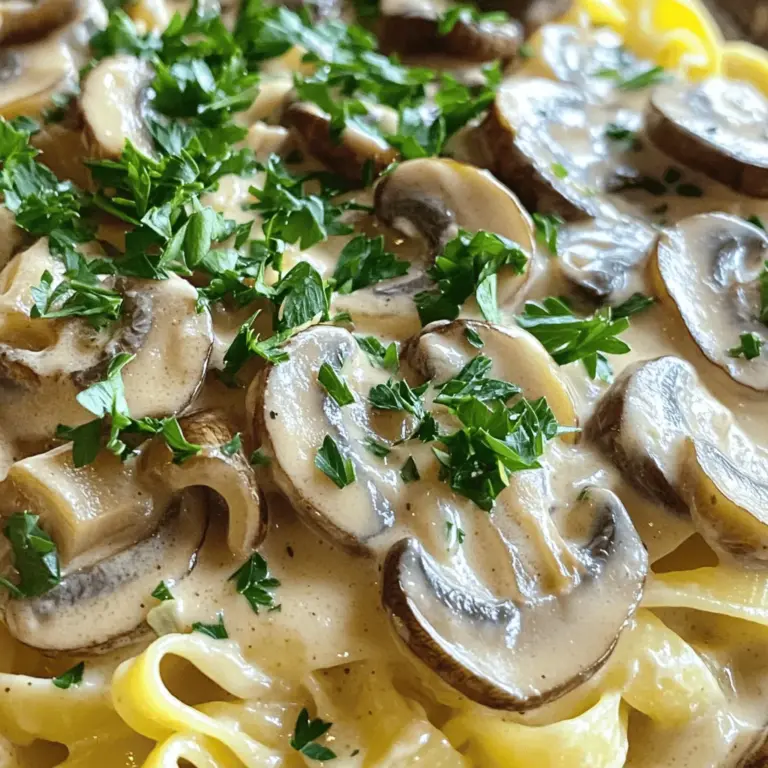 Für das Rezept Vegan Mushroom Stroganoff brauchst du diese Zutaten: - 340 g frische Pilze (z.B. Cremini oder Champignons), in Scheiben geschnitten - 1 mittelgroße Zwiebel, fein gehackt - 3 Knoblauchzehen, gehackt - 240 ml Gemüsebrühe - 240 ml pflanzliche Sauerrahm (auf Kokos- oder Cashewbasis) - 2 Esslöffel Sojasauce oder Tamari - 1 Teelöffel Dijon-Senf - 1 Esslöffel Nährhefe - 2 Esslöffel Olivenöl - 1 Teelöffel getrockneter Thymian - 1 Teelöffel geräucherter Paprika - Salz und Pfeffer nach Geschmack - 225 g ei-freie Pasta (oder deine Lieblings-Vegan-Pasta) - Frische Petersilie, gehackt (zum Garnieren) Die Qualität der Zutaten macht einen großen Unterschied. Frische Pilze bringen mehr Geschmack und Textur. Achte darauf, dass sie fest und trocken sind. Die Zwiebeln sollten glänzend und ohne Flecken sein. Verwende immer bio Gemüsebrühe, wenn möglich. Sojasauce oder Tamari sollten ohne Zucker und Konservierungsstoffe sein. Diese kleinen Details machen dein Gericht besser. Wenn du Allergien hast, gibt es einige einfache Substitutionen. Du kannst glutenfreie Pasta anstelle von ei-freier Pasta verwenden. Statt Sojasauce kann Tamari benutzt werden, um Gluten zu vermeiden. Für die pflanzliche Sauerrahm kannst du auch einen selbstgemachten Cashew-Creme verwenden. Diese Anpassungen machen das Rezept sicher und lecker für jeden. Um die Pasta zu starten, bringe einen großen Topf mit Wasser zum Kochen. Füge dann Salz hinzu. Das hilft bei der Geschmacksbildung. Gib die ei-freie Pasta ins Wasser. Koche sie gemäß den Anweisungen auf der Verpackung, bis sie al dente ist. Nach dem Kochen, gieße die Pasta ab und stelle sie beiseite. Achte darauf, etwas vom Nudelwasser aufzuheben. Es kann die Sauce später cremiger machen. Jetzt kommt der aromatische Teil. In einer großen Pfanne erhitze das Olivenöl bei mittlerer Hitze. Füge die fein gehackten Zwiebeln hinzu und brate sie etwa fünf Minuten lang. Sie sollten glasig und weich werden. Dann kommt der gehackte Knoblauch dazu. Brate ihn eine weitere Minute, bis er duftet. Achte darauf, dass der Knoblauch nicht anbrennt, da er dann bitter wird. Erhöhe jetzt die Hitze auf mittelhoch und füge die geschnittenen Pilze hinzu. Brate die Pilze für etwa sieben bis zehn Minuten. Sie sollten schön gebräunt und zart sein. Rühre gelegentlich um. Wenn die Pilze gar sind, reduziere die Hitze wieder auf mittel. Gib die Gemüsebrühe, Sojasauce, Dijon-Senf, Nährhefe, Thymian und geräucherten Paprika in die Pfanne. Rühre alles gut um und lasse die Mischung etwa fünf Minuten köcheln. Das hilft, die Aromen zu verbinden. Jetzt kommt der pflanzliche Sauerrahm. Verringere die Hitze und rühre ihn vorsichtig unter. Erwärme die Sauce, aber lass sie nicht kochen. Schmecke sie mit Salz und Pfeffer ab. Zuletzt füge die gekochte Pasta in die Pilzmischung hinzu und vermenge alles gut. So wird jede Pasta perfekt umhüllt. Für das vollständige Rezept, schau in die vollständige Anleitung. Für unseren veganen Pilz-Stroganoff sind frische Pilze der Schlüssel. Ich empfehle, Cremini oder Champignons zu wählen. Diese Pilze haben einen tollen Geschmack und eine schöne Textur. Achte darauf, dass die Pilze fest sind, ohne dunkle Flecken. Wenn du magst, kannst du auch Shiitake-Pilze hinzufügen. Sie bringen einen kräftigen Umami-Geschmack. Um die cremigste Sauce zu bekommen, verwende pflanzlichen Sauerrahm. Kokos- oder Cashewbasis funktioniert sehr gut. Achte darauf, die Sauce nicht zu überhitzen. So bleibt die Cremigkeit erhalten. Du kannst auch etwas Nährhefe hinzufügen. Dies gibt der Sauce einen leckeren, käsigen Geschmack. Wenn du mehr Flüssigkeit brauchst, füge etwas Gemüsebrühe hinzu. Ein häufiger Fehler ist, die Pilze zu lange zu braten. Dadurch verlieren sie ihre Feuchtigkeit und werden zäh. Brate sie nur, bis sie goldbraun sind. Ein weiterer Fehler ist, die Sauce zu stark zu würzen. Beginne mit wenig Salz und Pfeffer und schmecke am Ende ab. So kannst du die Aromen besser steuern. Vergiss nicht, die Pasta gut mit der Sauce zu vermengen, damit jeder Biss lecker ist. Für das komplette Rezept schau dir den [Full Recipe] an. {{image_4}} Um mehr Protein hinzuzufügen, probiere Tofu oder Tempeh. Beides ist leicht zu finden und sehr nahrhaft. Du kannst sie einfach in Würfel schneiden und zusammen mit den Zwiebeln anbraten. Auch Kichererbsen passen gut in dieses Gericht. Sie bringen eine nussige Note und mehr Biss. Verändere den Geschmack, indem du verschiedene Pilzsorten verwendest. Shiitake und Austernpilze bringen einen tieferen Geschmack. Du kannst auch frische Kräuter wie Rosmarin oder Basilikum hinzufügen. Das gibt dem Gericht eine frische Note. Für eine würzige Variante kannst du Chili oder Cayennepfeffer einstreuen. Wenn du glutenfrei isst, wähle glutenfreie Pasta aus Reis oder Linsen. Diese Pasta ist oft lecker und bietet eine gute Textur. Du kannst auch Zucchini-Nudeln ausprobieren. Sie sind leicht und gesund. Die Zucchini nimmt die Sauce gut auf und sorgt für eine neue, frische Variante des klassischen Gerichts. Für das vollständige Rezept schaue dir die [Full Recipe] an. Lagere die Reste von deinem veganen Pilz-Stroganoff in einem luftdichten Behälter. Stelle sicher, dass die Mischung abgekühlt ist, bevor du sie in den Kühlschrank stellst. So bleibt der Geschmack frisch. Du kannst auch die Pasta und die Sauce getrennt lagern, um die Textur zu bewahren. Wenn du dein Stroganoff wieder aufwärmst, benutze einen Topf oder die Mikrowelle. Erhitze es langsam, damit die Sauce nicht zu dick wird. Füge bei Bedarf etwas Gemüsebrühe hinzu, um die Konsistenz zu verbessern. Rühre gut um, damit alles gleichmäßig warm wird. Im Kühlschrank bleibt das Stroganoff bis zu 4 Tage frisch. Wenn du es länger aufbewahren willst, friere es ein. Im Gefrierschrank hält es bis zu 3 Monate. Achte darauf, es gut zu verpacken, damit keine Luft eindringt. So bleibt der Geschmack und die Qualität erhalten. Um dein Gericht schärfer zu machen, füge einfach etwas Chili oder Cayennepfeffer hinzu. Du kannst auch frische, gehackte Chilischoten verwenden. Beginne mit einer kleinen Menge und taste dich heran. So behältst du die Kontrolle über die Schärfe. Ja, du kannst sowohl frische als auch getrocknete Kräuter verwenden. Frische Kräuter geben mehr Aroma. Ich empfehle, frischen Thymian oder Petersilie zu nutzen. Wenn du getrocknete Kräuter verwendest, achte darauf, weniger zu nehmen, da sie konzentrierter sind. Ja, dieses Rezept ist kinderfreundlich! Die Zutaten sind einfach und lecker. Die cremige Sauce und die Pasta machen es für Kinder attraktiv. Du kannst auch weniger Knoblauch verwenden, wenn dein Kind es nicht mag. Du kannst die Reste in einem luftdichten Behälter im Kühlschrank aufbewahren. Sie halten sich bis zu drei Tage. Wenn du sie länger aufbewahren möchtest, friere sie ein. Ja, du kannst die Sauce ohne Nüsse zubereiten. Verwende stattdessen Soja- oder Erbsen-Sauerrahm. Diese Optionen sind ebenfalls lecker und cremig. Du kannst jede ei-freie Pasta verwenden. Ich empfehle Penne oder Fusilli, da sie die Sauce gut halten. Probiere auch glutenfreie Pasta, wenn du das möchtest. Ja, es ist perfekt für Meal Prep! Du kannst es im Voraus zubereiten und dann portionsweise aufbewahren. So hast du eine schnelle, gesunde Mahlzeit bereit. Ja, füge gerne andere Gemüse hinzu! Spinat, Zucchini oder Paprika passen gut. Sie erhöhen die Nährstoffe und den Geschmack. Diese Anleitung erklärt, wie man leckere vegane Pasta mit einer köstlichen Pilz-Sauce zubereitet. Wir haben die besten Zutaten besprochen, Tipps für die perfekte Sauce gegeben und Variationen vorgestellt. Ich hoffe, du hast nun das Wissen, um die Pasta nach deinem Geschmack anzupassen. Probiere die verschiedenen Möglichkeiten aus und genieße deine Kreationen. Viel Spaß beim Kochen und guten Appetit!