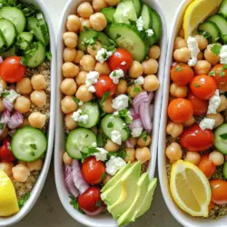 Kichererbsen sind die Basis. Sie bringen Protein und Ballaststoffe. Gekochter Quinoa fügt Textur hinzu und macht das Gericht sättigend. Für frische Aromen brauchen wir Gemüse und Feta-Käse. Hier sind die Hauptzutaten: - 1 Dose (425 g) Kichererbsen, abgetropft und abgespült - 1 Tasse gekochter Quinoa - 1 Gurke, gewürfelt - 1 Tasse Cherrytomaten, halbiert - ½ rote Zwiebel, fein gehackt - ½ Tasse Kalamata-Oliven, entsteint und halbiert - ½ Tasse Feta-Käse, zerbröselt Das Dressing ist der Schlüssel. Olivenöl und Zitronensaft geben Geschmack und Frische. Gewürze und frische Kräuter bringen alles zusammen. Nutze getrockneten Oregano, Salz und Pfeffer. Hier sind die Zutaten für das Dressing: - 2 Esslöffel Olivenöl - 1 Esslöffel Zitronensaft - 1 Teelöffel getrockneter Oregano - Salz und Pfeffer nach Geschmack - Frische Petersilie, gehackt (zum Garnieren) Die Portionierung ist einfach. Diese Rezeptur ergibt vier Portionen. Du kannst die Größe anpassen. Möchtest du weniger? Teile die Mengen durch zwei. Willst du mehr? Verdopple alles. Du kannst auch die Zutaten variieren. Füge mehr Gemüse hinzu oder lasse den Feta weg. Avocado ist eine leckere Option. Sie macht die Bowls cremiger. So kannst du deine Power-Bowls nach deinem Geschmack anpassen. Um die Kichererbsen-Power-Bowls zuzubereiten, beginne mit den Kichererbsen. - Nimm eine Dose Kichererbsen, öffne sie und gieße sie in ein Sieb. - Spüle die Kichererbsen gut mit kaltem Wasser ab. - Lass sie danach gut abtropfen. Jetzt ist es Zeit, das Gemüse vorzubereiten. - Nimm eine Gurke, schneide sie in kleine Würfel. - Halbierte Cherrytomaten bringen Farbe ins Spiel. - Hacke die rote Zwiebel in feine Stücke. Die Vinaigrette ist einfach und lecker. - Nimm eine kleine Schüssel und gib das Olivenöl hinein. - Füge den Zitronensaft hinzu. - Streue getrockneten Oregano, Salz und Pfeffer hinein. - Vermenge alles gut mit einem kleinen Schneebesen. Jetzt kommt der spannende Teil: die Bowls zusammenstellen! - In einer großen Schüssel vermenge die Kichererbsen, Quinoa, Gurke, Tomaten, rote Zwiebel und Oliven. - Gieße die Vinaigrette über die Mischung. - Rühre vorsichtig um, bis alles gut vermischt ist. - Teile die Mischung gleichmäßig auf Servierschalen auf. - Garniere jede Bowl mit Feta-Käse und optional mit Avocado. - Bestreue alles mit frisch gehackter Petersilie. Jetzt hast du eine bunte und gesunde Mahlzeit! Für das volle Rezept, schaue dir die Details an. Um die Vinaigrette zu perfektionieren, probiere verschiedene Öle aus. Olivenöl ist klassisch, aber Avocadoöl bringt einen tollen Geschmack. Füge mehr Zitronensaft hinzu, wenn du es frischer magst. Ein Hauch Honig kann die Säure ausgleichen. Wenn du Gewürze verwendest, wie Paprika oder Kreuzkümmel, erhältst du neue Aromen. Denke daran, die Vinaigrette gut zu schütteln, damit sich alles verbindet. Die Präsentation macht viel aus. Verwende breite, flache Schalen für deine Power-Bowls. Arrangiere die Zutaten in bunten Abschnitten. Das sieht nicht nur gut aus, sondern macht die Bowl auch einladend. Eine Zitronenscheibe an die Seite legt einen schönen Akzent. Frische Kräuter sorgen für Farbe und einen tollen Duft. Denke daran, die Bowl vor dem Servieren zu garnieren. Du kannst die Zutaten nach Lust und Laune ändern. Wenn du keinen Feta magst, probiere Avocado oder Hummus. Verwende saisonales Gemüse, um frische Aromen zu bekommen. Statt Quinoa kannst du auch Bulgur oder Reis verwenden. Das macht das Rezept flexibel und spannend. Lass deiner Kreativität freien Lauf und finde deine Lieblingskombination! Für mehr Details, schau dir das [Full Recipe] an. {{image_4}} Wenn Sie mehr Proteine oder Gemüse möchten, fügen Sie ganz einfach einige Zutaten hinzu. Zum Beispiel sind geröstete Süßkartoffeln eine tolle Wahl. Sie bringen Süße und Farbe. Probieren Sie auch gebratene Zucchini oder Paprika. Diese Gemüse passen gut zu Kichererbsen und Quinoa. Für mehr Eiweiß können Sie auch einige Nüsse oder Samen hinzufügen. Mandeln oder Sonnenblumenkerne sind eine gute Wahl. Diese sorgen für einen knusprigen Biss und gesunde Fette. Wenn Sie eine vegane Bowl möchten, lassen Sie einfach den Feta-Käse weg. Ersetzen Sie ihn durch Avocado oder eine vegane Käsealternative. Diese Optionen machen die Bowl cremig und lecker. Für das Dressing können Sie Tahini oder eine Cashew-Creme nutzen. Diese Dressings sind reichhaltig und voller Geschmack. So bleibt Ihre Bowl vegan und trotzdem köstlich. Für eine proteinreiche Bowl können Sie Hähnchen oder Tofu hinzufügen. Hähnchenbrust ist mager und einfach zuzubereiten. Grillen oder braten Sie es einfach und schneiden Sie es in Stücke. Tofu ist ebenfalls eine tolle Wahl. Marinieren Sie es in Sojasauce und braten Sie es goldbraun. Beide Optionen machen die Bowl sättigender. So erhalten Sie eine ausgewogene Mahlzeit, die Energie gibt. Für das vollständige Rezept schauen Sie sich die [Full Recipe] an! Bewahre die Kichererbsen-Power-Bowls im Kühlschrank auf. So bleiben sie frisch. Verwende einen luftdichten Behälter. Damit vermeidest du, dass die Zutaten austrocknen. Diese Bowls sind eine tolle Option für schnelle, gesunde Mahlzeiten. Du kannst sie auch gut vorbereiten und für später speichern. Die frischen Zutaten bleiben bis zu vier Tage im Kühlschrank haltbar. Kichererbsen und Quinoa halten in der Regel länger. Wenn du Reste hast, kannst du sie in anderen Gerichten verwenden. Mische sie zum Beispiel in Salate oder Suppen. So reduzierst du Abfall und schaffst neue Geschmackserlebnisse. Um Reste wieder aufzuwärmen, verwende die Mikrowelle oder einen Topf. Achte darauf, die Bowls nicht zu lange zu erhitzen. Dadurch bleibt der Geschmack erhalten. Wenn du magst, füge etwas frisches Olivenöl oder Zitronensaft hinzu. Das bringt neuen Schwung in die Reste. Die Mediterranen Kichererbsen-Power-Bowls bieten einen tollen Geschmack. Die Kombination aus Kichererbsen, Quinoa, frischem Gemüse und Feta sorgt für eine harmonische Balance. Kichererbsen sind nussig und cremig. Quinoa hat eine leichte, angenehme Textur. Cherrytomaten bringen eine süße Frische. Die Gurke sorgt für Knackigkeit. Rote Zwiebeln fügen einen scharfen, süßen Geschmack hinzu. Kalamata-Oliven bieten einen salzigen, herzhaften Kontrast. Olivenöl und Zitronensaft runden das Ganze ab. Ja, du kannst diese Bowls im Voraus vorbereiten. Das spart Zeit, besonders an hektischen Tagen. Du kannst die Kichererbsen und Quinoa am Tag zuvor kochen. Schneide das Gemüse und bewahre es in einem Behälter auf. Das Dressing kannst du auch frühzeitig zubereiten. Mische alles kurz vor dem Servieren. So bleiben die Zutaten frisch und knackig. Ja, dieses Rezept ist glutenfrei. Kichererbsen und Quinoa sind beide glutenfrei. Wenn du auf Gluten achtest, wähle frische Zutaten. Achte darauf, dass das Dressing keine glutenhaltigen Zutaten enthält. Du kannst auch andere glutenfreie Körner verwenden, wenn du magst. So passt dieses Gericht gut zu einer glutenfreien Ernährung. Für das gesamte Rezept kannst du die Anleitung in der [Full Recipe] nachlesen. Mediterrane Kichererbsen-Power-Bowls sind einfach, gesund und lecker. Wir haben die Hauptzutaten, das Dressing und Portionierung besprochen. Mit nützlichen Tipps wird die Zubereitung noch einfacher. Variationen wie vegetarische oder vegane Optionen bieten Flexibilität. Denken Sie daran, die Bowls frisch zu lagern und gegebenenfalls aufzuwärmen. Genießen Sie die Aromen und machen Sie diese Power-Bowls zu Ihrem neuen Lieblingsgericht!