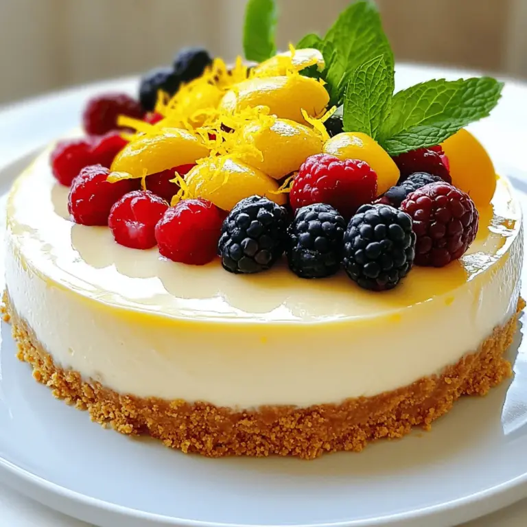 - 1 ½ Tassen Grahamcracker-Brösel - 2 Tassen Frischkäse, weich - 1 Tasse Puderzucker - 1/3 Tasse frischer Zitronensaft - Zeste von 2 Zitronen Die Hauptzutaten sind der Schlüssel zu einem leckeren No-Bake Lemon Cheesecake. Grahamcracker-Brösel geben der Kruste einen tollen Geschmack. Frischkäse sorgt für die cremige Füllung. Puderzucker macht alles süß, während Zitronensaft und Zeste eine frische Note bringen. - ½ Tasse ungesalzene Butter, geschmolzen - 1 Teelöffel Vanilleextrakt - 1 Tasse Schlagsahne Die geschmolzene Butter hilft, die Kruste zusammenzuhalten. Vanilleextrakt fügt ein schönes Aroma hinzu. Schlagsahne macht die Füllung leicht und luftig. Diese Zutaten ergänzen die Hauptzutaten perfekt. - Frische Beeren - Minzblätter Frische Beeren und Minzblätter sind tolle Optionen für die Garnitur. Sie bringen Farbe und Frische auf den Tisch. Beeren passen gut zum Zitronengeschmack. Minze sorgt für einen zusätzlichen Frischekick. Für das vollständige Rezept schau in die [Full Recipe]. Um die Kruste zu machen, mische zuerst die Grahamcracker-Brösel mit der geschmolzenen Butter. Rühre alles gut, bis die Brösel gleichmäßig feucht sind. Dann drücke diese Mischung fest in den Boden einer 9-Zoll Springform. Achte darauf, dass sie gleichmäßig verteilt ist. Stelle die Form in den Kühlschrank, während du die Füllung vorbereitest. Für die Füllung schlage den Frischkäse in einer großen Schüssel cremig. Verwende einen elektrischen Mixer für die beste Konsistenz. Füge dann den Puderzucker langsam hinzu und rühre weiter, bis alles gut vermischt ist. Jetzt kommt der frische Zitronensaft, die Zitronenzeste und der Vanilleextrakt dazu. Rühre alles gut, bis die Mischung glatt ist. Schlage die Sahne in einer separaten Schüssel steif. Achte darauf, dass sich feste Spitzen bilden. Das macht die Füllung leicht und luftig. Heben dann vorsichtig die geschlagene Sahne unter die Frischkäsemischung. Stelle sicher, dass keine weißen Streifen mehr sichtbar sind. Gieße die Füllung über die gekühlte Kruste und streiche die Oberfläche glatt. Decke den Kuchen mit Frischhaltefolie ab und stelle ihn mindestens 4 Stunden in den Kühlschrank, besser über Nacht. Um die perfekte Konsistenz für deinen No-Bake Lemon Cheesecake zu erreichen, achte darauf, die Schlagsahne richtig einzuschlagen. Schlage die Sahne, bis sich feste Spitzen bilden. Das gibt deinem Käsekuchen eine leichte und luftige Textur. Wenn du die Sahne unter die Frischkäsemischung hebst, sei sanft. Verwende einen Spatel und hebe die Mischung vorsichtig, bis keine weißen Streifen mehr sichtbar sind. Ein weiterer wichtiger Punkt ist die Vermeidung von Klumpen im Frischkäse. Sorge dafür, dass der Frischkäse weich ist, bevor du ihn mit dem Mixer schlägst. So vermeidest du Klumpen und erhältst eine glatte Füllung. Die Präsentation macht viel aus! Arrangiere frische Beeren und Minzblätter auf deinem Käsekuchen für einen schönen Look. Platziere die Beeren in der Mitte oder am Rand des Kuchens. Dies zieht die Blicke an und macht den Kuchen noch verlockender. Die Wahl des Serviergeschirrs kann ebenfalls einen großen Unterschied machen. Verwende eine schöne Tortenplatte oder kleine Dessertschalen. Das macht das Servieren noch besonderer. Ein häufiger Fehler ist die Verwendung von zu viel Zitronensaft. Es kann den Kuchen zu sauer machen. Halte dich an die Menge im Rezept, um den perfekten Balance zwischen Süße und Säure zu erreichen. Ein weiterer Fehler ist, den Käsekuchen nicht lange genug zu kühlen. Lasse ihn mindestens vier Stunden im Kühlschrank, besser über Nacht. So festigt sich die Füllung gut und der Kuchen hat die richtige Konsistenz. {{image_4}} Du kannst deinen No-Bake Lemon Cheesecake leicht anpassen. Himbeeren oder Erdbeeren sind tolle Zusätze. Einfach die Früchte pürieren und unter die Füllung rühren. Das gibt deinem Käsekuchen eine fruchtige Note. Chocolade ist auch eine spannende Wahl. Schmelze etwas Schokolade und mische sie in die Füllung. Du kannst auch Karamell hinzufügen. Es macht den Kuchen süß und reichhaltig. Experimentiere mit diesen Geschmäckern, um deine eigene Version zu kreieren. Du brauchst keine Sorgen zu haben, wenn du glutenfrei bist. Verwende einfach glutenfreie Kekse für die Kruste. Sie funktionieren genauso gut wie die normalen. Wenn du auf Milchprodukte verzichtest, gibt es pflanzliche Alternativen. Veganer Frischkäse aus Nüssen oder Soja ist eine gute Wahl. Kombiniere ihn mit pflanzlicher Sahne. So bleibt der Käsekuchen cremig und lecker. Mini-Versionen sind perfekt für kleine Portionen. Nutze Muffin-Formen, um individuelle Käsekuchen zu machen. Fülle jede Form mit der Füllung und kühle sie. Die Kühlzeit ist wichtig. Mini-Käsekuchen brauchen weniger Zeit, etwa zwei bis drei Stunden. Sie sind eine tolle Idee für Partys oder Snacks. Probiere diese Variationen aus, um deine Gäste zu beeindrucken. Du findest das vollständige Rezept hier: [Full Recipe]. Bewahre den No-Bake Lemon Cheesecake im Kühlschrank auf. Decke ihn gut ab, um ihn frisch zu halten. Ein Stück Frischhaltefolie oder ein luftdichter Behälter funktioniert gut. So bleibt er für bis zu fünf Tage lecker. Du kannst ihn auch lange genießen, wenn du ihn richtig lagerst. Einfrieren kann eine gute Methode sein, wenn du den Käsekuchen länger aufbewahren möchtest. Teile ihn in Stücke, bevor du ihn einfrierst. Wickel jedes Stück in Frischhaltefolie und lege es in einen Gefrierbeutel. So bleibt der Käsekuchen bis zu drei Monate frisch. Zum Auftauen legst du ihn einfach in den Kühlschrank, bis er weich ist. Das dauert einige Stunden. Um den vollen Geschmack zu bewahren, achte auf die Verpackung. Verwende luftdichte Behälter oder mehrere Schichten Folie. Dadurch bleibt der Käsekuchen aromatisch und lecker. Vermeide den Kontakt mit anderen starken Gerüchen im Kühlschrank. So bleibst du sicher, dass der frische Zitronengeschmack nicht verloren geht. Um eine No-Bake Lemon Cheesecake zu machen, befolge diese Schritte: 1. Kruste vorbereiten: Mische die Grahamcracker-Brösel mit geschmolzener Butter in einer Schüssel. 2. Kruste formen: Drücke die Mischung in eine Springform. Stelle sie in den Kühlschrank. 3. Frischkäsefüllung zubereiten: Schlage den Frischkäse glatt. Füge Puderzucker nach und nach hinzu. 4. Aromen hinzufügen: Rühre frischen Zitronensaft, Zitronenzeste und Vanille unter. 5. Sahne schlagen: Schlage die Sahne, bis sie steif ist. Sie macht die Füllung leicht. 6. Kombinieren: Hebe die Sahne vorsichtig unter die Frischkäsemischung. 7. Kruste füllen: Gieße die Füllung in die gekühlte Kruste. Glätte die Oberfläche. 8. Kühlen: Decke den Käsekuchen ab und lasse ihn mindestens 4 Stunden kühlen. 9. Servieren: Löse den Käsekuchen aus der Form. Schneide ihn in Stücke und genieße ihn. Ein No-Bake Lemon Cheesecake hält sich im Kühlschrank etwa 3 bis 5 Tage. Du solltest ihn in einer luftdichten Box aufbewahren. So bleibt er frisch und lecker. Wenn du ihn länger aufbewahren möchtest, kannst du ihn einfrieren. Achte darauf, ihn gut einzupacken, um Gefrierbrand zu vermeiden. Ja, du kannst die Füllung anpassen! Hier sind einige Ideen: - Fruchtige Varianten: Füge pürierte Himbeeren oder Erdbeeren hinzu. Das gibt der Füllung eine schöne Farbe. - Schokoladige Note: Mische etwas geschmolzene Schokolade unter die Füllung. Das macht sie reichhaltiger. - Karamellgeschmack: Gebe etwas Karamellsauce für eine süße Note hinzu. - Vegane Option: Verwende pflanzlichen Frischkäse und Kokosmilch für die Füllung. Für mehr Details schaue dir das Full Recipe an. Zusammenfassend haben wir die Zutaten und Schritte für einen köstlichen No-Bake Lemon Cheesecake besprochen. Du hast gelernt, wie man die perfekte Kruste und cremige Füllung zubereitet. Tipps helfen dir, Fehler zu vermeiden und die Präsentation zu verbessern. Variationen und Lagerungshinweise geben dir noch mehr Optionen. Der No-Bake Lemon Cheesecake ist einfach und lecker, ideal für jeden Anlass. Jetzt bist du bereit, dein eigenes Rezept auszuprobieren und zu glänzen!
