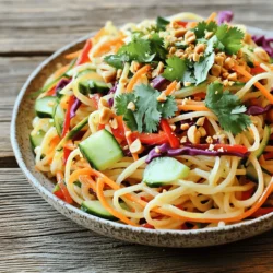 Für einen leckeren Spicy Thai Noodle Salad brauchst du frische und bunte Zutaten. Hier ist die Liste: - 200g Reisnudeln - 1 Tasse geraspelte Karotten - 1 Tasse rote Paprika, dünn geschnitten - 1 Tasse Gurke, in Julienne geschnitten - 1/2 Tasse rote Kohl, fein gehobelt - 1/4 Tasse frischer Koriander, gehackt - 1/4 Tasse Frühlingszwiebeln, in Ringe geschnitten - 1/4 Tasse geröstete Erdnüsse, zerdrückt Diese Zutaten sorgen für einen bunten und knackigen Salat. Die Reisnudeln machen ihn sättigend, während das Gemüse für Frische sorgt. Das Dressing bringt den ganzen Salat zum Leben. Du benötigst: - 3 Esslöffel Limettensaft - 2 Esslöffel Sesamöl - 1 Esslöffel Fischsauce (oder Sojasauce für eine vegetarische Variante) - 1 Esslöffel Honig oder Ahornsirup - 1-2 Teelöffel Chili-Knoblauch-Sauce (nach Wunsch für Schärfe anpassen) - Salz nach Geschmack Das Dressing ist süß, sauer und scharf. Es ergänzt die frischen Zutaten perfekt und hebt die Aromen hervor. Frische Zutaten machen den Unterschied. Hier sind meine Tipps: - Kaufe Gemüse, das knackig aussieht. Es sollte fest und leuchtend sein. - Wähle Reisnudeln, die aus hochwertigem Reis bestehen. Achte auf die Verpackung. - Frischer Koriander sollte grün und ohne braune Stellen sein. - Achte darauf, dass die Erdnüsse ungesalzen und geröstet sind. Mit diesen Tipps bist du auf dem richtigen Weg zu einem köstlichen und frischen Spicy Thai Noodle Salad. Wenn du mehr erfahren möchtest, schau dir das [Full Recipe] an. Um die Reisnudeln zuzubereiten, bringe einen großen Topf mit Wasser zum Kochen. Füge die Nudeln hinzu und koche sie für 4-6 Minuten, bis sie weich sind. Gieße die Nudeln ab und spüle sie unter kaltem Wasser. Das stoppt den Garprozess. Stelle die Nudeln beiseite, während du das Gemüse und das Dressing zubereitest. Schneide während die Nudeln kochen die anderen Zutaten. Nimm eine Tasse Karotten und raspel sie. Schneide eine Tasse rote Paprika in dünne Streifen. Nimm eine Gurke und schneide sie in Julienne-Streifen. Der rote Kohl sollte fein gehobelt werden. Hacke eine Vierteltasse frischen Koriander und schneide die Frühlingszwiebeln in Ringe. Diese frischen Zutaten geben dem Salat Farbe und Crunch. Für das Dressing nimm eine kleine Schüssel. Füge drei Esslöffel Limettensaft, zwei Esslöffel Sesamöl und einen Esslöffel Fischsauce hinzu. Wenn du eine vegetarische Option möchtest, nutze Sojasauce. Gib einen Esslöffel Honig oder Ahornsirup dazu. Für die Schärfe füge ein bis zwei Teelöffel Chili-Knoblauch-Sauce hinzu. Rühre alles gut um und schmecke das Dressing mit Salz ab. Dieses Dressing wird dem Salat einen tollen Geschmack geben. Die gesamte Zubereitung ist schnell und einfach. Du wirst in nur 30 Minuten einen leckeren Spicy Thai Noodle Salad haben. Vergiss nicht, die Schritte im [Full Recipe] zu beachten, um sicherzustellen, dass alles gut gelingt. Für den Spicy Thai Noodle Salad sind die Reisnudeln wichtig. Ich empfehle, sie wie folgt zuzubereiten: Bringen Sie einen großen Topf mit Wasser zum Kochen. Kochen Sie die Nudeln für 4-6 Minuten. Achten Sie darauf, sie nicht zu lange zu kochen. Sie sollten al dente sein, also bissfest. Nach dem Kochen, gießen Sie sie ab und spülen Sie sie mit kaltem Wasser. So stoppen Sie den Garprozess. Dies sorgt für eine perfekte Konsistenz. Der Salat lebt von frischem Gemüse. Sie können mit verschiedenen Sorten experimentieren. Mögen Sie es knackig? Fügen Sie mehr Gurke hinzu. Für mehr Farbe sind Paprika ideal. Karotten geben eine süße Note. Auch grüne Bohnen passen gut. Fühlen Sie sich frei, auch anderes Gemüse zu verwenden. Brokkoli oder Zucchini sind ebenfalls lecker. Achten Sie darauf, alles gleichmäßig zu schneiden, damit es gut aussieht und gleichmäßig schmeckt. Die Schärfe im Dressing ist nach Ihrem Geschmack. Beginnen Sie mit 1 Teelöffel Chili-Knoblauch-Sauce. Probieren Sie das Dressing aus. Mögen Sie es schärfer? Fügen Sie mehr Chili-Sauce hinzu. Seien Sie vorsichtig, weniger ist mehr. So können Sie das Dressing anpassen, ohne es zu übertreiben. Für eine milde Variante können Sie die Chili-Sauce auch ganz weglassen. So wird der Salat für jeden geeignet. Für das vollständige Rezept, schauen Sie sich die vollständige Anleitung an. {{image_4}} Um den Spicy Thai Noodle Salad vegan zu machen, ersetzen Sie die Fischsauce durch Sojasauce oder Tamari. Diese Optionen bieten den gleichen umami Geschmack. Verwenden Sie auch Ahornsirup als Süßungsmittel. Sie können die Erdnüsse durch Cashewkerne ersetzen, um eine andere Textur zu erhalten. Wenn Sie mehr Protein hinzufügen möchten, probieren Sie Tofu oder Tempeh. Beide Optionen lassen sich gut marinieren und braten. Für eine fleischige Variante sind Garnelen oder Hähnchenbrust ideal. Diese Zutaten passen gut zum Salat und sorgen für einen gesunden Kick. Nutzen Sie saisonale Zutaten für mehr Frische. Im Frühling sind Spargel und Radieschen großartig. Im Sommer können Sie frische Erbsen und Zucchini verwenden. Im Herbst sind Kürbis und Rosenkohl eine gute Wahl. Diese Zutaten bieten nicht nur neue Geschmäcker, sondern machen den Salat auch bunt und ansprechend. Um den Geschmack frisch zu halten, lagere den Spicy Thai Noodle Salad in einem luftdichten Behälter. Stelle sicher, dass der Salat ganz abgekühlt ist, bevor du ihn in den Kühlschrank stellst. Vermeide es, die Erdnüsse mit dem Salat zu mischen. Sie werden sonst weich und verlieren ihren Crunch. Im Kühlschrank bleibt der Salat für etwa 3 bis 4 Tage frisch. Achte darauf, den Salat immer gut zu verschließen, um Gerüche zu vermeiden. Überprüfe die Konsistenz und den Geruch, bevor du ihn isst. Wenn etwas nicht frisch aussieht oder riecht, entsorge es lieber. Du kannst den Salat warm genießen, aber sei vorsichtig. Erhitze ihn sanft in einer Pfanne bei schwacher Hitze. Füge ein wenig Wasser oder Dressing hinzu, um die Nudeln wieder geschmeidig zu machen. Überhitze den Salat nicht, um die frischen Aromen zu erhalten. Wenn du magst, kannst du die Erdnüsse separat anrösten und darüber streuen, bevor du servierst. Wenn du keine Fischsauce magst oder sie nicht hast, gibt es gute Alternativen. Du kannst Sojasauce verwenden. Sie hat einen ähnlichen salzigen Geschmack. Eine andere Option ist die Verwendung von Kokosnussaminos. Diese sind süßer und milder. Wenn du es vegan magst, ist die Sojasauce eine tolle Wahl. Ja, du kannst den Salat im Voraus zubereiten. Das ist praktisch für Mahlzeiten während der Woche. Bereite die Nudeln und das Gemüse vor, aber mische das Dressing erst kurz vor dem Servieren. So bleibt der Salat frisch und knackig. Absolut! Der Spicy Thai Noodle Salad eignet sich gut für Meal Prep. Du kannst ihn in luftdichten Behältern aufbewahren. Er bleibt im Kühlschrank 3 bis 4 Tage frisch. Achte darauf, das Dressing getrennt zu halten, um die Frische zu bewahren. Wenn du mehr Ideen suchst, schau dir die [Full Recipe] an. Der Spicy Thai Noodle Salad ist ein frisches und schmackhaftes Gericht. Du hast gelernt, wie man die wichtigsten Zutaten auswählt und das Dressing zubereitet. Außerdem hast du Tipps zur perfekten Konsistenz erhalten und Variationen für jede Vorliebe entdeckt. Denk daran, den Salat richtig zu lagern und die Haltbarkeit zu beachten. Mit diesen Informationen kannst du jederzeit einen leckeren Nudelsalat genießen. Lass deiner Kreativität freien Lauf und passe das Rezept nach deinem Geschmack an!