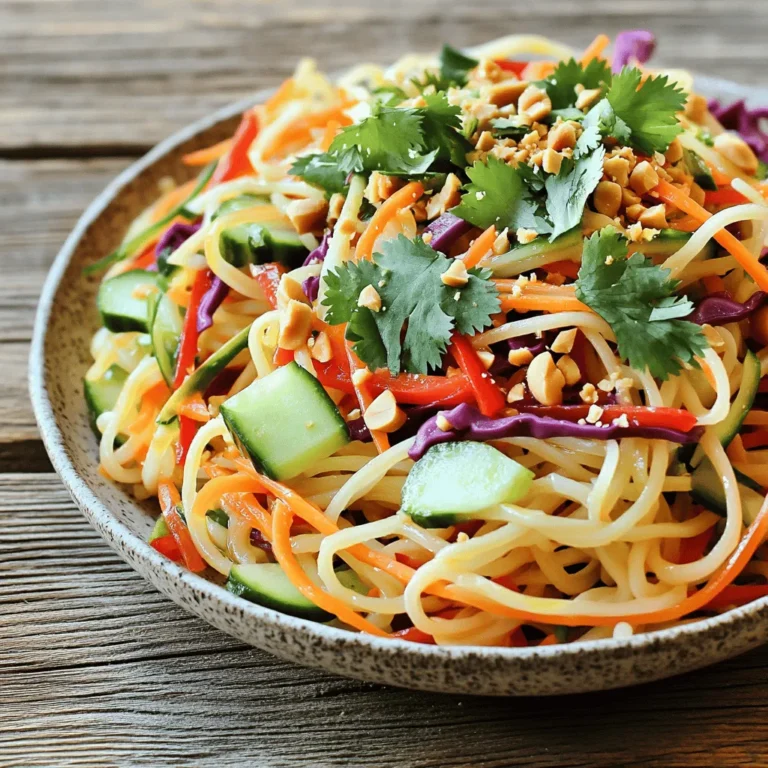 Für einen leckeren Spicy Thai Noodle Salad brauchst du frische und bunte Zutaten. Hier ist die Liste: - 200g Reisnudeln - 1 Tasse geraspelte Karotten - 1 Tasse rote Paprika, dünn geschnitten - 1 Tasse Gurke, in Julienne geschnitten - 1/2 Tasse rote Kohl, fein gehobelt - 1/4 Tasse frischer Koriander, gehackt - 1/4 Tasse Frühlingszwiebeln, in Ringe geschnitten - 1/4 Tasse geröstete Erdnüsse, zerdrückt Diese Zutaten sorgen für einen bunten und knackigen Salat. Die Reisnudeln machen ihn sättigend, während das Gemüse für Frische sorgt. Das Dressing bringt den ganzen Salat zum Leben. Du benötigst: - 3 Esslöffel Limettensaft - 2 Esslöffel Sesamöl - 1 Esslöffel Fischsauce (oder Sojasauce für eine vegetarische Variante) - 1 Esslöffel Honig oder Ahornsirup - 1-2 Teelöffel Chili-Knoblauch-Sauce (nach Wunsch für Schärfe anpassen) - Salz nach Geschmack Das Dressing ist süß, sauer und scharf. Es ergänzt die frischen Zutaten perfekt und hebt die Aromen hervor. Frische Zutaten machen den Unterschied. Hier sind meine Tipps: - Kaufe Gemüse, das knackig aussieht. Es sollte fest und leuchtend sein. - Wähle Reisnudeln, die aus hochwertigem Reis bestehen. Achte auf die Verpackung. - Frischer Koriander sollte grün und ohne braune Stellen sein. - Achte darauf, dass die Erdnüsse ungesalzen und geröstet sind. Mit diesen Tipps bist du auf dem richtigen Weg zu einem köstlichen und frischen Spicy Thai Noodle Salad. Wenn du mehr erfahren möchtest, schau dir das [Full Recipe] an. Um die Reisnudeln zuzubereiten, bringe einen großen Topf mit Wasser zum Kochen. Füge die Nudeln hinzu und koche sie für 4-6 Minuten, bis sie weich sind. Gieße die Nudeln ab und spüle sie unter kaltem Wasser. Das stoppt den Garprozess. Stelle die Nudeln beiseite, während du das Gemüse und das Dressing zubereitest. Schneide während die Nudeln kochen die anderen Zutaten. Nimm eine Tasse Karotten und raspel sie. Schneide eine Tasse rote Paprika in dünne Streifen. Nimm eine Gurke und schneide sie in Julienne-Streifen. Der rote Kohl sollte fein gehobelt werden. Hacke eine Vierteltasse frischen Koriander und schneide die Frühlingszwiebeln in Ringe. Diese frischen Zutaten geben dem Salat Farbe und Crunch. Für das Dressing nimm eine kleine Schüssel. Füge drei Esslöffel Limettensaft, zwei Esslöffel Sesamöl und einen Esslöffel Fischsauce hinzu. Wenn du eine vegetarische Option möchtest, nutze Sojasauce. Gib einen Esslöffel Honig oder Ahornsirup dazu. Für die Schärfe füge ein bis zwei Teelöffel Chili-Knoblauch-Sauce hinzu. Rühre alles gut um und schmecke das Dressing mit Salz ab. Dieses Dressing wird dem Salat einen tollen Geschmack geben. Die gesamte Zubereitung ist schnell und einfach. Du wirst in nur 30 Minuten einen leckeren Spicy Thai Noodle Salad haben. Vergiss nicht, die Schritte im [Full Recipe] zu beachten, um sicherzustellen, dass alles gut gelingt. Für den Spicy Thai Noodle Salad sind die Reisnudeln wichtig. Ich empfehle, sie wie folgt zuzubereiten: Bringen Sie einen großen Topf mit Wasser zum Kochen. Kochen Sie die Nudeln für 4-6 Minuten. Achten Sie darauf, sie nicht zu lange zu kochen. Sie sollten al dente sein, also bissfest. Nach dem Kochen, gießen Sie sie ab und spülen Sie sie mit kaltem Wasser. So stoppen Sie den Garprozess. Dies sorgt für eine perfekte Konsistenz. Der Salat lebt von frischem Gemüse. Sie können mit verschiedenen Sorten experimentieren. Mögen Sie es knackig? Fügen Sie mehr Gurke hinzu. Für mehr Farbe sind Paprika ideal. Karotten geben eine süße Note. Auch grüne Bohnen passen gut. Fühlen Sie sich frei, auch anderes Gemüse zu verwenden. Brokkoli oder Zucchini sind ebenfalls lecker. Achten Sie darauf, alles gleichmäßig zu schneiden, damit es gut aussieht und gleichmäßig schmeckt. Die Schärfe im Dressing ist nach Ihrem Geschmack. Beginnen Sie mit 1 Teelöffel Chili-Knoblauch-Sauce. Probieren Sie das Dressing aus. Mögen Sie es schärfer? Fügen Sie mehr Chili-Sauce hinzu. Seien Sie vorsichtig, weniger ist mehr. So können Sie das Dressing anpassen, ohne es zu übertreiben. Für eine milde Variante können Sie die Chili-Sauce auch ganz weglassen. So wird der Salat für jeden geeignet. Für das vollständige Rezept, schauen Sie sich die vollständige Anleitung an. {{image_4}} Um den Spicy Thai Noodle Salad vegan zu machen, ersetzen Sie die Fischsauce durch Sojasauce oder Tamari. Diese Optionen bieten den gleichen umami Geschmack. Verwenden Sie auch Ahornsirup als Süßungsmittel. Sie können die Erdnüsse durch Cashewkerne ersetzen, um eine andere Textur zu erhalten. Wenn Sie mehr Protein hinzufügen möchten, probieren Sie Tofu oder Tempeh. Beide Optionen lassen sich gut marinieren und braten. Für eine fleischige Variante sind Garnelen oder Hähnchenbrust ideal. Diese Zutaten passen gut zum Salat und sorgen für einen gesunden Kick. Nutzen Sie saisonale Zutaten für mehr Frische. Im Frühling sind Spargel und Radieschen großartig. Im Sommer können Sie frische Erbsen und Zucchini verwenden. Im Herbst sind Kürbis und Rosenkohl eine gute Wahl. Diese Zutaten bieten nicht nur neue Geschmäcker, sondern machen den Salat auch bunt und ansprechend. Um den Geschmack frisch zu halten, lagere den Spicy Thai Noodle Salad in einem luftdichten Behälter. Stelle sicher, dass der Salat ganz abgekühlt ist, bevor du ihn in den Kühlschrank stellst. Vermeide es, die Erdnüsse mit dem Salat zu mischen. Sie werden sonst weich und verlieren ihren Crunch. Im Kühlschrank bleibt der Salat für etwa 3 bis 4 Tage frisch. Achte darauf, den Salat immer gut zu verschließen, um Gerüche zu vermeiden. Überprüfe die Konsistenz und den Geruch, bevor du ihn isst. Wenn etwas nicht frisch aussieht oder riecht, entsorge es lieber. Du kannst den Salat warm genießen, aber sei vorsichtig. Erhitze ihn sanft in einer Pfanne bei schwacher Hitze. Füge ein wenig Wasser oder Dressing hinzu, um die Nudeln wieder geschmeidig zu machen. Überhitze den Salat nicht, um die frischen Aromen zu erhalten. Wenn du magst, kannst du die Erdnüsse separat anrösten und darüber streuen, bevor du servierst. Wenn du keine Fischsauce magst oder sie nicht hast, gibt es gute Alternativen. Du kannst Sojasauce verwenden. Sie hat einen ähnlichen salzigen Geschmack. Eine andere Option ist die Verwendung von Kokosnussaminos. Diese sind süßer und milder. Wenn du es vegan magst, ist die Sojasauce eine tolle Wahl. Ja, du kannst den Salat im Voraus zubereiten. Das ist praktisch für Mahlzeiten während der Woche. Bereite die Nudeln und das Gemüse vor, aber mische das Dressing erst kurz vor dem Servieren. So bleibt der Salat frisch und knackig. Absolut! Der Spicy Thai Noodle Salad eignet sich gut für Meal Prep. Du kannst ihn in luftdichten Behältern aufbewahren. Er bleibt im Kühlschrank 3 bis 4 Tage frisch. Achte darauf, das Dressing getrennt zu halten, um die Frische zu bewahren. Wenn du mehr Ideen suchst, schau dir die [Full Recipe] an. Der Spicy Thai Noodle Salad ist ein frisches und schmackhaftes Gericht. Du hast gelernt, wie man die wichtigsten Zutaten auswählt und das Dressing zubereitet. Außerdem hast du Tipps zur perfekten Konsistenz erhalten und Variationen für jede Vorliebe entdeckt. Denk daran, den Salat richtig zu lagern und die Haltbarkeit zu beachten. Mit diesen Informationen kannst du jederzeit einen leckeren Nudelsalat genießen. Lass deiner Kreativität freien Lauf und passe das Rezept nach deinem Geschmack an!