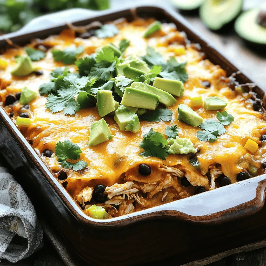 Für diesen einfachen Hähnchen-Enchilada-Auflauf benötigst du eine Vielzahl von frischen und schmackhaften Zutaten. Hier ist die vollständige Liste: - 2 Tassen gekochtes Hähnchen, zerkleinert - 1 Dose (425 g) schwarze Bohnen, abgetropft und gespült - 1 Dose (280 g) Enchiladasoße (rot oder grün) - 1 Tasse Mais (frisch oder gefroren) - 1 Tasse geriebener Cheddar-Käse - 1 Tasse gewürfelte Paprika (jede Farbe) - 1 kleine rote Zwiebel, gehackt - 8 kleine Tortillas aus Mais - 1 Teelöffel Kreuzkümmel - 1 Teelöffel Knoblauchpulver - Salz und Pfeffer nach Geschmack - Frischer Koriander zum Garnieren Wenn du die besten Ergebnisse erzielen möchtest, achte auf die Frische und Qualität deiner Zutaten. Frisches Hähnchen sorgt für einen saftigen Auflauf. Die Bohnen sollten gut abgetropft sein, damit der Auflauf nicht zu nass wird. Verwende frische Paprika für einen knackigen Biss und guten Geschmack. Der Käse sollte frisch gerieben werden, damit er besser schmilzt. Falls du eine vegane oder glutenfreie Option suchst, gibt es viele Alternativen. Ersetze das Hähnchen durch schwarze Bohnen oder Kichererbsen. Für die Tortillas kannst du glutenfreie Tortillas verwenden. Statt Cheddar kannst du einen veganen Käse nehmen. Auch die Enchiladasoße kann in einer glutenfreien Variante gefunden werden. So bleibt der Genuss ohne Kompromisse! Beginnen Sie mit der Hähnchenmischung. Nehmen Sie eine große Schüssel. Fügen Sie dort 2 Tassen gekochtes und zerkleinertes Hähnchen hinzu. Dann geben Sie 1 Dose schwarze Bohnen dazu. Vergessen Sie nicht, die Bohnen gut abzutropfen und zu spülen. Jetzt kommt 1 Tasse Mais hinein. Frischer oder gefrorener Mais funktioniert gut. Fügen Sie auch 1 Tasse gewürfelte Paprika und 1 kleine gehackte rote Zwiebel hinzu. Jetzt kommt der spannende Teil: die Enchiladasoße! Geben Sie 1 Dose Enchiladasoße dazu. Ich empfehle, die rote oder grüne Soße zu verwenden, je nach Geschmack. Streuen Sie 1 Teelöffel Kreuzkümmel und 1 Teelöffel Knoblauchpulver hinein. Jetzt schmecken Sie die Mischung mit Salz und Pfeffer ab. Rühren Sie alles gut um, bis die Zutaten gleichmäßig verteilt sind. Jetzt ist es Zeit, den Auflauf zu schichten. Nehmen Sie eine Auflaufform (23x33 cm). Geben Sie eine kleine Menge der Hähnchenmischung auf den Boden. Das verhindert, dass die Tortillas ankleben. Legen Sie nun 4 Tortillas über die Hähnchenmischung. Wenn nötig, reißen Sie die Tortillas, um die Fläche zu decken. Verteilen Sie die Hälfte der Hähnchenmischung über die Tortillas. Dann streuen Sie die Hälfte des geriebenen Cheddar-Käses darüber. Wiederholen Sie den Vorgang: Legen Sie eine weitere Schicht Tortillas auf, gefolgt von der restlichen Hähnchenmischung. Decken Sie alles mit dem restlichen Cheddar-Käse ab. Heizen Sie den Ofen auf 175°C vor. Decken Sie die Auflaufform mit Aluminiumfolie ab. Backen Sie den Auflauf für 25 Minuten. Nehmen Sie die Folie dann ab und backen Sie ihn für weitere 10-15 Minuten. Der Käse sollte sprudelnd und leicht goldbraun sein. Lassen Sie den Auflauf nach dem Backen 5 Minuten ruhen. Garnieren Sie ihn mit frischem Koriander. Schneiden Sie den Auflauf in Quadrate und servieren Sie ihn heiß. Für zusätzlichen Geschmack können Sie saure Sahne und Avocadoscheiben an die Seite legen. Genießen Sie Ihr einfaches Hähnchen-Enchilada-Auflauf! Die Wahl des Käses kann den Geschmack Ihres Auflaufs stark beeinflussen. Cheddar ist beliebt, weil er schmelzbar und würzig ist. Monterey Jack ist milder, aber sehr cremig. Wenn Sie eine Mischung aus beiden verwenden, erhalten Sie das Beste aus beiden Welten. Probieren Sie auch andere Käsesorten wie Gouda oder Pepper Jack für einen neuen Twist. Ein häufiger Fehler ist zu viel Flüssigkeit. Dies kann dazu führen, dass Ihr Auflauf matschig wird. Verwenden Sie die richtige Menge Enchiladasoße und spülen Sie die Bohnen gut ab. Achten Sie darauf, die Tortillas gut zu schichten. Wenn sie nicht gut bedeckt sind, werden sie hart. Lassen Sie den Auflauf nach dem Backen ruhen. So setzen sich die Schichten besser. Präsentation ist wichtig. Garnieren Sie Ihren Auflauf mit frischem Koriander für einen Farbklecks. Ein Klecks saure Sahne bringt Frische und Cremigkeit. Avocadoscheiben oder frische Limette passen gut dazu. Servieren Sie den Auflauf heiß für das beste Geschmackserlebnis. Diese kleinen Details machen Ihr Gericht zu etwas Besonderem. {{image_4}} Wenn du eine vegetarische Option suchst, gibt es viele Wege. Du kannst das Hähnchen ganz einfach durch schwarze Bohnen ersetzen. Das gibt dir eine gute Proteinquelle. Füge auch mehr Gemüse hinzu. Paprika, Zucchini und Spinat sind tolle Optionen. Diese Zutaten bringen Geschmack und Nährstoffe. Ein weiterer Genuss sind Kichererbsen. Sie sorgen für eine nussige Note und eine feine Textur. Die Wahl der Sauce kann deinen Auflauf ganz anders machen. Du kannst rote oder grüne Enchiladasoße verwenden. Jede hat ihren eigenen Geschmack. Probiere auch Salsa oder eine Tomatensoße aus. Das bringt einen schönen Twist. Gewürze sind auch wichtig. Experimentiere mit Paprika, Chili oder Oregano. Diese Gewürze können dem Gericht eine ganz neue Tiefe geben. Wenn du es schärfer magst, füge Jalapeños oder scharfe Sauce hinzu. Das bringt mehr Hitze und Geschmack. Du kannst auch Cayennepfeffer verwenden. Für eine mildere Variante lasse die scharfen Zutaten einfach weg. Nutze stattdessen mehr Käse und Sahne, um den Geschmack abzurunden. So bleibt der Auflauf köstlich, ohne zu scharf zu sein. Nach dem Kochen können Sie den Auflauf einfach im Kühlschrank aufbewahren. Lassen Sie ihn zuerst abkühlen. Decken Sie die Auflaufform mit Frischhaltefolie oder Aluminiumfolie ab. So bleibt er bis zu vier Tage frisch. Achten Sie darauf, den Auflauf vor dem Servieren gut zu erhitzen. Wenn Sie den Auflauf länger lagern möchten, können Sie ihn einfrieren. Teilen Sie ihn in Portionen auf. Wickeln Sie jede Portion in Frischhaltefolie und dann in Aluminiumfolie. So bleibt der Auflauf bis zu drei Monate frisch. Zum Auftauen stellen Sie den gefrorenen Auflauf in den Kühlschrank und lassen ihn über Nacht auftauen. Um den Auflauf in der Mikrowelle aufzuwärmen, schneiden Sie ihn in Portionen. Legen Sie die Portionen auf einen mikrowellengeeigneten Teller. Decken Sie sie mit einem feuchten Papiertuch ab, um ein Austrocknen zu verhindern. Wärmen Sie die Portionen in Intervallen von zwei Minuten auf, bis sie heiß sind. So bleibt der Geschmack und die Textur gut. Der Auflauf hält sich gut im Kühlschrank. Du kannst ihn bis zu vier Tage aufbewahren. Stelle sicher, dass du ihn in einem luftdichten Behälter lagerst. So bleibt er frisch und lecker. Ja, du kannst den Auflauf im Voraus zubereiten. Bereite ihn einfach bis zum Backen vor. Decke die Form mit Folie ab und stelle sie in den Kühlschrank. Backe ihn dann, wenn du bereit bist. Das spart Zeit und macht das Essen einfach! Das Rezept ergibt etwa sechs Portionen. Es ist perfekt für eine Familie oder ein kleines Treffen. Du kannst die Portionen nach Bedarf anpassen, indem du mehr oder weniger Zutaten verwendest. Wenn du mehr Gäste hast, verdopple einfach die Zutaten. So hast du genug für alle! Zusammenfassend haben wir alle wichtigen Punkte für einen leckeren Auflauf beleuchtet. Wir schauten uns die Zutaten und deren Qualität an. Der Schritt-für-Schritt-Prozess macht die Zubereitung einfach. Tipps und Tricks helfen dir, häufige Fehler zu vermeiden. Du kannst auch mit Variationen und Lagerung kreativ sein. Denke daran, dass Kochen Spaß macht. Experimentiere mit neuen Zutaten und Geschmäckern. Viel Freude beim Ausprobieren der Rezepte!