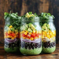 Für einen leckeren Southwest Quinoa Salad Jar brauchst du folgende Zutaten: - 1 Tasse Quinoa, gut abgespült - 2 Tassen Gemüsebrühe - 1 Dose (425 g) schwarze Bohnen, gut abgespült und abgetropft - 1 Tasse Maiskörner (frisch, gefroren oder aus der Dose) - 1 rote Paprika, gewürfelt - 1/2 Tasse rote Zwiebel, fein gehackt - 1 Avocado, gewürfelt - 1/4 Tasse frischer Koriander, gehackt - 1 Teelöffel Kreuzkümmel - 1 Teelöffel Chili-Pulver - 1/2 Teelöffel Knoblauchpulver - Salz und Pfeffer nach Geschmack - 1/4 Tasse Limettensaft - 1/4 Tasse Olivenöl Diese Zutaten bringen Farbe und Geschmack in dein Gericht. Quinoa ist eine tolle Basis. Sie ist reich an Proteinen und Ballaststoffen. Die Bohnen fügen einen herzhaften Geschmack hinzu. Frisches Gemüse bringt Knackigkeit und Vitamine. Du kannst die Salatgläser nach deinem Geschmack anpassen. Hier sind einige Ideen für Toppings: - Feta-Käse für einen salzigen Kick - Jalapeños für etwas Schärfe - Tortilla-Chips für zusätzlichen Crunch - Limettenscheiben für extra Frische Diese Toppings machen den Salat noch spannender. Du kannst auch dein Lieblingsgemüse oder Hülsenfrüchte verwenden. So wird dein Salat immer neu und aufregend. Eine Portion des Southwest Quinoa Salad Jars hat viel zu bieten. Hier sind die ungefähren Nährwerte pro Portion: - Kalorien: 350 - Protein: 12 g - Kohlenhydrate: 45 g - Fett: 15 g - Ballaststoffe: 10 g Diese Werte sind natürlich grobe Schätzungen. Sie hängen von den genauen Zutaten und Portionen ab. Die Salatgläser sind nicht nur lecker, sondern auch gesund. Sie sind perfekt für ein leichtes Mittagessen oder eine frische Beilage. Wenn du mehr Informationen brauchst, schau dir die Full Recipe an. Um Quinoa zu kochen, spüle zuerst eine Tasse Quinoa gut ab. Das entfernt Bitterstoffe. Gib die Quinoa in einen Topf mit zwei Tassen Gemüsebrühe. Bring die Mischung zum Kochen und reduziere dann die Hitze. Decke den Topf ab und lasse die Quinoa etwa 15 Minuten köcheln. Wenn sie weich und fluffig ist, nimm den Topf vom Herd. Lasse die Quinoa abkühlen, während du die anderen Zutaten vorbereitest. Für das Dressing nimm eine kleine Schüssel. Mische 1/4 Tasse Olivenöl mit 1/4 Tasse Limettensaft. Füge einen Teelöffel Kreuzkümmel und einen Teelöffel Chili-Pulver hinzu. Dann kommen 1/2 Teelöffel Knoblauchpulver, Salz und Pfeffer nach Geschmack dazu. Verquirle alles gut, bis die Zutaten gut vermischt sind. Das Dressing bringt viel Geschmack in deinen Salat. Jetzt ist es Zeit, die Zutaten zu schichten. Beginne mit einer Schicht Quinoa am Boden jedes Glases. Füge dann eine Schicht schwarze Bohnen hinzu. Danach kommen die Maiskörner, die gewürfelte rote Paprika und die rote Zwiebel. Vergiss nicht die Avocado! Träufle während des Schichtens etwas Dressing über jede Schicht. Verwende etwa die Hälfte des Dressings. Zum Schluss fülle die Gläser mit frisch gehacktem Koriander und gib das restliche Dressing obenauf. Verschließe die Gläser gut und stelle sie für mindestens 30 Minuten in den Kühlschrank. So können die Aromen gut durchziehen. Für das volle Rezept, schau dir die [Full Recipe] an. Um die perfekte Quinoa zu kochen, spülen Sie sie zuerst gut ab. Dies entfernt Bitterstoffe. Verwenden Sie dann das richtige Verhältnis von Quinoa zu Flüssigkeit. Zwei Teile Gemüsebrühe auf einen Teil Quinoa funktionieren gut. Bringen Sie die Mischung zum Kochen und reduzieren Sie dann die Hitze. Decken Sie den Topf ab und lassen Sie die Quinoa 15 Minuten köcheln. Danach sollte sie locker und fluffig sein. Lassen Sie sie vor dem Schichten abkühlen. Sie können das Rezept leicht anpassen. Fügen Sie andere Gemüse wie Gurken oder Karotten hinzu. Für mehr Geschmack probieren Sie verschiedene Kräuter wie Basilikum oder Petersilie. Wenn Sie es schärfer mögen, verwenden Sie frische Jalapeños. Sie können auch Feta oder Käse hinzufügen, um die Salate reichhaltiger zu machen. Diese Anpassungen machen das Gericht noch interessanter. Bereiten Sie die Quinoa im Voraus zu und lagern Sie sie im Kühlschrank. So sparen Sie Zeit am Tag, an dem Sie den Salat zubereiten. Sie können die Salatgläser auch mehrere Tage im Voraus schichten. Lagern Sie sie einfach im Kühlschrank. Achten Sie darauf, das Dressing separat aufzubewahren, um die Frische zu bewahren. Wenn Sie die Gläser servieren, fügen Sie das Dressing hinzu und genießen Sie die frische Kombination. {{image_4}} Wenn Sie eine vegetarische oder vegane Option suchen, sind die Southwest Quinoa Salad Jars perfekt. Alle Zutaten in diesem Rezept sind pflanzlich. Sie können die Avocado durch eine andere cremige Zutat ersetzen, falls gewünscht. Hummus oder Joghurt auf pflanzlicher Basis passen gut dazu. So bleibt der Salat frisch und lecker. Um den Proteingehalt zu erhöhen, fügen Sie gegrilltes Hühnchen, Tofu oder Tempeh hinzu. Diese Zutaten sorgen für einen zusätzlichen Energieschub. Sie können auch Kichererbsen oder Linsen verwenden. Diese Optionen machen das Gericht noch nahrhafter und sättigender. Nutzen Sie saisonale Zutaten, um den Salat anzupassen. Im Frühling sind Radieschen und Spargel toll. Im Sommer fügen Sie frische Tomaten oder Zucchini hinzu. Im Herbst können Sie gebratene Kürbiswürfel oder Rucola wählen. Im Winter passen geröstete Wurzelgemüse gut. So bleibt Ihr Salat immer spannend und frisch! Die Southwest Quinoa Salad Jars sind perfekt für die Aufbewahrung. Ich empfehle, sie in sauberen, luftdichten Gläsern zu lagern. So bleiben die Zutaten frisch und knackig. Du kannst die Gläser einfach im Kühlschrank aufbewahren. Achte darauf, die Gläser gut zu verschließen. Das hilft, die Aromen zu erhalten und verhindert, dass die Zutaten austrocknen. Diese Salatgläser halten sich gut im Kühlschrank. Du kannst sie bis zu fünf Tage lang aufbewahren. Wenn du sie länger lagern möchtest, achte darauf, die Avocado erst kurz vor dem Servieren hinzuzufügen. Die Avocado kann schnell braun werden. Der Rest bleibt frisch und lecker. Diese Salatgläser werden kalt serviert. Das ist ein großer Vorteil! Du musst sie nicht aufwärmen. Nimm einfach ein Glas heraus, schüttle es leicht, um die Zutaten zu mischen, und genieße es. Wenn du die Quinoa warm magst, kannst du sie vorher leicht erwärmen. Achte darauf, die anderen Zutaten nicht zu erhitzen, damit sie frisch bleiben. Für die vollständige Zubereitung schau dir das [Full Recipe] an. Die Salatgläser bleiben frisch für bis zu fünf Tage im Kühlschrank. Achte darauf, sie gut zu verschließen. So bleiben die Aromen erhalten und die Zutaten frisch. Wenn du die Gläser länger aufbewahren möchtest, friere die Quinoa-Mischung ein. Das macht sie auch nach ein paar Wochen noch lecker. Ja, das kannst du! Du kannst die Quinoa bis zu drei Tage im Voraus kochen und im Kühlschrank aufbewahren. Dies spart Zeit und erleichtert das Schichten der Salatgläser. Achte darauf, dass die Quinoa gut abgekühlt ist, bevor du sie lagerst. So bleibt sie fluffig und lecker. Wenn du keine schwarzen Bohnen magst, probiere Kidneybohnen oder Kichererbsen. Beide sind voll von Proteinen und Ballaststoffen. Du kannst auch Linsen verwenden, um eine andere Textur zu erzielen. Diese Alternativen machen den Salat ebenso nahrhaft und schmackhaft. Der Southwest Quinoa Salad ist einfach zuzubereiten und voll mit Nährstoffen. Ich habe die wichtigsten Zutaten sowie nützliche Tipps vermittelt. Sie können mit verschiedenen Toppings und Variationen experimentieren, um Ihren Salat zu personalisieren. Denken Sie auch an die richtige Lagerung, damit Ihr Salat frisch bleibt. Dieser Salat ist nicht nur lecker, sondern auch gesund und vielseitig. Genießen Sie diesen einfachen, schmackhaften Salat jederzeit!