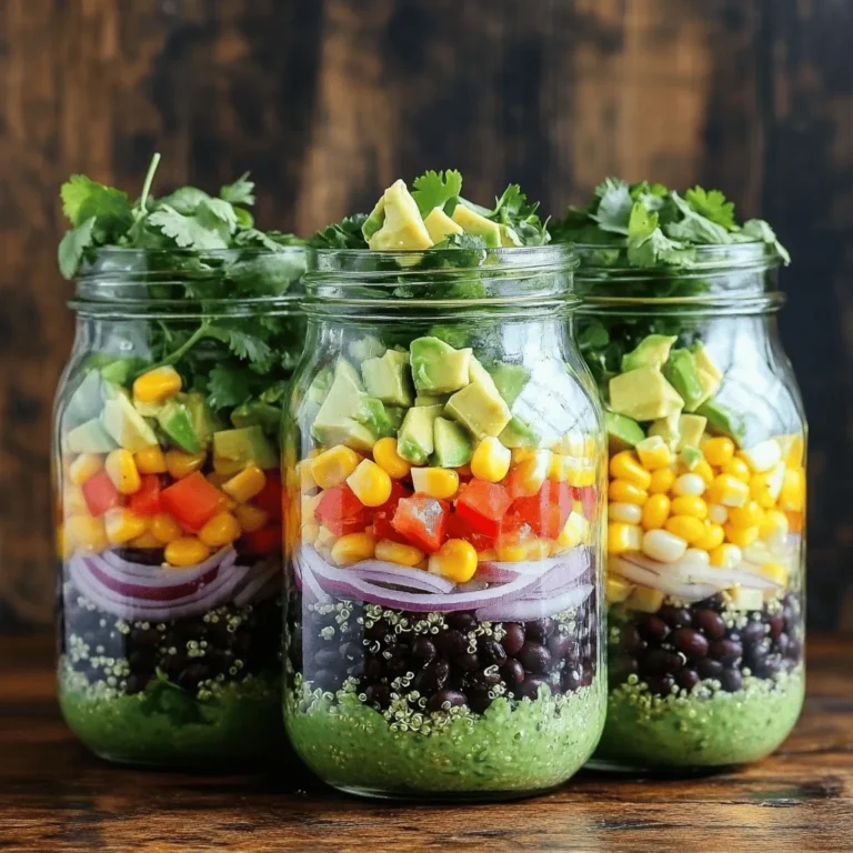 Für einen leckeren Southwest Quinoa Salad Jar brauchst du folgende Zutaten: - 1 Tasse Quinoa, gut abgespült - 2 Tassen Gemüsebrühe - 1 Dose (425 g) schwarze Bohnen, gut abgespült und abgetropft - 1 Tasse Maiskörner (frisch, gefroren oder aus der Dose) - 1 rote Paprika, gewürfelt - 1/2 Tasse rote Zwiebel, fein gehackt - 1 Avocado, gewürfelt - 1/4 Tasse frischer Koriander, gehackt - 1 Teelöffel Kreuzkümmel - 1 Teelöffel Chili-Pulver - 1/2 Teelöffel Knoblauchpulver - Salz und Pfeffer nach Geschmack - 1/4 Tasse Limettensaft - 1/4 Tasse Olivenöl Diese Zutaten bringen Farbe und Geschmack in dein Gericht. Quinoa ist eine tolle Basis. Sie ist reich an Proteinen und Ballaststoffen. Die Bohnen fügen einen herzhaften Geschmack hinzu. Frisches Gemüse bringt Knackigkeit und Vitamine. Du kannst die Salatgläser nach deinem Geschmack anpassen. Hier sind einige Ideen für Toppings: - Feta-Käse für einen salzigen Kick - Jalapeños für etwas Schärfe - Tortilla-Chips für zusätzlichen Crunch - Limettenscheiben für extra Frische Diese Toppings machen den Salat noch spannender. Du kannst auch dein Lieblingsgemüse oder Hülsenfrüchte verwenden. So wird dein Salat immer neu und aufregend. Eine Portion des Southwest Quinoa Salad Jars hat viel zu bieten. Hier sind die ungefähren Nährwerte pro Portion: - Kalorien: 350 - Protein: 12 g - Kohlenhydrate: 45 g - Fett: 15 g - Ballaststoffe: 10 g Diese Werte sind natürlich grobe Schätzungen. Sie hängen von den genauen Zutaten und Portionen ab. Die Salatgläser sind nicht nur lecker, sondern auch gesund. Sie sind perfekt für ein leichtes Mittagessen oder eine frische Beilage. Wenn du mehr Informationen brauchst, schau dir die Full Recipe an. Um Quinoa zu kochen, spüle zuerst eine Tasse Quinoa gut ab. Das entfernt Bitterstoffe. Gib die Quinoa in einen Topf mit zwei Tassen Gemüsebrühe. Bring die Mischung zum Kochen und reduziere dann die Hitze. Decke den Topf ab und lasse die Quinoa etwa 15 Minuten köcheln. Wenn sie weich und fluffig ist, nimm den Topf vom Herd. Lasse die Quinoa abkühlen, während du die anderen Zutaten vorbereitest. Für das Dressing nimm eine kleine Schüssel. Mische 1/4 Tasse Olivenöl mit 1/4 Tasse Limettensaft. Füge einen Teelöffel Kreuzkümmel und einen Teelöffel Chili-Pulver hinzu. Dann kommen 1/2 Teelöffel Knoblauchpulver, Salz und Pfeffer nach Geschmack dazu. Verquirle alles gut, bis die Zutaten gut vermischt sind. Das Dressing bringt viel Geschmack in deinen Salat. Jetzt ist es Zeit, die Zutaten zu schichten. Beginne mit einer Schicht Quinoa am Boden jedes Glases. Füge dann eine Schicht schwarze Bohnen hinzu. Danach kommen die Maiskörner, die gewürfelte rote Paprika und die rote Zwiebel. Vergiss nicht die Avocado! Träufle während des Schichtens etwas Dressing über jede Schicht. Verwende etwa die Hälfte des Dressings. Zum Schluss fülle die Gläser mit frisch gehacktem Koriander und gib das restliche Dressing obenauf. Verschließe die Gläser gut und stelle sie für mindestens 30 Minuten in den Kühlschrank. So können die Aromen gut durchziehen. Für das volle Rezept, schau dir die [Full Recipe] an. Um die perfekte Quinoa zu kochen, spülen Sie sie zuerst gut ab. Dies entfernt Bitterstoffe. Verwenden Sie dann das richtige Verhältnis von Quinoa zu Flüssigkeit. Zwei Teile Gemüsebrühe auf einen Teil Quinoa funktionieren gut. Bringen Sie die Mischung zum Kochen und reduzieren Sie dann die Hitze. Decken Sie den Topf ab und lassen Sie die Quinoa 15 Minuten köcheln. Danach sollte sie locker und fluffig sein. Lassen Sie sie vor dem Schichten abkühlen. Sie können das Rezept leicht anpassen. Fügen Sie andere Gemüse wie Gurken oder Karotten hinzu. Für mehr Geschmack probieren Sie verschiedene Kräuter wie Basilikum oder Petersilie. Wenn Sie es schärfer mögen, verwenden Sie frische Jalapeños. Sie können auch Feta oder Käse hinzufügen, um die Salate reichhaltiger zu machen. Diese Anpassungen machen das Gericht noch interessanter. Bereiten Sie die Quinoa im Voraus zu und lagern Sie sie im Kühlschrank. So sparen Sie Zeit am Tag, an dem Sie den Salat zubereiten. Sie können die Salatgläser auch mehrere Tage im Voraus schichten. Lagern Sie sie einfach im Kühlschrank. Achten Sie darauf, das Dressing separat aufzubewahren, um die Frische zu bewahren. Wenn Sie die Gläser servieren, fügen Sie das Dressing hinzu und genießen Sie die frische Kombination. {{image_4}} Wenn Sie eine vegetarische oder vegane Option suchen, sind die Southwest Quinoa Salad Jars perfekt. Alle Zutaten in diesem Rezept sind pflanzlich. Sie können die Avocado durch eine andere cremige Zutat ersetzen, falls gewünscht. Hummus oder Joghurt auf pflanzlicher Basis passen gut dazu. So bleibt der Salat frisch und lecker. Um den Proteingehalt zu erhöhen, fügen Sie gegrilltes Hühnchen, Tofu oder Tempeh hinzu. Diese Zutaten sorgen für einen zusätzlichen Energieschub. Sie können auch Kichererbsen oder Linsen verwenden. Diese Optionen machen das Gericht noch nahrhafter und sättigender. Nutzen Sie saisonale Zutaten, um den Salat anzupassen. Im Frühling sind Radieschen und Spargel toll. Im Sommer fügen Sie frische Tomaten oder Zucchini hinzu. Im Herbst können Sie gebratene Kürbiswürfel oder Rucola wählen. Im Winter passen geröstete Wurzelgemüse gut. So bleibt Ihr Salat immer spannend und frisch! Die Southwest Quinoa Salad Jars sind perfekt für die Aufbewahrung. Ich empfehle, sie in sauberen, luftdichten Gläsern zu lagern. So bleiben die Zutaten frisch und knackig. Du kannst die Gläser einfach im Kühlschrank aufbewahren. Achte darauf, die Gläser gut zu verschließen. Das hilft, die Aromen zu erhalten und verhindert, dass die Zutaten austrocknen. Diese Salatgläser halten sich gut im Kühlschrank. Du kannst sie bis zu fünf Tage lang aufbewahren. Wenn du sie länger lagern möchtest, achte darauf, die Avocado erst kurz vor dem Servieren hinzuzufügen. Die Avocado kann schnell braun werden. Der Rest bleibt frisch und lecker. Diese Salatgläser werden kalt serviert. Das ist ein großer Vorteil! Du musst sie nicht aufwärmen. Nimm einfach ein Glas heraus, schüttle es leicht, um die Zutaten zu mischen, und genieße es. Wenn du die Quinoa warm magst, kannst du sie vorher leicht erwärmen. Achte darauf, die anderen Zutaten nicht zu erhitzen, damit sie frisch bleiben. Für die vollständige Zubereitung schau dir das [Full Recipe] an. Die Salatgläser bleiben frisch für bis zu fünf Tage im Kühlschrank. Achte darauf, sie gut zu verschließen. So bleiben die Aromen erhalten und die Zutaten frisch. Wenn du die Gläser länger aufbewahren möchtest, friere die Quinoa-Mischung ein. Das macht sie auch nach ein paar Wochen noch lecker. Ja, das kannst du! Du kannst die Quinoa bis zu drei Tage im Voraus kochen und im Kühlschrank aufbewahren. Dies spart Zeit und erleichtert das Schichten der Salatgläser. Achte darauf, dass die Quinoa gut abgekühlt ist, bevor du sie lagerst. So bleibt sie fluffig und lecker. Wenn du keine schwarzen Bohnen magst, probiere Kidneybohnen oder Kichererbsen. Beide sind voll von Proteinen und Ballaststoffen. Du kannst auch Linsen verwenden, um eine andere Textur zu erzielen. Diese Alternativen machen den Salat ebenso nahrhaft und schmackhaft. Der Southwest Quinoa Salad ist einfach zuzubereiten und voll mit Nährstoffen. Ich habe die wichtigsten Zutaten sowie nützliche Tipps vermittelt. Sie können mit verschiedenen Toppings und Variationen experimentieren, um Ihren Salat zu personalisieren. Denken Sie auch an die richtige Lagerung, damit Ihr Salat frisch bleibt. Dieser Salat ist nicht nur lecker, sondern auch gesund und vielseitig. Genießen Sie diesen einfachen, schmackhaften Salat jederzeit!