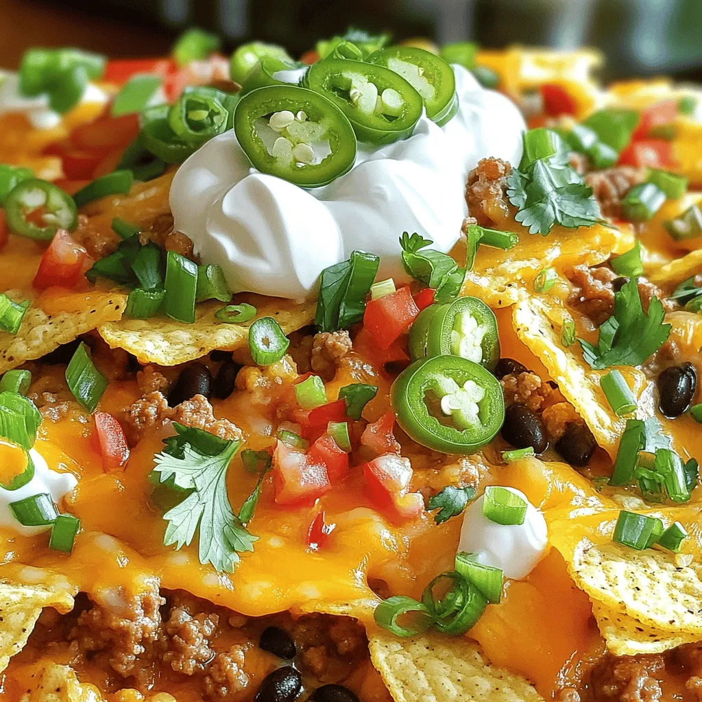 Für diese köstliche Loaded Nacho Casserole brauchen Sie einige wichtige Zutaten. Sie benötigen: - 450 g gemahlenes Truthahn- oder Rindfleisch - 1 Päckchen Taco-Gewürz - 1 Dose (425 g) schwarze Bohnen, abgetropft und abgespült - 1 Dose (280 g) gewürfelte Tomaten mit grünen Chilis - 240 ml Maiskörner (frisch oder tiefgefroren) - 1 Tüte (340 g) Tortilla-Chips - 200 g Cheddar-Käse, gerieben - 240 g saure Sahne - 75 g Frühlingszwiebeln, in Ringe geschnitten - 75 g Jalapeños, in Scheiben (optional) - Frischer Koriander zur Garnitur Diese Zutaten machen das Gericht voll mit Geschmack und Textur. Sie bringen die perfekte Mischung aus herzhaft und knusprig. Sie können zwischen Truthahn und Rindfleisch wählen. Truthahn ist mager und gesund. Es hat einen leichten Geschmack, der gut mit den Gewürzen harmoniert. Rindfleisch hat mehr Fett und bringt einen reicheren Geschmack. Ich empfehle, das Fleisch vorher gut anzubraten. So wird es schön saftig und zart. Beide Optionen sind lecker, also entscheiden Sie nach Ihrem eigenen Geschmack. Wenn Sie eine vegetarische Version möchten, probieren Sie Bohnen oder Tofu. Schwarze Bohnen sind nahrhaft und haben einen tollen Geschmack. Sie sind eine gute Proteinquelle. Tofu kann ebenfalls verwendet werden. Er nimmt die Aromen gut auf, wenn Sie ihn richtig würzen. Mischen Sie etwas Taco-Gewürz mit dem Tofu, um ihn schmackhaft zu machen. So bleibt die Casserole vollwertig und lecker, auch ohne Fleisch. Heize zuerst den Ofen auf 175°C vor. Das ist wichtig, um die Casserole gleichmäßig zu garen. Du solltest alle Zutaten bereitstellen. Das macht die Zubereitung einfacher und schneller. Halte das gemahlene Fleisch, Taco-Gewürz, Bohnen, Tomaten und Mais bereit. Vergiss nicht die Tortilla-Chips und den Käse! 1. Brate das gemahlene Fleisch in einer großen Pfanne bei mittlerer Hitze. 2. Koche es bis es braun ist, etwa 5-7 Minuten. 3. Gieße überschüssiges Fett ab, wenn nötig. 4. Mische das Taco-Gewürz mit 60 ml Wasser in die Pfanne. 5. Lass die Mischung 2-3 Minuten köcheln, bis sie dick wird. 6. In einer großen Schüssel, vermenge das gekochte Fleisch, schwarze Bohnen, gewürfelte Tomaten und Mais gut. 7. Verteilt die Hälfte der Tortilla-Chips gleichmäßig in einer Auflaufform. 8. Löffle die Hälfte der Fleischmischung über die Chips. 9. Streue die Hälfte des geriebenen Käses darüber. 10. Wiederhole die Schichten mit den restlichen Chips, Fleisch und Käse. Die gesamte Zubereitungszeit beträgt etwa 55 Minuten. Du kannst 6 Portionen aus diesem Rezept machen. Die Loaded Nacho Casserole ist perfekt für ein schnelles Abendessen oder eine Party. Sie schmeckt jedem und ist einfach zuzubereiten! Für die perfekte Loaded Nacho Casserole wähle den richtigen Käse. Ich empfehle Cheddar, weil er gut schmilzt. Du kannst auch eine Mischung aus Käsen verwenden. Milder Gouda oder Monterey Jack passen gut dazu. Diese Käse sorgen für eine cremige und köstliche Textur. Achte darauf, den Käse frisch zu reiben. Vorgepackter Käse enthält oft Stabilisatoren, die das Schmelzen beeinträchtigen. Um deiner Casserole mehr Geschmack zu verleihen, spiele mit den Gewürzen. Neben dem Taco-Gewürz kannst du Kreuzkümmel, Paprika oder Oregano hinzufügen. Diese Gewürze bringen mehr Tiefe in die Aromen. Du kannst auch frische Kräuter wie Koriander verwenden. Das gibt einen frischen Kick. Experimentiere mit der Menge, um den perfekten Geschmack für dich zu finden. Um die Casserole knusprig zu halten, achte auf die Tortilla-Chips. Verwende dicke Chips, die beim Backen stabil bleiben. Du kannst die Chips auch leicht anrösten, bevor du sie in die Casserole schichtest. Achte darauf, die Folie nur während der letzten Backzeit zu entfernen. So wird der Käse schön geschmolzen und die Chips bleiben knusprig. {{image_4}} Die vegane Version der Loaded Nacho Casserole ist einfach und lecker. Statt Fleisch verwende ich oft schwarze Bohnen oder Linsen. Diese sind nahrhaft und geben einen tollen Geschmack. Auch pflanzlicher Käse passt perfekt. Verwende ihn als Käseersatz, um ein cremiges Gefühl zu bekommen. Vegane Sour Cream aus Cashewkernen oder Kokosnuss ist eine tolle Ergänzung. So bleibt das Gericht vegan und schmackhaft. Du kannst die Loaded Nacho Casserole anpassen, indem du zusätzliche Zutaten hinzufügst. Oliven sind eine beliebte Wahl. Sie bringen einen salzigen Crunch und tolle Farbe. Auch Avocado gibt eine cremige Textur. Schneide sie in Scheiben und lege sie oben drauf. Frische Tomaten oder Paprika bringen Frische und Farbe. Experimentiere mit Zutaten, die du magst. So wird jede Casserole einzigartig und lecker. Die Würze macht die Loaded Nacho Casserole besonders. Du kannst mexikanische Gewürze verwenden, um einen scharfen Geschmack zu erzielen. Taco-Gewürz ist eine gute Wahl. Für einen anderen Geschmack kannst du BBQ-Sauce probieren. Diese bringt eine süßliche Note und passt gut zu Käse und Chips. Probiere verschiedene Gewürze aus, um deinen eigenen Stil zu finden. So wird das Gericht immer spannend und neu. Um die Reste der Loaded Nacho Casserole richtig zu lagern, brauche ich luftdichte Behälter. Ich teile die Casserole in Portionen auf, damit ich sie leicht wiedererwärmen kann. Die Reste sollten im Kühlschrank aufbewahrt werden. Dort halten sie sich bis zu drei Tage. Ich empfehle, die Casserole nicht länger als nötig im Kühlschrank zu lassen, um den frischen Geschmack zu bewahren. Wenn ich die Casserole für längere Zeit aufbewahren möchte, friere ich sie ein. Dazu lasse ich die Casserole zuerst ganz abkühlen. Dann packe ich sie in einen gefrierfesten Behälter. Ich kann sie auch in Portionen einfrieren. So kann ich nur die Menge auftauen, die ich brauche. Im Gefrierschrank bleibt die Casserole bis zu drei Monate frisch. Beim Einfrieren ist es wichtig, dass ich die Casserole gut verpacke, damit sie keine Gefrierbrand bekommt. Beim Wiedererwärmen der Loaded Nacho Casserole achte ich darauf, dass ich sie gleichmäßig erhitze. Ich kann sie im Ofen bei 175 °C backen, bis sie heiß ist. Das dauert etwa 20 Minuten. Alternativ kann ich sie auch in der Mikrowelle aufwärmen. Dabei sollte ich die Casserole in kurzen Intervallen erhitzen und zwischendurch umrühren. So bleibt sie saftig und lecker. Ich gebe gerne frische Toppings wie saure Sahne oder Koriander hinzu, bevor ich sie serviere. Die Loaded Nacho Casserole kann bis zu fünf Tage im Kühlschrank halten. Achte darauf, sie in einem luftdichten Behälter zu lagern. So bleibt der Geschmack frisch und die Textur gut. Wenn du die Casserole länger aufbewahren möchtest, friere sie ein. So bleibt sie bis zu drei Monate haltbar. Zum Auftauen lege die gefrorene Casserole einfach in den Kühlschrank und lasse sie über Nacht auftauen. Ja, du kannst die Casserole im Voraus zubereiten. Bereite sie bis Schritt 8 vor und decke sie ab. Du kannst sie dann bis zu 24 Stunden im Kühlschrank aufbewahren. Wenn du bereit bist zu backen, heize den Ofen auf 175°C vor. Backe die Casserole einfach wie gewohnt. Dies spart Zeit und macht das Kochen an einem geschäftigen Tag einfacher. Die besten Beilagen sind frische Salsa, Guacamole und saure Sahne. Diese bringen einen tollen Geschmack und Textur. Auch ein einfacher grüner Salat passt gut dazu. Du kannst nach Belieben auch Nacho-Käse oder frisches Gemüse anbieten. Diese Beilagen machen die Mahlzeit noch leckerer und abwechslungsreicher. Die Loaded Nacho Casserole ist einfach und macht Spaß. Wir haben die Hauptzutaten, Fleischoptionen und vegetarische Alternativen besprochen. Ich habe dir eine klare Schritt-für-Schritt-Anleitung gegeben und nützliche Tipps und Tricks geteilt. Denk daran, dass du die Casserole anpassen kannst, um sie einzigartig zu machen. Mit den richtigen Lagerhinweisen bleibst du flexibel. Probiere es aus und genieße das Kochen!