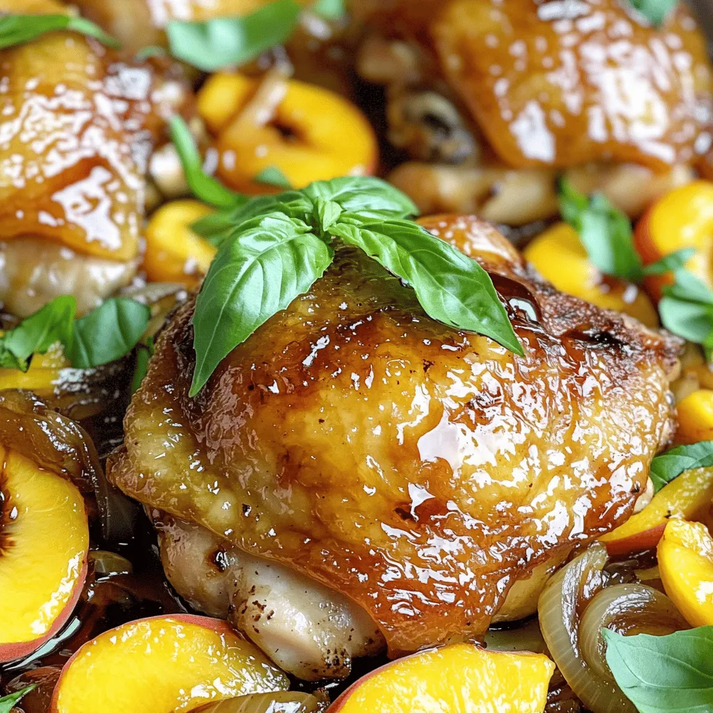 Um One Pot Peach Chicken zu machen, brauchen Sie folgende Zutaten: - 4 Hähnchenschenkel mit Haut - 2 große Pfirsiche, in Scheiben geschnitten - 1 mittelgroße Zwiebel, in Scheiben geschnitten - 3 Zehen Knoblauch, gehackt - 1 Esslöffel frischer Rosmarin, gehackt - 1 Teelöffel geräucherter Paprika - 1 Esslöffel Olivenöl - 1 Tasse Hühnerbrühe - Salz und Pfeffer nach Geschmack - 1 Esslöffel Balsamico-Essig - Optional: Frisches Basilikum zum Garnieren Frische Pfirsiche machen den Unterschied. Achten Sie auf folgende Punkte: - Wählen Sie Pfirsiche, die leicht weich sind. - Die Farbe sollte lebendig und goldgelb sein. - Vermeiden Sie Pfirsiche mit Druckstellen oder dunklen Flecken. Ein reifer Pfirsich hat auch ein süßes Aroma. Wenn Sie Pfirsiche kaufen, riechen Sie daran. Wenn sie gut riechen, sind sie frisch. Achten Sie auf mögliche Allergene in diesem Rezept: - Hähnchen enthält tierische Produkte. Verwenden Sie Tofu als Ersatz für ein vegetarisches Gericht. - Olivenöl ist gut für viele. Bei einer Allergie gegen Nüsse, verwenden Sie Sonnenblumenöl. - Balsamico-Essig kann Allergien auslösen. Apfelessig ist eine gute Alternative. Lesen Sie die Etiketten, um sicherzustellen, dass alle Zutaten sicher sind. Zuerst bereiten wir das Hähnchen vor. Du brauchst vier Hähnchenschenkel mit Haut. Würze sie mit Salz, Pfeffer und geräuchertem Paprika. Diese Gewürze geben dem Hähnchen einen tollen Geschmack. Lass das Hähnchen für ein paar Minuten ruhen. So nehmen die Aromen gut auf. Jetzt geht es ans Anbraten. Erhitze einen großen Topf bei mittlerer bis hoher Hitze. Gib einen Esslöffel Olivenöl hinein. Wenn das Öl heiß ist, lege die Hähnchenschenkel mit der Hautseite nach unten hinein. Brate sie etwa fünf bis sieben Minuten lang, bis sie goldbraun sind. Wende die Hähnchenschenkel und brate die andere Seite für weitere fünf Minuten. Nimm sie dann aus dem Topf und lege sie beiseite. Im gleichen Topf kommen jetzt die Zwiebel, der Knoblauch und der Rosmarin. Brate die Zwiebel drei bis vier Minuten lang, bis sie weich wird. Füge dann den gehackten Knoblauch und den frischen Rosmarin hinzu. Brate alles für eine Minute weiter, bis es gut duftet. Jetzt fügen wir die geschnittenen Pfirsiche hinzu. Brate sie zwei bis drei Minuten, bis sie leicht weich sind. Gieße eine Tasse Hühnerbrühe und einen Esslöffel Balsamico-Essig in den Topf. Mische alles gut. Lege die Hähnchenschenkel zurück in den Topf. Platziere sie zwischen den Früchten und Zwiebeln. Bringe die Mischung zum Köcheln. Decke den Topf ab und reduziere die Hitze. Lass das Hähnchen etwa 25 bis 30 Minuten köcheln, bis es gar und zart ist. Schmecke das Gericht ab. Füge bei Bedarf mehr Salz und Pfeffer hinzu. Nimm den Topf vom Herd und lass das Gericht ein paar Minuten ruhen, bevor du servierst. Das ist das komplette Rezept für One Pot Peach Chicken. Es ist einfach und lecker! Beim Kochen von One Pot Peach Chicken können einige Fehler leicht passieren. Achte darauf, das Hähnchen gut zu würzen. Viele Menschen vergessen, ausreichend Salz und Pfeffer zu verwenden. Dies kann den Geschmack des Gerichts beeinträchtigen. Ein weiterer häufiger Fehler ist, das Hähnchen nicht lange genug anzubraten. Ein gutes Anbraten gibt dem Hähnchen eine schöne Farbe und Geschmack. Stelle sicher, dass das Öl heiß genug ist, bevor du das Fleisch hinzufügst. Der Garzeitpunkt für das Hähnchen ist wichtig. Du solltest das Hähnchen für etwa 25-30 Minuten köcheln lassen, damit es zart wird. Die Innentemperatur sollte mindestens 75 Grad Celsius betragen. Verwende ein Fleischthermometer, um sicherzugehen, dass das Hähnchen durchgegart ist. Wenn du kein Thermometer hast, schneide das Hähnchen an der dicksten Stelle ein. Der Saft sollte klar sein, nicht rosa. Variiere die Gewürze, um neue Geschmäcker zu entdecken. Probiere zum Beispiel Thymian oder Oregano anstelle von Rosmarin. Bei den Pfirsichen kannst du auch andere Früchte wie Aprikosen oder Äpfel nutzen. Dies gibt deinem Gericht eine frische Note. Du kannst auch einen Spritzer Limettensaft hinzufügen, um die Süße der Pfirsiche auszugleichen. Sei kreativ und finde deine eigene, perfekte Mischung. Für das vollständige Rezept schaue dir die detaillierte Anleitung an. {{image_4}} Du kannst One Pot Peach Chicken leicht anpassen. Versuche, andere Früchte wie Ananas oder Äpfel zu nutzen. Diese Früchte bringen eine süße Note. Ananas hat auch eine saftige Textur. Äpfel geben einen knackigen Biss. Achte darauf, die Früchte nicht zu lange zu kochen. So bleiben sie frisch und lecker. Für eine vegetarische Variante kannst du das Hähnchen durch Tofu oder Tempeh ersetzen. Schneide den Tofu in Würfel und brate ihn goldbraun an. Tempeh hat einen nussigen Geschmack und passt gut zu den Pfirsichen. Verwende auch mehr Gemüse wie Zucchini oder Paprika. Diese geben dem Gericht mehr Farbe und Geschmack. Serviere One Pot Peach Chicken mit Reis oder Quinoa. Diese Beilagen nehmen die Säfte gut auf. Ein frischer Salat passt ebenfalls gut dazu. Verwende grüne Blätter, Tomaten und Gurken für einen schönen Kontrast. Für etwas mehr Geschmack kannst du auch ein wenig Feta-Käse darüber streuen. Nach dem Kochen kann man One Pot Peach Chicken leicht lagern. Lass das Gericht zuerst abkühlen. Fülle es dann in einen luftdichten Behälter. Stelle sicher, dass der Behälter gut verschlossen ist. So bleibt der Geschmack frisch. Wenn du das Gericht wieder erhitzen willst, tu dies langsam. Du kannst es in der Mikrowelle oder auf dem Herd warm machen. Dieses Gericht bleibt im Kühlschrank für bis zu drei Tage frisch. Achte darauf, dass du es schnell kühlst und in den Kühlschrank stellst. Wenn du es länger aufbewahren willst, solltest du es einfrieren. So kannst du die Qualität des Hähnchens und der Pfirsiche bewahren. Um One Pot Peach Chicken einzufrieren, lass es zuerst ganz abkühlen. Fülle es in einen gefriergeeigneten Behälter. Vergiss nicht, das Datum auf den Behälter zu schreiben. So weißt du, wie lange es schon eingefroren ist. Es bleibt bis zu drei Monate frisch im Gefrierfach. Zum Auftauen nimm es einfach einen Tag vorher aus dem Gefrierfach und lege es in den Kühlschrank. So bleibt es saftig und lecker. Die Zubereitung dauert etwa 15 Minuten. Das Kochen braucht dann 25 bis 30 Minuten. Insgesamt sind das rund 50 Minuten. Diese Zeit ist gut investiert. Das Ergebnis ist ein leckeres Gericht. Ja, du kannst gefrorenes Hähnchen verwenden. Achte darauf, es vorher gut aufzutauen. So wird das Hähnchen gleichmäßig gar. Du kannst es auch direkt aus dem Gefrierfach in den Topf geben. Die Garzeit verlängert sich jedoch um einige Minuten. Zu One Pot Peach Chicken passen viele Beilagen gut. Hier sind einige Vorschläge: - Reis oder Quinoa - Ein einfacher grüner Salat - Geröstetes Gemüse - Kartoffelpüree Diese Beilagen ergänzen den Geschmack des Hähnchens. Sie sorgen für ein ausgewogenes Mahl. Probiere verschiedene Kombinationen aus! In diesem Artikel haben wir alles über das One Pot Peach Chicken behandelt. Wir haben die notwendigen Zutaten und Tipps zur Auswahl frischer Pfirsiche durchgenommen. Ich teilte unsere Schritt-für-Schritt-Anleitung zur Zubereitung. Zudem gab es nützliche Tipps, um Fehler zu vermeiden und optimale Aromen auszuwählen. Variationen, Aufbewahrungshinweise und häufige Fragen wurden klar erklärt. Experimentiere mit dem Rezept und genieße die Vielfalt, die es bietet!
