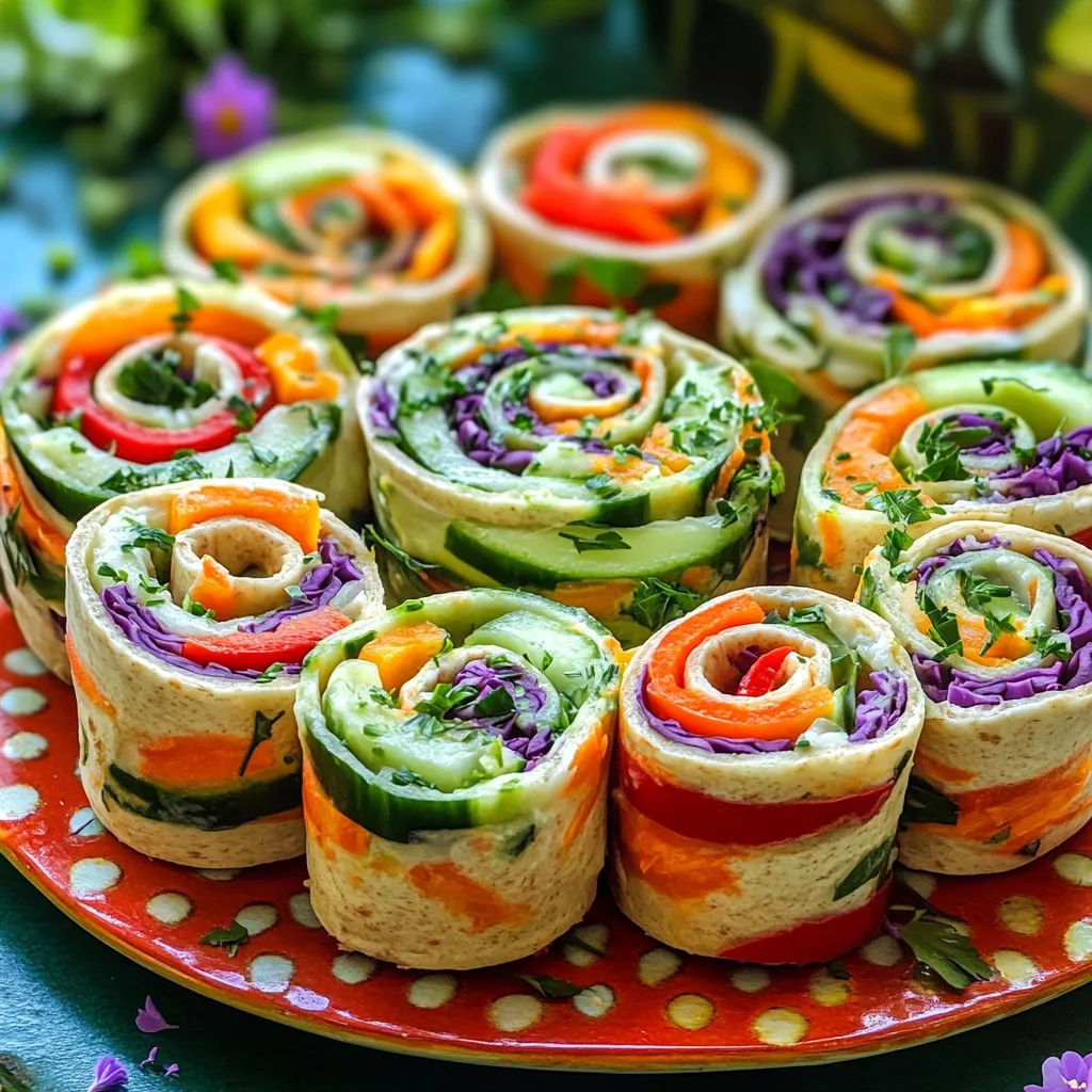 Um die Regenbogen Gemüse Pinwheels zu machen, brauchen wir: - 4 große Vollkorn-Tortillas - 1 Tasse Frischkäse, weich gerührt - 1 Esslöffel Ranch-Gewürzmischung - 1 Tasse geriebene Karotten - 1 Tasse Baby-Spinatblätter - 1 Tasse rote Paprika, dünn geschnitten - 1 Tasse Gurke, dünn geschnitten - 1 Tasse lila Kohl, fein gehobelt - ½ Tasse frische Petersilie, gehackt - Salz und Pfeffer nach Geschmack Zusätzlich zu den Hauptzutaten benötigen Sie: - Ein scharfes Messer zum Schneiden - Eine große Schüssel zum Mischen - Ein Brett zum Schneiden Frische Zutaten machen den Unterschied. Achten Sie auf folgende Punkte: - Wählen Sie kräftige, grüne Spinatblätter ohne Flecken. - Kaufen Sie Karotten, die fest und knackig sind. - Achten Sie auf Paprika, die glänzend und fest sind. - Wählen Sie Gurken, die prall und glatt sind. - Der lila Kohl sollte knackig und ohne braune Stellen sein. Mit frischen Zutaten erhalten Sie den besten Geschmack in Ihren Pinwheels. So wird jedes Stück ein Genuss. Wenn Sie mehr über die Zubereitung erfahren möchten, schauen Sie sich das [Full Recipe] an. Zuerst bereiten wir die Füllung vor. Nehmen Sie eine Schüssel und geben Sie den weich gerührten Frischkäse hinein. Fügen Sie einen Esslöffel Ranch-Gewürzmischung hinzu. Rühren Sie die Mischung, bis sie gut vermischt und glatt ist. Diese Mischung bringt den Pinwheels viel Geschmack. Legen Sie eine Tortilla flach auf die Arbeitsfläche. Verteilen Sie eine großzügige Schicht der Frischkäsemischung gleichmäßig auf der Tortilla. Die Schicht sollte etwa 0,5 cm dick sein. Jetzt kommt der spaßige Teil: die Gemüse schichten. Beginnen Sie mit einer Handvoll Spinatblätter. Dann fügen Sie die roten Paprika, Gurken, geriebenen Karotten und lila Kohl hinzu. Lassen Sie am Rand etwa 1 cm frei. Jetzt rollen wir die Tortilla auf. Beginnen Sie am unteren Ende, wo die Spinatblätter sind. Rollen Sie vorsichtig, aber fest, um die Füllung zu sichern. Wenn die Tortilla aufgerollt ist, legen Sie sie mit der Nahtseite nach unten auf die Arbeitsfläche. Wiederholen Sie den Vorgang mit den anderen Tortillas. Verwenden Sie ein scharfes Messer, um jedes Stück in 2,5 cm dicke Pinwheels zu schneiden. Arrangieren Sie die Pinwheels auf einer Platte, mit der Schnittseite nach oben. Für das gesamte Rezept schauen Sie bitte in die [Full Recipe]. Um die Pinwheels frisch zu halten, wickeln Sie sie in Frischhaltefolie. Lagern Sie sie im Kühlschrank. So bleiben sie knackig und lecker. Sie können die Pinwheels bis zu drei Tage aufbewahren. Achten Sie darauf, die Luft herauszudrücken, um eine Oxidation zu vermeiden. Dies hilft, die Farben und den Geschmack zu bewahren. Ein scharfes Messer ist der Schlüssel für schöne Schnitte. Beginnen Sie, die Pinwheels in der Mitte zu schneiden. Teilen Sie sie dann in zwei Hälften und schneiden Sie jede Hälfte in gleichmäßige Stücke. Halten Sie die Stücke etwa 2,5 cm dick für eine perfekte Portion. So sehen die Pinwheels appetitlich aus und sind einfach zu essen. Um feuchte Tortillas zu vermeiden, verwenden Sie trockene Zutaten. Lassen Sie die geschnittenen Gemüse etwas abtropfen, bevor Sie sie auf die Tortilla legen. Dies verhindert, dass die Tortilla durchweicht. Wenn Sie die Pinwheels für einen späteren Zeitpunkt machen, lassen Sie sie vor dem Wickeln etwas ruhen. So können sie ihre Feuchtigkeit besser halten und die Tortilla bleibt stabil. {{image_4}} Jeder hat andere Geschmäcker und Bedürfnisse. Wenn Sie Allergien haben, passen Sie die Füllungen an. Verwenden Sie statt Frischkäse Hummus, wenn Sie laktoseintolerant sind. Mögen Sie keinen Spinat? Ersetzen Sie ihn durch Rucola oder Kopfsalat. Sie können auch andere Gemüse wie Avocado oder Zucchini verwenden. Seien Sie kreativ und experimentieren Sie mit dem, was Sie mögen. Für eine vegetarische Option können Sie Feta oder Ziegenkäse hinzufügen. Veganer können pflanzliche Frischkäse oder Quark benutzen. Diese Alternativen geben den Pinwheels einen tollen Geschmack. Achten Sie darauf, dass alle Zutaten vegan sind, wenn Sie diese Option wählen. So bleibt es frisch und lecker. Würzen Sie die Füllung für mehr Geschmack. Fügen Sie frische Kräuter wie Dill oder Basilikum hinzu. Diese geben den Pinwheels eine besondere Note. Auch ein Spritzer Zitrone kann Wunder wirken. Experimentieren Sie mit Paprika oder Kreuzkümmel, um neue Geschmäcker zu entdecken. So werden die Regenbogen Gemüse Pinwheels immer wieder spannend. Für das komplette Rezept schauen Sie bitte hier: [Full Recipe]. Regenbogen Gemüse Pinwheels sind ideal für viele Anlässe. Sie passen perfekt zu Partys, Picknicks oder als leichte Snacks. Sie sind auch toll für Kindergeburtstage. Kinder lieben die bunten Farben und den frischen Geschmack. Diese Pinwheels sind gesund und machen Spaß beim Essen. Die Pinwheels schmecken großartig mit verschiedenen Dips. Hier sind einige tolle Ideen: - Joghurt-Dip mit frischen Kräutern - Avocado-Dip für einen cremigen Geschmack - Hummus für extra Protein - Salsa für etwas Schärfe Diese Dips bringen noch mehr Geschmack. Sie machen das Essen noch spannender. Präsentation ist wichtig. Sie macht das Essen einladend. Hier sind einige Tipps: - Verwenden Sie bunte Teller oder Platten. - Garnieren Sie die Pinwheels mit frischen Kräutern oder essbaren Blüten. - Stellen Sie die Pinwheels aufrecht in ein Glas für einen schönen Effekt. Mit diesen Tipps sehen die Regenbogen Gemüse Pinwheels toll aus! Regenbogen Gemüse Pinwheels halten sich gut im Kühlschrank. Sie bleiben frisch für etwa 2 bis 3 Tage. Lagern Sie die Pinwheels in einem luftdichten Behälter. So bleibt die Tortilla weich und das Gemüse knackig. Ich empfehle, sie vor dem Servieren kurz bei Raumtemperatur stehen zu lassen. Das verbessert den Geschmack. Ja, Sie können die Füllung im Voraus zubereiten. Mischen Sie den Frischkäse mit der Ranch-Gewürzmischung und bereiten Sie das Gemüse vor. Lagern Sie die Füllung in einem luftdichten Behälter. So bleibt alles frisch. Wenn Sie bereit sind, die Pinwheels zu machen, rollen Sie einfach die Tortillas. Das spart Zeit und macht die Zubereitung einfach. Zu den Regenbogen Gemüse Pinwheels passen viele Beilagen. Hier sind einige Ideen: - Karottensticks - Sellerie mit Dip - Hummus oder Guacamole - Frischer Obstsalat - Chips oder Crackers Diese Beilagen ergänzen die bunten Pinwheels gut. Sie bieten eine ausgewogene Mahlzeit und machen den Snack noch interessanter. Regenbogen Gemüse Pinwheels sind einfach und lecker. Wir haben die besten Zutaten vorgestellt und Tipps gegeben, wie du frische Zutaten auswählst. Die Schritt-für-Schritt-Anleitung macht das Rollen leicht. Mit unseren Tipps bleibt die Füllung frisch und knusprig. Du kannst die Pinwheels nach deinem Geschmack anpassen und sie bei vielen Anlässe servieren. Denk daran, dass die richtige Präsentation auch wichtig ist. Jetzt liegt es an dir, köstliche Pinwheels zu machen und damit zu glänzen!