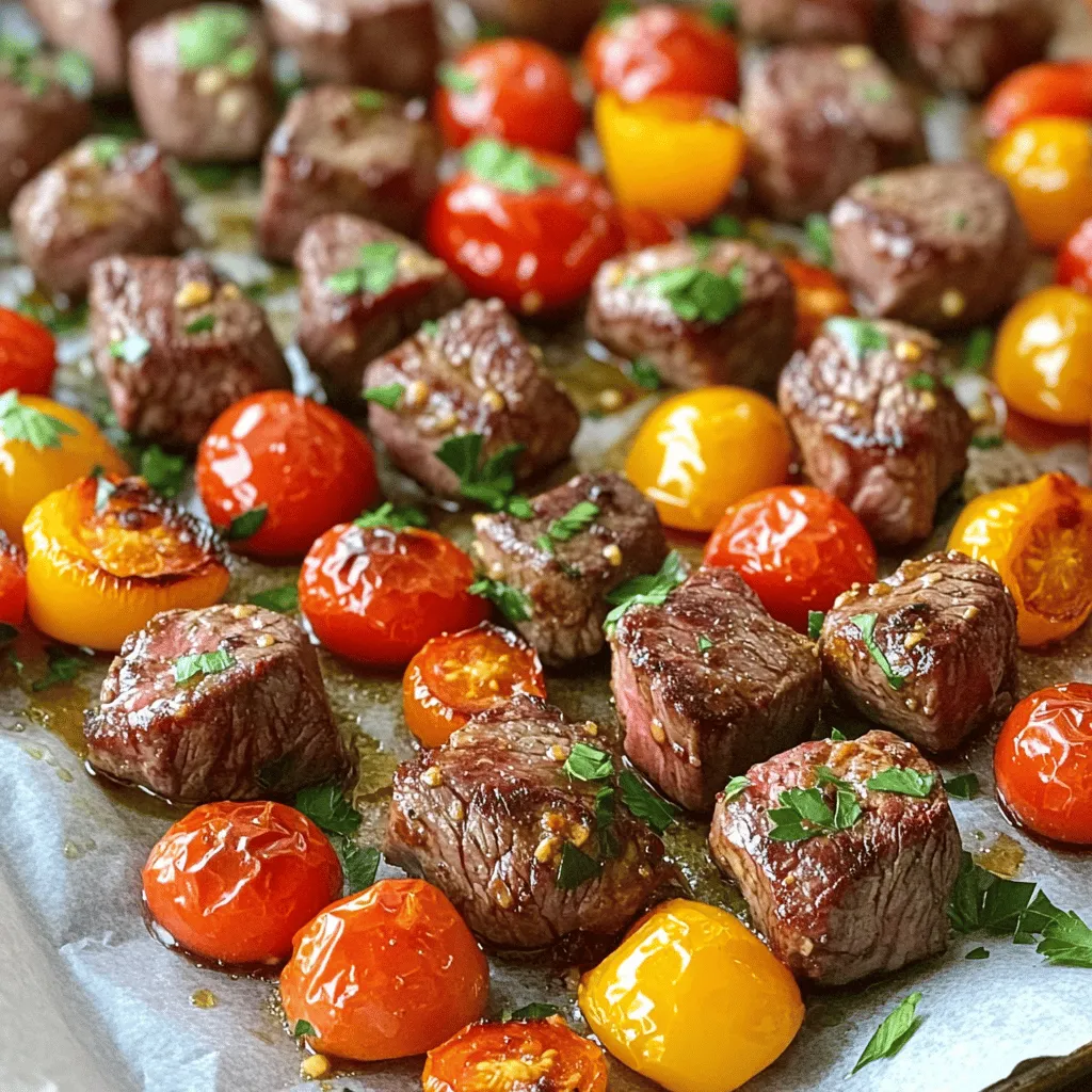 Für dieses Rezept brauchst du frische und einfache Zutaten. Das sind die Hauptbestandteile: - 450 g Rinderfilet, in 2,5 cm große Würfel geschnitten - 4 Knoblauchzehen, fein gehackt - 3 Esslöffel Olivenöl - 2 Esslöffel Sojasoße - 1 Esslöffel Worcestershire-Sauce (alkoholfrei) - 1 Teelöffel geräuchertes Paprikapulver - 1/2 Teelöffel schwarzer Pfeffer - 1 Teelöffel Salz Diese Zutaten bringen den vollen Geschmack des Steaks zur Geltung. Die Marinade ist der Schlüssel zu zartem und aromatischem Fleisch. Hier sind die Zutaten für die Marinade: - 3 Esslöffel Olivenöl - 2 Esslöffel Sojasoße - 1 Esslöffel Worcestershire-Sauce - 1 Teelöffel geräuchertes Paprikapulver - 1/2 Teelöffel schwarzer Pfeffer - 1 Teelöffel Salz Die Kombination dieser Gewürze sorgt für ein tolles Aroma. Lasse das Steak mindestens 15 Minuten marinieren, damit es gut durchzieht. Gemüse macht das Gericht bunt und gesund. Du benötigst: - 1 Tasse Kirschtomaten, halbiert - 1 Tasse Paprika (beliebige Farbe), gewürfelt - Frische Petersilie, gehackt, zum Garnieren Das Gemüse wird zusammen mit den Steakbissen geröstet. Es bringt nicht nur Farbe, sondern auch frische Aromen auf den Teller. Die gehackte Petersilie am Ende sorgt für einen tollen Look und einen frischen Geschmack. Du kannst das komplette Rezept hier finden: [Full Recipe]. Zuerst sammeln wir die Zutaten für die Blechpfanne Knoblauch Steakbisse. Du brauchst frische und hochwertige Produkte. Diese Zutaten machen das Gericht besonders lecker: - 450 g Rinderfilet, in 2,5 cm große Würfel geschnitten - 4 Knoblauchzehen, fein gehackt - 3 Esslöffel Olivenöl - 2 Esslöffel Sojasoße - 1 Esslöffel Worcestershire-Sauce (alkoholfrei) - 1 Teelöffel geräuchertes Paprikapulver - 1/2 Teelöffel schwarzer Pfeffer - 1 Teelöffel Salz - 1 Tasse Kirschtomaten, halbiert - 1 Tasse Paprika (beliebige Farbe), gewürfelt - Frische Petersilie, gehackt, zum Garnieren Stelle alles bereit. Das macht das Kochen einfacher und schneller. Jetzt marinieren wir die Steakwürfel. Das ist wichtig für den Geschmack. Nimm eine große Schüssel und gib die Rinderwürfel hinein. Füge den gehackten Knoblauch, Olivenöl, Sojasoße, Worcestershire-Sauce, geräuchertes Paprikapulver, schwarzen Pfeffer und Salz hinzu. Mische alles gut. Du willst, dass jede Würfel gut bedeckt ist. Lass die Steakwürfel für etwa 15 Minuten marinieren. So ziehen die Aromen ein. Heize den Ofen auf 220°C vor. Lege ein großes Backblech mit Backpapier aus. Das hilft bei der Reinigung. Verteile die marinierten Steakbisse auf einem Teil des Blechs in einer einzigen Lage. Nimm nun die Kirschtomaten und Paprika. Mische sie in der gleichen Schüssel mit etwas Olivenöl, Salz und Pfeffer. Verteile das Gemüse auf die andere Seite des Blechs. Jetzt kommt das Blech in den Ofen. Röste alles 12-15 Minuten lang. Die Steakbisse sollen den gewünschten Gargrad erreichen. Das Gemüse wird zart. Nimm das Blech aus dem Ofen und lasse die Bisse einige Minuten ruhen. Garniere sie dann mit frisch gehackter Petersilie. Jetzt sind deine Blechpfanne Knoblauch Steakbisse bereit! Für das vollständige Rezept, schaue dir die [Full Recipe] an. Die Garzeit ist der Schlüssel für zarte Steakbisse. Röstet die Steakbisse bei 220°C für 12 bis 15 Minuten. Schaut nach 12 Minuten nach. So bleibt das Fleisch saftig. Ein Fleischthermometer kann helfen. Zielt auf 54°C für medium-rare. Lasst die Steakbisse nach dem Rösten ruhen. Das hilft, den Saft zu bewahren. Wählt frisches Rinderfilet für den besten Geschmack. Sucht nach marmoriertem Fleisch. Die Marmorierung macht das Steak zart und saftig. Frisches Fleisch hat eine rote Farbe und wenig Geruch. Wenn möglich, kauft beim örtlichen Metzger. Fragen Sie nach der Herkunft des Fleisches. Nachhaltigkeit ist wichtig, und gutes Fleisch schmeckt besser. Möchtet ihr das Rezept anpassen? Probiert verschiedene Gewürze. Zum Beispiel, fügt etwas Kreuzkümmel oder Chili hinzu. Ihr könnt auch das Gemüse ändern. Zucchini oder Zwiebeln passen gut. Für eine süßere Note, fügt einen Spritzer Honig hinzu. Für eine vegetarische Version, ersetzt das Steak durch Tofu oder Tempeh. Seid kreativ und macht das Rezept zu eurem! Für das vollständige Rezept schaut bitte auf die Seite. {{image_4}} Du kannst viele Gemüsesorten für dein Gericht verwenden. Zucchini, Brokkoli oder sogar Karotten passen gut. Diese bieten verschiedene Texturen und Farben. Wenn du etwas mehr Crunch willst, probiere grüne Bohnen oder rote Zwiebeln. Du kannst die Menge ganz nach deinem Geschmack anpassen. Das Gemüse garen wir zusammen mit dem Steak, so wird alles gleichmäßig lecker. Die Gewürze sind ein wichtiger Teil des Geschmacks. Wenn du etwas anderes willst, probiere italienische Kräuter wie Oregano oder Thymian. Diese bringen frische Aromen. Auch ein Hauch von Chili-Pulver gibt einen kleinen Kick. Für eine süßere Note kannst du ein bisschen Honig oder braunen Zucker hinzufügen. Experimentiere mit deinen Lieblingsgewürzen, um das Rezept ganz nach deinem Geschmack zu gestalten. Wenn du das Rezept für Kinder zubereitest, halte die Gewürze mild. Lass die scharfen Zutaten weg und verwende nur Salz und Pfeffer. Du kannst das Gemüse klein schneiden, damit es leichter zu essen ist. Auch die Steakbisse in kleinere Stücke schneiden hilft. Kinder lieben es, wenn das Essen bunt und ansprechend aussieht. Füge mehr Gemüse hinzu, um das Gericht lebendig und lustig zu machen. Für das vollständige Rezept, sieh dir den Full Recipe an. Bewahre die Reste der Blechpfanne Knoblauch Steakbisse in einem luftdichten Behälter auf. Lass die Steakbisse zuerst auf Raumtemperatur abkühlen. Stelle sicher, dass du die Reste innerhalb von zwei Stunden nach dem Kochen in den Kühlschrank stellst. So bleibt das Fleisch frisch und lecker. Um die Steakbisse aufzuwärmen, kannst du den Ofen oder die Mikrowelle nutzen. Im Ofen, lege die Reste auf ein Backblech und erhitze sie bei 180°C für etwa 10 Minuten. In der Mikrowelle, stelle die Steakbisse in eine Schüssel und decke sie mit einem feuchten Papiertuch ab. Erhitze sie in 30-Sekunden-Intervallen, bis sie warm sind. Achte darauf, die Bisse nicht zu überhitzen, damit sie saftig bleiben. Im Kühlschrank halten die Steakbisse bis zu drei Tage. Wenn du sie länger aufbewahren möchtest, kannst du sie einfrieren. Im Gefrierschrank bleiben die Steakbisse bis zu drei Monate frisch. Achte darauf, sie gut zu verpacken, damit sie nicht austrocknen. Für die beste Qualität, tau das Fleisch im Kühlschrank über Nacht auf, bevor du es wieder erhitzt. Die Zubereitung dauert etwa 15 Minuten. Die Gesamtzeit, inklusive Rösten, beträgt 30 Minuten. So hast du schnell ein leckeres Gericht auf dem Tisch. Die Steakbisse sind perfekt gewürzt und das Gemüse ist zart. Ja, du kannst das Rezept im Voraus vorbereiten. Marinier die Steakbisse bis zu 24 Stunden vorher. Das gibt dem Fleisch mehr Geschmack. Du kannst auch das Gemüse schneiden und bereitstellen. So sparst du Zeit, wenn du das Gericht kochst. Zu den Steakbissen passen viele Beilagen gut. Hier sind einige Ideen: - Reis - Kartoffelpüree - Frischer Salat - Gebratene Zucchini - Baguette Diese Beilagen ergänzen den herzhaften Geschmack der Steakbisse perfekt. Die Blechpfanne Knoblauch Steakbisse sind einfach zuzubereiten und lecker. Wir haben die besten Zutaten, Marinaden und Tipps für eine perfekte Zubereitung erkundet. Achte besonders auf die Garzeit und wähle hochwertiges Rinderfilet. Du kannst das Rezept leicht anpassen. Mit den richtigen Lagerinformationen bleiben deine Reste frisch. Experimentiere mit Varianten, um jedem Geschmack gerecht zu werden. Probiere es aus! Du wirst die Steakbissen und die Freude, die du damit bereitest, lieben.