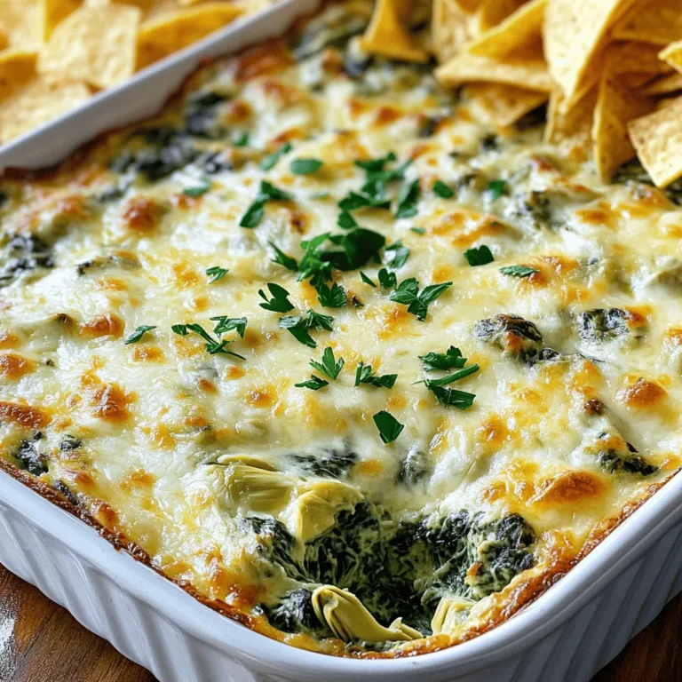 Für einen köstlichen cremigen Spinach Artichoke Dip brauchst du einige wichtige Zutaten. Hier ist die Liste: - 1 Tasse gefrorener Spinat, aufgetaut und gut abgetropft - 1 Tasse Dosen-Artischockenherzen, abgetropft und grob gehackt - 1 Tasse Frischkäse, weich gemacht - 1/2 Tasse saure Sahne - 1/2 Tasse Mayonnaise - 1 Tasse geriebener Mozzarella-Käse - 1/2 Tasse frisch geriebener Parmesan-Käse - 2 Knoblauchzehen, fein gehackt - 1 Teelöffel Zitronensaft - Salz und Pfeffer nach Geschmack - 1/4 Teelöffel rote Pfefferflocken (optional, für etwas Schärfe) Nicht alle mögen die gleichen Zutaten. Hier sind einige gute Ersatzstoffe, die du verwenden kannst: - Frischkäse: Du kannst auch Ricotta oder Hüttenkäse nehmen. - Saure Sahne: Griechischer Joghurt klappt gut. - Mayonnaise: Verwende auch Avocado oder eine vegane Mayo. - Käse: Probiere Cheddar oder Gouda für einen anderen Geschmack. Die Vorbereitung ist einfach. Du musst die Zutaten gut abmessen. Hier sind die Schritte zur Vorbereitung: 1. Spinat aufbereiten: Stelle sicher, dass der Spinat gut abgetropft ist. 2. Artischocken hacken: Die Dosen-Artischocken einfach grob hacken. 3. Käse reiben: Frisch geriebenen Parmesan und Mozzarella verwenden. 4. Knoblauch schneiden: Den Knoblauch fein hacken, damit er gut schmeckt. Mit diesen Zutaten und Optionen bist du bereit, den Dip zuzubereiten. Du kannst das gesamte Rezept im Abschnitt "Full Recipe" finden. Zuerst heizen Sie den Ofen auf 175°C vor. Das gibt dem Dip eine perfekte Wärme. Nehmen Sie eine mittlere Schüssel. Vermengen Sie den weichen Frischkäse mit der sauren Sahne und der Mayonnaise. Rühren Sie alles gut, bis es cremig ist. Diese Basis macht den Dip reichhaltig und lecker. Jetzt kommt der spannende Teil! Fügen Sie die gehackten Artischocken und den aufgetauten Spinat hinzu. Mischen Sie alles gründlich. Dann geben Sie den fein gehackten Knoblauch und den Zitronensaft dazu. Schmecken Sie mit Salz, Pfeffer und optional roten Pfefferflocken ab. Das bringt eine leichte Schärfe in den Dip. Heben Sie den geriebenen Mozzarella und den Parmesan vorsichtig unter. Behalten Sie etwas Mozzarella für die Oberseite zurück. Übertragen Sie die Mischung in eine mittelgroße Auflaufform. Verteilen Sie sie gleichmäßig. Bestreuen Sie den Dip mit dem zurückbehaltenen Mozzarella. Backen Sie den Dip für 25-30 Minuten. Achten Sie darauf, dass er sprudelt und die Oberfläche goldbraun ist. Nach dem Backen lassen Sie den Dip etwas abkühlen. Dann können Sie ihn servieren. Genießen Sie ihn warm mit Tortilla-Chips oder geröstetem Brot. So wird jeder Bissen ein Genuss! Um den perfekten cremigen Dip zu machen, ist die Konsistenz wichtig. Achte darauf, dass der Frischkäse weich ist. So lässt er sich leicht mischen. Die Mischung muss glatt und ohne Klumpen sein. Dies sorgt für ein besseres Mundgefühl. Ein wenig Zitronensaft bringt Frische und Geschmack. Füge ihn vorsichtig hinzu, damit er nicht zu sauer wird. Ein häufiger Fehler ist, die Zutaten nicht gut abtropfen zu lassen. Wenn der Spinat oder die Artischocken zu viel Wasser enthalten, wird der Dip wässrig. Ein anderer Fehler ist, zu viel Knoblauch zu verwenden. Das kann den Geschmack dominieren. Halte dich an die angegebenen Mengen. Achte auch darauf, den Dip nicht zu lange zu backen. Überbacken macht ihn trocken. Für die besten Beilagen empfehle ich Tortilla-Chips oder geröstetes Brot. Gemüse wie Karotten und Sellerie passen auch gut. Sie bringen eine schöne Crunch-Textur. Du kannst auch Nachos machen und den Dip darauf geben. Das ist ein echter Genuss! Wenn du den Dip anrichtest, garnier ihn mit frischer Petersilie. Das sieht schön aus und bringt Farbe. Für das vollständige Rezept, schau bitte in den Abschnitt „Full Recipe“. {{image_4}} Wenn Sie eine vegetarische oder glutenfreie Version machen möchten, ist das einfach. Der Dip ist von Natur aus vegetarisch. Für glutenfreie Optionen verwenden Sie einfach glutenfreie Chips oder Gemüsesticks. Achten Sie darauf, dass alle Zutaten, wie die Mayonnaise, auch glutenfrei sind. Um den Dip aufzupeppen, fügen Sie Zutaten hinzu. Zum Beispiel können Sie frische Kräuter wie Basilikum oder Petersilie verwenden. Das bringt Frische und Farbe. Auch Jalapeños geben dem Dip einen scharfen Kick. Für einen rauchigen Geschmack können Sie geräucherte Paprika verwenden. Experimentieren Sie mit verschiedenen Gewürzen, um Ihren eigenen Stil zu finden. Käse ist das Geheimnis für einen leckeren Dip. Neben Mozzarella und Parmesan können Sie auch Cheddar oder Gouda verwenden. Diese Käse geben einen kräftigen Geschmack. Für eine vegane Option probieren Sie pflanzlichen Frischkäse oder Cashewkäse. Diese Alternativen sind lecker und machen den Dip cremig. Für das komplette Rezept schauen Sie sich den [Full Recipe] an. Wenn Sie Reste von Ihrem cremigen Spinat-Artischocken-Dip haben, bewahren Sie sie gut auf. Nutzen Sie einen luftdichten Behälter. Stellen Sie sicher, dass der Dip vollständig abgekühlt ist, bevor Sie ihn hineinlegen. Dies hilft, Feuchtigkeit und Bakterien fernzuhalten. Wenn Sie den Dip in kleinere Portionen aufteilen, können Sie ihn einfacher aufbewahren und verwenden. Zum Aufwärmen nehmen Sie den Dip aus dem Kühlschrank. Geben Sie ihn in eine ofenfeste Schüssel. Heizen Sie den Ofen auf 175 °C vor. Backen Sie den Dip für etwa 15-20 Minuten, bis er heiß und sprudelnd ist. Alternativ können Sie ihn auch in der Mikrowelle erwärmen. Rühren Sie alle paar Minuten um, damit er gleichmäßig warm wird. Servieren Sie ihn wieder mit Ihren Lieblingssnacks. Im Kühlschrank bleibt der Dip etwa 3-4 Tage frisch. Wenn Sie ihn länger aufbewahren möchten, können Sie ihn einfrieren. Geben Sie den Dip in einen gefrierfesten Behälter. Lassen Sie dabei etwas Platz für die Ausdehnung. Er kann bis zu drei Monate im Gefrierfach bleiben. Zum Auftauen legen Sie den Dip einfach über Nacht in den Kühlschrank. Dann wärmen Sie ihn wie oben beschrieben auf. So genießen Sie auch später noch den leckeren Geschmack! Sie können den Dip bis zu zwei Tage im Voraus machen. Bereiten Sie ihn einfach vor und lagern Sie ihn im Kühlschrank. Wenn Sie bereit sind, ihn zu servieren, backen Sie ihn wie im Rezept beschrieben. So sparen Sie Zeit bei Ihrer nächsten Feier. Ja, frischer Spinat kann verwendet werden. Kochen Sie ihn kurz, bevor Sie ihn in den Dip geben. Achten Sie darauf, den Spinat gut abzutropfen, damit der Dip nicht wässrig wird. Frischer Spinat sorgt für einen tollen Geschmack und eine schöne Farbe. Einige Alternativen sind: - Frischkäse kann durch Ricotta ersetzt werden. - Saure Sahne kann durch griechischen Joghurt ersetzt werden. - Verwenden Sie andere Käsesorten wie Cheddar oder Gouda. Diese Optionen können den Geschmack des Dips verändern, aber immer noch köstlich sein. Für mehr Details, schauen Sie sich das [Full Recipe](#) an. Dieser Artikel hat dir gezeigt, wie man einen cremigen Dip macht. Wir haben die Zutaten, die Schritte und die besten Tipps besprochen. Auch Variationen und Lagerung wurden behandelt. Ein guter Dip braucht die richtigen Zutaten und etwas Übung. Vermeide die häufigen Fehler und probiere neue Zutaten aus. So wirst du immer leckere Ergebnisse sehen. Viel Spaß beim Dippen und Experimentieren in der Küche!