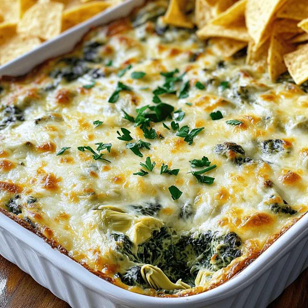 Für einen köstlichen cremigen Spinach Artichoke Dip brauchst du einige wichtige Zutaten. Hier ist die Liste: - 1 Tasse gefrorener Spinat, aufgetaut und gut abgetropft - 1 Tasse Dosen-Artischockenherzen, abgetropft und grob gehackt - 1 Tasse Frischkäse, weich gemacht - 1/2 Tasse saure Sahne - 1/2 Tasse Mayonnaise - 1 Tasse geriebener Mozzarella-Käse - 1/2 Tasse frisch geriebener Parmesan-Käse - 2 Knoblauchzehen, fein gehackt - 1 Teelöffel Zitronensaft - Salz und Pfeffer nach Geschmack - 1/4 Teelöffel rote Pfefferflocken (optional, für etwas Schärfe) Nicht alle mögen die gleichen Zutaten. Hier sind einige gute Ersatzstoffe, die du verwenden kannst: - Frischkäse: Du kannst auch Ricotta oder Hüttenkäse nehmen. - Saure Sahne: Griechischer Joghurt klappt gut. - Mayonnaise: Verwende auch Avocado oder eine vegane Mayo. - Käse: Probiere Cheddar oder Gouda für einen anderen Geschmack. Die Vorbereitung ist einfach. Du musst die Zutaten gut abmessen. Hier sind die Schritte zur Vorbereitung: 1. Spinat aufbereiten: Stelle sicher, dass der Spinat gut abgetropft ist. 2. Artischocken hacken: Die Dosen-Artischocken einfach grob hacken. 3. Käse reiben: Frisch geriebenen Parmesan und Mozzarella verwenden. 4. Knoblauch schneiden: Den Knoblauch fein hacken, damit er gut schmeckt. Mit diesen Zutaten und Optionen bist du bereit, den Dip zuzubereiten. Du kannst das gesamte Rezept im Abschnitt "Full Recipe" finden. Zuerst heizen Sie den Ofen auf 175°C vor. Das gibt dem Dip eine perfekte Wärme. Nehmen Sie eine mittlere Schüssel. Vermengen Sie den weichen Frischkäse mit der sauren Sahne und der Mayonnaise. Rühren Sie alles gut, bis es cremig ist. Diese Basis macht den Dip reichhaltig und lecker. Jetzt kommt der spannende Teil! Fügen Sie die gehackten Artischocken und den aufgetauten Spinat hinzu. Mischen Sie alles gründlich. Dann geben Sie den fein gehackten Knoblauch und den Zitronensaft dazu. Schmecken Sie mit Salz, Pfeffer und optional roten Pfefferflocken ab. Das bringt eine leichte Schärfe in den Dip. Heben Sie den geriebenen Mozzarella und den Parmesan vorsichtig unter. Behalten Sie etwas Mozzarella für die Oberseite zurück. Übertragen Sie die Mischung in eine mittelgroße Auflaufform. Verteilen Sie sie gleichmäßig. Bestreuen Sie den Dip mit dem zurückbehaltenen Mozzarella. Backen Sie den Dip für 25-30 Minuten. Achten Sie darauf, dass er sprudelt und die Oberfläche goldbraun ist. Nach dem Backen lassen Sie den Dip etwas abkühlen. Dann können Sie ihn servieren. Genießen Sie ihn warm mit Tortilla-Chips oder geröstetem Brot. So wird jeder Bissen ein Genuss! Um den perfekten cremigen Dip zu machen, ist die Konsistenz wichtig. Achte darauf, dass der Frischkäse weich ist. So lässt er sich leicht mischen. Die Mischung muss glatt und ohne Klumpen sein. Dies sorgt für ein besseres Mundgefühl. Ein wenig Zitronensaft bringt Frische und Geschmack. Füge ihn vorsichtig hinzu, damit er nicht zu sauer wird. Ein häufiger Fehler ist, die Zutaten nicht gut abtropfen zu lassen. Wenn der Spinat oder die Artischocken zu viel Wasser enthalten, wird der Dip wässrig. Ein anderer Fehler ist, zu viel Knoblauch zu verwenden. Das kann den Geschmack dominieren. Halte dich an die angegebenen Mengen. Achte auch darauf, den Dip nicht zu lange zu backen. Überbacken macht ihn trocken. Für die besten Beilagen empfehle ich Tortilla-Chips oder geröstetes Brot. Gemüse wie Karotten und Sellerie passen auch gut. Sie bringen eine schöne Crunch-Textur. Du kannst auch Nachos machen und den Dip darauf geben. Das ist ein echter Genuss! Wenn du den Dip anrichtest, garnier ihn mit frischer Petersilie. Das sieht schön aus und bringt Farbe. Für das vollständige Rezept, schau bitte in den Abschnitt „Full Recipe“. {{image_4}} Wenn Sie eine vegetarische oder glutenfreie Version machen möchten, ist das einfach. Der Dip ist von Natur aus vegetarisch. Für glutenfreie Optionen verwenden Sie einfach glutenfreie Chips oder Gemüsesticks. Achten Sie darauf, dass alle Zutaten, wie die Mayonnaise, auch glutenfrei sind. Um den Dip aufzupeppen, fügen Sie Zutaten hinzu. Zum Beispiel können Sie frische Kräuter wie Basilikum oder Petersilie verwenden. Das bringt Frische und Farbe. Auch Jalapeños geben dem Dip einen scharfen Kick. Für einen rauchigen Geschmack können Sie geräucherte Paprika verwenden. Experimentieren Sie mit verschiedenen Gewürzen, um Ihren eigenen Stil zu finden. Käse ist das Geheimnis für einen leckeren Dip. Neben Mozzarella und Parmesan können Sie auch Cheddar oder Gouda verwenden. Diese Käse geben einen kräftigen Geschmack. Für eine vegane Option probieren Sie pflanzlichen Frischkäse oder Cashewkäse. Diese Alternativen sind lecker und machen den Dip cremig. Für das komplette Rezept schauen Sie sich den [Full Recipe] an. Wenn Sie Reste von Ihrem cremigen Spinat-Artischocken-Dip haben, bewahren Sie sie gut auf. Nutzen Sie einen luftdichten Behälter. Stellen Sie sicher, dass der Dip vollständig abgekühlt ist, bevor Sie ihn hineinlegen. Dies hilft, Feuchtigkeit und Bakterien fernzuhalten. Wenn Sie den Dip in kleinere Portionen aufteilen, können Sie ihn einfacher aufbewahren und verwenden. Zum Aufwärmen nehmen Sie den Dip aus dem Kühlschrank. Geben Sie ihn in eine ofenfeste Schüssel. Heizen Sie den Ofen auf 175 °C vor. Backen Sie den Dip für etwa 15-20 Minuten, bis er heiß und sprudelnd ist. Alternativ können Sie ihn auch in der Mikrowelle erwärmen. Rühren Sie alle paar Minuten um, damit er gleichmäßig warm wird. Servieren Sie ihn wieder mit Ihren Lieblingssnacks. Im Kühlschrank bleibt der Dip etwa 3-4 Tage frisch. Wenn Sie ihn länger aufbewahren möchten, können Sie ihn einfrieren. Geben Sie den Dip in einen gefrierfesten Behälter. Lassen Sie dabei etwas Platz für die Ausdehnung. Er kann bis zu drei Monate im Gefrierfach bleiben. Zum Auftauen legen Sie den Dip einfach über Nacht in den Kühlschrank. Dann wärmen Sie ihn wie oben beschrieben auf. So genießen Sie auch später noch den leckeren Geschmack! Sie können den Dip bis zu zwei Tage im Voraus machen. Bereiten Sie ihn einfach vor und lagern Sie ihn im Kühlschrank. Wenn Sie bereit sind, ihn zu servieren, backen Sie ihn wie im Rezept beschrieben. So sparen Sie Zeit bei Ihrer nächsten Feier. Ja, frischer Spinat kann verwendet werden. Kochen Sie ihn kurz, bevor Sie ihn in den Dip geben. Achten Sie darauf, den Spinat gut abzutropfen, damit der Dip nicht wässrig wird. Frischer Spinat sorgt für einen tollen Geschmack und eine schöne Farbe. Einige Alternativen sind: - Frischkäse kann durch Ricotta ersetzt werden. - Saure Sahne kann durch griechischen Joghurt ersetzt werden. - Verwenden Sie andere Käsesorten wie Cheddar oder Gouda. Diese Optionen können den Geschmack des Dips verändern, aber immer noch köstlich sein. Für mehr Details, schauen Sie sich das [Full Recipe](#) an. Dieser Artikel hat dir gezeigt, wie man einen cremigen Dip macht. Wir haben die Zutaten, die Schritte und die besten Tipps besprochen. Auch Variationen und Lagerung wurden behandelt. Ein guter Dip braucht die richtigen Zutaten und etwas Übung. Vermeide die häufigen Fehler und probiere neue Zutaten aus. So wirst du immer leckere Ergebnisse sehen. Viel Spaß beim Dippen und Experimentieren in der Küche!