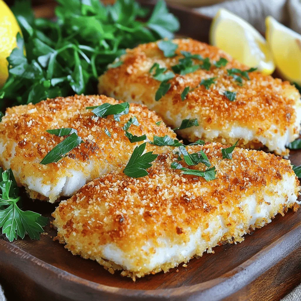 Für Crispy Parmesan Crusted Tilapia benötigst du einige wichtige Zutaten. Hier ist, was du brauchst: - 4 Tilapiafilets - 1 Tasse Panko-Semmelbrösel - 1/2 Tasse geriebener Parmesan-Käse - 2 große Eier - 1 Esslöffel Dijon-Senf - 1 Esslöffel Zitronensaft Diese Zutaten machen den Fisch knusprig und lecker. Der Parmesan gibt dem Gericht einen tollen Geschmack. Panko-Semmelbrösel sorgen für die perfekte Textur. Die Gewürze und Kräuter sind ebenfalls wichtig. Hier sind die, die du brauchst: - 1 Teelöffel Knoblauchpulver - 1 Teelöffel Zwiebelpulver - 1 Teelöffel getrocknete Petersilie - 1/2 Teelöffel Salz - 1/2 Teelöffel schwarzer Pfeffer Diese Gewürze bringen viel Geschmack in das Gericht. Sie machen das Essen würzig und aromatisch. Die getrocknete Petersilie fügt eine frische Note hinzu. Frischen Tilapia zu wählen, ist einfach, wenn du einige Tipps beachtest. Achte auf folgende Punkte: - Aussehen: Der Fisch sollte glänzend und feucht aussehen. - Geruch: Er sollte frisch riechen, nicht fischig. - Textur: Die Filets sollten fest und nicht matschig sein. Wenn du diese Dinge beachtest, findest du den besten Tilapia. So wird dein Gericht noch besser. Du kannst die vollständige Anleitung in unserem [Full Recipe] finden. Die Vorbereitungszeit für Crispy Parmesan Crusted Tilapia beträgt nur 15 Minuten. Du kannst in der Zwischenzeit den Ofen auf 200°C vorheizen. Außerdem solltest du ein Backblech mit Backpapier auslegen. Dies erleichtert das spätere Reinigen und verhindert, dass der Fisch kleben bleibt. Für die Panko-Mischung mischst du in einer flachen Schüssel die folgenden Zutaten: - 1 Tasse Panko-Semmelbrösel - 1/2 Tasse geriebener Parmesan-Käse - 1 Teelöffel Knoblauchpulver - 1 Teelöffel Zwiebelpulver - 1 Teelöffel getrocknete Petersilie - 1/2 Teelöffel Salz - 1/2 Teelöffel schwarzer Pfeffer Rühre alles gut um. So vermischst du die Aromen und sorgst für einen tollen Geschmack. Jetzt wird es spannend! Nimm zwei große Eier, 1 Esslöffel Dijon-Senf und 1 Esslöffel Zitronensaft in eine separate Schüssel. Verquirle alles gut. Tauche dann jedes Tilapiafilet zuerst in die Eimischung. Lass die überschüssige Mischung abtropfen. Wälze das Filet jetzt in der Panko-Parmesan-Mischung. Drücke leicht an, damit die Panade gut haftet. Lege die panierten Filets auf das Backblech. Sprühe die Oberseiten leicht mit Kochspray oder träufle etwas Olivenöl darüber. So wird die Kruste extra knusprig. Backe die Filets 15 bis 20 Minuten im Ofen. Der Fisch sollte durchgegart sein und die Kruste muss goldbraun und knusprig werden. Serviere die Tilapiafilets heiß. Du kannst sie mit frischer Petersilie und Zitronenschnitten garnieren. Das sieht nicht nur toll aus, sondern schmeckt auch super! Wenn du mehr über die Zubereitung erfahren möchtest, schau dir die [Full Recipe] an. Um die beste Knusprigkeit bei Crispy Parmesan Crusted Tilapia zu bekommen, benutze Panko-Semmelbrösel. Panko hat eine grobe Textur, die viel Luft einlässt. So wird die Kruste besonders knusprig. Sprühe die Filets leicht mit Kochspray oder träufle Olivenöl darauf. Das hilft, die Kruste beim Backen goldbraun zu machen. Backe die Filets bei 200°C für 15-20 Minuten. Die hohe Temperatur sorgt für eine tolle Kruste. Ein häufiger Fehler beim Braten ist, die Filets zu früh zu wenden. Lass die Kruste zuerst fest werden. Wende die Filets erst, wenn sie goldbraun sind. Ein weiterer Fehler ist, zu viel Feuchtigkeit zu lassen. Tupfe die Tilapiafilets vor dem Panieren trocken. So bleibt die Panade besser haften. Achte darauf, die Filets nicht zu überladen. Gebe ihnen genug Platz auf dem Blech, damit sie gleichmäßig backen. Serviere die Crispy Parmesan Crusted Tilapia mit Zitronenscheiben. Das bringt Frische und Geschmack. Eine einfache Beilage sind gedämpfte grüne Bohnen oder ein frischer Salat. Auch Reis oder Quinoa passen gut dazu. Für mehr Farbe kannst du mit frischen Kräutern dekorieren. Die Präsentation macht das Essen noch einladender. Ich empfehle, diese Tipps zu befolgen, um das Beste aus deinem Gericht herauszuholen. Du findest das gesamte Rezept in der [Full Recipe]. {{image_4}} Wenn du nach neuen Ideen suchst, probiere verschiedene Panaden. Anstelle von Panko-Semmelbröseln kannst du auch Haferflocken verwenden. Haferflocken geben einen tollen, herzhaften Geschmack. Du kannst auch Cornflakes zerdrücken. Sie sorgen für eine sehr knusprige Textur. Eine Mischung aus gemahlenen Nüssen und Parmesan ist ebenfalls lecker und gibt dem Gericht eine nussige Note. Für einen kickenden Geschmack füge etwas Chili-Pulver oder Cayennepfeffer zu deiner Panade hinzu. Ein Teelöffel reicht oft aus, um den Geschmack zu verändern. Du kannst auch ein paar Tropfen scharfe Soße in die Eimischung geben. Diese kleinen Änderungen machen die Kruste aufregend scharf und würzig. Ideal für alle, die es gerne etwas schärfer mögen. Wenn du eine vegetarische Option möchtest, kannst du die Tilapiafilets durch Zucchinischeiben ersetzen. Die Zucchini bleibt saftig und nimmt die Aromen gut auf. So wird das Gericht ebenfalls knusprig und lecker. Eine andere Möglichkeit ist, Blumenkohlsteaks zu verwenden. Diese Gemüsealternativen bieten eine tolle Textur und viel Geschmack. Du kannst die gleiche Panade verwenden, um das Erlebnis zu vervollständigen. Egal, welche Variation du wählst, du wirst sicher ein schmackhaftes Gericht zaubern! Schau dir die vollständige Anleitung im Full Recipe an, um das Beste aus deinem Kocherlebnis herauszuholen. Nach dem Essen bleiben oft leckere Tilapiafilets übrig. Um sie frisch zu halten, lege die Filets in einen luftdichten Behälter. Stelle sicher, dass die Filets vollständig abgekühlt sind, bevor du sie lagerst. So bleiben sie saftig und schmackhaft. Du kannst sie bis zu drei Tage im Kühlschrank aufbewahren. Um die knusprige Kruste beim Aufwärmen zu erhalten, verwende einen Ofen oder eine Pfanne. Heize den Ofen auf 180°C vor. Lege die Filets auf ein Backblech und backe sie für etwa 10 Minuten. Alternativ kannst du eine Pfanne mit etwas Öl erhitzen und die Filets darin leicht braten. Dies hilft, die Knusprigkeit zu bewahren. Vermeide die Mikrowelle, denn sie macht die Filets weich. Die Haltbarkeit der übrig gebliebenen Tilapiafilets beträgt etwa drei Tage im Kühlschrank. Wenn du die Filets länger aufbewahren möchtest, friere sie ein. Wickele sie gut in Frischhaltefolie ein und lege sie in einen Gefrierbeutel. So bleiben sie bis zu drei Monate frisch. Um sie wieder aufzutauen, lege sie über Nacht in den Kühlschrank. Das sorgt dafür, dass sie gleichmäßig auftauen und ihre Textur behalten. Du findest das vollständige Rezept für Crispy Parmesan Crusted Tilapia in den vorherigen Abschnitten. Die Zubereitung von Crispy Parmesan Crusted Tilapia dauert insgesamt etwa 35 Minuten. Du brauchst 15 Minuten für die Vorbereitung und dann 20 Minuten, um die Filets zu backen. Diese schnelle Kochzeit macht es einfach, ein köstliches Gericht zu genießen, selbst wenn du wenig Zeit hast. Ja, du kannst gefrorenen Fisch verwenden. Achte darauf, dass du ihn gut auftauen lässt, bevor du ihn panierst. So bleibt die Textur des Fisches gut. Gefrorener Tilapia kann dir auch helfen, Geld zu sparen und ihn länger haltbar zu machen. Zu Crispy Parmesan Crusted Tilapia passen viele Beilagen. Hier sind einige meiner Favoriten: - Gedünstetes Gemüse: Brokkoli oder grüne Bohnen sind frisch und gesund. - Reis: Ein leichter Zitronenreis ergänzt den Fisch gut. - Kartoffeln: Ofenkartoffeln oder Kartoffelpüree sind immer ein Hit. - Salat: Ein einfacher grüner Salat bringt Frische auf den Teller. Diese Beilagen machen das Essen noch leckerer und runder. Du kannst die Kombination nach deinem Geschmack wählen. Crispy Parmesan Crusted Tilapia ist einfach zuzubereiten und lecker. Wir haben die besten Zutaten, Tipps zur Zubereitung und Lagerung diskutiert. Auch Variationen für jeden Geschmack wurden vorgestellt. Denk daran, frischen Fisch auszuwählen und die richtigen Gewürze zu verwenden. So wirst du eine köstliche Mahlzeit zaubern. Mit diesen einfachen Schritten und Tricks wird dein Gericht immer knusprig und schmackhaft sein. Viel Spaß beim Kochen!