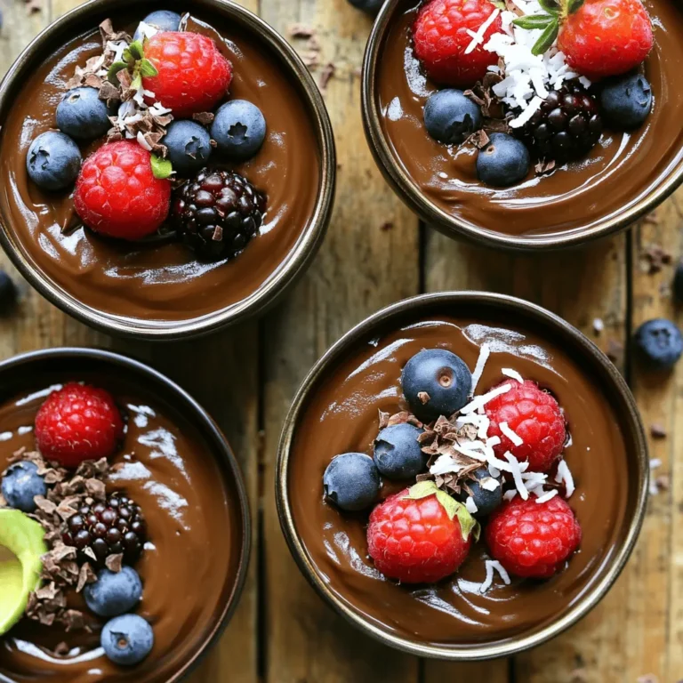 - 2 reife Avocados - 120 g ungesüßtes Kakaopulver - 60 ml Ahornsirup - 120 ml Mandeldrink - 1 Teelöffel Vanilleextrakt - Eine Prise Salz Die Hauptzutaten für den Avocado-Schokoladenpudding sind einfach zu finden. Die reifen Avocados geben dem Pudding eine cremige Textur. Sie sind der Star dieses Rezepts. Das ungesüßte Kakaopulver sorgt für den schokoladigen Geschmack. Ahornsirup dient als süßer Zusatz, um die Bitternote des Kakaos auszugleichen. Mandeldrink macht den Pudding noch samtiger. Vanilleextrakt sorgt für ein tolles Aroma, während eine Prise Salz den Geschmack hebt. - Kokosraspeln - Kakaonibs - Frische Beeren Die optionalen Toppings bringen Vielfalt in den Pudding. Kokosraspeln geben einen tropischen Touch. Kakaonibs fügen eine knackige Textur hinzu. Frische Beeren sorgen für einen fruchtigen Kontrast. Diese Toppings sind nicht nur lecker, sondern auch schön anzusehen. Sie machen den Pudding zu einem echten Hingucker. Um mehr über die Zubereitung zu erfahren, schauen Sie sich das vollständige Rezept an. Um den Avocado-Schokoladenpudding zu machen, beginnen wir mit den Avocados. - Halbiere die reifen Avocados und entferne die Kerne. - Löffle das Fruchtfleisch in einen Mixer. Jetzt fügen wir alle anderen Zutaten hinzu. - Gib 120 g ungesüßtes Kakaopulver in den Mixer. - Füge 60 ml Ahornsirup hinzu, um die Süße zu bestimmen. - Gieße 120 ml Mandeldrink dazu. - Ergänze 1 Teelöffel Vanilleextrakt und eine Prise Salz. Nun ist es Zeit, alles zu mixen. - Mixe die Mischung bei hoher Geschwindigkeit, bis sie glatt ist. - Halte an, um die Seiten des Mixers abzukratzen, wenn nötig. - Schmecke den Pudding ab und passe die Süße nach deinem Geschmack an. - Füge bei Bedarf mehr Kakaopulver oder Salz hinzu, um den Geschmack zu verbessern. Jetzt bringen wir den Pudding in seine Form. - Übertrage die Mischung in Schalen oder Becher. - Kühle sie mindestens 30 Minuten im Kühlschrank. So kommt der Pudding perfekt zur Geltung. Du kannst die vollständige Rezeptanleitung für weitere Details prüfen. Um den Geschmack des Avocado-Schokoladenpuddings zu verbessern, kombiniere helle und dunkle Schokolade. Dunkle Schokolade hat einen starken Geschmack, während helle Schokolade süßer ist. Diese Mischung bringt Tiefe und Balance in deinen Pudding. Du kannst mit verschiedenen Sorten von Schokolade experimentieren. Probiere zum Beispiel Milchschokolade oder dunkle Schokolade mit hohem Kakaoanteil. So erhältst du einen einzigartigen Geschmack. Die cremige Konsistenz ist wichtig für ein tolles Dessert. Hier sind einige Tipps, um die Textur zu verbessern: - Nutze reife Avocados, denn sie sind weicher und cremiger. - Mixe die Zutaten lange genug, bis die Masse glatt ist. - Füge bei Bedarf mehr Mandeldrink hinzu. Dies hilft, den Pudding leicht und luftig zu machen. - Schlage die Mischung nach dem Mixen kurz mit einem Schneebesen auf. Das bringt Luft hinein und macht den Pudding fluffiger. Die Süße deines Puddings ist entscheidend. Du kannst Honig oder Agavendicksaft verwenden, um die Süße anzupassen. Honig gibt einen blumigen Geschmack, während Agavendicksaft milder ist. Probiere aus, was dir besser gefällt. Beginne mit der angegebenen Menge und taste dich langsam vor. So findest du die perfekte Balance für deinen Gaumen. {{image_4}} Für eine vegane Version des Avocado-Schokoladenpuddings können Sie Pflanzenmilch nutzen. Ich empfehle Mandeldrink oder Hafermilch. Diese milchfreien Alternativen schmecken toll und machen den Pudding cremig. Auch die Süße können Sie anpassen. Statt Ahornsirup können Sie Agavendicksaft oder Kokosblütenzucker verwenden. Diese Optionen sind nicht nur vegan, sondern auch lecker. Um Ihrem Pudding einen besonderen Kick zu geben, probieren Sie zusätzliche Aromen. Zimt fügt eine warme Note hinzu. Ein Hauch von Espresso verstärkt den Schokoladengeschmack und gibt einen tollen Kaffee-Geschmack. Fügen Sie einfach einen Teelöffel Zimt oder einen Esslöffel Espresso hinzu, während Sie die anderen Zutaten mixen. Früchte sind eine großartige Ergänzung. Bananen machen den Pudding noch süßer und cremiger. Sie können auch frische Erdbeeren hinzufügen. Diese geben einen fruchtigen Geschmack und eine schöne Farbe. Mischen Sie einfach eine halbe Banane oder eine Handvoll Erdbeeren in die Avocadomischung. So erhalten Sie eine fruchtige und leckere Variante. Für das vollständige Rezept und alle Details schauen Sie sich bitte die vollständige Rezeptanleitung an. Um den Avocado Schokoladenpudding frisch zu halten, bewahre ihn in einem luftdichten Behälter auf. So bleibt er cremig und lecker. Achte darauf, dass der Behälter gut verschlossen ist. Das schützt den Pudding vor anderen Gerüchen im Kühlschrank. Der Pudding bleibt im Kühlschrank etwa 3 bis 5 Tage frisch. Es ist wichtig, ihn rechtzeitig zu essen. Wenn du den Pudding länger aufbewahrst, kann er seine Konsistenz und seinen Geschmack verlieren. Du kannst den Pudding auch einfrieren. Fülle ihn in einen gefrierfesten Behälter. Achte darauf, etwas Platz zu lassen, da der Pudding beim Einfrieren an Volumen zunimmt. Zum Auftauen lege ihn einfach über Nacht in den Kühlschrank. Du kannst ihn nach dem Auftauen mit einem Mixer leicht auflockern, um die cremige Textur zurückzubringen. Ja, Avocado-Schokoladenpudding ist gesund. Die Avocado enthält viele Nährstoffe. Sie liefert gesunde Fette, die gut für das Herz sind. Außerdem hat sie Ballaststoffe, die gut für die Verdauung sind. Diese Nährstoffe helfen, deinen Körper stark zu halten. Der Pudding hat weniger Zucker als viele andere Desserts. So kannst du dir eine süße Leckerei gönnen, ohne schlechtes Gewissen zu haben. Ja, du kannst den Pudding im Voraus machen. Die Zubereitungszeit beträgt nur etwa 10 Minuten. Du kannst ihn dann im Kühlschrank lagern. Er bleibt bis zu drei Tage frisch. Stelle sicher, dass du ihn in einem luftdichten Behälter aufbewahrst. So bleibt die Cremigkeit erhalten und der Pudding trocknet nicht aus. Die Konsistenz des Puddings ist wichtig. Wenn du ihn dicker magst, füge weniger Mandeldrink hinzu. Magst du ihn lieber flüssiger? Dann gib einfach mehr Mandeldrink dazu. Du kannst auch mehr Avocado verwenden, um den Pudding dicker zu machen. Mixe ihn länger, wenn du eine sehr glatte Textur willst. So wird der Pudding besonders cremig und lecker. Du kannst die vollständige Rezeptanleitung für Avocado-Schokoladenpudding im Rezeptabschnitt nachlesen. Dort findest du alle Schritte, um dieses leckere Dessert zuzubereiten. Zusammenfassend ist unser Avocado-Schokoladenpudding einfach und lecker. Mit nur wenigen Zutaten und einer klaren Anleitung stellt jeder ihn leicht her. Experimentiere mit Toppings und Varianten, um ihn anzupassen. Er bietet viele gesundheitliche Vorteile und ist perfekt für deinen nächsten Dessertgenuss. Egal, ob du ihn kühl servierst oder mit frischen Früchten garnierst, dieser Pudding wird begeistern. Probiere ihn aus und genieße jeden Löffel!