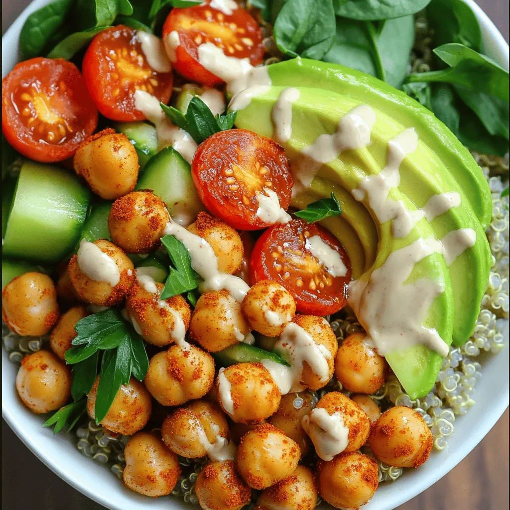 Um eine leckere geröstete Kichererbsen Bowl zu machen, benötigst du einige Hauptzutaten. Diese sind: - 1 Dose (430 g) Kichererbsen, abgetropft und abgespült - 2 Esslöffel Olivenöl - 1 Teelöffel geräuchertes Paprikapulver - 1 Teelöffel Knoblauchpulver - 1/2 Teelöffel Kreuzkümmel - Salz und Pfeffer nach Geschmack - 2 Tassen gekochte Quinoa oder Vollkornreis - 1 Tasse Cherry-Tomaten, halbiert - 1 Gurke, in Würfel geschnitten - 1 Avocado, in Scheiben geschnitten - 1 Tasse Babyspinat oder Rucola - 1/4 Tasse Tahini-Dressing (gekauft oder selbstgemacht) - Frische Petersilie oder Koriander zur Garnitur Diese Zutaten machen deine Bowl nahrhaft und farbenfroh. Du kannst die Bowl mit verschiedenen Gemüsesorten und Toppings anpassen. Hier sind einige Ideen: - Paprika, in Streifen geschnitten - Karotten, geraspelt - Rotkohl, fein geschnitten - Feta-Käse, zerbröselt - Nüsse oder Samen für zusätzlichen Crunch Diese Extras geben deiner Bowl mehr Geschmack und Textur. Das Dressing ist der Schlüssel zu einem guten Gericht. Hier sind einige Dressing-Ideen: - Tahini-Dressing: cremig und nussig - Zitrus-Vinaigrette: frisch und spritzig - Joghurtdressing: leicht und kühlend Wähle dein Lieblingsdressing oder mache dein eigenes. Es macht deine Bowl noch besser. Du findest das gesamte Rezept unter dem Titel Full Recipe. Zuerst öffnest du die Dose Kichererbsen. Spüle sie gut ab, um den Geschmack zu verbessern. Lege sie auf ein Küchentuch, um die Feuchtigkeit zu entfernen. So werden sie knuspriger. Danach gibst du die Kichererbsen in eine große Rührschüssel. Heize den Ofen auf 200°C vor. Füge das Olivenöl, geräuchertes Paprikapulver, Knoblauchpulver und Kreuzkümmel zu den Kichererbsen hinzu. Mische alles gut durch. Streue Salz und Pfeffer nach Geschmack darüber. Verteile die Kichererbsen gleichmäßig auf einem Backblech. Röste sie 25 bis 30 Minuten. Schüttle das Blech einmal, damit sie gleichmäßig rösten. Während die Kichererbsen rösten, koche die Quinoa oder den Vollkornreis nach Anleitung. Wenn die Kichererbsen fertig sind, nimm sie aus dem Ofen. In einer Schüssel legst du zuerst die Quinoa oder den Reis. Belege die Bowl mit den gerösteten Kichererbsen, Cherry-Tomaten, Gurke, Avocado und Babyspinat. Träufle das Tahini-Dressing darüber. Garniere die Bowl mit frischer Petersilie oder Koriander. Genieße deine nahrhafte Bowl! Für das vollständige Rezept und weitere Details schaue dir die Full Recipe an. Der richtige Röstzeitpunkt ist entscheidend für den perfekten Crunch. Röste die Kichererbsen bei 200°C für 25 bis 30 Minuten. Schüttle das Blech einmal, damit sie gleichmäßig rösten. Du erkennst, dass sie fertig sind, wenn sie goldbraun und knusprig sind. Achte darauf, sie nicht zu lange zu lassen. Sonst werden sie hart und trocken. Die Beilagen für deine Bowl können sehr variieren. Im Frühling sind frische Erbsen und Radieschen toll. Im Sommer sind Tomaten und Gurken ideal. Im Herbst probiere Kürbis oder Rote Bete. Im Winter kannst du Brokkoli oder Rosenkohl verwenden. Das macht die Bowl nicht nur bunt, sondern auch nahrhaft. Wenn du Reste hast, sei kreativ! Du kannst den Rest der Kichererbsen in einen Salat mischen. Auch als Snack sind sie lecker. Die Gemüse kannst du in Wraps oder Sandwiches verwenden. Das Tahini-Dressing passt gut zu vielen Gerichten. So vermeidest du Food Waste und hast immer etwas Leckeres zur Hand. Probier es aus! {{image_4}} Wenn du eine vegane und glutenfreie Bowl möchtest, sind Kichererbsen perfekt. Sie sind nicht nur lecker, sondern auch nahrhaft. Du kannst Kichererbsen in vielen Rezepten verwenden. Sie sind eine tolle Proteinquelle und passen zu vielen Geschmäckern. Verwende frisches Gemüse wie Paprika oder Brokkoli. Beide sind glutenfrei und voller Nährstoffe. Wenn du keine Lust auf Quinoa oder Vollkornreis hast, probiere Hirse oder Buchweizen. Diese Alternativen sind ebenso gesund und glutenfrei. Hirse hat einen milden Geschmack und passt gut zu den gerösteten Kichererbsen. Buchweizen hat einen nussigen Geschmack, der deine Bowl bereichert. Beide sind leicht zuzubereiten und bringen Abwechslung in dein Gericht. Mit regionalen Zutaten kannst du deiner Bowl eine persönliche Note geben. Nutze das, was in deiner Gegend wächst. Zum Beispiel, frische Radieschen oder Karotten sind oft verfügbar. Sie bringen Farbe und Crunch in dein Gericht. Außerdem kannst du lokale Kräuter wie Schnittlauch oder Thymian verwenden. Diese Kräuter verleihen deiner Bowl zusätzlichen Geschmack. Sobald du deine geröstete Kichererbsen Bowl gemacht hast, sollte sie richtig gelagert werden. Du kannst die Bowl in einem luftdichten Behälter aufbewahren. Das hilft, die Frische zu erhalten. Stelle sicher, dass die Bowl komplett abgekühlt ist, bevor du sie in den Kühlschrank stellst. So bleibt alles knackig und lecker. Wenn du Reste hast, sei kreativ! Du kannst die Kichererbsen in einen Wrap füllen. Oder mache einen schnellen Salat. Auch eine Suppe ist eine tolle Idee. Mische die Kichererbsen mit Brühe und Gemüse. So hast du ein neues Gericht. Wiederverwendung macht Spaß und spart Zeit! Im Kühlschrank bleibt die Bowl etwa drei bis vier Tage frisch. Achte darauf, sie gut abzudecken. Wenn du die Bowl länger aufbewahren willst, friere die Kichererbsen und das Gemüse getrennt ein. Im Tiefkühler sind sie bis zu drei Monate haltbar. Lass sie einfach über Nacht im Kühlschrank auftauen. So hast du schnell eine nahrhafte Mahlzeit. Um die Kichererbsen knusprig zu machen, achte auf zwei Dinge: Die Kichererbsen müssen gut trocken sein. Nach dem Abspülen verwende ein Küchentuch, um sie abzutrocknen. Verwende genug Olivenöl, damit sie gleichmäßig überzogen sind. Das Röstblech sollte auch groß genug sein, damit sie nicht übereinander liegen. Röste sie bei 200°C für 25-30 Minuten und schüttle das Blech einmal. Das hilft, sie gleichmäßig knusprig zu machen. Ja, du kannst frische Kichererbsen verwenden! Aber sie müssen vorher gekocht werden. Nimm trockene Kichererbsen und weiche sie über Nacht ein. Koche sie dann in Wasser, bis sie weich sind. Das dauert meist 1-2 Stunden. Frische Kichererbsen haben einen tollen Geschmack, aber die Röstzeit kann unterschiedlich sein. Achte darauf, sie gut zu würzen. Es gibt viele leckere Beilagen! Hier sind einige Vorschläge: - Quinoa oder Vollkornreis für die Basis - Avocado für Cremigkeit - Frische Tomaten für einen saftigen Geschmack - Gurken für einen knackigen Biss - Babyspinat oder Rucola für frischen Geschmack - Tahini-Dressing für einen nussigen Kick Probiere auch Nüsse oder Samen für extra Crunch! In diesem Blogpost haben wir die Zubereitung einer gerösteten Kichererbsen Bowl behandelt. Wir schauten uns die Zutaten, die Zubereitungsschritte und Tipps an. Außerdem erkundeten wir leckere Variationen und wie man die Bowl lagert. Kichererbsen sind vielseitig und gesund. Mit ein wenig Kreativität kannst du viele Geschmäcker ausprobieren. Darum nutze die Ideen aus diesem Post, um deine eigene perfekte Bowl zu kreieren. Lass dich inspirieren und genieße jede Bissen!