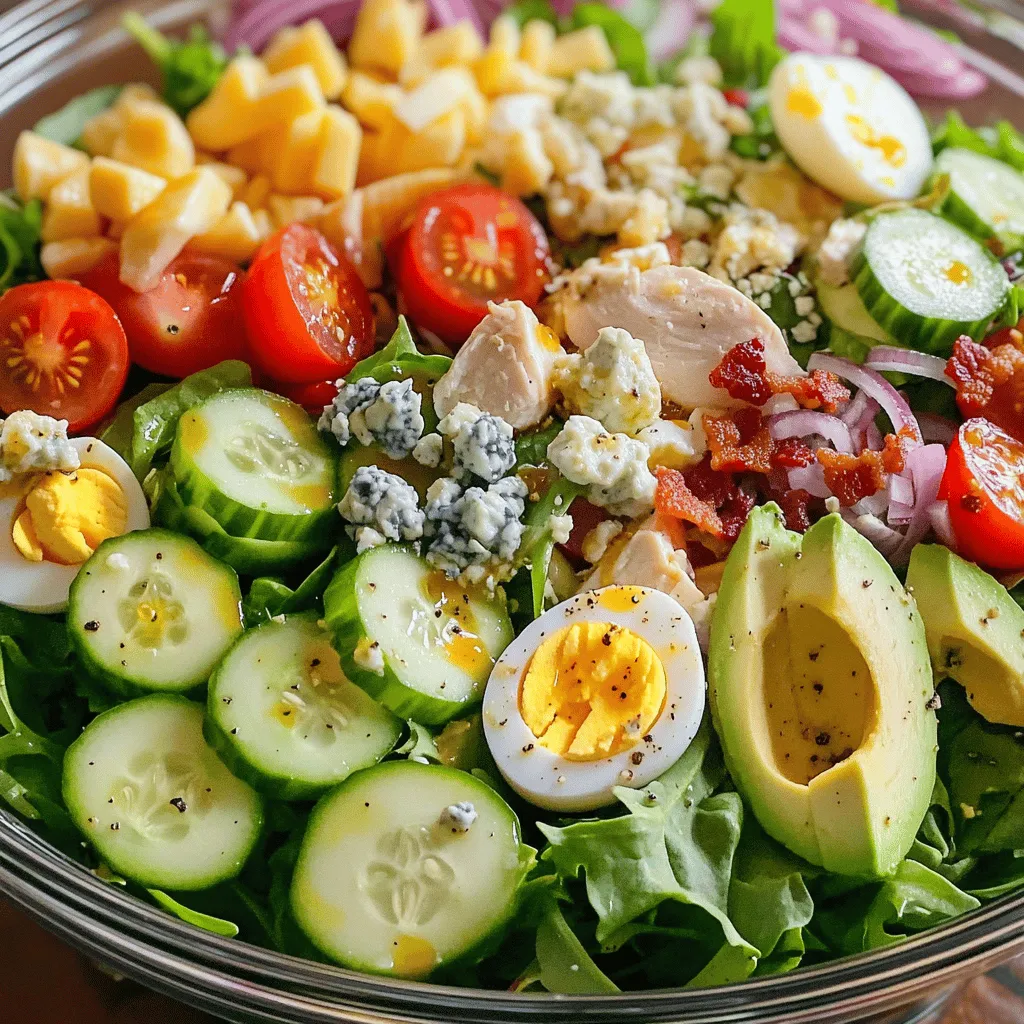Der Classic Cobb Salad ist einfach und lecker. Hier sind die wichtigsten Zutaten, die du dafür brauchst: - 4 Tassen gemischter Salat (Romaine, Rucola und Spinat) - 2 große Eier, hartgekocht und in Scheiben geschnitten - 1 Tasse gekochte Hähnchenbrust, gewürfelt - 1 große Avocado, gewürfelt - 1 Tasse Kirschtomaten, halbiert - 1/2 Tasse zerbröckelter Blauschimmelkäse - 1/4 Tasse gebratene Speckstücke (optional) - 1/2 Tasse Gurken, in Scheiben geschnitten - 1/4 Tasse rote Zwiebel, dünn geschnitten - 1/4 Tasse Olivenöl - 2 Esslöffel Rotweinessig - 1 Teelöffel Dijon-Senf - Salz und Pfeffer nach Geschmack Du kannst den Cobb Salad nach deinem Geschmack anpassen. Hier sind einige tolle Ergänzungen: - Gegrillte Paprika für einen süßen Kick - Schwarze Oliven für mehr Tiefe - Feta-Käse anstelle von Blauschimmelkäse für einen anderen Geschmack - Frische Kräuter wie Basilikum oder Petersilie für mehr Frische - Nüsse oder Samen für extra Crunch Frische Zutaten machen den Salat besser. Hier sind einige Tipps zur Auswahl: - Wähle knackigen Salat mit lebhaften Farben. - Achte auf reife Avocados, die leicht drücken. - Die Eier sollten frisch und ohne Risse sein. - Tomaten sollten fest und süß riechen. - Kaufe Hähnchen, das frisch aussieht und gut riecht. Mit diesen Zutaten und Tipps bist du bereit, deinen Classic Cobb Salad zuzubereiten! Schau dir das vollständige Rezept an, um alle Schritte zu sehen. Zuerst bereiten wir die Zutaten vor. Koche zwei große Eier hart. Lass sie dann in kaltem Wasser abkühlen. Schäle die Eier und schneide sie in Scheiben. Nimm eine Hähnchenbrust und koche sie. Würfle das Hähnchen, wenn es fertig ist. Jetzt schneiden wir das Gemüse. Halbiere die Kirschtomaten und schneide die Gurke in Scheiben. Nimm die Avocado und würfle sie. Dünne die rote Zwiebel in feine Ringe. Diese Schritte bringen frische Farben auf deinen Tisch. Nimm eine große Schüssel und fülle sie mit vier Tassen gemischtem Salat. Das können Romaine, Rucola und Spinat sein. Ordne die Zutaten schön an. Beginne mit der gewürfelten Hähnchenbrust. Darauf folgen die Avocadowürfel, die halbierten Kirschtomaten, der zerbröckelte Blauschimmelkäse und die Gurkenscheiben. Vergiss nicht, die roten Zwiebeln hinzuzufügen. Wenn du Speck verwendest, streue ihn jetzt darüber. Die Anordnung macht deinen Salat einladend und lecker. Für das Dressing nimm eine kleine Schüssel. Mische dort 1/4 Tasse Olivenöl, 2 Esslöffel Rotweinessig und 1 Teelöffel Dijon-Senf. Würze mit Salz und Pfeffer nach Geschmack. Verquirle die Mischung gut. Das Dressing sollte frisch und leicht sein. Träufle es kurz vor dem Servieren über den Salat. So bleiben die Blätter knackig. Wenn du magst, kannst du den Salat auch vorsichtig tossieren. Damit hast du ein schönes und schmackhaftes Gericht. Folge dieser Schritt-für-Schritt-Anleitung für den perfekten Classic Cobb Salad. Für das gesamte Rezept schaue dir die [Full Recipe] an. Um den Cobb-Salat perfekt zu präsentieren, nutzen Sie eine große Schüssel. Eine klare Glasschüssel zeigt die bunten Zutaten. Schichten Sie die Zutaten sorgfältig. Beginnen Sie mit dem Salat als Basis. Dann ordnen Sie die Eier, das Hähnchen und die Avocado in schönen Reihen an. Fügen Sie die Kirschtomaten und den Blauschimmelkäse hinzu. Ein frischer Kräuterzweig auf der Oberseite macht ihn besonders schön. Dies erhöht die Attraktivität des Salats. Das Dressing ist der Schlüssel zu einem großartigen Cobb-Salat. Sie können es nach Ihrem Geschmack anpassen. Fügen Sie mehr Senf für einen schärferen Geschmack hinzu. Oder verwenden Sie Honig, um es süßer zu machen. Für einen fruchtigen Twist können Sie Apfelessig statt Rotweinessig verwenden. Experimentieren Sie mit Kräutern wie Dill oder Basilikum. Diese kleinen Änderungen können den Geschmack stark beeinflussen. Ein häufiger Fehler ist, das Dressing zu früh hinzuzufügen. Das macht die Blätter matschig. Geben Sie das Dressing erst kurz vor dem Servieren hinzu. Achten Sie auch darauf, die Zutaten gleichmäßig zu schneiden. Ungleiche Stücke sehen unordentlich aus. Überladen Sie den Salat nicht mit zu vielen Zutaten. Halten Sie es einfach und frisch, um den besten Geschmack zu erzielen. {{image_4}} Es gibt viele Wege, den Cobb Salad ohne Fleisch zu machen. Sie können die Hähnchenbrust durch Kichererbsen ersetzen. Das gibt einen tollen Biss und viel Protein. Fügen Sie geröstete Nüsse hinzu, um mehr Crunch zu bekommen. Anstelle von Eiern können Sie gebratene Tofu-Würfel verwenden. Diese Optionen machen den Salat lecker und gesund. Für eine Low-Carb-Variante lassen Sie die Avocado weg. Stattdessen können Sie mehr Gemüse hinzufügen, wie Zucchini oder Paprika. Diese haben weniger Kohlenhydrate und sind sehr knackig. Sie können auch den Speck durch knusprige, gebratene Zucchini ersetzen, um den Geschmack zu variieren. So bleibt der Salat leicht und nahrhaft. Jede Region hat ihre eigenen Ideen für den Cobb Salad. In Kalifornien fügen viele Leute frische Kräuter oder sogar Mango hinzu. Das gibt eine fruchtige Note. In Texas mag man scharfe Jalapeños oder BBQ-Sauce für einen rauchigen Geschmack. Denken Sie daran, mit verschiedenen Dressings zu experimentieren. Ein Honig-Senf-Dressing kann dem Salat eine süße Note geben. Für das vollständige Rezept, schauen Sie sich den Krosse Cobb-Salat Delikatesse an. Um Reste des Cobb Salats frisch zu halten, bewahre sie in einem luftdichten Behälter auf. Schneide den Salat erst kurz vor dem Essen. Das hält die Blätter knackig. Wenn du das Dressing separat aufbewahrst, bleibt der Salat länger frisch. Mische das Dressing erst, wenn du bereit bist zu essen. Für ein Picknick oder Mittagessen kannst du den Salat in einer wiederverwendbaren Box verstauen. Verwende eine kleine Schüssel für das Dressing. So wird der Salat nicht matschig. Wenn du keine Box hast, benutze ein Glas mit festem Deckel. Schichte den Salat von schwer nach leicht. Das hilft, die Frische zu bewahren. Der Cobb Salad bleibt im Kühlschrank etwa 2 bis 3 Tage frisch. Achte darauf, ihn gut abzudecken. Wenn du Reste hast, schaue nach, ob die Zutaten noch gut sind. Ein unangenehmer Geruch oder eine veränderte Farbe sind Zeichen, dass du ihn nicht mehr essen solltest. Ein Classic Cobb Salad hat viele bunte Zutaten. Es gibt gemischten Salat, Hähnchen, Eier und Avocado. Kirschtomaten, Blauschimmelkäse und Speck fügen Geschmack hinzu. Die Farben und Texturen machen ihn besonders. Der Salat ist nicht nur lecker, sondern auch gesund und sättigend. Er ist eine tolle Wahl für jede Mahlzeit. Um das Rezept anzupassen, erhöhen Sie einfach die Menge der Zutaten. Für mehr Portionen nehmen Sie 8 Tassen Salat, 4 Eier und 2 Tassen Hähnchen. Fügen Sie mehr von den anderen Zutaten hinzu, damit der Salat voll wird. Denken Sie daran, das Dressing ebenfalls zu verdoppeln oder zu verdreifachen. So bleibt der Geschmack gleich. Ein einfaches Olivenöl-Dressing passt perfekt. Mischen Sie Olivenöl, Essig, Dijon-Senf, Salz und Pfeffer. Diese Kombination bringt die Aromen im Salat zur Geltung. Wenn Sie es fruchtiger mögen, können Sie Apfelessig verwenden. Experimentieren Sie gern mit verschiedenen Dressings. Das macht den Salat immer wieder spannend. Der Cobb Salad ist ein leckerer und vielseitiger Salat. In diesem Artikel haben wir die besten Zutaten und Schritte zur Zubereitung behandelt. Ich habe auch Tipps für die perfekte Präsentation und Aufbewahrung gegeben. Ob Sie vegetarische oder Low-Carb-Versionen suchen, der Cobb Salad hat viele Variationen. Denken Sie daran, frische Zutaten auszuwählen und häufige Fehler zu vermeiden. Genießen Sie diesen Salat als gesunde Wahl für jede Gelegenheit.