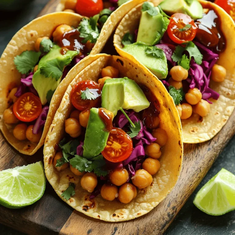 Für die BBQ Ranch Kichererbsen-Tacos brauchst du einige Hauptzutaten. Hier ist, was du benötigst: - 1 Dose (425 g) Kichererbsen, abgetropft und abgespült - 125 ml BBQ-Sauce (die Marke deiner Wahl) - 1 Esslöffel Ranch-Gewürzmischung - 1 Esslöffel Olivenöl - 1 Teelöffel geräuchertes Paprikapulver - 8 kleine Mais- oder Weizentortillas Die Kichererbsen sind eine tolle Proteinquelle. Die BBQ-Sauce bringt Süße und Rauchgeschmack. Die Ranch-Gewürzmischung gibt den Tacos eine cremige Note. Die Gewürze und Saucen sind wichtig für den Geschmack. Hier sind die, die du brauchst: - 1 Esslöffel Ranch-Gewürzmischung - 125 ml BBQ-Sauce - 1 Teelöffel geräuchertes Paprikapulver - 1 Esslöffel Olivenöl Die Mischung aus BBQ-Sauce und Ranch sorgt für einen tollen Mix aus herzhaft und cremig. Das geräucherte Paprikapulver verstärkt die BBQ-Aromen und gibt den Tacos etwas Tiefe. Frische Toppings machen die Tacos lebendig und schmackhaft. Hier sind meine Vorschläge: - 1 Avocado, in Scheiben geschnitten - 1 Tasse rote Kohlblätter, fein gehobelt - 125 ml Kirschtomaten, halbiert - 1/4 Tasse frischer Koriander, gehackt - Limettenkeile, zum Servieren Die Avocado sorgt für eine cremige Textur. Roter Kohl bringt Crunch und Farbe. Kirschtomaten fügen Süße hinzu, während frischer Koriander für Frische sorgt. Limettensaft gibt den Tacos einen erfrischenden Kick. Für das vollständige Rezept, schau dir den Abschnitt "Full Recipe" an. Um die Kichererbsen lecker zu machen, nimm eine Schüssel. Gib die abgetropften Kichererbsen hinein. Füge die BBQ-Sauce, Ranch-Gewürzmischung, Olivenöl und geräuchertes Paprikapulver hinzu. Mische alles gut. Die Kichererbsen sollen gleichmäßig mit der Sauce überzogen sein. Erhitze eine Pfanne bei mittlerer Hitze. Gib die Kichererbsenmischung in die Pfanne. Lasse sie 6 bis 8 Minuten kochen. Rühre zwischendurch um. Die Kichererbsen sind fertig, wenn sie warm und leicht karamellisiert sind. Tortillas sind wichtig für die Tacos. Du kannst sie in einer Pfanne oder Mikrowelle aufwärmen. Wenn du eine Pfanne benutzt, erhitze sie leicht. Lege die Tortillas hinein und erwärme sie kurz. Sie sollen geschmeidig werden, aber nicht knusprig. In der Mikrowelle lege die Tortillas auf einen Teller. Decke sie mit einem feuchten Küchentuch ab. Erhitze sie etwa 30 Sekunden. So bleiben sie weich und lecker. Jetzt kommt der spannende Teil: die Tacos zusammenstellen. Nimm eine warme Tortilla. Verteile eine Portion der BBQ-Kichererbsen in der Mitte. Füge dann roten Kohl, Avocadoscheiben und halbierte Kirschtomaten hinzu. Streue frischen Koriander darüber. Für den letzten Kick, träufle etwas Limettensaft über die Tacos. Serviere sie sofort. Du kannst die Tacos auch auf einem Holzbrett anrichten. Das sieht toll aus! Für das vollständige Rezept, schau dir die Full Recipe an. Um die besten Kichererbsen-Tacos zu machen, achte auf die Gewürze. Die BBQ-Sauce und die Ranch-Gewürzmischung geben den Tacos Geschmack. Du kannst auch eigene Gewürze hinzufügen. Probiere etwas Knoblauchpulver oder Chili für mehr Würze. Achte darauf, die Kichererbsen gut zu vermengen. So ziehen sie den Geschmack besser ein. Die richtige Konsistenz ist wichtig. Die Kichererbsen sollten gut gewürzt, aber nicht matschig sein. Für diese Tacos brauchst du einige wichtige Werkzeuge: - Eine mittelgroße Schüssel zum Mischen - Eine Pfanne zum Kochen - Ein Schneidebrett zum Vorbereiten der Toppings - Ein scharfes Messer zum Schneiden der Avocado und Tomaten - Eine Zange zum Wenden der Kichererbsen Diese Werkzeuge helfen dir, die Tacos schnell und einfach zuzubereiten. Ein gutes Messer macht das Schneiden einfacher und sicherer. Einer der häufigsten Fehler ist, die Kichererbsen nicht genug zu würzen. Geschmack ist der Schlüssel zu tollen Tacos. Ein weiterer Fehler ist, die Kichererbsen zu lange zu kochen. Sie sollten warm und leicht karamellisiert sein, aber nicht übergart. Achte auch darauf, die Tortillas nicht zu lange zu erhitzen. Sie sollten weich und geschmeidig bleiben. Wenn du diese Tipps befolgst, werden deine BBQ Ranch Kichererbsen-Tacos sicher lecker! {{image_4}} Für eine vegetarische Option kann man die Kichererbsen durch schwarze Bohnen ersetzen. Sie haben einen ähnlichen Geschmack und eine tolle Textur. Auch geröstete Süßkartoffeln sind eine gute Wahl. Sie bringen Süße und machen die Tacos noch herzhaft. Versuche auch Linsen. Sie sind nahrhaft und passen gut zur BBQ-Sauce. Um die Tacos glutenfrei zu machen, nutze glutenfreie Tortillas. Diese gibt es aus Mais oder Reis. Auch die BBQ-Sauce muss glutenfrei sein. Achte auf die Etiketten, um sicherzustellen, dass sie keinen Weizen enthält. So kannst du genießen, ohne dir Sorgen zu machen. Zusätzliche Füllungen machen die Tacos noch interessanter. Füge etwas geriebenen Käse hinzu, um Cremigkeit zu bieten. Jalapeños bringen eine scharfe Note. Frischer Spinat oder Rucola geben einen knackigen Biss. Du kannst auch etwas Mais oder Paprika einstreuen. Es gibt viele Möglichkeiten, deine Tacos zu variieren und noch leckerer zu machen. Probiere es aus! Die Reste deiner BBQ Ranch Kichererbsen-Tacos sind einfach zu lagern. Lass die Tacos zuerst abkühlen. Verwende dann einen luftdichten Behälter. So bleiben sie frisch. Du kannst sie bis zu drei Tage im Kühlschrank aufbewahren. Achte darauf, die Tortillas getrennt von der Füllung zu lagern. So bleibt alles knusprig. Im Kühlschrank kannst du die Reste sicher bis zu drei Tage lagern. Nach dieser Zeit kann der Geschmack nachlassen. Die Kichererbsen sollten frisch und lecker bleiben. Überprüfe die Reste vor dem Essen. Wenn sie komisch riechen oder anders aussehen, wirf sie weg. Du kannst die Kichererbsen-Tacos auch einfrieren. Verpacke die Füllung in einem gefrierfesten Behälter. Die Tortillas kannst du auch separat einfrieren. So bleiben sie frisch. Die Tacos halten sich bis zu drei Monate im Gefrierfach. Zum Auftauen lege die Füllung einfach über Nacht in den Kühlschrank. Erwärme die Tortillas in einer Pfanne, bevor du sie füllst. So schmecken die Tacos wie frisch zubereitet. Für das vollständige Rezept schau dir die [Full Recipe] an. Ja, du kannst deine eigene BBQ-Sauce machen. Mische Ketchup, Honig, Essig und Gewürze. Das ergibt einen tollen Geschmack. Du kannst die Süße und Schärfe nach deinem Wunsch anpassen. Frische Kräuter fügen einen tollen Kick hinzu. Experimentiere mit verschiedenen Zutaten, bis du deine perfekte Sauce findest! Kichererbsen sind sehr gesund. Sie sind reich an Ballaststoffen und Proteinen. Diese Nährstoffe helfen dir, dich länger satt zu fühlen. Kichererbsen sind auch eine gute Quelle für Vitamine und Mineralien. Sie unterstützen dein Immunsystem und fördern die Verdauung. Wenn du frisches Gemüse hinzufügst, wird das Gericht noch nahrhafter. Zu BBQ Ranch Kichererbsen-Tacos passen viele Beilagen. Probiere einen frischen Salat mit Limetten-Dressing. Auch Reis oder Quinoa sind tolle Optionen. Wenn du es scharf magst, füge Jalapeños hinzu. Guacamole oder Salsa passen ebenfalls gut dazu. Sie bringen Farbe und Geschmack auf den Tisch. BBQ Ranch Kichererbsen-Tacos sind lecker und einfach zu machen. Wir haben die besten Zutaten und Gewürze besprochen, die die Tacos einzigartig machen. Die Zubereitung und das Zusammenstellen sind leicht. Ihr habt auch Tipps und Variationen kennengelernt, um die Tacos nach euren Wünschen zu verändern. Vergesst nicht, Reste gut zu lagern, damit sie frisch bleiben. Kichererbsen-Tacos sind eine tolle Wahl für gesunde Mahlzeiten. Nutzt die Infos, um eure eigenen köstlichen Tacos zu kreieren und zu genießen!