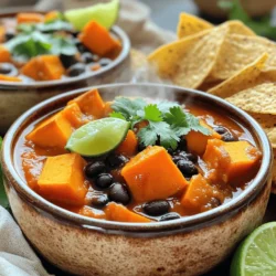 Für diesen köstlichen Sweet Potato Black Bean Chili brauchen Sie: - 2 mittelgroße Süßkartoffeln - 1 Dose schwarze Bohnen - 1 Dose gewürfelte Tomaten - 1 mittelgroße Zwiebel Diese Zutaten sind die Basis für Ihren Eintopf. Süßkartoffeln geben eine natürliche Süße. Schwarze Bohnen fügen Protein hinzu. Gewürfelte Tomaten bringen Frische. Die Zwiebel sorgt für einen tollen Geschmack. Um den Eintopf würzig zu machen, benötigen Sie: - Chili-Pulver, Kreuzkümmel, geräucherter Paprika - Olivenöl Diese Gewürze verleihen dem Chili Tiefe und Charakter. Olivenöl ist wichtig, um die Zwiebel und Paprika anzubraten. So entfalten sich die Aromen am besten. Für das perfekte Finish verwenden Sie: - Limettensaft, frischer Koriander - Vorschläge für passende Beilagen wie Brot oder Tortilla-Chips Limettensaft fügt Frische hinzu. Frischer Koriander verbessert den Geschmack. Servieren Sie den Eintopf mit knusprigem Brot oder Tortilla-Chips. Das macht das Essen noch besser! Für das vollständige Rezept, schauen Sie sich das [Full Recipe] an. Zuerst schneiden wir die Zwiebel, den Knoblauch und die Paprika. Nehmen Sie die Zwiebel und hacken Sie sie in kleine Stücke. Der Knoblauch wird ebenfalls fein gehackt. Für die Paprika nehmen Sie eine, die Ihnen gefällt, und würfeln sie. Dann kommen die Süßkartoffeln. Schälen Sie zwei mittelgroße Süßkartoffeln und schneiden Sie sie in Würfel. Diese Schritte sind wichtig, um alle Aromen freizusetzen. Erhitzen Sie in einem großen Topf das Olivenöl bei mittlerer Hitze. Geben Sie die Zwiebeln und die Paprika dazu und braten Sie sie für etwa fünf Minuten an. Sie sollten weich werden und duften. Jetzt kommt der Knoblauch. Geben Sie ihn für eine weitere Minute dazu und rühren Sie gut um. Danach fügen Sie die gewürfelten Süßkartoffeln und die Gewürze hinzu. Chili-Pulver, Kreuzkümmel, geräucherter Paprika und Cayennepfeffer sorgen für den perfekten Geschmack. Gießen Sie die Gemüsebrühe in den Topf und fügen Sie die Dose gewürfelte Tomaten hinzu. Bringen Sie alles zum Kochen. Dann reduzieren Sie die Hitze und lassen Sie es 25 bis 30 Minuten köcheln. Warten Sie, bis die Süßkartoffeln zart sind. Fügen Sie die schwarzen Bohnen hinzu und rühren Sie vorsichtig um. Lassen Sie den Eintopf weitere zehn Minuten köcheln. Schmecken Sie mit Salz, Pfeffer und Limettensaft ab. Jetzt ist Ihr Chili bereit zum Genießen! Für das vollständige Rezept schauen Sie sich die Full Recipe an. Um zarte Süßkartoffeln zu erhalten, köcheln Sie den Eintopf sanft. Zu hohe Hitze kann die Süßkartoffeln zerfallen lassen. Achten Sie darauf, die Konsistenz regelmäßig zu prüfen und gegebenenfalls etwas Gemüsebrühe hinzuzufügen. Wenn Sie es schärfer mögen, fügen Sie einfach mehr Cayennepfeffer hinzu. Beginnen Sie mit einer Prise und probieren Sie dann nach. So finden Sie die perfekte Schärfe für Ihren Geschmack. Bereiten Sie einige Zutaten im Voraus vor. Würfeln Sie die Zwiebel und den Knoblauch am Morgen oder am Tag zuvor. So sparen Sie Zeit beim Kochen. Verwenden Sie Konserven, um die Zubereitung zu beschleunigen. Die schwarzen Bohnen und die gewürfelten Tomaten aus der Dose sind sehr praktisch. Sie sparen nicht nur Zeit, sondern auch Aufwand. Frische Kräuter machen einen großen Unterschied. Ich empfehle, frischen Koriander zu verwenden, um den Eintopf zu garnieren. Außerdem können Sie die Gewürze anpassen. Experimentieren Sie mit unterschiedlichen Kombinationen. Zum Beispiel passt mehr Kreuzkümmel gut zu den Süßkartoffeln. So entwickeln Sie den optimalen Geschmack für Ihr Gericht. Wenn Sie mehr Tiefe wollen, probieren Sie geräucherten Paprika. {{image_4}} Du kannst dein Chili nach Lust und Laune variieren. Probiere andere Bohnen wie Kidneybohnen oder Pintobohnen. Diese Bohnen bringen neue Aromen und Texturen. Auch Linsen sind eine tolle Option. Sie sind nahrhaft und kochen schnell. Zusätzlich kannst du mehr Gemüse hinzufügen. Karotten geben eine süße Note. Spinat bringt Farbe und Nährstoffe. Du kannst das Gemüse je nach Saison anpassen. So bleibt dein Chili immer frisch und spannend. Um den Geschmack zu verändern, nutze geräucherten Paprika. Dieser verleiht dem Chili einen rauchigen, tiefen Geschmack. Du kannst auch andere Gewürze ausprobieren. Oregano oder Thymian passen sehr gut dazu. Frische Kräuter bringen ein neues Aroma. Wenn du mehr Schärfe magst, füge mehr Cayennepfeffer hinzu. Oder probiere frische Jalapeños für einen scharfen Kick. Denke daran, dass du die Gewürze nach deinem Geschmack anpassen kannst. Das Rezept ist einfach anpassbar für verschiedene Diäten. Für glutenfreie Optionen nutze glutenfreie Brühe. So kannst du das Chili ohne Bedenken genießen. Wenn du eine vegane Variante willst, lass einfach den Limettensaft weg. Der Eintopf bleibt trotzdem lecker und nahrhaft. Das Rezept ist sehr flexibel. Du kannst es ganz nach deinen Bedürfnissen gestalten. Für das vollständige Rezept sieh dir den [Full Recipe] an. Lass deinen Chili zuerst abkühlen. Stelle ihn in eine flache Schüssel. So kühlt er schneller. Wenn er Raumtemperatur erreicht hat, decke ihn ab. Du kannst auch einen luftdichten Behälter verwenden. Lagere den Chili im Kühlschrank. Er bleibt so 3 bis 5 Tage frisch. Um Chili einzufrieren, fülle ihn in einen gefriergeeigneten Behälter. Lass dabei etwas Platz oben, da sich der Chili beim Gefrieren ausdehnt. Du kannst auch Portionsbeutel verwenden. Drucke die Luft heraus, bevor du sie schließt. Chili hält sich im Gefrierfach bis zu 3 Monate. Für das Aufwärmen gibt es verschiedene Methoden. Du kannst den Chili auf dem Herd erwärmen. Das ist schnell und einfach. Stelle die Hitze niedrig ein und rühre oft um. Alternativ kannst du die Mikrowelle nutzen. Stelle den Chili in eine mikrowellengeeignete Schüssel. Erwärme ihn in kurzen Intervallen und rühre zwischendurch um. So bleibt die Textur gut und der Geschmack frisch. Der Eintopf hält sich bis zu fünf Tage im Kühlschrank. Achte darauf, ihn in einem luftdichten Behälter zu lagern. Lass ihn vor dem Kühlen auf Raumtemperatur abkühlen. So vermeidest du Bakterien. Wenn du dir nicht sicher bist, rieche einfach daran. Wenn er seltsam riecht, wirf ihn weg. Ja, du kannst den Eintopf einfach im Slow Cooker zubereiten. Beginne damit, die Zwiebel und Paprika in einer Pfanne anzubraten. Gib dann alle Zutaten in den Slow Cooker. Setze den Deckel auf und koche den Eintopf auf niedriger Stufe für 6 bis 8 Stunden. Auf hoher Stufe dauert es 3 bis 4 Stunden. Rühre die Bohnen in den letzten 30 Minuten hinzu. Ja, dieser Eintopf ist kinderfreundlich. Du kannst die Schärfe anpassen, indem du weniger Cayennepfeffer benutzt. Füge auch etwas mehr Gemüse oder Süßkartoffeln hinzu. So wird der Geschmack milder. Kinder mögen oft eine weichere Konsistenz. Lass den Eintopf länger kochen, um ihn cremiger zu machen. Dieser Eintopf ist einfach zuzubereiten und voller Geschmack. Wir haben süße Kartoffeln, schwarze Bohnen, und würzige Gewürze verwendet. Die Anleitung zeigt, wie man alles schneidet, kocht und anpasst. Mit frischen Kräutern und Limettensaft wird das Gericht frisch und lecker. Du kannst es einfach lagern und aufwärmen. Probiere verschiedene Variationen und genieße die Vielfalt. So bereitest du einen tollen Eintopf, der allen schmeckt.
