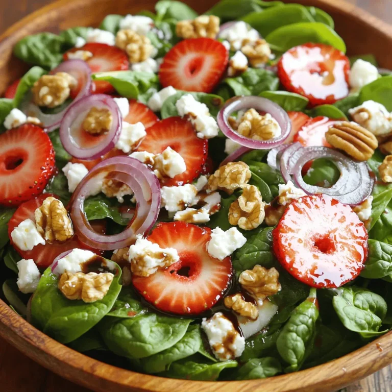 Der Erdbeer-Spinat-Salat ist frisch und lecker. Hier sind die Hauptzutaten, die du brauchst: - 6 Tassen frischer Spinat, gewaschen und getrocknet - 1 Tasse Erdbeeren, entkelcht und in Scheiben geschnitten - 1/2 Tasse Walnüsse, geröstet - 1/4 Tasse Feta-Käse, zerbröselt - 1 kleine rote Zwiebel, dünn geschnitten Diese Zutaten bringen Farbe und Geschmack in deinen Salat. Der Spinat ist knackig und gesund. Erdbeeren fügen eine süße Note hinzu. Walnüsse geben einen schönen Crunch. Feta-Käse sorgt für einen salzigen Kontrast. Die Zwiebel bringt einen leichten Biss. Du kannst auch andere Zutaten hinzufügen. Hier sind einige Ideen: - Anstelle von Walnüssen kannst du Mandeln oder Pekannüsse verwenden. - Wenn du keinen Feta-Käse magst, probiere Ziegenkäse oder einen pflanzlichen Käse. - Für mehr Frische kannst du auch Gurken oder Avocado hinzufügen. Diese Alternativen passen gut in den Salat. Sie bieten neue Geschmackserlebnisse. Du kannst den Salat ganz nach deinem Geschmack anpassen. Frische Zutaten machen den besten Salat. Hier sind einige Tipps, um die besten Zutaten zu wählen: - Achte auf leuchtend grünen Spinat. Die Blätter sollten fest und knackig sein. - Wähle Erdbeeren, die rot und saftig sind. Sie sollten keinen Druckstellen haben. - Nüsse sollten frisch und knusprig sein. Achte darauf, dass sie nicht ranzig riechen. - Der Feta-Käse sollte frisch und nicht zu trocken sein. Wenn du diese Tipps befolgst, wird dein Erdbeer-Spinat-Salat köstlich. Du kannst die Zutaten in deinem Supermarkt oder auf dem Markt finden. Sie sind leicht zu bekommen und machen deinen Salat besonders lecker. Um den Salat zuzubereiten, beginnen wir mit frischem Spinat. Nimm 6 Tassen Spinat und wasche ihn gut. Trockne ihn danach, damit der Salat nicht wässrig wird. In einer großen Schüssel kombinierst du den Spinat mit 1 Tasse in Scheiben geschnittenen Erdbeeren. Füge 1/2 Tasse geröstete Walnüsse und 1/4 Tasse zerbröselten Feta-Käse hinzu. Schneide eine kleine rote Zwiebel dünn und gib sie ebenfalls dazu. Mische alles gut durch, damit sich die Aromen verbinden. Für das Dressing nimm eine kleine Schüssel. Mische 1/4 Tasse Balsamico-Essig, 2 Esslöffel Honig und 3 Esslöffel Olivenöl. Verwende einen Schneebesen, um die Mischung gut zu verbinden. Ziel ist es, ein leicht dickes Dressing zu erhalten. Es wird die perfekte Balance zwischen süß und sauer bieten. Träufle das Dressing gleichmäßig über die Salatzutaten und mische alles vorsichtig. So wird jeder Biss gut gewürzt. Schmecke den Salat mit Salz und Pfeffer ab. Lass ihn ein paar Minuten ruhen, damit die Aromen sich entfalten können. Serviere den Salat in einer großen Schüssel oder auf Tellern. Garnieren kannst du mit weiteren Erdbeeren und etwas zerbröseltem Feta-Käse. So sieht dein Erdbeer-Spinat-Salat frisch und einladend aus. Für das vollständige Rezept, schau dir die Full Recipe an. Der Erdbeer-Spinat-Salat ist sehr vielseitig. Du kannst viele Zutaten hinzufügen, um ihn zu verbessern. Probiere, ein paar Avocado-Würfel hinzuzufügen. Die cremige Textur passt gut zu den frischen Erdbeeren. Auch ein paar gebratene Hähnchenstücke machen den Salat sättigender. Wenn du es herzhaft magst, füge knusprige Speckstücke hinzu. Diese Kombinationen machen den Salat noch leckerer und spannender. Würzen macht den Unterschied. Achte darauf, die richtige Menge Salz und Pfeffer zu verwenden. Beginne mit einer kleinen Menge und taste dich langsam vor. Du kannst auch etwas Zitrone für mehr Frische hinzufügen. Essig bringt eine tolle Säure, die den Geschmack hebt. Ein Spritzer Zitrone oder eine Prise Zitronenschale geben dem Salat einen frischen Kick. Das Dressing ist der Schlüssel zum perfekten Salat. Du kannst das Balsamico-Dressing anpassen. Magst du es süßer? Füge mehr Honig hinzu. Wenn du es würziger magst, probiere Dijon-Senf. Für einen asiatischen Touch kannst du Sojasauce und Sesamöl verwenden. Das gibt deinem Salat einen ganz neuen Geschmack. Für das vollständige Rezept schaue dir die [Full Recipe] an. {{image_4}} Nüsse und Samen bringen tollen Crunch in deinen Erdbeer-Spinat-Salat. Du kannst Walnüsse, Mandeln oder Pecannüsse verwenden. Diese Nüsse geben dem Salat einen knackigen Biss. Du magst es lieber gesünder? Dann füge Chiasamen oder Sonnenblumenkerne hinzu. Diese sind reich an Nährstoffen und passen gut zu den frischen Zutaten. Feta-Käse ist klassisch in diesem Salat, aber du kannst variieren. Probiere Ziegenkäse für einen cremigen Geschmack. Parmesan macht den Salat würziger. Wenn du etwas Besonderes willst, verwende Ricotta. Jedes Käse hat seinen eigenen Charakter und kann den Salat ganz anders wirken lassen. Für eine vegane Version des Erdbeer-Spinat-Salats lasse den Feta weg. Du kannst stattdessen Avocado verwenden. Sie bringt eine cremige Textur und gesunde Fette. Anstelle von Honig kannst du Ahornsirup oder Agavendicksaft nutzen. Diese Alternativen machen den Salat lecker und passend für alle. Für die vollständige Rezeptur, schau dir das Full Recipe an. Um den Erdbeer-Spinat-Salat frisch zu halten, lagere ihn in einem luftdichten Behälter. Der Spinat sollte trocken sein, bevor du ihn hinzufügst. Feuchtigkeit lässt die Blätter schnell welken. Ich empfehle, die Erdbeeren erst kurz vor dem Servieren hinzuzufügen. So bleiben sie knackig und saftig. Das Dressing kannst du separat aufbewahren. Gieße es in ein kleines Glas mit Deckel. So bleibt es frisch und lecker. Vor dem Servieren schüttle das Glas gut, um die Zutaten zu vermischen. Du kannst das Dressing bis zu einer Woche im Kühlschrank aufbewahren. Wenn du den Salat für mehrere Tage vorbereiten möchtest, schneide die Zutaten separat. Mische sie erst kurz vor dem Essen. So bleibt alles frisch. Du kannst auch eine Portion für deinen nächsten Lunchpack vorbereiten. Achte darauf, den Spinat nicht zu lange in der Sauce zu lassen. Der Erdbeer-Spinat-Salat bleibt frisch, wenn Sie ihn im Kühlschrank aufbewahren. Normalerweise hält er sich 1 bis 2 Tage. Achten Sie darauf, ihn in einem luftdichten Behälter zu lagern. So bleiben die Aromen erhalten. Die Erdbeeren können jedoch schneller weich werden. Essen Sie den Salat daher frisch für den besten Geschmack. Ja, Sie können gefrorene Erdbeeren verwenden, wenn frische nicht verfügbar sind. Achten Sie jedoch darauf, sie vorher aufzutauen. Pressen Sie das überschüssige Wasser aus, bevor Sie sie in den Salat geben. Dies hilft, den Salat nicht zu wässern. Gefrorene Erdbeeren haben oft einen süßeren Geschmack, was dem Salat eine neue Note verleiht. Es gibt viele Dressings, die gut zu Erdbeer-Spinat-Salat passen. Ein einfaches Honig-Senf-Dressing ist eine tolle Wahl. Es ergänzt die Süße der Erdbeeren. Ein Joghurt-Dressing kann auch gut passen. Es gibt dem Salat eine cremige Textur. Experimentieren Sie mit Ihren Lieblingsdressings, um Ihren perfekten Geschmack zu finden. Erdbeer-Spinat-Salat ist frisch, lecker und einfach zuzubereiten. Wir haben die besten Zutaten und einfache Schritte besprochen. Frische Wegweiser helfen dir, die besten Produkte zu wählen. Mit wenigen Tricks machst du den Salat noch köstlicher. Du kannst ihn anpassen, um neue Geschmäcker auszuprobieren. Denk daran, ihn gut zu lagern, damit er frisch bleibt. Dieser Salat ist vielseitig und passt zu vielen Gerichten. Mach ihn zu deinem eigenen und genieße jede Biss!
