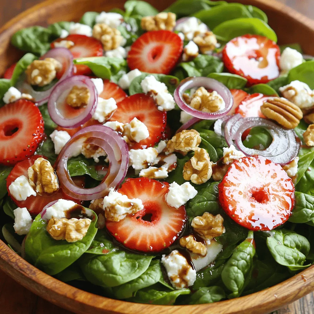 Der Erdbeer-Spinat-Salat ist frisch und lecker. Hier sind die Hauptzutaten, die du brauchst: - 6 Tassen frischer Spinat, gewaschen und getrocknet - 1 Tasse Erdbeeren, entkelcht und in Scheiben geschnitten - 1/2 Tasse Walnüsse, geröstet - 1/4 Tasse Feta-Käse, zerbröselt - 1 kleine rote Zwiebel, dünn geschnitten Diese Zutaten bringen Farbe und Geschmack in deinen Salat. Der Spinat ist knackig und gesund. Erdbeeren fügen eine süße Note hinzu. Walnüsse geben einen schönen Crunch. Feta-Käse sorgt für einen salzigen Kontrast. Die Zwiebel bringt einen leichten Biss. Du kannst auch andere Zutaten hinzufügen. Hier sind einige Ideen: - Anstelle von Walnüssen kannst du Mandeln oder Pekannüsse verwenden. - Wenn du keinen Feta-Käse magst, probiere Ziegenkäse oder einen pflanzlichen Käse. - Für mehr Frische kannst du auch Gurken oder Avocado hinzufügen. Diese Alternativen passen gut in den Salat. Sie bieten neue Geschmackserlebnisse. Du kannst den Salat ganz nach deinem Geschmack anpassen. Frische Zutaten machen den besten Salat. Hier sind einige Tipps, um die besten Zutaten zu wählen: - Achte auf leuchtend grünen Spinat. Die Blätter sollten fest und knackig sein. - Wähle Erdbeeren, die rot und saftig sind. Sie sollten keinen Druckstellen haben. - Nüsse sollten frisch und knusprig sein. Achte darauf, dass sie nicht ranzig riechen. - Der Feta-Käse sollte frisch und nicht zu trocken sein. Wenn du diese Tipps befolgst, wird dein Erdbeer-Spinat-Salat köstlich. Du kannst die Zutaten in deinem Supermarkt oder auf dem Markt finden. Sie sind leicht zu bekommen und machen deinen Salat besonders lecker. Um den Salat zuzubereiten, beginnen wir mit frischem Spinat. Nimm 6 Tassen Spinat und wasche ihn gut. Trockne ihn danach, damit der Salat nicht wässrig wird. In einer großen Schüssel kombinierst du den Spinat mit 1 Tasse in Scheiben geschnittenen Erdbeeren. Füge 1/2 Tasse geröstete Walnüsse und 1/4 Tasse zerbröselten Feta-Käse hinzu. Schneide eine kleine rote Zwiebel dünn und gib sie ebenfalls dazu. Mische alles gut durch, damit sich die Aromen verbinden. Für das Dressing nimm eine kleine Schüssel. Mische 1/4 Tasse Balsamico-Essig, 2 Esslöffel Honig und 3 Esslöffel Olivenöl. Verwende einen Schneebesen, um die Mischung gut zu verbinden. Ziel ist es, ein leicht dickes Dressing zu erhalten. Es wird die perfekte Balance zwischen süß und sauer bieten. Träufle das Dressing gleichmäßig über die Salatzutaten und mische alles vorsichtig. So wird jeder Biss gut gewürzt. Schmecke den Salat mit Salz und Pfeffer ab. Lass ihn ein paar Minuten ruhen, damit die Aromen sich entfalten können. Serviere den Salat in einer großen Schüssel oder auf Tellern. Garnieren kannst du mit weiteren Erdbeeren und etwas zerbröseltem Feta-Käse. So sieht dein Erdbeer-Spinat-Salat frisch und einladend aus. Für das vollständige Rezept, schau dir die Full Recipe an. Der Erdbeer-Spinat-Salat ist sehr vielseitig. Du kannst viele Zutaten hinzufügen, um ihn zu verbessern. Probiere, ein paar Avocado-Würfel hinzuzufügen. Die cremige Textur passt gut zu den frischen Erdbeeren. Auch ein paar gebratene Hähnchenstücke machen den Salat sättigender. Wenn du es herzhaft magst, füge knusprige Speckstücke hinzu. Diese Kombinationen machen den Salat noch leckerer und spannender. Würzen macht den Unterschied. Achte darauf, die richtige Menge Salz und Pfeffer zu verwenden. Beginne mit einer kleinen Menge und taste dich langsam vor. Du kannst auch etwas Zitrone für mehr Frische hinzufügen. Essig bringt eine tolle Säure, die den Geschmack hebt. Ein Spritzer Zitrone oder eine Prise Zitronenschale geben dem Salat einen frischen Kick. Das Dressing ist der Schlüssel zum perfekten Salat. Du kannst das Balsamico-Dressing anpassen. Magst du es süßer? Füge mehr Honig hinzu. Wenn du es würziger magst, probiere Dijon-Senf. Für einen asiatischen Touch kannst du Sojasauce und Sesamöl verwenden. Das gibt deinem Salat einen ganz neuen Geschmack. Für das vollständige Rezept schaue dir die [Full Recipe] an. {{image_4}} Nüsse und Samen bringen tollen Crunch in deinen Erdbeer-Spinat-Salat. Du kannst Walnüsse, Mandeln oder Pecannüsse verwenden. Diese Nüsse geben dem Salat einen knackigen Biss. Du magst es lieber gesünder? Dann füge Chiasamen oder Sonnenblumenkerne hinzu. Diese sind reich an Nährstoffen und passen gut zu den frischen Zutaten. Feta-Käse ist klassisch in diesem Salat, aber du kannst variieren. Probiere Ziegenkäse für einen cremigen Geschmack. Parmesan macht den Salat würziger. Wenn du etwas Besonderes willst, verwende Ricotta. Jedes Käse hat seinen eigenen Charakter und kann den Salat ganz anders wirken lassen. Für eine vegane Version des Erdbeer-Spinat-Salats lasse den Feta weg. Du kannst stattdessen Avocado verwenden. Sie bringt eine cremige Textur und gesunde Fette. Anstelle von Honig kannst du Ahornsirup oder Agavendicksaft nutzen. Diese Alternativen machen den Salat lecker und passend für alle. Für die vollständige Rezeptur, schau dir das Full Recipe an. Um den Erdbeer-Spinat-Salat frisch zu halten, lagere ihn in einem luftdichten Behälter. Der Spinat sollte trocken sein, bevor du ihn hinzufügst. Feuchtigkeit lässt die Blätter schnell welken. Ich empfehle, die Erdbeeren erst kurz vor dem Servieren hinzuzufügen. So bleiben sie knackig und saftig. Das Dressing kannst du separat aufbewahren. Gieße es in ein kleines Glas mit Deckel. So bleibt es frisch und lecker. Vor dem Servieren schüttle das Glas gut, um die Zutaten zu vermischen. Du kannst das Dressing bis zu einer Woche im Kühlschrank aufbewahren. Wenn du den Salat für mehrere Tage vorbereiten möchtest, schneide die Zutaten separat. Mische sie erst kurz vor dem Essen. So bleibt alles frisch. Du kannst auch eine Portion für deinen nächsten Lunchpack vorbereiten. Achte darauf, den Spinat nicht zu lange in der Sauce zu lassen. Der Erdbeer-Spinat-Salat bleibt frisch, wenn Sie ihn im Kühlschrank aufbewahren. Normalerweise hält er sich 1 bis 2 Tage. Achten Sie darauf, ihn in einem luftdichten Behälter zu lagern. So bleiben die Aromen erhalten. Die Erdbeeren können jedoch schneller weich werden. Essen Sie den Salat daher frisch für den besten Geschmack. Ja, Sie können gefrorene Erdbeeren verwenden, wenn frische nicht verfügbar sind. Achten Sie jedoch darauf, sie vorher aufzutauen. Pressen Sie das überschüssige Wasser aus, bevor Sie sie in den Salat geben. Dies hilft, den Salat nicht zu wässern. Gefrorene Erdbeeren haben oft einen süßeren Geschmack, was dem Salat eine neue Note verleiht. Es gibt viele Dressings, die gut zu Erdbeer-Spinat-Salat passen. Ein einfaches Honig-Senf-Dressing ist eine tolle Wahl. Es ergänzt die Süße der Erdbeeren. Ein Joghurt-Dressing kann auch gut passen. Es gibt dem Salat eine cremige Textur. Experimentieren Sie mit Ihren Lieblingsdressings, um Ihren perfekten Geschmack zu finden. Erdbeer-Spinat-Salat ist frisch, lecker und einfach zuzubereiten. Wir haben die besten Zutaten und einfache Schritte besprochen. Frische Wegweiser helfen dir, die besten Produkte zu wählen. Mit wenigen Tricks machst du den Salat noch köstlicher. Du kannst ihn anpassen, um neue Geschmäcker auszuprobieren. Denk daran, ihn gut zu lagern, damit er frisch bleibt. Dieser Salat ist vielseitig und passt zu vielen Gerichten. Mach ihn zu deinem eigenen und genieße jede Biss!