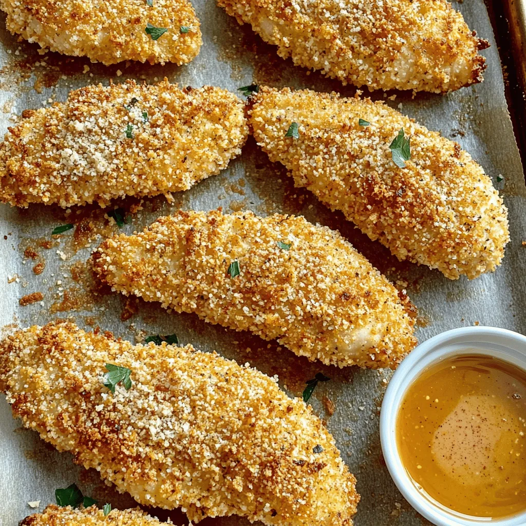 Für perfekte Crispy Baked Chicken Tenders brauchen Sie: - 450 g Hähnchenbrust, in Streifen geschnitten - 240 ml Paniermehl (idealerweise Panko für zusätzlichen Crunch) - 50 g geriebener Parmesan - 1 Teelöffel Knoblauchpulver - 1 Teelöffel Paprika - ½ Teelöffel Salz - ½ Teelöffel schwarzer Pfeffer - 1 großes Ei - 2 Esslöffel Dijon-Senf - 1 Esslöffel Honig - Kochspray Diese Zutaten sorgen für einen tollen Geschmack und eine knusprige Textur. Panko ist eine Art Brotkrumen, die für extra Knusprigkeit sorgen. Die Gewürze sind der Schlüssel zu einem leckeren Gericht. Knoblauchpulver bringt einen herzhaften Geschmack. Paprika fügt eine süße Note hinzu. Salz und Pfeffer heben die Aromen hervor. Diese Gewürze sind einfach zu bekommen und machen einen großen Unterschied. Sie können einige Zutaten ersetzen, um das Rezept gesünder zu machen. Verwenden Sie Vollkorn-Paniermehl für mehr Ballaststoffe. Statt Dijon-Senf können Sie auch griechischen Joghurt verwenden. Er ist fettärmer und gibt eine cremige Textur. Wenn Sie weniger Käse möchten, reduzieren Sie die Menge an Parmesan. So bleibt das Gericht lecker und gesünder. Für mehr Details, schauen Sie sich das Full Recipe an. Heize deinen Ofen auf 200°C vor. Nimm ein Backblech und lege es mit Backpapier aus. Sprühe das Papier leicht mit Kochspray ein, damit die Hähnchenstreifen nicht kleben bleiben. Dieser Schritt sorgt für eine echt knusprige Kruste. In einer großen Schüssel vermische die folgenden Zutaten: - 240 ml Paniermehl (Panko ist ideal) - 50 g geriebener Parmesan - 1 Teelöffel Knoblauchpulver - 1 Teelöffel Paprika - ½ Teelöffel Salz - ½ Teelöffel schwarzer Pfeffer Rühre alles gut um. Diese Mischung bringt viel Geschmack und sorgt für die perfekte Textur. Nimm eine weitere Schüssel und vermische: - 1 großes Ei - 2 Esslöffel Dijon-Senf - 1 Esslöffel Honig Rühre, bis die Mischung schön glatt ist. Tauche jeden Hähnchenstreifen zuerst in die Eimischung. Lass die überschüssige Flüssigkeit abtropfen. Dann wälze ihn in der Paniermischung. Drücke die Panade sanft an, damit sie gut haftet. Lege die panierten Hähnchenstreifen auf das vorbereitete Blech. Lass genug Platz zwischen den Streifen, damit sie gleichmäßig garen. Besprühe die Oberseite leicht mit Kochspray für mehr Knusprigkeit. Backe die Hähnchenstreifen 15-20 Minuten. Achte darauf, dass sie goldbraun und knusprig sind. Wenn du magst, kannst du in den letzten Minuten den Grill einschalten. Vergiss nicht, darauf zu achten, dass sie nicht verbrennen. Lass die Hähnchenstreifen nach dem Backen kurz abkühlen, bevor du sie servierst. Um die Knusprigkeit zu maximieren, wählen Sie Panko für die Panade. Panko hat eine leichtere Textur, die beim Backen knuspriger wird. Besprühen Sie die Hähnchenstreifen mit Kochspray vor dem Backen. Das hilft, eine goldbraune Kruste zu erzielen. Backen Sie die Streifen in einem vorgeheizten Ofen bei 200°C. Für noch mehr Knusprigkeit, schalten Sie gegen Ende den Grill ein. Achten Sie darauf, die Streifen nicht zu verbrennen. Hähnchenstreifen passen gut zu vielen Beilagen. Einige meiner Favoriten sind: - Pommes frites: Knusprig und lecker, eine klassische Wahl. - Coleslaw: Frisch und knackig, bringt einen tollen Kontrast. - Gemüsesticks: Karotten und Sellerie sorgen für eine gesunde Beilage. - Reis: Ein einfaches Gericht, das gut zu den Hähnchenstreifen passt. - Dips: BBQ-Sauce oder Joghurt-Dip sind einfach köstlich dazu. Ein häufiges Missverständnis ist, die Hähnchenstreifen zu nah beieinander zu legen. Dies verhindert eine gleichmäßige Bräunung. Ein weiterer Fehler ist, die Panade nicht gut anzudrücken. Dadurch bleibt sie möglicherweise nicht haften. Stellen Sie sicher, dass Ihr Ofen gut vorgeheizt ist. Ein kalter Ofen kann dazu führen, dass die Hähnchenstreifen nicht richtig garen. Schließlich, überprüfen Sie die Garzeit. Zu langes Backen kann die Streifen trocken machen. {{image_4}} Wenn du einen Kick suchst, probiere die würzige Variante. Füge einfach etwas Cayennepfeffer oder Paprika hinzu. Du kannst auch Chili-Flocken verwenden. Diese Gewürze geben den Chicken Tenders eine tolle Schärfe. Achte darauf, nicht zu viel hinzuzufügen, wenn du es milder magst. Du kannst die Gewürzmischung nach deinem Geschmack anpassen. Für eine mediterrane Note füge frische oder getrocknete Kräuter hinzu. Rosmarin, Oregano oder Thymian passen perfekt. Mische diese Kräuter in die Paniermischung für einen tollen Geschmack. Du kannst auch etwas Zitronenschale hinzufügen, um Frische zu bringen. Diese Version schmeckt großartig mit einem Joghurt-Dip. Es ist eine gesunde und leckere Wahl. Wenn du eine glutenfreie Diät hast, gibt es viele Alternativen. Verwende einfach glutenfreies Paniermehl oder gemahlene Mandeln. Diese Optionen geben den Hähnchenstreifen eine schöne Knusprigkeit. Du kannst auch Kokosmehl nutzen, um einen süßen Touch zu verleihen. Achte darauf, die anderen Zutaten ebenfalls glutenfrei zu wählen. So bleibt dein Gericht komplett glutenfrei und lecker. Für mehr Details zu den Grundzutaten und der Zubereitung, schaue dir das [Full Recipe] an. Wenn Sie Hähnchenstreifen übrig haben, lassen Sie sie zuerst abkühlen. Legen Sie sie dann in einen luftdichten Behälter. Sie bleiben bis zu drei Tage im Kühlschrank frisch. Achten Sie darauf, dass die Streifen nicht übereinander liegen. So bleibt die Knusprigkeit besser erhalten. Um die Hähnchenstreifen wieder warm zu machen, heizen Sie Ihren Ofen auf 180°C vor. Legen Sie die Streifen auf ein Backblech und backen Sie sie etwa 10 Minuten lang. So werden sie wieder knusprig. Alternativ können Sie auch eine Pfanne mit etwas Öl verwenden. Braten Sie die Streifen bei mittlerer Hitze, bis sie warm sind. Für die Gefrierlagerung lassen Sie die Hähnchenstreifen vollständig abkühlen. Wickeln Sie sie einzeln in Frischhaltefolie. Legen Sie sie dann in einen Gefrierbeutel. Diese Streifen sind bis zu drei Monate haltbar. Zum Auftauen legen Sie sie einfach über Nacht in den Kühlschrank. Danach können Sie sie wie oben beschrieben aufwärmen. Sie sollten die Hähnchenstreifen 15 bis 20 Minuten backen. Überprüfen Sie, ob das Hähnchen durchgegart ist. Die Panade sollte goldbraun und knusprig sein. Wenn Sie den Grill nutzen, backen Sie sie 2-3 Minuten länger. So bekommen Sie extra Knusprigkeit. Ja, Sie können die Hähnchenstreifen auch im Air Fryer zubereiten. Heizen Sie den Air Fryer auf 200°C vor. Legen Sie die panierten Streifen in den Korb und sprühen Sie etwas Kochspray auf. Backen Sie sie 10 bis 12 Minuten lang. Schütteln Sie den Korb einmal, um eine gleichmäßige Bräunung zu erreichen. Panko ist oft besser für knusprige Hähnchenstreifen. Es hat eine gröbere Textur, die mehr Luft einfängt. So wird die Panade krosser. Normales Paniermehl kann auch funktionieren, ist aber oft weniger knusprig. Probieren Sie Panko für den besten Crunch! Crispy Baked Chicken Tenders sind einfach zuzubereiten und lecker. Wir haben die wichtigsten Zutaten, eine Schritt-für-Schritt-Anleitung und nützliche Tipps besprochen. Sie können gesunde Alternativen und verschiedene Variationen ausprobieren. Vermeiden Sie gängige Fehler, um das beste Ergebnis zu erzielen. Mit diesen Tricks und Informationen schaffen Sie perfekte Hähnchenstreifen. Genießen Sie sie frisch oder bewaffnen Sie sich mit Lager-Tipps für später. Jetzt sind Sie bereit, Ihre Gäste zu beeindrucken und das Kochen zu genießen.